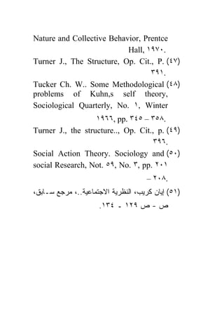 Nature and Collective Behavior, Prentce
                           Hall, ١٩٧٠.
Turner J., The Structure, Op. Cit., P. (٤٧)
                                  ٣٩١.
Tucker Ch. W.. Some Methodological (٤٨)
problems of Kuhn,s self theory,
Sociological Quarterly, No. ١, Winter
                   ١٩٦٦, pp. ٣٤٥ – ٣٥٨.
Turner J., the structure.., Op. Cit., p. (٤٩)
                                     ٣٩٦.
Social Action Theory. Sociology and (٥٠)
social Research, Not. ٥٩, No. ٣, pp. ٢٠١
                                     – ٢٠٨.
،‫)١٥( ﺇﻴﺎﻥ ﻜﺭﻴﺏ، ﺍﻟﻨﻅﺭﻴﺔ ﺍﻻﺠﺘﻤﺎﻋﻴﺔ..، ﻤﺭﺠﻊ ﺴـﺎﺒﻕ‬
                     .١٣٤ ‫ﺹ - ﺹ ٩٢١ ـ‬
 
