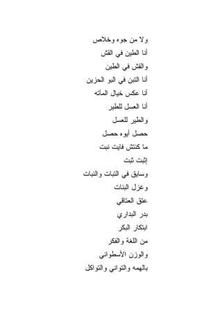 ‫ﻭﻻ ﻤﻥ ﺠﻭﻩ ﻭﺨﻼﺹ‬
      ‫ﺃﻨﺎ ﺍﻟﻁﻴﻥ ﻓﻲ ﺍﻟﻘﺵ‬
      ‫ﹼ‬
        ‫ﻭﺍﻟﻘﺵ ﻓﻲ ﺍﻟﻁﻴﻥ‬
                 ‫ﹼ‬
 ‫ﺃﻨﺎ ﺍﻟﺘﺒﻥ ﻓﻲ ﺍﻟﺒﻭ ﺍﻟﺤﺯﻴﻥ‬
        ‫‪‬‬
    ‫ﺃﻨﺎ ﻋﻜﺱ ﺨﻴﺎل ﺍﻟﻤﺂﺘﻪ‬
         ‫ﺃﻨﺎ ﺍﻟﻌﺴل ﻟﻠﻁﻴﺭ‬
           ‫ﻭﺍﻟﻁﻴﺭ ﻟﻠﻌﺴل‬
       ‫ﺤﺼل ﺃﻴﻭﻩ ﺤﺼل‬
      ‫ﻤﺎ ﻜﻨﺘﺵ ﻓﺎﻴﺕ ﻨﺒﺕ‬
      ‫ﹼ‬
               ‫ﺇﺜﺒﺕ ﺜﺒﺕ‬
               ‫ﹼ‬
‫ﻭﺴﺎﻴﻕ ﻓﻲ ﺍﻟﺘﺒﺎﺕ ﻭﺍﻟﻨﺒﺎﺕ‬
           ‫ﻭﻏﺯل ﺍﻟﺒﻨﺎﺕ‬
            ‫ﻋﺘﹾﻕ ﺍﻟﻌﺘﺎﻗﻲ‬
             ‫ﺒﺩ‪‬ﺭ ﺍﻟﺒﺩﺍﺭﻱ‬
             ‫ﺍﺒﺘﻜﺎﺭ ﺍﻟﺒﻜﺭ‬
         ‫ﻤﻥ ﺍﻟﻠﻐﺔ ﻭﺍﻟﻔﻜﺭ‬
      ‫ﻭﺍﻟﻭﺯﻥ ﺍﻷﺴﻁﻭﺍﻨﻲ‬
‫ﺒﺎﻟﻬﻤﻪ ﻭﺍﻟﺘﻭﺍﻨﻲ ﻭﺍﻟﺘﻭﺍﻜل‬
 