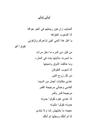 ‫ﻟﻴﺎﻟﻲ ﻟﻴﺎﻟﻲ‬


             ‫ﺍﻟﺤﺒﺎﻴﺏ ﺯﺍﺭﻋﻴﻥ ﺭﻴﺤﺘﻬﻡ ﻓﻲ ﺍﻟﺠﻭ ﺠﻭﺍﻓﻪ‬
                   ‫‪‬‬
                                   ‫ﺃﻨﺎ ﺍﻟﺸﻌﻭﺏ ﺍﻟﻁﻭﺍﻓﻪ‬
                                      ‫‪‬‬
             ‫ﻴﺎ ﺃﻫل ﻫﺫﺍ ﺍﻟﺤﻲ ﺃﺒﻘﻰ ﺸﺎﻋﺭﻜﻡ ﻭﺘﺯ ﹼﻭﻨﻲ‬
                ‫ﻓ‬                 ‫‪‬‬
‫ﺘﻘﻭﻟﻭﺍ ﺃﻫﻭ‬
                   ‫ﻤﻥ ﻗﺒل ﺩﻱ ﺍﻟﻤ ‪‬ﻩ ﻤﺎ ﺩﺨل ﻤ ‪‬ﺍﺕ‬
                     ‫ﺭ‬           ‫ﺭ‬
                   ‫ﻤﺎ ﺸﻤﺭﺕ ﻤﻼﻴﺘﻬﺎ ﺒﻨﺕ ﻓﻲ ﺍﻟﺤﺎﺭﻩ‬
                         ‫ﻭﻤﺎ ﺨﺎﻟﻔﺕ ﺍﻟﺫﻭﻕ ﻭﺸﻤﻴﺘﻬﺎ‬
                                    ‫ﺃﻨﺎ ﺸﻌﻭﺏ ﺍﻟﻁﻭﻓﺎﻥ‬
                                    ‫ﻤﻥ ﻜل ﺯﻭﺝ ﺍﺜﻨﻴﻥ‬
                     ‫ﻋﻨﺩﻱ ﺤﻜﺎﻴﺎﺕ ﺃﺠﻤل ﻤﻥ ﺍﻟﺴﻴﻤﺎ‬
                      ‫ﺃﻨﻔﺎﺴﻲ ﻭﺤﺒﺎﻟﻲ ﻤﺭﺠﻴﺤﺔ ﺍﻟﻘﻤﺭ‬
                                   ‫ﻤﺭﺠﻴﺤﺔ ﻗﻤﺭ ﻭﻗﻤﺭ‬
                       ‫ﺃﻨﺎ ﻋﻨﺩﻱ ﻏﻨﻭﻩ ﺘﻘﻭﻟﻭﺍ ﺤ ‪‬ﻭﺘﻪ‬
                          ‫ﺩ‬
                                   ‫ﺤ ‪‬ﻭﺘﻪ ﺘﻘﻭﻟﻭﺍ ﻤﻠﺘﻭﺘﻪ‬
                                                    ‫ﺩ‬
                   ‫ﻋﺠﻴﻨﻪ ﻤﺎ ﺒﺘﻨﺘﻬﻴﺵ ﺃﺒﺩﺍ ﻭﻻ ﺘﺒﺘﺩﺉ‬
                            ‫ﹰ‬
                         ‫ﺃﻨﺎ ﻟﻡ ﺃﻤﻠﻙ ﻭﺴﻁﻬﺎ ﻟﻡ ُﻤﻠﻙ‬
                          ‫ﺃﱠ‬            ‫ُﱠ‬
 