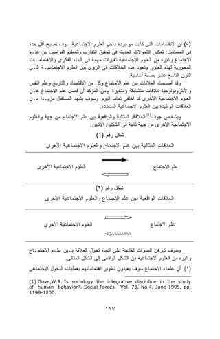 ‫)٥( ﺃﻥ ﺍﻻﻨﻘﺴﺎﻤﺎﺕ ﺍﻟﺘﻰ ﻜﺎﻨﺕ ﻤﻭﺠﻭﺩﺓ ﺩﺍﺨل ﺍﻟﻌﻠﻭﻡ ﺍﻻﺠﺘﻤﺎﻋﻴﺔ ﺴﻭﻑ ﺘﺼﺒﺢ ﺃﻗل ﺤﺩﺓ‬
‫ﻓﻰ ﺍﻟﻤﺴﺘﻘﺒل: ﺘﻌﻜﺱ ﺍﻟﺘﺤﻭﻻﺕ ﺍﻟﺤﺩﻴﺜﺔ ﻓﻰ ﺘﺤﻘﻴﻕ ﺍﻟﺘﻘﺎﺭﺏ ﻭﺘﺤﻁﻴﻡ ﺍﻟﻔﻭﺍﺼل ﺒﻴﻥ ﻋﻠـﻡ‬
‫ﺍﻻﺠﺘﻤﺎﻉ ﻭﻏﻴﺭﻩ ﻤﻥ ﺍﻟﻌﻠﻭﻡ ﺍﻻﺠﺘﻤﺎﻋﻴﺔ ﺘﻐﻴﺭﺍﺕ ﻤﻬﻤﺔ ﻓﻰ ﺍﻟﺒﻨﺎﺀ ﺍﻟﻔﻜﺭﻯ ﻭﺍﻻﻫﺘﻤﺎﻤـﺎﺕ‬
‫ﺍﻟﻤﺤﻭﺭﻴﺔ ﻟﻬﺫﻩ ﺍﻟﻌﻠﻭﻡ. ﻭﺘﻌﻭﺩ ﻫﺫﻩ ﺍﻟﺨﻼﻓﺎﺕ ﻓﻰ ﺍﻟﺭﺅﻯ ﺒﻴﻥ ﺍﻟﻌﻠﻭﻡ ﺍﻻﺠﺘﻤﺎﻋﻴـﺔ ﺇﻟـﻰ‬
                                                ‫ﺍﻟﻘﺭﻥ ﺍﻟﺘﺎﺴﻊ ﻋﺸﺭ ﺒﺼﻔﺔ ﺃﺴﺎﺴﻴﺔ.‬
‫ﻭﻗﺩ ﺃﺼﺒﺤﺕ ﺍﻟﻌﻼﻗﺎﺕ ﺒﻴﻥ ﻋﻠﻡ ﺍﻻﺠﺘﻤﺎﻉ ﻭﻜل ﻤﻥ ﺍﻻﻗﺘﺼﺎﺩ ﻭﺍﻟﺘﺎﺭﻴﺦ ﻭﻋﻠﻡ ﺍﻟﻨﻔﺱ‬
‫ﻭﺍﻷﻨﺜﺭﻭﺒﻭﻟﻭﺠﻴﺎ ﻋﻼﻗﺎﺕ ﻤﺘﺸﺎﺒﻜﺔ ﻭﻤﺘﻐﻴﺭﺓ. ﻭﻤﻥ ﺍﻟﻤﺅﻜﺩ ﺃﻥ ﻓﺼل ﻋﻠﻡ ﺍﻻﺠﺘﻤﺎﻉ ﻋـﻥ‬
‫ﺍﻟﻌﻠﻭﻡ ﺍﻻﺠﺘﻤﺎﻋﻴﺔ ﺍﻷﺨﺭﻯ ﻗﺩ ﺍﺨﺘﻔﻰ ﺘﻤﺎﻤﺎ ﺍﻟﻴﻭﻡ. ﻭﺴﻭﻑ ﻴﺸﻬﺩ ﺍﻟﻤﺴﺘﻘﺒل ﻤﺯﻴـﺩﺍ ﻤـﻥ‬
      ‫ﹰ‬                                ‫ﹰ‬
                                 ‫ﺍﻟﻌﻼﻗﺎﺕ ﺍﻟﻭﻁﻴﺩﺓ ﺒﻴﻥ ﺍﻟﻌﻠﻭﻡ ﺍﻻﺠﺘﻤﺎﻋﻴﺔ ﺍﻟﻤﺘﻌﺩﺩﺓ.‬
‫ﻭﻴﺸﺨﺹ ﺠﻭﻑ)١( ﺍﻟﻌﻼﻗﺔ: ﺍﻟﻤﺜﺎﻟﻴﺔ ﻭﺍﻟﻭﺍﻗﻌﻴﺔ ﺒﻴﻥ ﻋﻠﻡ ﺍﻻﺠﺘﻤﺎﻉ ﻤﻥ ﺠﻬﺔ ﻭﺍﻟﻌﻠﻭﻡ‬
                           ‫ﺍﻻﺠﺘﻤﺎﻋﻴﺔ ﺍﻷﺨﺭﻯ ﻤﻥ ﺠﻬﺔ ﺜﺎﻨﻴﺔ ﻓﻰ ﺍﻟﺸﻜﻠﻴﻥ ﺍﻵﺘﻴﻴﻥ:‬
                                ‫ﺸﻜل ﺭﻗﻡ )١(‬
        ‫ﺍﻟﻌﻼﻗﺎﺕ ﺍﻟﻤﺜﺎﻟﻴﺔ ﺒﻴﻥ ﻋﻠﻡ ﺍﻻﺠﺘﻤﺎﻉ ﻭﺍﻟﻌﻠﻭﻡ ﺍﻻﺠﺘﻤﺎﻋﻴﺔ ﺍﻷﺨﺭﻯ‬


    ‫ﺍﻟﻌﻠﻭﻡ ﺍﻻﺠﺘﻤﺎﻋﻴﺔ ﺍﻷﺨﺭﻯ‬                                  ‫ﻋﻠﻡ ﺍﻻﺠﺘﻤﺎﻉ‬


                                ‫ﺸﻜل ﺭﻗﻡ )٢(‬
       ‫ﺍﻟﻌﻼﻗﺎﺕ ﺍﻟﻭﺍﻗﻌﻴﺔ ﺒﻴﻥ ﻋﻠﻡ ﺍﻻﺠﺘﻤﺎﻉ ﻭﺍﻟﻌﻠﻭﻡ ﺍﻻﺠﺘﻤﺎﻋﻴﺔ ﺍﻷﺨﺭﻯ‬



       ‫ﺍﻟﻌﻠﻭﻡ ﺍﻻﺠﺘﻤﺎﻋﻴﺔ ﺍﻷﺨﺭﻯ‬                              ‫ﻋﻠﻡ ﺍﻻﺠﺘﻤﺎﻉ‬



‫ﻭﺴﻭﻑ ﺘﺒﺭﻫﻥ ﺍﻟﺴﻨﻭﺍﺕ ﺍﻟﻘﺎﺩﻤﺔ ﻋﻠﻰ ﺍﺘﺠﺎﻩ ﺘﺤﻭل ﺍﻟﻌﻼﻗﺔ ﺒـﻴﻥ ﻋﻠـﻡ ﺍﻻﺠﺘﻤـﺎﻉ‬
               ‫ﻭﻏﻴﺭﻩ ﻤﻥ ﺍﻟﻌﻠﻭﻡ ﺍﻻﺠﺘﻤﺎﻋﻴﺔ ﻤﻥ ﺍﻟﺸﻜل ﺍﻟﻭﺍﻗﻌﻰ ﺇﻟﻰ ﺍﻟﺸﻜل ﺍﻟﻤﺜﺎﻟﻰ.‬
‫)١( ﺃﻥ ﻋﻠﻤﺎﺀ ﺍﻻﺠﺘﻤﺎﻉ ﺴﻭﻑ ﻴﻌﻴﺩﻭﻥ ﺘﻁﻭﻴﺭ ﺍﻫﺘﻤﺎﻤﺎﺘﻬﻡ ﺒﻌﻤﻠﻴﺎﺕ ﺍﻟﺘﺤﻭل ﺍﻻﺠﺘﻤﺎﻋﻰ‬

‫‪(1) Gove,W.R. Is sociology the integrative discipline in the study‬‬
‫.‪of human behavior?. Social Forces, Vol. 73, No.4, June 1995, pp‬‬
‫.0021-9911‬


                                     ‫٧١١‬
 