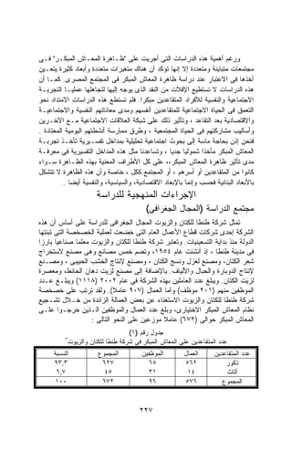 ‫ﻭﺭﻏﻡ ﺃﻫﻤﻴﺔ ﻫﺫﻩ ﺍﻟﺩﺭﺍﺴﺎﺕ ﺍﻟﺘﻰ ﺃﺠﺭﻴﺕ ﻋﻠﻰ "ﻅـﺎﻫﺭﺓ ﺍﻟﻤﻌـﺎﺵ ﺍﻟﻤﺒﻜـﺭ" ﻓـﻰ‬
‫ﻤﺠﺘﻤﻌﺎﺕ ﻤﺘﺒﺎﻴﻨﺔ ﻭﻤﺘﻌﺩﺩﺓ ﺇﻻ ﺇﻨﻬﺎ ﺘﺅﻜﺩ ﺃﻥ ﻫﻨﺎﻙ ﻤﺘﻐﻴﺭﺍﺕ ﻤﺘﻌﺩﺩﺓ ﻭﺃﺒﻌﺎﺩ ﻜﺜﻴﺭﺓ ﻴﺘﻌـﻴﻥ‬
‫ﺃﺨﺫﻫﺎ ﻓﻰ ﺍﻻﻋﺘﺒﺎﺭ ﻋﻨﺩ ﺩﺭﺍﺴﺔ ﻅﺎﻫﺭﺓ ﺍﻟﻤﻌﺎﺵ ﺍﻟﻤﺒﻜﺭ ﻓﻰ ﺍﻟﻤﺠﺘﻤﻊ ﺍﻟﻤﺼﺭﻯ. ﻜﻤـﺎ ﺃﻥ‬
‫ﻫﺫﻩ ﺍﻟﺩﺭﺍﺴﺎﺕ ﻻ ﺘﺴﺘﻁﻴﻊ ﺍﻹﻓﻼﺕ ﻤﻥ ﺍﻟﻨﻘﺩ ﺍﻟﺫﻯ ﻴﻭﺠﻪ ﺇﻟﻴﻬﺎ ﻟﺘﺠﺎﻫﻠﻬﺎ ﻋﻤﻠﻴـﺎ ﺍﻟﺘﺠﺭﺒـﺔ‬
           ‫ﹰ‬
‫ﺍﻻﺠﺘﻤﺎﻋﻴﺔ ﻭﺍﻟﻨﻔﺴﻴﺔ ﻟﻸﻓﺭﺍﺩ ﺍﻟﻤﺘﻘﺎﻋﺩﻴﻥ ﻤﺒﻜﺭﺍ. ﻓﻠﻡ ﺘﺴﺘﻁﻊ ﻫﺫﻩ ﺍﻟﺩﺭﺍﺴﺎﺕ ﺍﻻﻤﺘﺩﺍﺩ ﻨﺤﻭ‬
                                        ‫ﹰ‬
‫ﺍﻟﺘﻌﻤﻕ ﻓﻰ ﺍﻟﺤﻴﺎﺓ ﺍﻻﺠﺘﻤﺎﻋﻴﺔ ﻟﻠﻤﺘﻘﺎﻋﺩﻴﻥ ﺃﻨﻔﺴﻬﻡ ﻭﻤﺩﻯ ﻤﻌﺎﻨﺎﺘﻬﻡ ﺍﻟﻨﻔﺴﻴﺔ ﻭﺍﻻﺠﺘﻤﺎﻋﻴـﺔ‬
‫ﻭﺍﻻﻗﺘﺼﺎﺩﻴﺔ ﺒﻌﺩ ﺍﻟﺘﻘﺎﻋﺩ ، ﻭﺘﺄﺜﻴﺭ ﺫﻟﻙ ﻋﻠﻰ ﺸﺒﻜﺔ ﺍﻟﻌﻼﻗﺎﺕ ﺍﻻﺠﺘﻤﺎﻋﻴﺔ ﻤـﻊ ﺍﻵﺨـﺭﻴﻥ‬
‫ﻭﺃﺴﺎﻟﻴﺏ ﻤﺸﺎﺭﻜﺘﻬﻡ ﻓﻰ ﺍﻟﺤﻴﺎﺓ ﺍﻟﻤﺠﺘﻤﻌﻴﺔ ، ﻭﻁﺭﻕ ﻤﻤﺎﺭﺴﺔ ﺃﻨﺸﻁﺘﻬﻡ ﺍﻟﻴﻭﻤﻴﺔ ﺍﻟﻤﻌﺘﺎﺩﺓ .‬
‫ﻓﻨﺤﻥ ﺇﺫﻥ ﺒﺤﺎﺠﺔ ﻤﺎﺴﺔ ﺇﻟﻰ ﺒﺤﻭﺙ ﺍﺠﺘﻤﺎﻋﻴﺔ ﺘﺤﻠﻴﻠﻴﺔ ﺒﻤﺩﺍﺨل ﺘﻔﺴـﻴﺭﻴﺔ ﺘﺄﺨـﺫ ﺘﺠﺭﺒـﺔ‬
‫ﺍﻟﻤﻌﺎﺵ ﺍﻟﻤﺒﻜﺭ ﻤﺄﺨﺫﺍ ﺸﻤﻭﻟﻴﺎ ﺠﺩﻴﺎ ، ﻭﺘﺴﺎﻋﺩﻨﺎ ﻤﺜل ﻫﺫﻩ ﺍﻟﻤﺩﺍﺨل ﺍﻟﺘﻔﺴﻴﺭﻴﺔ ﻓﻰ ﻤﻌﺭﻓـﺔ‬
                                                  ‫ﹰ ﹰ‬         ‫ﹰ‬
‫ﻤﺩﻯ ﺘﺄﺜﻴﺭ ﻅﺎﻫﺭﺓ ﺍﻟﻤﻌﺎﺵ ﺍﻟﻤﺒﻜﺭ،، ﻋﻠﻰ ﻜل ﺍﻷﻁﺭﺍﻑ ﺍﻟﻤﻌﻨﻴﺔ ﺒﻬﺫﻩ ﺍﻟﻅـﺎﻫﺭﺓ ﺴـﻭﺍﺀ‬
‫ﻜﺎﻨﻭﺍ ﻤﻥ ﺍﻟﻤﺘﻘﺎﻋﺩﻴﻥ ﺃﻭ ﺃﺴﺭﻫﻡ ، ﺃﻭ ﺍﻟﻤﺠﺘﻤﻊ ﻜﻜل ، ﺨﺎﺼﺔ ﻭﺃﻥ ﻫﺫﻩ ﺍﻟﻅﺎﻫﺭﺓ ﻻ ﺘﺘﺸﻜل‬
          ‫ﺒﺎﻷﺒﻌﺎﺩ ﺍﻟﺒﻨﺎﺌﻴﺔ ﻓﺤﺴﺏ ﻭﺇﻨﻤﺎ ﺒﺎﻹﺒﻌﺎﺩ ﺍﻻﻗﺘﺼﺎﺩﻴﺔ، ﻭﺍﻟﺴﻴﺎﺴﻴﺔ، ﻭﺍﻟﻨﻔﺴﻴﺔ ﺃﻴﻀﺎ .‬
             ‫ﹰ‬
                        ‫ﺍﻹﺠﺭﺍﺀﺍﺕ ﺍﻟﻤﻨﻬﺠﻴﺔ ﻟﻠﺩﺭﺍﺴﺔ‬
                                           ‫ﻤﺠﺘﻤﻊ ﺍﻟﺩﺭﺍﺴﺔ )ﺍﻟﻤﺠﺎل ﺍﻟﺠﻐﺭﺍﻓﻰ(‬
‫ﺘﻤﺜل ﺸﺭﻜﺔ ﻁﻨﻁﺎ ﻟﻠﻜﺘﺎﻥ ﻭﺍﻟﺯﻴﻭﺕ ﺍﻟﻤﺠﺎل ﺍﻟﺠﻐﺭﺍﻓﻰ ﻟﻠﺩﺭﺍﺴﺔ ﻋﻠﻰ ﺃﺴﺎﺱ ﺃﻥ ﻫﺫﻩ‬
‫ﺍﻟﺸﺭﻜﺔ ﺇﺤﺩﻯ ﺸﺭﻜﺎﺕ ﻗﻁﺎﻉ ﺍﻷﻋﻤﺎل ﺍﻟﻌﺎﻡ ﺍﻟﺘﻰ ﺨﻀﻌﺕ ﻟﻌﻤﻠﻴﺔ ﺍﻟﺨﺼﺨﺼﺔ ﺍﻟﺘﻰ ﺘﺒﻨﺘﻬﺎ‬
‫ﺍﻟﺩﻭﻟﺔ ﻤﻨﺫ ﺒﺩﺍﻴﺔ ﺍﻟﺘﺴﻌﻴﻨﻴﺎﺕ. ﻭﺘﻌﺘﺒﺭ ﺸﺭﻜﺔ ﻁﻨﻁﺎ ﻟﻠﻜﺘﺎﻥ ﻭﺍﻟﺯﻴﻭﺕ ﻤﻌﻠﻤﺎ ﺼﻨﺎﻋﻴﺎ ﺒﺎﺭﺯﺍ‬
‫ﹰ‬      ‫ﹰ‬      ‫ﹰ‬
‫ﻓﻰ ﻤﺩﻴﻨﺔ ﻁﻨﻁﺎ ، ﺇﺫ ﺃﻨﺸﺌﺕ ﻋﺎﻡ ٤٥٩١، ﻭﺘﻀﻡ ﺨﻤﺱ ﻤﺼﺎﻨﻊ ﻭﻫﻰ ﻤﺼﻨﻊ ﻻﺴﺘﺨﺭﺍﺝ‬
‫ﺸﻌﺭ ﺍﻟﻜﺘﺎﻥ، ﻭﻤﺼﻨﻊ ﻟﻐﺯل ﻭﻨﺴﺞ ﺍﻟﻜﺘﺎﻥ ، ﻭﻤﺼﻨﻊ ﻹﻨﺘﺎﺝ ﺍﻟﺨﺸﺏ ﺍﻟﺤﺒﻴﺒﻰ ، ﻭﻤﺼـﻨﻊ‬
‫ﻹﻨﺘﺎﺝ ﺍﻟﺩﻭﺒﺎﺭﺓ ﻭﺍﻟﺤﺒﺎل ﻭﺍﻷﻟﻴﺎﻑ. ﺒﺎﻹﻀﺎﻓﺔ ﺇﻟﻰ ﻤﺼﻨﻊ ﻟﺯﻴﺕ ﺩﻫﺎﻥ ﺍﻟﺤﺎﺌﻁ، ﻭﻤﻌﺼﺭﺓ‬
‫ﻟﺯﻴﺕ ﺍﻟﻜﺘﺎﻥ. ﻭﻴﺒﻠﻎ ﻋﺩﺩ ﺍﻟﻌﺎﻤﻠﻴﻥ ﺒﻬﺫﻩ ﺍﻟﺸﺭﻜﺔ ﻓﻰ ﻋﺎﻡ ٢٠٠٢ )٨١١١( ﻭﻴﺒﻠـﻎ ﻋـﺩﺩ‬
‫ﺍﻟﻤﻭﻅﻔﻴﻥ ﻤﻨﻬﻡ )١٠٢ ﻤﻭﻅﻑ( ﻭﺃﻤﺎ ﺍﻟﻌﻤﺎل )٧٠٩ ﻋﺎﻤﻼ(. ﻭﻟﻘﺩ ﺘﺭﺘﺏ ﻋﻠﻰ ﺨﺼﺨﺼﺔ‬
                            ‫ﹰ‬
‫ﺸﺭﻜﺔ ﻁﻨﻁﺎ ﻟﻠﻜﺘﺎﻥ ﻭﺍﻟﺯﻴﻭﺕ ﺍﻻﺴﺘﻐﻨﺎﺀ ﻋﻥ ﺒﻌﺽ ﺍﻟﻌﻤﺎﻟﺔ ﺍﻟﺯﺍﺌﺩﺓ ﻤﻥ ﺨـﻼل ﺘﺸـﺠﻴﻊ‬
‫ﻨﻅﺎﻡ ﺍﻟﻤﻌﺎﺵ ﺍﻟﻤﺒﻜﺭ ﺍﻻﺨﺘﻴﺎﺭﻯ، ﻭﺒﻠﻎ ﻋﺩﺩ ﺍﻟﻌﻤﺎل ﻭﺍﻟﻤﻭﻅﻔﻴﻥ ﺍﻟـﺫﻴﻥ ﺨﺭﺠـﻭﺍ ﻋﻠـﻰ‬
                   ‫ﺍﻟﻤﻌﺎﺵ ﺍﻟﻤﺒﻜﺭ ﺤﻭﺍﻟﻰ )٢٧٦( ﻋﺎﻤﻼ ﻤﻭﺯﻋﻴﻥ ﻋﻠﻰ ﺍﻟﻨﺤﻭ ﺍﻟﺘﺎﻟﻰ :‬
                                             ‫ﹰ‬
                                     ‫ﺠﺩﻭل ﺭﻗﻡ )١(‬
          ‫*‬
              ‫ﻋﺩﺩ ﺍﻟﻤﺘﻘﺎﻋﺩﻴﻥ ﻋﻠﻰ ﺍﻟﻤﻌﺎﺵ ﺍﻟﻤﺒﻜﺭ ﻓﻰ ﺸﺭﻜﺔ ﻁﻨﻁﺎ ﻟﻠﻜﺘﺎﻥ ﻭﺍﻟﺯﻴﻭﺕ‬
     ‫ﺍﻟﻨﺴﺒﺔ‬              ‫ﺍﻟﻤﺠﻤﻭﻉ‬         ‫ﺍﻟﻤﻭﻅﻔﻴﻥ‬        ‫ﺍﻟﻌﻤﺎل‬      ‫ﻋﺩﺩ ﺍﻟﻤﺘﻘﺎﻋﺩﻴﻥ‬
     ‫٣,٣٩‬                 ‫٧٢٦‬              ‫٥٦‬            ‫٢٦٥‬             ‫ﺫﻜﻭﺭ‬
      ‫٧,٦‬                  ‫٥٤‬              ‫١٣‬             ‫٤١‬             ‫ﺃﺜﺎﺙ‬
      ‫٠٠١‬                 ‫٢٧٦‬              ‫٦٩‬            ‫٦٧٥‬            ‫ﺍﻟﻤﺠﻤﻭﻉ‬



                                         ‫٧٢٢‬
 