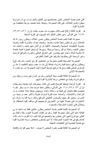 ‫ﺍﻟﺘﻰ ﺘﻀﻡ ﺨﻤﺴﺔ ﺃﺸﺨﺎﺹ ﺘﺘﺒﺎﻴﻥ ﺨﺼﺎﺌﺼﻬﻡ ﺒﻴﻥ ﺍﻟﺘﻌﻠﻴﻡ ﻭﺍﻟﺤﻴـﺎﺯﺓ ﻤـﻊ ﺍﺴـﺘﻤﺭﺍﺭﻴﺔ‬
‫ﺴﻴﻁﺭﺓ ﺇﺤﺩﻯ ﺍﻟﻌﺎﺌﻼﺕ ﻋﻠﻰ ﺘﻠﻙ ﺍﻟﻤﺠﻤﻭﻋﺔ. ﻭﺒﺼﻔﺔ ﻋﺎﻤﺔ ﻴﺘﺼﻑ ﺒﺩﺭﺠﺔ ﻤﻨﺨﻔﻀﺔ ﻤﻥ‬
                                                           ‫ﺍﻨﺘﺸﺎﺭﻴﺔ ﺍﻟﻘﻭﺓ.‬
‫• ﺍﻟﻘﺭﻴﺔ ﺍﻟﺜﺎﻟﺜﺔ ) ﺘﻠﺔ( ﺘﻀﻡ ﺜﻼﺙ ﻤﺠﻤﻭﻋـﺎﺕ ﺒﻤﺘﻭﺴـﻁﺎﺕ ﺃﻭﺯﺍﻥ ٦,٢٨، ٣٨,٢٣،‬
         ‫٧٥,٧١ ﻋﻠﻰ ﺍﻟﺘﻭﺍﻟﻲ. ﻭﻫﻰ ﺘﻌﻜﺱ ﺍﻟﺸﻜل ﺫﺍﺘﻪ ﺍﻟﻤﻭﺠﻭﺩ ﻓﻲ ﺍﻟﻘﺭﻴﺔ ﺍﻟﺴﺎﺒﻘﺔ.‬
‫ﻤﺠﻤﻭﻋﺔ ﺍﻟﻘﻤﺔ ﺘﻀﻡ ﺨﻤﺴﺔ ﺃﺸﺨﺎﺹ ﻴﻤﺜﻠﻭﻥ ﺨﻤﺱ ﻋﺎﺌﻼﺕ ﻭﻴﻤﺜﻠﻭﻥ ﺭﻤﻭﺯ ﺘﻠـﻙ‬
‫ﺍﻟﻌﺎﺌﻼﺕ ﻭﻤﻥ ﺜﻡ ﺘﻌﻜﺱ ﻨﻤﻁﺎ ﺘﻌﺩﺩﻴﺎ ﻭﺍﻀﺤﺎ. ﻭﻴﺘﺼﻑ ﻫﺅﻻﺀ ﺒﺎﻨﺘﺸﺎﺭﻴﺔ ﺍﻟﻘﻭﺓ ﻭﺘﻌﺩﺩﻴﺔ‬
                                       ‫ﹰ‬            ‫ﹰ‬
‫ﻋﻀﻭﻴﺔ ﺍﻟﺘﻨﻅﻴﻤﺎﺕ ﺍﻟﺴﻴﺎﺴﻴﺔ ﻭﺍﻟﺠﻤﻌﻴﺎﺕ ﺍﻷﻫﻠﻴﺔ ﺒل ﺇﻥ ﺃﺜﻨﺎﻥ ﻤﻨﻬﻡ ﺨﺎﻀـﺎ ﺍﻨﺘﺨﺎﺒـﺎﺕ‬
‫ﻤﺠﻠﺱ ﺍﻟﺸﻌﺏ ﻭﺍﺤﺘﻼ ﻤﺭﺍﻜﺯ ﺭﺴﻤﻴﺔ ﻤﺭﻤﻭﻗﺔ. ﻭﻤﻊ ﻫﺫﺍ ﻟﻡ ﺘﺴﺠل ﺍﻟﺤﻴﺎﺯﺓ ﺃﻫﻤﻴﺔ ﺨﺎﺼﺔ‬
‫ﺇﻻ ﺒﺎﻟﻨﺴﺒﺔ ﻟﺤﺎﻟﺔ ﻭﺍﺤﺩﺓ. ﻓﻬﻡ ﻴﻌﺘﻤﺩﻭﻥ ﻋﻠﻰ ﺍﻟﺘﺎﺭﻴﺦ ﺍﻟﻌﺎﺌﻠﻲ ﻭﺍﻟﻌﺯﻭﺓ ﻭﺍﻟﻤﻭﺍﻗﻊ ﺍﻟﺭﺴﻤﻴﺔ‬
                          ‫ﻭﻏﻴﺭ ﺍﻟﺭﺴﻤﻴﺔ ﺍﻟﺘﻲ ﻴﺤﺘﻠﻭﻨﻬﺎ ﻭﻗﺩﺭﺘﻬﻡ ﻋﻠﻰ ﺍﻟﻌﻤل ﺍﻟﺘﻁﻭﻋﻲ.‬
‫ﺍﻟﻤﺠﻤﻭﻋﺔ ﺍﻟﻤﺘﻭﺴﻁﺔ ﻓﺘﻀﻡ ﻤﺠﻤﻭﻋﺔ ﻤﻥ ﺍﻟﻤﺘﻌﻠﻤﻴﻥ )ﻓـﻭﻕ ﺍﻟﻤﺘﻭﺴـﻁ ﻭﺍﻟﻌـﺎﻟﻲ(‬
‫ﻭﻴﺤﺘﻠﻭﻥ ﻤﻭﺍﻗﻊ ﺭﺴﻤﻴﺔ ﻓﻨﻴﺔ ﻭﺇﺩﺍﺭﻴﺔ، ﺇﻀﺎﻓﺔ ﺇﻟﻰ ﺘﻌـﺩﺩ ﻋﻀـﻭﻴﺘﻬﻡ ﺍﻟﺘﻨﻅﻴﻤﻴـﺔ ﻋﻠـﻰ‬
‫ﺍﻟﻤﺴﺘﻭﻯ ﺍﻟﻤﺤﻠﻰ ﻓﻘﻁ، ﻭﻤﻊ ﻫﺫﺍ ﻴﺭﺘﻔﻊ ﻤﺘﻭﺴﻁ ﺍﻟﺤﻴﺎﺯﺓ ﻟﻬﺫﻩ ﺍﻟﻤﺠﻤﻭﻋﺔ ﻨﺴـﺒﻴﺎ ﻤﻘﺎﺭﻨـﺔ‬
                                                           ‫ﺒﺎﻟﻤﺠﻤﻭﻋﺔ ﺍﻷﻭﻟﻰ.‬
‫ﺃﻤﺎ ﺍﻟﻤﺠﻤﻭﻋﺔ ﺍﻟﺜﺎﻟﺜﺔ ﻓﺘﻀﻡ ﺴﺒﻌﺔ ﺃﺸﺨﺎﺹ ﻭﻫﻡ ﻤﻥ ﺍﻟﻤﺯﺍﺭﻋﻴﻥ ﻭﻤﻤـﻥ ﻴﺤﺘﻠـﻭﻥ‬
                    ‫ﻤﻭﺍﻗﻊ ﺇﺩﺍﺭﻴﺔ ﻭﻓﻨﻴﺔ ﻤﻊ ﺍﻨﺨﻔﺎﺽ ﺩﺭﺠﺔ ﺍﻨﺘﺸﺎﺭﻴﺔ ﺍﻟﻘﻭﺓ ﻟﺩﻴﻬﻡ.‬
‫• ﺍﻟﻘﺭﻴﺔ ﺍﻟﺭﺍﺒﻌﺔ )ﺼﻔﻁ ﺍﻟﻐﺭﺒﻴﺔ( ﺘﻨﻘﺴﻡ ﺇﻟﻰ ﺜﻼﺙ ﻤﺠﻤﻭﻋﺎﺕ ﻗﻭﺓ ﻤﺘﺒﺎﻴﻨﺔ ﺒﻤﺘﻭﺴﻁﺎﺕ‬
‫ﺃﻭﺯﺍﻥ ٢٩، ٤,٥٣، ٥,٦١ ﻋﻠﻰ ﺍﻟﺘﻭﺍﻟﻲ، ﻭﺘﻌﻜﺱ ﻨﻤﻁﺎ ﻫﺭﻤﻴﺎ ﺠﺎﻤـﺩﺍ ﻴﺴـﻴﻁﺭ ﻋﻠﻴـﻪ‬
                 ‫ﹰ‬      ‫ﹰ‬     ‫ﹰ‬
‫ﺸﺨﺼﺎﻥ ﻓﻘﻁ ﻴﻨﺘﻤﻴﺎﻥ ﺇﻟﻰ ﻗﺒﻴﻠﺔ ﺒل ﻭﻋﺎﺌﻠﺔ ﻭﺍﺤﺩﺓ، ﻭﻴﻭﺠﻬﺎﻥ ﺒﺼﻔﺔ ﻋﺎﻤﺔ ﻋﻤﻠﻴﺎﺕ ﺤـل‬
‫ﺍﻟﻨﺯﺍﻋﺎﺕ ﻭﺍﻻﻨﺘﺨﺎﺒﺎﺕ. ﻭﺃﺤﺩﻫﻤﺎ ﻋﻤﺩﺓ ﺍﻟﻘﺭﻴﺔ ﻟﺴﻨﻭﺍﺕ ﻁﻭﻴﻠﺔ ﻭﺍﻵﺨﺭ ﻋﻀـﻭ ﺒﻤﺠﻠـﺱ‬
‫ﺍﻟﺸﻭﺭﻯ. ﻭﻴﺘﻤﻴﺯ ﻜل ﻤﻨﻬﻤﺎ ﺒﺎﻟﻤﺴﺘﻭﻯ ﺍﻟﺘﻌﻠﻴﻤﻲ ﺍﻟﻤﺭﺘﻔﻊ ﻭﺍﻨﺘﺸـﺎﺭﻴﺔ ﺍﻟﻘـﻭﺓ ﻭﺍﺭﺘﻔـﺎﻉ‬
‫ﺍﻻﺨﺘﻴﺎﺭﺍﺕ ﺍﻟﺘﻲ ﺤﺼﻼ ﻋﻠﻴﻬﺎ ﻤﻥ ﺍﻹﺨﺒﺎﺭﻴﻴﻥ ﻟﺘﺭﺠﻴﺤﻬﻤﺎ ﻓﻲ ﻤﻭﺍﻗﻑ ﺍﻟﻘﻭﺓ ﺍﻟﻤﺨﺘﻠﻔﺔ، ﺒل‬
                                       ‫ﻭﻴﻤﺜﻼﻥ ﻓﺌﺘﻲ ﺍﻟﺤﻴﺎﺯﺓ ﺍﻟﻤﺘﻭﺴﻁﺔ ﻭﺍﻟﺼﻐﻴﺭﺓ.‬
‫ﺃﻤﺎ ﺍﻟﻤﺠﻤﻭﻋﺔ ﺍﻟﺜﺎﻨﻴﺔ ﻓﺘﻀﻡ ﺨﻤﺴﺔ ﺃﺸﺨﺎﺹ ﻴﻤﺜﻠﻭﻥ ﻋﺎﺌﻠﺘﻴﻥ ﻓﻘﻁ ﺇﺤـﺩﺍﻫﻤﺎ ﻫـﻲ‬
‫ﺍﻟﻌﺎﺌﻠﺔ ﺫﺍﺘﻬﺎ ﺍﻟﺘﻲ ﺘﻤﺜل ﻤﺠﻤﻭﻋﺔ ﺍﻟﻘﻤﺔ. ﻭﻫﻡ ﻤﻥ ﺍﻟﻔﺌﺎﺕ ﺍﻟﻌﻤﺭﻴﺔ ﺍﻟﻤﺘﻭﺴـﻁﺔ ﻭﺍﻟﺘﻌﻠـﻴﻡ‬
‫ﺍﻟﻌﺎﻟﻲ ﻤﻊ ﺘﻨﻭﻉ ﺍﻟﻤﻬﻥ ﺍﻟﺘﻲ ﻴﻌﻤﻠﻭﻥ ﺒﻬﺎ ﻭﺘﺠﻤﻌﻬﻡ ﻓﻲ ﻓﺌﺔ ﺍﻟﺤﻴـﺎﺯﺓ ﺍﻟﻘﺯﻤﻴـﺔ ﺒﺎﺴـﺘﺜﻨﺎﺀ‬
‫ﺃﺤﺩﻫﻡ ﻴﻘﻊ ﻓﻲ ﻓﺌﺔ ﺍﻟﺤﻴﺎﺯﺓ ﺍﻟﻤﺘﻭﺴﻁﺔ، ﺇﻻ ﺃﻨﻬﻡ ﻴﺘﺼﻔﻭﻥ ﺒﺎﻨﺨﻔﺎﺽ ﺩﺭﺠﺔ ﺍﻨﺘﺸﺎﺭﻴﺔ ﺍﻟﻘﻭﺓ‬
                                       ‫ﻤﻊ ﺘﻌﺩﺩﻴﺔ ﺍﻟﻌﻀﻭﻴﺔ ﻓﻲ ﺍﻟﺘﻨﻅﻴﻤﺎﺕ ﺍﻟﻤﺤﻠﻴﺔ.‬
‫ﺃﻤﺎ ﺍﻟﻤﺠﻤﻭﻋﺔ ﺍﻟﺜﺎﻟﺜﺔ ﻓﺘﻀﻡ ﻋﺸﺭﺓ ﺃﺸﺨﺎﺹ ﻻ ﻴﻌﺭﻑ ٠٤% ﻤﻨﻬﻡ ﺍﻟﻘﺭﺍﺀﺓ ﻭﺍﻟﻜﺘﺎﺒﺔ‬


                                     ‫٣٧٣‬
 