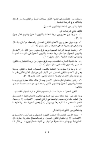 ‫• ﻴﺨﺘﻠﻑ ﺩﻭﺭ ﺍﻟﺘﻠﻴﻔﺯﻴﻭﻥ ﻓﻰ ﺍﻟﺘﻜﻭﻴﻥ ﺍﻟﺜﻘﺎﻓﻰ ﺒﺎﺨﺘﻼﻑ ﺍﻟﻤﺴﺘﻭﻯ ﺍﻻﻗﺘﺼـﺎﺩﻯ، ﻭﻜـﺫﻟﻙ‬
                                           ‫ﺒﺎﺨﺘﻼﻑ ﻨﻭﻉ ﺍﻟﺩﺭﺍﺴﺔ ﺍﻟﺠﺎﻤﻌﻴﺔ .‬
                                   ‫ﺜﺎﻨﻴﺎ : ﺍﻟﻔﺭﻭﺽ ﺍﻟﻤﺘﻌﻠﻘﺔ ﺒﺎﻟﺘﻠﻴﻔﻭﻥ ﺍﻟﻤﺤﻤﻭل‬
                                                                       ‫ﹰ‬
                                                    ‫ﺘﻜﺸﻑ ﻨﺘﺎﺌﺞ ﺍﻟﺩﺭﺍﺴﺔ ﻤﺎ ﻴﻠﻰ‬
‫١- ﻻ ﻴﻭﺠﺩ ﻓﺭﻕ ﻤﻌﻨﻭﻯ ﺒﻴﻥ ﺩﺭﺠﺔ ﺍﻻﻫﺘﻤﺎﻡ ﺒﺎﻟﺘﻠﻴﻔﻭﻥ ﺍﻟﻤﺤﻤﻭل ﻭﺍﻟﻨﻭﻉ. ﺍﻨﻅﺭ ﺠﺩﻭل‬
                                                                      ‫)٤-١( .‬
‫٢- ﻴﻭﺠﺩ ﻓﺭﻕ ﻤﻌﻨﻭﻯ ﺒﻴﻥ ﺍﻻﻫﺘﻤﺎﻡ ﺒﺎﻟﺘﻠﻴﻔﻭﻥ ﺍﻟﻤﺤﻤﻭل ﻭﺍﻟﺠﺎﻤﻌﺔ، ﺤﻴﺙ ﺘﺯﻴﺩ ﺒﺸـﻜل‬
                  ‫ﻭﺍﻀﺢ ﻓﻰ ﺍﻹﺴﻜﻨﺩﺭﻴﺔ ﻋﻨﻪ ﻓﻰ ﺍﻟﻤﻨﻭﻓﻴﺔ . ﺍﻨﻅﺭ ﺠﺩﻭل )٤-٢( .‬
‫٣- ﻭﺒﺎﻟﻨﺴﺒﺔ ﻟﻨﻭﻋﻴﺔ ﺍﻟﺩﺭﺍﺴﺔ ﺍﻟﺠﺎﻤﻌﻴﺔ ﻓﻴﻭﺠﺩ ﻓﺭﻕ ﻤﻌﻨﻭﻯ ﺒـﻴﻥ ﺍﻟﻜﻠﻴـﺔ ﻭﺍﻻﻫﺘﻤـﺎﻡ‬
‫ﺒﺎﻟﺘﻠﻴﻔﻭﻥ ﺍﻟﻤﺤﻤﻭل ﺤﻴﺙ ﺘﻘل ﺩﺭﺠﺔ ﺍﻻﻫﺘﻤﺎﻡ ﺒﺎﻟﺘﻠﻴﻔﻭﻥ ﺍﻟﻤﺤﻤﻭل ﻓﻰ ﺍﻟﻜﻠﻴـﺎﺕ ﺍﻟﻌﻤﻠﻴـﺔ‬
                                 ‫ﻭﺘﺯﻴﺩ ﻓﻰ ﺍﻟﻜﻠﻴﺎﺕ ﺍﻟﻨﻅﺭﻴﺔ . ﺍﻨﻅﺭ ﺠﺩﻭل)٤-٣(.‬
‫٤- ﺃﻤﺎ ﺒﺎﻟﻨﺴﺒﺔ ﻟﻠﻤﺴﺘﻭﻯ ﺍﻻﻗﺘﺼﺎﺩﻯ ﻴﻭﺠﺩ ﻓﺭﻕ ﻤﻌﻨﻭﻯ ﺒﻴﻥ ﺩﺭﺠﺔ ﺍﻻﻫﺘﻤﺎﻡ ﺒـﺎﻟﺘﻠﻴﻔﻭﻥ‬
                             ‫ﺍﻟﻤﺤﻤﻭل ﻭﺍﻟﻤﺴﺘﻭﻯ ﺍﻻﻗﺘﺼﺎﺩﻯ. ﺍﻨﻅﺭ ﺠﺩﻭل )٤-٤(.‬
‫٥- ﻻ ﻴﻭﺠﺩ ﻓﺭﻕ ﻤﻌﻨﻭﻯ ﺒﻴﻥ ﺍﻻﻫﺘﻤﺎﻡ ﺒﺎﻟﺘﻠﻴﻔﻭﻥ ﺍﻟﻤﺤﻤﻭل ﻭﺍﻟﻤﺴﺘﻭﻯ ﺍﻟﺜﻘﺎﻓﻰ، ﻭﻫـﺫﺍ‬
‫ﻴﻌﻨﻰ ﺃﻥ ﺍﻻﻫﺘﻤﺎﻡ ﺒﺎﻟﺘﻠﻴﻔﻭﻥ ﺍﻟﻤﺤﻤﻭل ﻟﺩﻯ ﺍﻟﺸﺒﺎﺏ ﻟﻴﺱ ﻤﻥ ﻗﺒﻴل ﺍﻟﺘﻁﻠﻊ ﺍﻟﻁﺒﻘﻰ ﺒﻘﺩﺭ ﻤﺎ‬
            ‫ﻫﻭ ﻤﺭﺘﺒﻁ ﺒﺎﻟﻘﻭﺓ ﺍﻟﺸﺭﺍﺌﻴﺔ ﻭﺩﺭﺠﺔ ﺍﻻﻫﺘﻤﺎﻡ ﺍﻟﻌﻠﻤﻰ . ﺍﻨﻅﺭ ﺠﺩﻭل )٤-٥(.‬
‫٦- ﻭﺃﺨﻴﺭﺍ ﺒﺎﺴﺘﺨﺩﺍﻡ ﺃﺴﻠﻭﺏ ﺘﺤﻠﻴل ﺍﻻﻨﺤﺩﺍﺭ ﻭﺠﺩ ﺃﻥ ﻫﻨﺎﻙ ﻋﻼﻗﺔ ﻤﻌﻨﻭﻴﺔ ﺒﻴﻥ ﺩﺭﺠـﺔ‬
                                                                ‫ﹰ‬
‫ﺍﻻﻫﺘﻤﺎﻡ ﺒﺎﻟﺘﻠﻴﻔﻭﻥ ﺍﻟﻤﺤﻤﻭل ﻭﺍﻟﻤﺴﺘﻭﻯ ﺍﻟﺜﻘﺎﻓﻰ ﻭﺍﻻﻗﺘﺼﺎﺩﻯ، ﺤﻴﺙ ﻜﺎﻨﺕ ﻤﻌﺎﺩﻟﺔ ﺍﻻﻨﺤﺩﺍﺭ‬
                                                                      ‫ﻜﺎﻟﺘﺎﻟﻰ:‬
  ‫ﺍﻟﺘﻠﻴﻔﻭﻥ ﺍﻟﻤﺤﻤﻭل = -٥,٧٢ – ٤٠٢,٠ ﺍﻟﻤﺴﺘﻭﻯ ﺍﻟﺜﻘﺎﻓﻰ + ٨,٤ ﺍﻟﻤﺴﺘﻭﻯ ﺍﻻﻗﺘﺼﺎﺩﻯ‬
‫ﻭﻫﺫﺍ ﻴﺩل ﻋﻠﻰ ﻭﺠﻭﺩ ﻋﻼﻗﺔ ﺴﻠﺒﻴﺔ ﺒﻴﻥ ﺍﻟﻤﺴﺘﻭﻯ ﺍﻟﺜﻘﺎﻓﻰ ﻭﺍﻻﻫﺘﻤﺎﻡ ﺒﺎﻟﺘﻠﻴﻔﻭﻥ ﺍﻟﻤﺤﻤـﻭل‬
‫ﻭﺃﻥ ﺍﻟﻁﻠﺏ ﻋﻠﻴﺔ ﻴﺯﻴﺩ ﺒﺼﻭﺭﺓ ﻭﺍﻀﺤﺔ ﻤﻊ ﺍﺭﺘﻔﺎﻉ ﺍﻟﻤﺴﺘﻭﻯ ﺍﻻﻗﺘﺼﺎﺩﻯ، ﺇﻻ ﺃﻥ ﻤﻌﺎﻤل‬
‫ﺍﻟﺘﺤﺩﻴﺩ ﺍﻟﻤﻨﺨﻔﺽ = ٢٢١,٠ ﻭﻫﺫﺍ ﻴﺭﺠﻊ ﺇﻟﻰ ﺇﻫﻤﺎل ﺒﻌﺽ ﺍﻟﻤﺘﻐﻴﺭﺍﺕ ﻨﻅـﺭﺍ ﻟﻁﺒﻴﻌـﺔ‬
        ‫ﹰ‬
                                                                    ‫ﺍﻟﺩﺭﺍﺴﺔ .‬
                                             ‫ﻭﻨﺴﺘﺨﻠﺹ ﻤﻥ ﺍﻟﻨﺘﺎﺌﺞ ﺍﻟﺴﺎﺒﻘﺔ ﻤﺎ ﻴﻠﻰ‬
‫ﺼﺤﺔ ﺍﻟﻔﺭﺽ ﺍﻟﺨﺎﺹ ﺒﺄﻥ ﺍﺴﺘﺨﺩﺍﻡ ﺍﻟﺘﻠﻴﻔﻭﻥ ﺍﻟﻤﺤﻤﻭل ﻤﺭﺘﺒﻁ ﺃﺴﺎﺴـﺎ ﺒﺎﻟﻤﺴـﺘﻭﻯ‬
‫ﺍﻻﻗﺘﺼﺎﺩﻯ. ﺇﻻ ﺃﻥ ﺍﺴﺘﺨﺩﺍﻡ ﺍﻟﺘﻠﻴﻔﻭﻥ ﺍﻟﻤﺤﻤﻭل ﻴﺭﺘﺒﻁ ﺒﺎﻟﺠﺎﻤﻌﺔ) ﺇﺴﻜﻨﺩﺭﻴﺔ / ﻤﻨﻭﻓﻴـﺔ(،‬
‫ﻜﻤﺎ ﻴﺭﺘﺒﻁ ﺒﻨﻭﻉ ﺍﻟﺩﺭﺍﺴﺔ ﺍﻟﺠﺎﻤﻌﻴﺔ ﺤﻴﺙ ﻴﻘل ﻓﻰ ﺍﻟﻜﻠﻴﺎﺕ ﺍﻟﻌﻤﻠﻴﺔ ﻭﻴﺯﻴﺩ ﻓـﻰ ﺍﻟﻜﻠﻴـﺎﺕ‬



                                    ‫٥٤٤‬
 