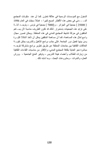 ‫ﺍﻟﺩﺨﻭل ﻤﻊ ﺍﻟﻤﺅﺴﺴﺎﺕ ﺍﻟﺭﺴﻤﻴﺔ ﻓﻲ ﻋﻼﻗﺔ ﺘﻌﺎﻭﻥ. ﻜﻤﺎ ﺃﻥ ﻋﺩﺩ ﻤﻜﻭﻨﺎﺕ ﺍﻟﻤﺠﺘﻤﻊ‬
‫ﺍﻟﻤـــﺩﻨﻲ ﻓﻲ ﺒﻌﺽ ﻫﺫﻩ ﺍﻷﻗﻁﺎﺭ ﺃﺼﺒﺢ ﻜﺒﻴﺭﺍ ، ﻓﻤﺜﻼ ﺴﺠﻠﺕ ﻓﻲ ﺍﻟﻌﺎﻡ 6991‬
‫) 00052 ( ﺠﻤﻌﻴﺔ ﻓﻲ ﺍﻟﺠﺯﺍﺌﺭ ، ﻭ)0007 ( ﺠﻤﻌﻴﺔ ﻓﻲ ﺘﻭﻨﺱ ، ﻭﺘﻭﺠـﺩ ﺃﺩﻟـﺔ‬
‫ﻋﻠﻰ ﺘﺯﺍﻴﺩ ﻫﺫﻩ ﺍﻟﺠﻤﻌﻴﺎﺕ ﺒﺎﺴﺘﻤﺭﺍﺭ. ﻟﺫﻟﻙ ﻗﺩ ﺘﻜﻭﻥ ﺍﻟﻅﺭﻭﻑ ﻤﻨﺎﺴﺒﺔ ﻷﻥ ﻴﺴـﺎﻫﻡ‬
‫ﺍﻟﻤﺜﻘﻔﻭﻥ ﻓﻲ ﺤﺭﻜﺔ ﺘﻨﺸﻴﻁ ﺍﻟﻤﺠﺘﻤﻊ ﺍﻟﻤﺩﻨﻲ ﻓﻲ ﻫﺫﻩ ﺍﻟﻤﻨﻁﻘﺔ. ﻭﻴﻤﻜﻥ ﺘﺼﻭﺭ ﻤﺠﺎل‬
‫ﻭﺍﺴﻊ ﻟﻤﺜل ﻫﺫﻩ ﺍﻟﻤﺴﺎﻫﻤﺔ، ﻜﻤﺎ ﺃﻥ ﻤﺴﺎﻫﻤﺔ ﺍﻟﻤﺜﻘﻔﻴﻥ ﻴﻤﻜﻥ ﺃﻥ ﺘﺄﺨﺫ ﺃﺸﻜﺎﻻ ﻜﺜﻴـﺭﺓ‬
‫ﻭﻤﻥ ﺒﻴﻨﻬﺎ ﺘﻔﻌﻴل ﺩﻭﺭ ﺍﻟﺠﺎﻤﻌﺔ. ﻓﺈﻟﻰ ﺠﺎﻨﺏ ﺒﺭﺍﻤﺞ ﺍﻟﺘﺄﻫﻴل ﻭﺍﻟﺘﺩﺭﻴﺏ ﻴﻤﻜﻥ ﺘﻘﻭﻴـﺔ‬
‫ﺍﻟﻌﻼﻗﺎﺕ ﺍﻟﺜﻘﺎﻓﻴﺔ ﺒﻴﻥ ﺠﺎﻤﻌﺎﺕ ﺍﻟﻤﻨﻁﻘﺔ ﻋﻥ ﻁﺭﻴﻕ ﺘﻁﻭﻴﺭ ﺒﺭﺍﻤﺞ ﻤﺸﺘﺭﻜﺔ ﺘﺘﻭﺠـﻪ‬
‫ﻤﺒﺎﺸﺭﺓ ﻨﺤﻭ ﺍﻟﻌﻨﺎﻴﺔ ﺒﺜﻘﺎﻓﺔ ﺍﻟﻤﺠﺘﻤﻊ ﺍﻟﻤﺩﻨﻲ، ﻭﺍﻹﻜﺜﺎﺭ ﻤﻥ ﻤﻨﺎﺴﺒﺎﺕ ﺍﻟﻠﻘﺎﺀﺍﺕ ﺍﻟﺜﻘﺎﻓﻴﺔ‬
‫ﻤﻥ ﺯﻴﺎﺭﺍﺕ ﻟﻠﻁﻼﺏ ﻭﺃﻋﻀﺎﺀ ﻫﻴﺌﺔ ﺍﻟﺘﺩﺭﻴﺱ ، ﻭﺘﻭﻓﻴﺭ ﺍﻟﻤﻨﺢ ﺍﻟﺠﺎﻤﻌﻴﺔ ، ﻭﻭﺭﺵ‬
                         ‫ﺍﻟﻌﻤل، ﻭﺍﻟﻨﺩﻭﺍﺕ ، ﻭﻤﺸﺭﻭﻋﺎﺕ ﺍﻟﺒﺤﺙ ، ﻭﻤﺎ ﺸﺎﺒﻪ ﺫﻟﻙ .‬




                                   ‫531‬
 