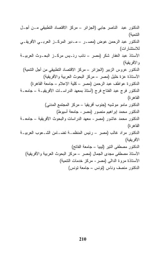 ‫ﺍﻟﺩﻜﺘﻭﺭ ﻋﺒﺩ ﺍﻟﻨﺎﺼﺭ ﺠﺎﺒﻲ )ﺍﻟﺠﺯﺍﺌﺭ – ﻤﺭﻜﺯ ﺍﻻﻗﺘﺼﺎﺩ ﺍﻟﺘﻁﺒﻴﻘﻲ ﻤـﻥ ﺃﺠـل‬
                                                                        ‫ﺍﻟﺘﻨﻤﻴﺔ(‬
‫ﺍﻟﺩﻜﺘﻭﺭ ﻋﺒﺩ ﺍﻟﺭﺤﻤﻥ ﻋﻭﺽ )ﻤﺼـﺭ – ﻤـﺩﻴﺭ ﺍﻟﻤﺭﻜـﺯ ﺍﻟﻌﺭﺒـﻲ ﺍﻷﻓﺭﻴﻘـﻲ‬
                                                                  ‫ﻟﻼﺴﺘﺸﺎﺭﺍﺕ(‬
‫ﺍﻷﺴﺘﺎﺫ ﻋﺒﺩ ﺍﻟﻐﻔﺎﺭ ﺸﻜﺭ )ﻤﺼﺭ – ﻨﺎﺌﺏ ﺭﺌـﻴﺱ ﻤﺭﻜـﺯ ﺍﻟﺒﺤـﻭﺙ ﺍﻟﻌﺭﺒﻴـﺔ‬
                                                                    ‫ﻭﺍﻷﻓﺭﻴﻘﻴﺔ(‬
 ‫ﺍﻟﺩﻜﺘﻭﺭ ﻋﺭﻭﺱ ﺍﻟﺯﺒﻴﺭ )ﺍﻟﺠﺯﺍﺌﺭ – ﻤﺭﻜﺯ ﺍﻻﻗﺘﺼﺎﺩ ﺍﻟﺘﻁﺒﻴﻘﻲ ﻤﻥ ﺃﺠل ﺍﻟﺘﻨﻤﻴﺔ(‬
               ‫ﺍﻷﺴﺘﺎﺫﺓ ﻋﺯﺓ ﺨﻠﻴل )ﻤﺼﺭ – ﻤﺭﻜﺯ ﺍﻟﺒﺤﻭﺙ ﺍﻟﻌﺭﺒﻴﺔ ﻭﺍﻷﻓﺭﻴﻘﻴﺔ(‬
      ‫ﺍﻟﺩﻜﺘﻭﺭﺓ ﻋﻭﺍﻁﻑ ﻋﺒﺩ ﺍﻟﺭﺤﻤﻥ )ﻤﺼﺭ – ﻜﻠﻴﺔ ﺍﻹﻋﻼﻡ – ﺠﺎﻤﻌﺔ ﺍﻟﻘﺎﻫﺭﺓ(‬
‫ﺍﻟﺩﻜﺘﻭﺭ ﻓﺭﺝ ﻋﺒﺩ ﺍﻟﻔﺘﺎﺡ ﻓﺭﺝ )ﺃﺴﺘﺎﺫ ﺒﻤﻌﻬﺩ ﺍﻟﺩﺭﺍﺴـﺎﺕ ﺍﻷﻓﺭﻴﻘﻴـﺔ – ﺠﺎﻤﻌـﺔ‬
                                                                       ‫ﺍﻟﻘﺎﻫﺭﺓ(‬
                ‫ﺍﻟﺩﻜﺘﻭﺭ ﻤﺎﻤﻭ ﻤﻭﺸﻴﻪ )ﺠﻨﻭﺏ ﺃﻓﺭﻴﻘﻴﺎ – ﻤﺭﻜﺯ ﺍﻟﻤﺠﺘﻤﻊ ﺍﻟﻤﺩﻨﻲ(‬
                       ‫ﺍﻟﺩﻜﺘﻭﺭ ﻤﺤﻤﺩ ﺇﺒﺭﺍﻫﻴﻡ ﻤﻨﺼﻭﺭ )ﻤﺼﺭ- ﺠﺎﻤﻌﺔ ﺃﺴﻴﻭﻁ(‬
‫ﺍﻟﺩﻜﺘﻭﺭ ﻤﺤﻤﺩ ﻋﺎﺸﻭﺭ )ﻤﺼﺭ- ﻤﻌﻬﺩ ﺍﻟﺩﺭﺍﺴﺎﺕ ﻭﺍﻟﺒﺤﻭﺙ ﺍﻷﻓﺭﻴﻘﻴﺔ – ﺠﺎﻤﻌـﺔ‬
                                                                       ‫ﺍﻟﻘﺎﻫﺭﺓ(‬
‫ﺍﻟﺩﻜﺘﻭﺭ ﻤﺭﺍﺩ ﻏﺎﻟﺏ )ﻤﺼﺭ – ﺭﺌﻴﺱ ﺍﻟﻤﻨﻅﻤـﺔ ﺘﻀـﺎﻤﻥ ﺍﻟﺸـﻌﻭﺏ ﺍﻟﻌﺭﺒﻴـﺔ‬
                                                                     ‫ﺍﻷﻓﺭﻴﻘﻴﺔ(‬
                                  ‫ﺍﻟﺩﻜﺘﻭﺭ ﻤﺼﻁﻔﻰ ﺍﻟﺘﻴﺭ )ﻟﻴﺒﻴﺎ – ﺠﺎﻤﻌﺔ ﺍﻟﻔﺎﺘﺢ(‬
  ‫ﺍﻷﺴﺘﺎﺫ ﻤﺼﻁﻔﻰ ﻤﺠﺩﻯ ﺍﻟﺠﻤﺎل )ﻤﺼﺭ – ﻤﺭﻜﺯ ﺍﻟﺒﺤﻭﺙ ﺍﻟﻌﺭﺒﻴﺔ ﻭﺍﻷﻓﺭﻴﻘﻴﺔ(‬
                         ‫ﺍﻷﺴﺘﺎﺫﺓ ﻤﺭﻭﺓ ﺍﻟﺩﺍﻟﻰ )ﻤﺼﺭ- ﻤﺭﻜﺯ ﺨﺩﻤﺎﺕ ﺍﻟﺘﻨﻤﻴﺔ(‬
                               ‫ﺍﻟﺩﻜﺘﻭﺭ ﻤﻨﺼﻑ ﻭﻨﺎﺱ )ﺘﻭﻨﺱ – ﺠﺎﻤﻌﺔ ﺘﻭﻨﺱ(‬




                                       ‫012‬
 