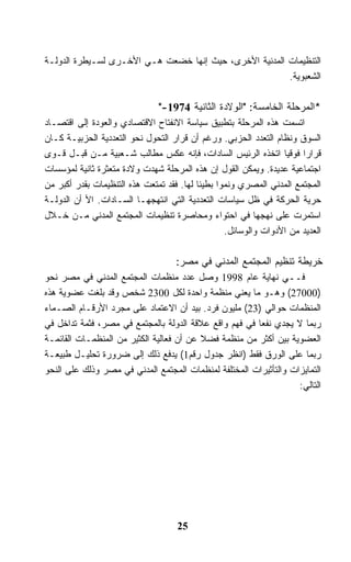 ‫ﺍﻟﺘﻨﻅﻴﻤﺎﺕ ﺍﻟﻤﺩﻨﻴﺔ ﺍﻷﺨﺭﻯ، ﺤﻴﺙ ﺇﻨﻬﺎ ﺨﻀﻌﺕ ﻫـﻲ ﺍﻷﺨـﺭﻯ ﻟﺴـﻴﻁﺭﺓ ﺍﻟﺩﻭﻟـﺔ‬
                                                        ‫ﺍﻟﺸﻌﺒﻭﻴﺔ.‬

                               ‫*ﺍﻟﻤﺭﺤﻠﺔ ﺍﻟﺨﺎﻤﺴﺔ: "ﺍﻟﻭﻻﺩﺓ ﺍﻟﺜﺎﻨﻴﺔ 4791-"‬
‫ﺍﺘﺴﻤﺕ ﻫﺫﻩ ﺍﻟﻤﺭﺤﻠﺔ ﺒﺘﻁﺒﻴﻕ ﺴﻴﺎﺴﺔ ﺍﻻﻨﻔﺘﺎﺡ ﺍﻻﻗﺘﺼﺎﺩﻱ ﻭﺍﻟﻌﻭﺩﺓ ﺇﻟﻰ ﺍﻗﺘﺼـﺎﺩ‬
‫ﺍﻟﺴﻭﻕ ﻭﻨﻅﺎﻡ ﺍﻟﺘﻌﺩﺩ ﺍﻟﺤﺯﺒﻲ. ﻭﺭﻏﻡ ﺃﻥ ﻗﺭﺍﺭ ﺍﻟﺘﺤﻭل ﻨﺤﻭ ﺍﻟﺘﻌﺩﺩﻴﺔ ﺍﻟﺤﺯﺒﻴـﺔ ﻜـﺎﻥ‬
‫ﻗﺭﺍﺭﺍ ﻓﻭﻗﻴﺎ ﺍﺘﺨﺫﻩ ﺍﻟﺭﺌﻴﺱ ﺍﻟﺴﺎﺩﺍﺕ، ﻓﺈﻨﻪ ﻋﻜﺱ ﻤﻁﺎﻟﺏ ﺸـﻌﺒﻴﺔ ﻤـﻥ ﻗﺒـل ﻗـﻭﻯ‬
‫ﺍﺠﺘﻤﺎﻋﻴﺔ ﻋﺩﻴﺩﺓ. ﻭﻴﻤﻜﻥ ﺍﻟﻘﻭل ﺇﻥ ﻫﺫﻩ ﺍﻟﻤﺭﺤﻠﺔ ﺸﻬﺩﺕ ﻭﻻﺩﺓ ﻤﺘﻌﺜﺭﺓ ﺜﺎﻨﻴﺔ ﻟﻤﺅﺴﺴﺎﺕ‬
‫ﺍﻟﻤﺠﺘﻤﻊ ﺍﻟﻤﺩﻨﻲ ﺍﻟﻤﺼﺭﻱ ﻭﻨﻤﻭﺍ ﺒﻁﻴﺌﺎ ﻟﻬﺎ. ﻓﻘﺩ ﺘﻤﺘﻌﺕ ﻫﺫﻩ ﺍﻟﺘﻨﻅﻴﻤﺎﺕ ﺒﻘﺩﺭ ﺃﻜﺒﺭ ﻤﻥ‬
‫ﺤﺭﻴﺔ ﺍﻟﺤﺭﻜﺔ ﻓﻲ ﻅل ﺴﻴﺎﺴﺎﺕ ﺍﻟﺘﻌﺩﺩﻴﺔ ﺍﻟﺘﻲ ﺍﻨﺘﻬﺠﻬـﺎ ﺍﻟﺴـﺎﺩﺍﺕ. ﺍﻷ ﺃﻥ ﺍﻟﺩﻭﻟـﺔ‬
‫ﺍﺴﺘﻤﺭﺕ ﻋﻠﻰ ﻨﻬﺠﻬﺎ ﻓﻲ ﺍﺤﺘﻭﺍﺀ ﻭﻤﺤﺎﺼﺭﺓ ﺘﻨﻅﻴﻤﺎﺕ ﺍﻟﻤﺠﺘﻤﻊ ﺍﻟﻤﺩﻨﻲ ﻤـﻥ ﺨـﻼل‬
                                                  ‫ﺍﻟﻌﺩﻴﺩ ﻤﻥ ﺍﻷﺩﻭﺍﺕ ﻭﺍﻟﻭﺴﺎﺌل.‬

                                    ‫ﺨﺭﻴﻁﺔ ﺘﻨﻅﻴﻡ ﺍﻟﻤﺠﺘﻤﻊ ﺍﻟﻤﺩﻨﻲ ﻓﻲ ﻤﺼﺭ:‬
‫ﻓــﻲ ﻨﻬﺎﻴﺔ ﻋﺎﻡ 8991 ﻭﺼل ﻋﺩﺩ ﻤﻨﻅﻤﺎﺕ ﺍﻟﻤﺠﺘﻤﻊ ﺍﻟﻤﺩﻨﻲ ﻓﻲ ﻤﺼﺭ ﻨﺤﻭ‬
‫)00072( ﻭﻫـﻭ ﻤﺎ ﻴﻌﻨﻲ ﻤﻨﻅﻤﺔ ﻭﺍﺤﺩﺓ ﻟﻜل 0032 ﺸﺨﺹ ﻭﻗﺩ ﺒﻠﻐﺕ ﻋﻀﻭﻴﺔ ﻫﺫﻩ‬
‫ﺍﻟﻤﻨﻅﻤﺎﺕ ﺤﻭﺍﻟﻲ )32( ﻤﻠﻴﻭﻥ ﻓﺭﺩ. ﺒﻴﺩ ﺃﻥ ﺍﻻﻋﺘﻤﺎﺩ ﻋﻠﻰ ﻤﺠﺭﺩ ﺍﻷﺭﻗـﺎﻡ ﺍﻟﺼـﻤﺎﺀ‬
‫ﺭﺒﻤﺎ ﻻ ﻴﺠﺩﻱ ﻨﻔﻌﺎ ﻓﻲ ﻓﻬﻡ ﻭﺍﻗﻊ ﻋﻼﻗﺔ ﺍﻟﺩﻭﻟﺔ ﺒﺎﻟﻤﺠﺘﻤﻊ ﻓﻲ ﻤﺼﺭ، ﻓﺜﻤﺔ ﺘﺩﺍﺨل ﻓﻲ‬
‫ﺍﻟﻌﻀﻭﻴﺔ ﺒﻴﻥ ﺃﻜﺜﺭ ﻤﻥ ﻤﻨﻅﻤﺔ ﻓﻀﻼ ﻋﻥ ﺃﻥ ﻓﻌﺎﻟﻴﺔ ﺍﻟﻜﺜﻴﺭ ﻤﻥ ﺍﻟﻤﻨﻅﻤـﺎﺕ ﺍﻟﻘﺎﺌﻤـﺔ‬
‫ﺭﺒﻤﺎ ﻋﻠﻰ ﺍﻟﻭﺭﻕ ﻓﻘﻁ )ﺍﻨﻅﺭ ﺠﺩﻭل ﺭﻗﻡ1( ﻴﺩﻓﻊ ﺫﻟﻙ ﺇﻟﻰ ﻀﺭﻭﺭﺓ ﺘﺤﻠﻴـل ﻁﺒﻴﻌـﺔ‬
‫ﺍﻟﺘﻤﺎﻴﺯﺍﺕ ﻭﺍﻟﺘﺄﺜﻴﺭﺍﺕ ﺍﻟﻤﺨﺘﻠﻔﺔ ﻟﻤﻨﻅﻤﺎﺕ ﺍﻟﻤﺠﺘﻤﻊ ﺍﻟﻤﺩﻨﻲ ﻓﻲ ﻤﺼﺭ ﻭﺫﻟﻙ ﻋﻠﻰ ﺍﻟﻨﺤﻭ‬
                                                                   ‫ﺍﻟﺘﺎﻟﻲ:‬




                                    ‫52‬
 