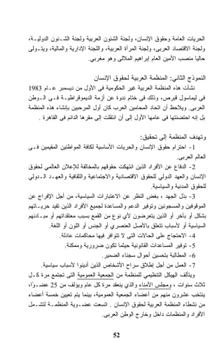 ‫ﺍﻟﺤﺭﻴﺎﺕ ﺍﻟﻌﺎﻤﺔ ﻭﺤﻘﻭﻕ ﺍﻹﻨﺴﺎﻥ، ﻭﻟﺠﻨﺔ ﺍﻟﺸﺌﻭﻥ ﺍﻟﻌﺭﺒﻴﺔ ﻭﻟﺠﻨﺔ ﺍﻟﺸـﺌﻭﻥ ﺍﻟﺩﻭﻟﻴـﺔ،‬
‫ﻭﻟﺠﻨﺔ ﺍﻻﻗﺘﺼﺎﺩ ﺍﻟﻌﺭﺒﻰ، ﻭﻟﺠﻨﺔ ﺍﻟﻤﺭﺃﺓ ﺍﻟﻌﺭﺒﻴﺔ، ﻭﺍﻟﻠﺠﻨﺔ ﺍﻹﺩﺍﺭﻴﺔ ﻭﺍﻟﻤﺎﻟﻴﺔ، ﻭﻴﺘـﻭﻟﻰ‬
                          ‫ﺤﺎﻟﻴﺎ ﻤﻨﺼﺏ ﺍﻷﻤﻴﻥ ﺍﻟﻌﺎﻡ ﺇﺒﺭﺍﻫﻴﻡ ﺍﻟﻤﻼﻟﻰ ﻭﻫﻭ ﻤﻐﺭﺒﻲ.‬
                                                                         ‫ﹰ‬

                             ‫ﺍﻟﻨﻤﻭﺫﺝ ﺍﻟﺜﺎﻨﻲ: ﺍﻟﻤﻨﻅﻤﺔ ﺍﻟﻌﺭﺒﻴﺔ ﻟﺤﻘﻭﻕ ﺍﻹﻨﺴﺎﻥ‬
‫ﻨﺸﺄﺕ ﻫﺫﻩ ﺍﻟﻤﻨﻅﻤﺔ ﺍﻟﻌﺭﺒﻴﺔ ﻏﻴﺭ ﺍﻟﺤﻜﻭﻤﻴﺔ ﻓﻰ ﺍﻷﻭل ﻤﻥ ﺩﻴﺴﻤﺒﺭ ﻋـﺎﻡ 3891‬
‫ﻓﻰ ﻟﻴﻤﺎﺴﻭل ﻗﺒﺭﺹ، ﻭﺫﻟﻙ ﻓﻰ ﺨﺘﺎﻡ ﻨﺩﻭﺓ ﻋﻥ ﺃﺯﻤﺔ ﺍﻟﺩﻴﻤﻭﻗﺭﺍﻁﻴـﺔ ﻓـﻰ ﺍﻟـﻭﻁﻥ‬
‫ﺍﻟﻌﺭﺒﻰ. ﻭﻴﻼﺤﻅ ﺃﻥ ﺍﺘﺤﺎﺩ ﺍﻟﻤﺤﺎﻤﻴﻥ ﺍﻟﻌﺭﺏ ﻜﺎﻥ ﺃﻭل ﺍﻟﻤﺭﺤﺒﻴﻥ ﺒﺈﻨﺸﺎﺀ ﻫﺫﻩ ﺍﻟﻤﻨﻅﻤﺔ‬
    ‫ﺒل ﺇﻨﻪ ﺍﺤﺘﻀﻨﺘﻬﺎ ﻓﻰ ﻋﺎﻤﻬﺎ ﺍﻷﻭل ﺇﻟﻰ ﺃﻥ ﺍﻨﺘﻘﻠﺕ ﺇﻟﻰ ﻤﻘﺭﻫﺎ ﺍﻟﺩﺍﺌﻡ ﻓﻰ ﺍﻟﻘﺎﻫﺭﺓ .‬

                                                 ‫ﻭﺘﻬﺩﻑ ﺍﻟﻤﻨﻅﻤﺔ ﺇﻟﻰ ﺘﺤﻘﻴﻕ:‬
‫1- ﺍﺤﺘﺭﺍﻡ ﺤﻘﻭﻕ ﺍﻹﻨﺴﺎﻥ ﻭﺍﻟﺤﺭﻴﺎﺕ ﺍﻷﺴﺎﺴﻴﺔ ﻟﻜﺎﻓﺔ ﺍﻟﻤﻭﺍﻁﻨﻴﻥ ﺍﻟﻤﻘﻴﻤﻴﻥ ﻓـﻰ‬
                                                                 ‫ﺍﻟﻌﺎﻟﻡ ﺍﻟﻌﺭﺒﻰ.‬
‫2- ﺍﻟﺩﻓﺎﻉ ﻋﻥ ﺍﻷﻓﺭﺍﺩ ﺍﻟﺫﻴﻥ ﺍﻨﺘﻬﻜﺕ ﺤﻘﻭﻗﻬﻡ ﺒﺎﻟﻤﺨﺎﻟﻔﺔ ﻟﻺﻋﻼﻥ ﺍﻟﻌﺎﻟﻤﻲ ﻟﺤﻘﻭﻕ‬
‫ﺍﻹﻨﺴﺎﻥ ﻭﺍﻟﻌﻬﺩ ﺍﻟﺩﻭﻟﻲ ﻟﻠﺤﻘﻭﻕ ﺍﻻﻗﺘﺼﺎﺩﻴﺔ ﻭﺍﻻﺠﺘﻤﺎﻋﻴﺔ ﻭﺍﻟﺜﻘﺎﻓﻴﺔ ﻭﺍﻟﻌﻬـﺩ ﺍﻟـﺩﻭﻟﻲ‬
                                                     ‫ﻟﻠﺤﻘﻭﻕ ﺍﻟﻤﺩﻨﻴﺔ ﻭﺍﻟﺴﻴﺎﺴﻴﺔ.‬
‫3- ﺒﺫل ﺍﻟﺠﻬﺩ ، ﺒﻐﺽ ﺍﻟﻨﻅﺭ ﻋﻥ ﺍﻻﻋﺘﺒﺎﺭﺍﺕ ﺍﻟﺴﻴﺎﺴﻴﺔ، ﻤﻥ ﺃﺠل ﺍﻹﻓﺭﺍﺝ ﻋﻥ‬
‫ﺍﻟﻤﻭﻗﻭﻓﻴﻥ ﻭﺍﻟﻤﺴﺠﻭﻨﻴﻥ ﻭﺘﻭﻓﻴﺭ ﺍﻟﺩﻋﻡ ﻭﺍﻟﻤﺴﺎﻋﺩﺓ ﻟﺠﻤﻴﻊ ﺍﻷﻓﺭﺍﺩ ﺍﻟﺫﻴﻥ ﺘﻘﻴﺩ ﺤﺭﻴـﺎﺘﻬﻡ‬
‫ﺒﺸﻜل ﺃﻭ ﺒﺂﺨﺭ ﺃﻭ ﺍﻟﺫﻴﻥ ﻴﺘﻌﺭﻀﻭﻥ ﻷﻱ ﻨﻭﻉ ﻤﻥ ﺍﻟﻘﻤﻊ ﺒﺴﺒﺏ ﻤﻌﺘﻘﺩﺍﺘﻬﻡ ﺃﻭ ﻤﺒـﺎﺩﺌﻬﻡ‬
         ‫ﺍﻟﺴﻴﺎﺴﻴﺔ ﺃﻭ ﻷﺴﺒﺎﺏ ﺘﺘﻌﻠﻕ ﺒﺎﻷﺼل ﺍﻟﻌﻨﺼﺭﻱ ﺃﻭ ﺍﻟﺠﻨﺱ ﺃﻭ ﺍﻟﻠﻭﻥ ﺃﻭ ﺍﻟﻠﻐﺔ.‬
              ‫4- ﺍﻻﺤﺘﺠﺎﺝ ﻋﻠﻰ ﺍﻟﺤﺎﻻﺕ ﺍﻟﺘﻰ ﻻ ﺘﺘﻭﺍﻓﺭ ﻓﻴﻬﺎ ﻤﺤﺎﻜﻤﺎﺕ ﻋﺎﺩﻟﺔ.‬
                 ‫5- ﺘﻭﻓﻴﺭ ﺍﻟﻤﺴﺎﻋﺩﺍﺕ ﺍﻟﻘﺎﻨﻭﻨﻴﺔ ﺤﻴﺜﻤﺎ ﺘﻜﻭﻥ ﻀﺭﻭﺭﻴﺔ ﻭﻤﻤﻜﻨﺔ.‬
                                 ‫6- ﺍﻟﻤﻁﺎﻟﺒﺔ ﺒﺘﺤﺴﻴﻥ ﺃﺤﻭﺍل ﺴﺠﻨﺎﺀ ﺍﻟﻀﻤﻴﺭ.‬
     ‫7- ﺍﻟﻌﻤل ﻤﻥ ﺃﺠل ﺇﻁﻼﻕ ﺴﺭﺍﺡ ﺍﻷﺸﺨﺎﺹ ﺍﻟﺫﻴﻥ ﺃﺩﻴﻨﻭﺍ ﻷﺴﺒﺎﺏ ﺴﻴﺎﺴﻴﺔ.‬
‫ﻭﻴﺘﺄﻟﻑ ﺍﻟﻬﻴﻜل ﺍﻟﺘﻨﻅﻴﻤﻲ ﻟﻠﻤﻨﻅﻤﺔ ﻤﻥ ﺍﻟﺠﻤﻌﻴﺔ ﺍﻟﻌﻤﻭﻤﻴﺔ ﺍﻟﺘﻰ ﺘﺠﺘﻤﻊ ﻤﺭﺓ ﻜـل‬
‫ﺜﻼﺙ ﺴﻨﻭﺍﺕ ، ﻭﻤﺠﻠﺱ ﺍﻷﻤﻨﺎﺀ ﻭﺍﻟﺫﻱ ﻴﻨﻌﻘﺩ ﻤﺭﺓ ﻜل ﻋﺎﻡ ﻭﻴﺅﻟﻑ ﻤﻥ 52 ﻋﻀـ ًﺍ،‬
  ‫ﻭ‬
‫ﻴﻨﺘﺨﺏ ﻋﺸﺭﻭﻥ ﻤﻨﻬﻡ ﻤﻥ ﺃﻋﻀﺎﺀ ﺍﻟﺠﻤﻌﻴﺔ ﺍﻟﻌﻤﻭﻤﻴﺔ، ﺒﻴﻨﻤﺎ ﻴﺘﻡ ﺘﻌﻴﻴﻥ ﺨﻤﺴﺔ ﺃﻋﻀﺎﺀ‬
‫ﻤﻥ ﻨﺸﻁﺎﺀ ﺍﻟﻤﻨﻅﻤﺔ ﺍﻟﻌﺭﺒﻴﺔ ﻟﺤﻘﻭﻕ ﺍﻹﻨﺴﺎﻥ . ﺍﺘﺴﻌﺕ ﻋﻀـﻭﻴﺔ ﺍﻟﻤﻨﻅﻤـﺔ ﻟﺘﺸـﻤل‬
                                 ‫ﺍﻷﻓﺭﺍﺩ ﻭﺍﻟﻤﻨﻅﻤﺎﺕ ﺩﺍﺨل ﻭﺨﺎﺭﺝ ﺍﻟﻭﻁﻥ ﺍﻟﻌﺭﺒﻰ.‬


                                     ‫25‬
 