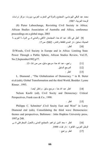 ‫ﻤﺤﻤﺩ ﻋﺒﺩ ﺍﻟﺒﺎﻗﻲ ﺍﻟﻬﺭﻤﺎﺴﻲ، ﺍﻟﻤﺠﺘﻤﻊ ﻭﺍﻟﺩﻭﻟﺔ ﻓﻲ ﺍﻟﻤﻐﺭﺏ ﺍﻟﻌﺭﺒﻲ، ﺒﻴﺭﻭﺕ: ﻤﺭﻜﺯ ﺩﺭﺍﺴﺎﺕ‬
                                                            .1987 ،‫ﺍﻟﻭﺤﺩﺓ ﺍﻟﻌﺭﺒﻴﺔ‬
    (8) Pieter Labuschange, Revisiting Civil Society in Africa;
African Studies Association of Australia and Africa, conference
proceedings on a global stage, 2003
‫)9( ﺃﻨﻅﺭ ﻓﻲ ﺫﻟﻙ: ﻋﺒﺩ ﺍﷲ ﺤﻨﺎ، ﺍﻟﻤﺠﺘﻤﻌﺎﻥ ﺍﻷﻫﻠﻲ ﻭﺍﻟﻤﺩﻨﻲ ﻓـﻲ ﺍﻟﺩﻭﻟـﺔ ﺍﻟﻌﺭﺒﻴـﺔ‬
                           .17‫ﺍﻟﺤﺩﻴﺜﺔ، ﺩﻤﺸﻕ: ﺩﺍﺭ ﺍﻟﻤﺩﻯ ﻟﻠﺜﻘﺎﻓﺔ ﻭﺍﻟﻨﺸﺭ، 2002، ﺹ‬
                                                          :‫ﺃﻨﻅﺭ‬         (10)
D.Woods, Civil Society in Europe and in Africa: Limiting State
Power Through a Public Sphere, African Studies Review, Vol.35,
No.2,September1992,p77.
              .15-14 ‫ﺭﺍﺠﻊ ، ﻋﺒﺩ ﺍﷲ ﺤﻨﺎ، ﻤﺭﺠﻊ ﺴﺎﺒﻕ، ﺹ ﺹ‬                  (11)
                                                 .‫ﺍﻟﻤﺭﺠﻊ ﺍﻟﺴﺎﺒﻕ‬         (12)
                                                         : ‫ﺍﻨﻅﺭ‬         (13)
    L. Diamond , “The Globalization of Democracy “ in R. Steter
et.al.(eds), Global Transformation and the third World, Boulder: Lynne
Rinner , 1993.
                   :‫ﺍﻨﻅﺭ ﻋﺒﺩ ﺍﷲ ﺤﻨﺎ ، ﻤﺭﺠﻊ ﺴﺎﺒﻕ ، ﻭﺍﻨﻅﺭ ﺃﻴﻀﺎ‬
                    ‫ﹰ‬                                                   (14)
    Nelson Kasfir (ed), Civil Socity and Democracy: Critical
Perspectives, Frank cass & Co., 1998.
                                                          : ‫ﺍﻨﻅﺭ‬        (15)
    Philippe C. Schmitter“ ,Civil Socity East and West” in Larry
Diamond etal (eds), Consolidating the third wave Democracies:
themes and perspectives, Baltimore : John Hopkins University press,
1997,p 240.
‫ﺍﻨﻅﺭ ؛ ﺴﻌﺩ ﺍﻟﺩﻴﻥ ﺇﺒﺭﺍﻫﻴﻡ ،ﺍﻟﻤﺠﺘﻤﻊ ﺍﻟﻤﺩﻨﻰ ﻭﺍﻟﺘﺤﻭل ﺍﻟﺩﻴﻤﻘﺭﺍﻁﻲ ﻓـﻰ‬         (16)
                                           .1999 ،‫ﺍﻟﻭﻁﻥ ﺍﻟﻌﺭﺒﻰ، ﺍﻟﻘﺎﻫﺭﺓ : ﺩﺍﺭ ﻗﺒﺎﺀ‬
                                                   : ‫ﺍﻨﻅﺭ ﻭﺭﺍﺠﻊ‬         (17)



                                      66
 