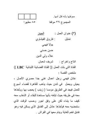 ‫ﻤﻌﺭﻓﺘﻬﺎ ﺒﺄﻨﻪ ﻗﺘل ﺃﻤﻬﺎ.‬
         ‫٥٨ ﻤﻅﻬﺭﺍ‬
         ‫ﹰ‬                      ‫ﺍﻟﻤﺠﻤﻭﻉ ٩٣ ﻤﻭﻗﻔﺎ‬
                                ‫ﹰ‬


                     ‫ﺍﻟﺠﻴﻨﺯ‬          ‫)٣( ﻋﻨﻭﺍﻥ ﺍﻟﻌﻤل :‬
                    ‫: ﻓﺎﺭﻭﻕ ﺍﻟﻔﻴﺸﺎﻭﻱ‬           ‫ﺘﻤﺜﻴل‬
                         ‫ﺠﺈﻻ ﻓﻬﻤﻲ‬
                        ‫ﺤﺴﻥ ﺤﺴﻨﻲ‬
                    ‫ﻋﻼﺀ ﻭﻟﻲ ﺍﻟﺩﻴﻥ‬
                      ‫ﺸﺭﻴﻑ ﺸﻌﺒﺎﻥ‬          ‫ﺍﻨﺘﺎﺝ ﻭﺍﺨﺭﺍﺝ :‬
‫ﺍﻟﻘﻨﺎﺓ ﺍﻟﺘﻲ ﺒﺜﺕ ﺍﻟﻌﻤل )) ﺍﻟﻘﻨﺎﺓ ﺍﻟﻔﻀﺎﺌﻴﺔ ﺍﻟﻠﺒﻨﺎﻨﻴﺔ ‪(( LBC‬‬
                                         ‫ﻤﻠﺨﺹ ﺍﻟﻘﺼﺔ :‬
‫ﻋﺎﺩل ﻓﻬﻤﻲ ﺭﺠل ﺍﻋﻤﺎل ﻏﻨﻲ ﺠﺩﺍ ﻤﺼﺭﻱ ﺍﻷﺼل ،‬
            ‫ﹰ‬
‫ﻴﻌﻴﺵ ﻭﻴﻌﻤل ﻓﻲ ﻟﻨﺩﻥ ﺤﻴﺙ ﻴﺫﻫﺏ ﻟﻠﻘﺎﻫﺭﺓ ﻟﻘﻀﺎﺀ ﺃﺴﺒﻭﻉ‬
‫ﻟﻠﻌﻤل ﻓﻴﺠﺩ ﻓﻲ ﺍﻟﻁﺭﻴﻕ ﻤﻭﻤﺴﺎ ) ﺯﻴﻨﺏ ( ﻴﻌﺠﺏ ﺒﻬﺎ ﻭﻴﺄﺨﺫﻫﺎ‬
                          ‫ﹰ‬
‫ﻤﻌﻪ ﻓﻲ ﻁﺭﻴﻘﻪ ﺤﻴﺙ ﺘﺒﻠﻐﻪ ﺒﺄﻨﻬﺎ ﻤﺴﺘﻌﺩﺓ ﻟﻠﺒﻘﺎﺀ ﺃﻭ ﺍﻟﺫﻫﺎﺏ ﻤﻌﻪ‬
‫ﻜﻴﻑ ﻤﺎ ﻴﺸﺎﺀ ﻟﻜﻥ ﻋﻠﻰ ﻭﻓﻕ ﺍﺠﻭﺭ ﻭﺤﺴﺏ ﺍﻟﻭﻗﺕ ﺍﻟﺫﻱ‬
‫ﺴﺘﻤﻀﻴﻪ ﻤﻌﻪ ﻓﻴﺄﺨﺫﻫﺎ ﻋﺎﺩل ﺇﻟﻰ ﺍﻟﻔﻨﺩﻕ ﺍﻟﺫﻱ ﻴﺴﻜﻥ ﻓﻴﻪ ﻭﻫﻭ‬
                    ‫ﻓﻨﺩﻕ ﻓﺨﻡ ﻟﻠﻐﺎﻴﺔ ﻭﻴﻨﺎﻡ ﻤﻌﻬﺎ ﻓﻲ ﺍﻟﻔﺭﺍﺵ .‬
 