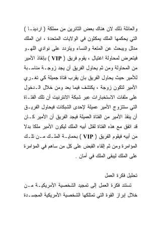 ‫ﻭﺍﻟﻌﺎﺌﻠﺔ ﺫﻟﻙ ﻻﻥ ﻫﻨﺎﻙ ﺒﻌﺽ ﺍﻟﺜﺎﺌﺭﻴﻥ ﻤﻥ ﻤﻤﻠﻜﺔ ) ﺍﺭﺩﻴﻨـﺎ (‬
‫ﺍﻟﺘﻲ ﻴﺤﻜﻤﻬﺎ ﺍﻟﻤﻠﻙ ﻴﻤﻜﺜﻭﻥ ﻓﻲ ﺍﻟﻭﻻﻴﺎﺕ ﺍﻟﻤﺘﺤﺩﺓ ، ﺍﺒﻥ ﺍﻟﻤﻠﻙ‬
‫ﻤﺩﻟل ﻭﻴﺒﺤﺙ ﻋﻥ ﺍﻟﻤﺘﻌﺔ ﻭﺍﻟﻨﺴﺎﺀ ﻭﻴﺘﺭﺩﺩ ﻋﻠﻰ ﻨﻭﺍﺩﻱ ﺍﻟﻠﻬـﻭ‬
‫ﻓﻴﺘﻌﺭﺽ ﻟﻤﺤﺎﻭﻟﺔ ﺍﻏﺘﻴﺎل ، ﻴﻘﻭﻡ ﻓﺭﻴﻕ ) ‪ ( VIP‬ﺒﺈﻨﻘﺎﺫ ﺍﻷﻤﻴﺭ‬
‫ﻤﻥ ﺍﻟﻤﺤﺎﻭﻟﺔ ﻭﻤﻥ ﺜﻡ ﻴﺤﺎﻭل ﺍﻟﻔﺭﻴﻕ ﺃﻥ ﻴﺠﺩ ﺯﻭﺠـﺔ ﻤﻨﺎﺴـﺒﺔ‬
‫ﻟﻸﻤﻴﺭ ﺤﻴﺙ ﻴﺤﺎﻭل ﺍﻟﻔﺭﻴﻕ ﺒﺎﻥ ﻴﻘﺭﺏ ﻓﺘﺎﺓ ﺠﻤﻴﻠﺔ ﻜﻲ ﺘﻐـﺭﻱ‬
‫ﺍﻷﻤﻴﺭ ﻟﺘﻜﻭﻥ ﺯﻭﺠﺔ ، ﻴﻜﺘﺸﻑ ﻓﻴﻤﺎ ﺒﻌﺩ ﻭﻤﻥ ﺨﻼل ﺍﻟـﺩﺨﻭل‬
‫ﻋﻠﻰ ﻤﻠﻔﺎﺕ ﺍﻻﺴﺘﺨﺒﺎﺭﺍﺕ ﻋﺒﺭ ﺸﺒﻜﺔ ﺍﻻﻨﺘﺭﻨﻴﺕ ﺃﻥ ﺘﻠﻙ ﺍﻟﻔﺘـﺎﺓ‬
‫ﺍﻟﺘﻲ ﺴﺘﺘﺯﻭﺝ ﺍﻷﻤﻴﺭ ﻋﻤﻴﻠﺔ ﻹﺤﺩﻯ ﺍﻟﺸﺒﻜﺎﺕ ﻓﻴﺤﺎﻭل ﺍﻟﻔﺭﻴـﻕ‬
‫ﺃﻥ ﻴﻨﻘﺫ ﺍﻷﻤﻴﺭ ﻤﻥ ﺍﻟﻔﺘﺎﺓ ﺍﻟﻌﻤﻴﻠﺔ ﻓﻴﺠﺩ ﺍﻟﻔﺭﻴﻕ ﺃﻥ ﺍﻷﻤﻴﺭ ﻜـﺎﻥ‬
‫ﻗﺩ ﺍﺘﻔﻕ ﻤﻊ ﻫﺫﻩ ﺍﻟﻔﺘﺎﺓ ﻟﻘﺘل ﺃﺒﻴﻪ ﺍﻟﻤﻠﻙ ﻟﻴﻜﻭﻥ ﺍﻷﻤﻴﺭ ﻤﻠﻜﺎ ﺒﺩﻻ‬
‫ﹰ ﹰ‬
‫ﻤﻥ ﺃﺒﻴﻪ ﻓﻴﻘﻭﻡ ﺍﻟﻔﺭﻴﻕ ) ‪ ( VIP‬ﺒﺤﻤﺎﻴـﺔ ﺍﻟﻤﻠـﻙ ﻤـﻥ ﺘﻠـﻙ‬
‫ﺍﻟﻤﺅﺍﻤﺭﺓ ﻭﻤﻥ ﺜﻡ ﺇﻟﻘﺎﺀ ﺍﻟﻘﺒﺽ ﻋﻠﻰ ﻜل ﻤﻥ ﺴﺎﻫﻡ ﻓﻲ ﺍﻟﻤﺅﺍﻤﺭﺓ‬
                          ‫ﻋﻠﻰ ﺍﻟﻤﻠﻙ ﻟﻴﺒﻘﻰ ﺍﻟﻤﻠﻙ ﻓﻲ ﺃﻤﺎﻥ .‬


                                         ‫ﺘﺤﻠﻴل ﻓﻜﺭﺓ ﺍﻟﻌﻤل‬
‫ﺘﺴﺘﻨﺩ ﻓﻜﺭﺓ ﺍﻟﻌﻤل ﺇﻟﻰ ﺘﻤﺠﻴﺩ ﺍﻟﺸﺨﺼﻴﺔ ﺍﻷﻤﺭﻴﻜﻴـﺔ ﻤـﻥ‬
‫ﺨﻼل ﺇﺒﺭﺍﺯ ﺍﻟﻘﻭﺓ ﺍﻟﺘﻲ ﺘﻤﺘﻠﻜﻬﺎ ﺍﻟﺸﺨﺼﻴﺔ ﺍﻷﻤﺭﻴﻜﻴﺔ ﺍﻟﻤﺠﺴـﺩﺓ‬
 