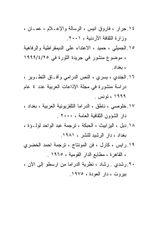 ‫٤١. ﺠﺭﺍﺭ ، ﻓﺎﺭﻭﻕ ﺍﻨﻴﺱ ، ﺍﻟﺭﺴﺎﻟﺔ ﻭﺍﻹﻋـﻼﻡ ، ﻋﻤـﺎﻥ ،‬
                     ‫ﻭﺯﺍﺭﺓ ﺍﻟﺜﻘﺎﻓﺔ ﺍﻷﺭﺩﻨﻴﺔ ، ١٠٠٢.‬
‫٥١. ﺍﻟﺠﻤﻴﻠﻲ ، ﺤﻤﻴﺩ ، ﺍﻻﻋﺘﺩﺍﺀ ﻋﻠﻰ ﺍﻟﺩﻴﻤﻘﺭﺍﻁﻴﺔ ﻭﺍﻟﺭﻓﺎﻫﻴﺔ‬
‫، ﻤﻭﻀﻭﻉ ﻤﻨﺸﻭﺭ ﻓﻲ ﺠﺭﻴﺩﺓ ﺍﻟﺜﻭﺭﺓ ﻓﻲ ٥٢/٤/٩٩٩١‬
                                            ‫، ﺒﻐﺩﺍﺩ.‬
‫٦١. ﺍﻟﺠﻨﺩﻱ ، ﻴﺴﺭﻱ ، ﺍﻟﻨﺹ ﺍﻟﺩﺭﺍﻤﻲ ﻭﺁﻓـﺎﻕ ﺍﻟﺘﻁـﻭﻴﺭ ،‬
‫ﺩﺭﺍﺴﺔ ﻤﻨﺸﻭﺭﺓ ﻓﻲ ﻤﺠﻠﺔ ﺍﻹﺫﺍﻋﺎﺕ ﺍﻟﻌﺭﺒﻴﺔ ﻋﺩﺩ ٤ ﻋﺎﻡ‬
                                   ‫٩٩٩١ ، ﺘﻭﻨﺱ .‬
‫٧١. ﺨﻠﻭﺼﻲ ، ﻨﺎﻁﻕ ، ﺍﻟﺩﺭﺍﻤﺎ ﺍﻟﺘﻠﻔﺯﻴﻭﻨﻴﺔ ﺍﻟﻌﺭﺒﻴﺔ ، ﺒﻐﺩﺍﺩ ،‬
                ‫ﺩﺍﺭ ﺍﻟﺸﺅﻭﻥ ﺍﻟﺜﻘﺎﻓﻴﺔ ﺍﻟﻌﺎﻤﺔ ، ٠٠٠٢ .‬
‫٨١. ﺩﺒل ، ﺍﻟﻴﺯﺍﺒﻴﺙ ، ﺍﻟﺤﺒﻜﺔ ، ﺘﺭﺠﻤﺔ ﻋﺒﺩ ﺍﻟﻭﺍﺤﺩ ﻟﺅﻟـﺅﺓ ،‬
                  ‫ﺒﻐﺩﺍﺩ ، ﺩﺍﺭ ﺍﻟﺭﺸﻴﺩ ﻟﻠﻨﺸﺭ ، ١٨٩١.‬
‫٩١. ﺭﺍﻴﺱ ، ﻜﺎﺭل ، ﻓﻥ ﺍﻟﻤﻭﻨﺘﺎﺝ ، ﺘﺭﺠﻤﺔ ﺍﺤﻤﺩ ﺍﻟﺨﻀﺭﻱ‬
           ‫، ﺍﻟﻘﺎﻫﺭﺓ ، ﻤﻁﺎﺒﻊ ﺍﻟﺩﺍﺭ ﺍﻟﻘﻭﻤﻴﺔ ، ٥٦٩١ .‬
‫٠٢. ﺭﺸﺩﻱ . ﺭﺸﺎﺩ ، ﻨﻅﺭﻴﺔ ﺍﻟﺩﺭﺍﻤﺎ ﻤﻥ ﺍﺭﺴﻁﻭ ﺇﻟﻰ ﺍﻵﻥ ،‬
                       ‫ﺒﻴﺭﻭﺕ ، ﺩﺍﺭ ﺍﻟﻌﻭﺩﺓ ، ٥٧٩١.‬
 