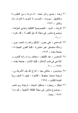 ‫١٢. ﺭﻀﺎ ، ﺤﺴﻴﻥ ﺭﺍﻤﺯ ﻤﺤﻤﺩ ، ﺍﻟـﺩﺭﺍﻤﺎ ﺒـﻴﻥ ﺍﻟﻨﻅﺭﻴـﺔ‬
‫ﻭﺍﻟﺘﻁﺒﻴﻕ ، ﺒﻴﺭﻭﺕ ، ﺍﻟﻤﺅﺴﺴـﺔ ﺍﻟﻌﺭﺒﻴـﺔ ﻟﻠﺩﺭﺍﺴـﺎﺕ‬
                                ‫ﻭﺍﻟﻨﺸﺭ ، ٢٧٩١ .‬
‫٢٢. ﺍﻟﺯﻴﺎﺕ ، ﺍﻟﺴﻴﺩ ، ﺍﻟﺨﺼﻭﺼﻴﺔ ﺍﻟﺜﻘﺎﻓﻴﺔ ﻭﺘﺤﺩﻱ ﺍﻟﻌﻭﻟﻤﺔ ،‬
‫ﻤﻭﻀﻭﻉ ﻤﻨﺸﻭﺭ ﻓﻲ ﻤﺠﻠﺔ ﺁﻓـﺎﻕ ﺜﻘﺎﻓﻴـﺔ ، ﺍﻟﻘـﺎﻫﺭﺓ ،‬
                                         ‫٠٠٠٢ .‬
‫٣٢. ﺍﻟﺴﺎﻋﺩﻱ ، ﻋﻠﻲ ﺤﻨﻭﻥ ، ﺍﻟﺸﻜل ﻭﺇﻏﻨـﺎﺀ ﺍﻟﻤﻀـﻤﻭﻥ ،‬
‫ﺭﺴﺎﻟﺔ ﻤﺎﺠﺴﺘﻴﺭ ﻏﻴﺭ ﻤﻨﺸﻭﺭﺓ ، ﻜﻠﻴﺔ ﺍﻟﻔﻨﻭﻥ ﺍﻟﺠﻤﻴﻠـﺔ ،‬
                             ‫ﺠﺎﻤﻌﺔ ﺒﻐﺩﺍﺩ ، ٩٨٩١.‬
‫٤٢. ﺍﻟﺴﻌﺩﻭﻥ ، ﻋﺒﺩ ﺍﻟﻠﻁﻴﻑ ، ﻤﺤﺎﻀـﺭﺓ ﻤـﺎﺩﺓ ﺍﻟﺘﺤﺭﻴـﺭ‬
‫ﺍﻹﺫﺍﻋﻲ ﻓﻲ ﻗﺴﻡ ﺍﻹﻋﻼﻡ ، ﻜﻠﻴﺔ ﺍﻵﺩﺍﺏ ، ﺠﺎﻤﻌﺔ ﺒﻐﺩﺍﺩ ،‬
                                  ‫٩٩٩١-٠٠٠٢ .‬
‫٥٢. ﺴﻭﻟﻭﻤﻭﻥ ، ﺴﺘﺎﻨﻠﻲ ﺠﻴﻪ ، ﺃﻨﻭﺍﻉ ﺍﻟﻔـﻴﻠﻡ ﺍﻷﻤﺭﻴﻜـﻲ ،‬
‫ﺘﺭﺠﻤﺔ ﻤﺩﺤﺕ ﻤﺤﻔﻭﻅ ، ﺍﻟﻘﺎﻫﺭﺓ ، ﺍﻟﻬﻴﺌـﺔ ﺍﻟﻤﺼـﺭﻴﺔ‬
                           ‫ﺍﻟﻌﺎﻤﺔ ﻟﻠﻜﺘﺎﺏ ، ٥٩٩١ .‬
‫٦٢. ﺸﻴﻜل ، ﺭﻴﺠﺎﺭﺩ ، ﻤﺴﺘﻘﺒل ﺍﻟﺴﻴﻨﻤﺎ ، ﺘﺭﺠﻤﺔ ﺭﻴﻡ ﻨﺎﺼﺭ‬
‫، ﻤﻭﻀﻭﻉ ﻤﻨﺸﻭﺭ ﻓﻲ ﻤﺠﻠﺔ ﺍﻟﺜﻘﺎﻓﺔ ﺍﻷﺠﻨﺒﻴﺔ ، ﺍﻟﻌـﺩﺩ١‬
                                   ‫٦٨٩١ ، ﺒﻐﺩﺍﺩ.‬
 