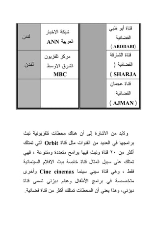 ‫ﻗﻨﺎﺓ ﺃﺒﻭ ﻅﺒﻲ‬
           ‫ﺸﺒﻜﺔ ﺍﻻﺨﺒﺎﺭ‬
‫ﻟﻨﺩﻥ‬                                          ‫ﺍﻟﻔﻀﺎﺌﻴﺔ‬
            ‫ﺍﻟﻌﺭﺒﻴﺔ ‪ANN‬‬
                                           ‫)‪( ABODABI‬‬

          ‫ﻤﺭﻜﺯ ﺘﻠﻔﺯﻴﻭﻥ‬                     ‫ﻗﻨﺎﺓ ﺍﻟﺸﺎﺭﻗﺔ‬
 ‫ﻟﻨﺩﻥ‬       ‫ﺍﻟﺸﺭﻕ ﺍﻻﻭﺴﻁ‬                      ‫ﺍﻟﻔﻀﺎﺌﻴﺔ )‬
              ‫‪MBC‬‬                          ‫‪( SHARJA‬‬
                                           ‫ﻗﻨﺎﺓ ﻋﺠﻤﺎﻥ‬
                                              ‫ﺍﻟﻔﻀﺎﺌﻴﺔ‬
                                           ‫) ‪( AJMAN‬‬




‫ﻭﻻﺒﺩ ﻤﻥ ﺍﻻﺸﺎﺭﺓ ﺇﻟﻰ ﺃﻥ ﻫﻨﺎﻙ ﻤﺤﻁﺎﺕ ﺘﻠﻔﺯﻴﻭﻨﻴﺔ ﺘﺒﺙ‬
‫ﺒﺭﺍﻤﺠﻬﺎ ﻓﻲ ﺍﻟﻌﺩﻴﺩ ﻤﻥ ﺍﻟﻘﻨﻭﺍﺕ ﻤﺜل ﻗﻨﺎﺓ ‪ Orbit‬ﺍﻟﺘﻲ ﺘﻤﺘﻠﻙ‬
‫ﺃﻜﺜﺭ ﻤﻥ ٠٢ ﻗﻨﺎﺓ ﻭﺘﺒﺙ ﻓﻴﻬﺎ ﺒﺭﺍﻤﺞ ﻤﺘﻌﺩﺩﺓ ﻭﻤﺘﻨﻭﻋﺔ ، ﻓﻬﻲ‬
‫ﺘﻤﺘﻠﻙ ﻋﻠﻰ ﺴﺒﻴل ﺍﻟﻤﺜﺎل ﻗﻨﺎﺓ ﺨﺎﺼﺔ ﺒﺒﺙ ﺍﻻﻓﻼﻡ ﺍﻟﺴﻴﻨﻤﺎﺌﻴﺔ‬
‫ﻓﻘﻁ ، ﻭﻫﻲ ﻗﻨﺎﺓ ﺴﻴﻨﻲ ﺴﻴﻨﻤﺎ ‪ Cine cinemas‬ﻭﺃﺨﺭﻯ‬
‫ﻤﺘﺨﺼﺼﺔ ﻓﻲ ﺒﺭﺍﻤﺞ ﺍﻷﻁﻔﺎل ﻭﻋﺎﻟﻡ ﺩﻴﺯﻨﻲ ﺘﺴﻤﻰ ﻗﻨﺎﺓ‬
 ‫ﺩﻴﺯﻨﻲ، ﻭﻫﺫﺍ ﻴﻌﻨﻲ ﺃﻥ ﺍﻟﻤﺤﻁﺎﺕ ﺘﻤﺘﻠﻙ ﺃﻜﺜﺭ ﻤﻥ ﻗﻨﺎﺓ ﻓﻀﺎﺌﻴﺔ.‬
 