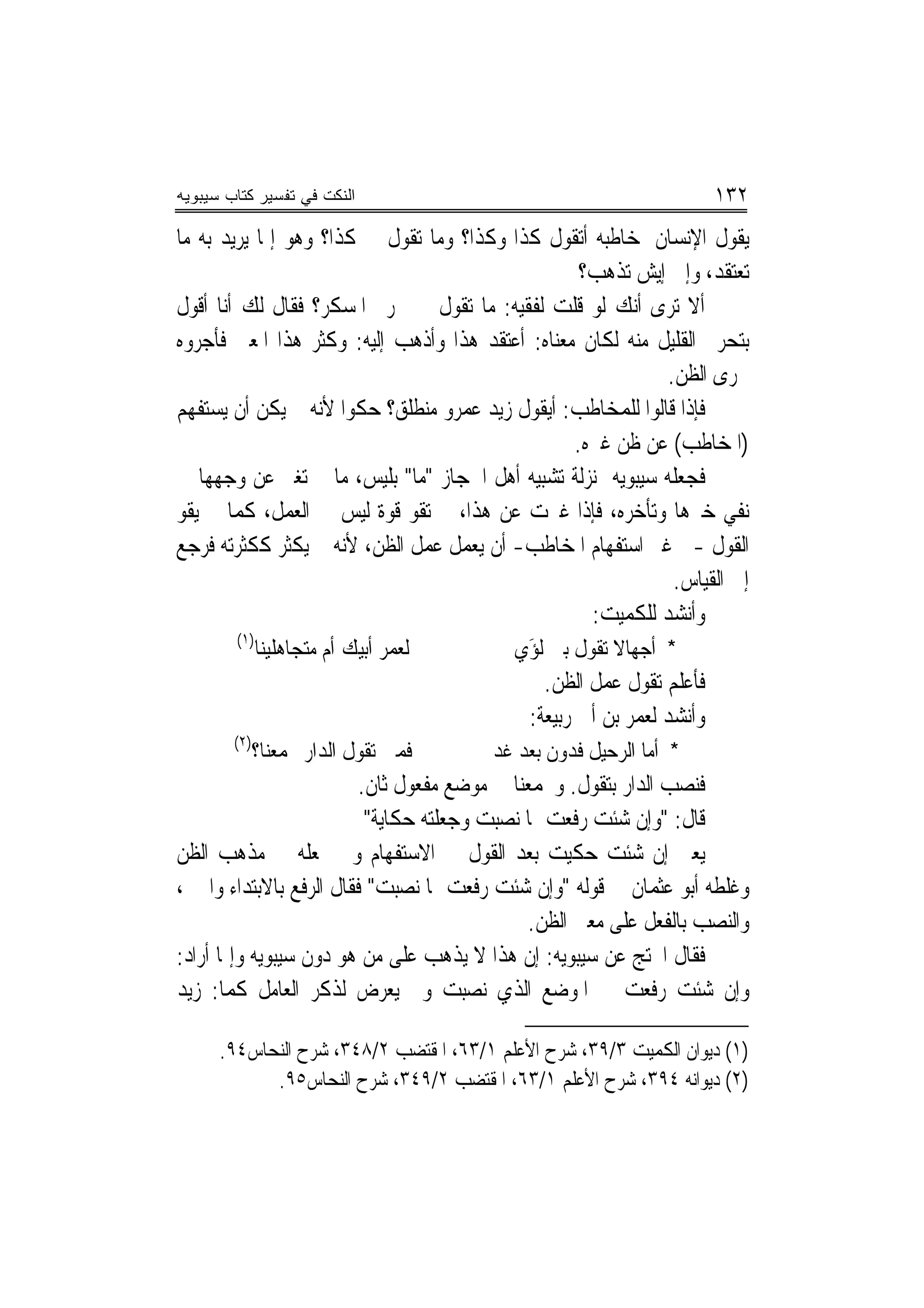 ‫ﺍﻟﻨﻜﺕ ﻓﻲ ﺘﻔﺴﻴﺭ ﻜﺘﺎﺏ ﺴﻴﺒﻭﻴﻪ‬                                             ‫٢٣١‬
‫ﻳﻘﻮﻝ ﺍﻹﻧﺴﺎﻥ ﳌﺨﺎﻃﺒﻪ ﺃﺗﻘﻮﻝ ﻛﺬﺍ ﻭﻛﺬﺍ؟ ﻭﻣﺎ ﺗﻘﻮﻝ ﰲ ﻛﺬﺍ؟ ﻭﻫﻮ ﺇﳕﺎ ﻳﺮﻳﺪ ﺑﻪ ﻣﺎ‬
                                                  ‫ﺗﻌﺘﻘﺪ، ﻭﺇﱃ ﺇﻳﺶ ﺗﺬﻫﺐ؟‬
‫ﺃﻻ ﺗﺮﻯ ﺃﻧﻚ ﻟﻮ ﻗﻠﺖ ﻟﻔﻘﻴﻪ: ﻣﺎ ﺗﻘﻮﻝ ﰲ ﲢﺮﱘ ﺍﳌﺴﻜﺮ؟ ﻓﻘﺎﻝ ﻟﻚ ﺃﻧﺎ ﺃﻗﻮﻝ‬
‫ﺑﺘﺤﺮﱘ ﺍﻟﻘﻠﻴﻞ ﻣﻨﻪ ﻟﻜﺎﻥ ﻣﻌﻨﺎﻩ: ﺃﻋﺘﻘﺪ ﻫﺬﺍ ﻭﺃﺫﻫﺐ ﺇﻟﻴﻪ: ﻭﻛﺜﺮ ﻫﺬﺍ ﺍﳌﻌﲎ ﻓﺄﺟﺮﻭﻩ‬
                                                             ‫ﳎﺮﻯ ﺍﻟﻈﻦ.‬
‫ﻓﺈﺫﺍ ﻗﺎﻟﻮﺍ ﻟﻠﻤﺨﺎﻃﺐ: ﺃﻳﻘﻮﻝ ﺯﻳﺪ ﻋﻤﺮﻭ ﻣﻨﻄﻠﻖ؟ ﺣﻜﻮﺍ ﻷﻧﻪ ﱂ ﻳﻜﻦ ﺃﻥ ﻳﺴﺘﻔﻬﻢ‬
                                                 ‫)ﺍﳌﺨﺎﻃﺐ( ﻋﻦ ﻇﻦ ﻏﲑﻩ.‬
‫ﻓﺠﻌﻠﻪ ﺳﻴﺒﻮﻳﻪ ﲟﻨ‪‬ﺰﻟﺔ ﺗﺸﺒﻴﻪ ﺃﻫﻞ ﺍﳊﺠﺎﺯ "ﻣﺎ" ﺑﻠﻴﺲ، ﻣﺎ ﱂ ﺗﻐﲑ ﻋﻦ ﻭﺟﻬﻬﺎ ﰲ‬
‫ﻧﻔﻲ ﺧﱪﻫﺎ ﻭﺗﺄﺧﺮﻩ، ﻓﺈﺫﺍ ﻏﲑﺕ ﻋﻦ ﻫﺬﺍ، ﱂ ﺗﻘﻮ ﻗﻮﺓ ﻟﻴﺲ ﰲ ﺍﻟﻌﻤﻞ، ﻛﻤﺎ ﱂ ﻳﻘﻮ‬
‫ﺍﻟﻘﻮﻝ -ﰲ ﻏﲑ ﺍﺳﺘﻔﻬﺎﻡ ﺍﳌﺨﺎﻃﺐ- ﺃﻥ ﻳﻌﻤﻞ ﻋﻤﻞ ﺍﻟﻈﻦ، ﻷﻧﻪ ﱂ ﻳﻜﺜﺮ ﻛﻜﺜﺮﺗﻪ ﻓﺮﺟﻊ‬
                                                              ‫ﺇﱃ ﺍﻟﻘﻴﺎﺱ.‬
                                                   ‫ﻭﺃﻧﺸﺪ ﻟﻠﻜﻤﻴﺖ:‬
        ‫)١(‬
              ‫ﻟﻌﻤﺮ ﺃﹶﺑﻴﻚ ﺃﹶﻡ ﻣﺘﺠﺎﻫﻠﻴﻨﺎ‬     ‫* ﺃﹶﺟﻬﺎﻻ ﺗﻘﻮﻝ ﺑﲏ ﻟﺆَﻱ‬
                                               ‫ﻓﺄﻋﻠﻢ ﺗﻘﻮﻝ ﻋﻤﻞ ﺍﻟﻈﻦ.‬
                                             ‫ﻭﺃﻧﺸﺪ ﻟﻌﻤﺮ ﺑﻦ ﺃﰊ ﺭﺑﻴﻌﺔ:‬
        ‫)٢(‬
              ‫ﻓﻤﱴ ﺗﻘﻮﻝ ﺍﻟﺪﺍﺭ ﲡﻤﻌﻨﺎ؟‬      ‫* ﺃﻣﺎ ﺍﻟﺮﺣﻴﻞ ﻓﺪﻭﻥ ﺑﻌﺪ ﻏﺪ‬
                         ‫ﻓﻨﺼﺐ ﺍﻟﺪﺍﺭ ﺑﺘﻘﻮﻝ. ﻭﲡﻤﻌﻨﺎ ﰲ ﻣﻮﺿﻊ ﻣﻔﻌﻮﻝ ﺛﺎﻥ.‬
                          ‫ﻗﺎﻝ: "ﻭﺇﻥ ﺷﺌﹾﺖ ﺭﻓﻌﺖ ﲟﺎ ﻧﺼﺒﺖ ﻭﺟﻌﻠﺘﻪ ﺣﻜﺎﻳﺔ"‬
‫ﻳﻌﲏ ﺇﻥ ﺷﺌﺖ ﺣﻜﻴﺖ ﺑﻌﺪ ﺍﻟﻘﻮﻝ ﰲ ﺍﻻﺳﺘﻔﻬﺎﻡ ﻭﱂ ﲡﻌﻠﻪ ﰲ ﻣﺬﻫﺐ ﺍﻟﻈﻦ‬
‫ﻭﻏﻠﻄﻪ ﺃﺑﻮ ﻋﺜﻤﺎﻥ ﰲ ﻗﻮﻟﻪ "ﻭﺇﻥ ﺷﺌﺖ ﺭﻓﻌﺖ ﲟﺎ ﻧﺼﺒﺖ" ﻓﻘﺎﻝ ﺍﻟﺮﻓﻊ ﺑﺎﻻﺑﺘﺪﺍﺀ ﻭﺍﳋﱪ،‬
                                             ‫ﻭﺍﻟﻨﺼﺐ ﺑﺎﻟﻔﻌﻞ ﻋﻠﻰ ﻣﻌﲎ ﺍﻟﻈﻦ.‬
‫ﻓﻘﺎﻝ ﺍﶈﺘﺞ ﻋﻦ ﺳﻴﺒﻮﻳﻪ: ﺇﻥ ﻫﺬﺍ ﻻ ﻳﺬﻫﺐ ﻋﻠﻰ ﻣﻦ ﻫﻮ ﺩﻭﻥ ﺳﻴﺒﻮﻳﻪ ﻭﺇﳕﺎ ﺃﺭﺍﺩ:‬
‫ﻭﺇﻥ ﺷﺌﺖ ﺭﻓﻌﺖ ﰲ ﺍﳌﻮﺿﻊ ﺍﻟﺬﻱ ﻧﺼﺒﺖ ﻭﱂ ﻳﻌﺮﺽ ﻟﺬﻛﺮ ﺍﻟﻌﺎﻣﻞ ﻛﻤﺎ: ﺯﻳﺪ‬

      ‫)١( ﺩﻳﻮﺍﻥ ﺍﻟﻜﻤﻴﺖ ٣/٩٣، ﺷﺮﺡ ﺍﻷﻋﻠﻢ ١/٣٦، ﺍﳌﻘﺘﻀﺐ ٢/٨٤٣، ﺷﺮﺡ ﺍﻟﻨﺤﺎﺱ٤٩.‬
            ‫)٢( ﺩﻳﻮﺍﻧﻪ ٤٩٣، ﺷﺮﺡ ﺍﻷﻋﻠﻢ ١/٣٦، ﺍﳌﻘﺘﻀﺐ ٢/٩٤٣، ﺷﺮﺡ ﺍﻟﻨﺤﺎﺱ٥٩.‬
 