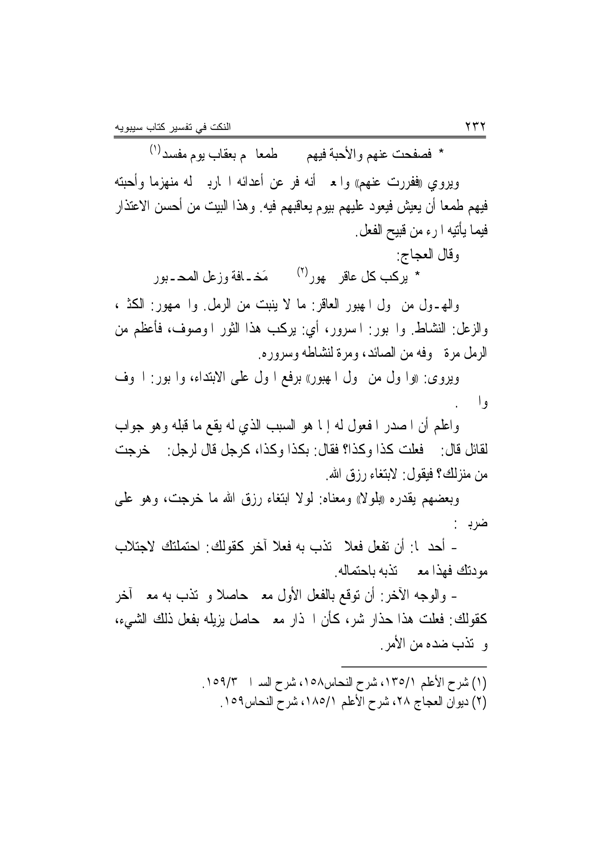 ‫ﺍﻟﻨﻜﺕ ﻓﻲ ﺘﻔﺴﻴﺭ ﻜﺘﺎﺏ ﺴﻴﺒﻭﻴﻪ‬                                               ‫٢٣٢‬
       ‫)١(‬
          ‫ﻃﻤﻌﺎ ﳍﻢ ﺑﻌﻘﺎﺏ ﻳﻮﻡ ﻣﻔﺴﺪ‬
                             ‫‪‬‬          ‫* ﻓﺼﻔﺤﺖ ﻋﻨﻬﻢ ﻭﺍﻷﺣﺒﺔ ﻓﻴﻬﻢ‬
‫ﻭﻳﺮﻭﻱ ))ﻓﻔﺮﺭﺕ ﻋﻨﻬﻢ(( ﻭﺍﳌﻌﲎ ﺃﻧﻪ ﻓﺮ ﻋﻦ ﺃﻋﺪﺍﺋﻪ ﺍﶈﺎﺭﺑﲔ ﻟﻪ ﻣﻨﻬﺰﻣﺎ ﻭﺃﺣﺒﺘﻪ‬
        ‫‪‬‬
‫ﻓﻴﻬﻢ ﻃﻤﻌﺎ ﺃﻥ ﻳﻌﻴﺶ ﻓﻴﻌﻮﺩ ﻋﻠﻴﻬﻢ ﺑﻴﻮﻡ ﻳﻌﺎﻗﺒﻬﻢ ﻓﻴﻪ. ﻭﻫﺬﺍ ﺍﻟﺒﻴﺖ ﻣﻦ ﺃﺣﺴﻦ ﺍﻻﻋﺘﺬﺍﺭ‬
                                                ‫ﻓﻴﻤﺎ ﻳﺄﺗﻴﻪ ﺍﳌﺮﺀ ﻣﻦ ﻗﺒﻴﺢ ﺍﻟﻔﻌﻞ.‬
                                                         ‫ﻭﻗﺎﻝ ﺍﻟﻌﺠﺎﺝ:‬
                                      ‫)٢(‬
        ‫ﻣﺨـﺎﻓﺔ ﻭﺯﻋﻞ ﺍﹾﻟﻤﺤـﺒﻮﺭ‬
                            ‫َ‬               ‫* ﻳﺮﻛﺐ ﻛﻞ ﻋﺎﻗﺮ ﲨﻬﻮﺭ‬
‫ﻭﺍﹾﻟﻬـﻮﻝ ﻣﻦ ‪‬ﻮﻝ ﺍﳌﻬﺒﻮﺭ ﺍﻟﻌﺎﻗﺮ: ﻣﺎ ﻻ ﻳﻨﺒﺖ ﻣﻦ ﺍﻟﺮﻣﻞ. ﻭﺍﳉﻤﻬﻮﺭ: ﺍﻟﻜﺜﲑ،‬
‫ﻭﺍﻟﺰﻋﻞ: ﺍﻟﻨﺸﺎﻁ. ﻭﺍﶈﺒﻮﺭ: ﺍﳌﺴﺮﻭﺭ، ﺃﻱ: ﻳﺮﻛﺐ ﻫﺬﺍ ﺍﻟﺜﻮﺭ ﺍﳌﻮﺻﻮﻑ، ﻓﺄﻋﻈﻢ ﻣﻦ‬
                           ‫ﺍﻟﺮﻣﻞ ﻣﺮﺓ ﳋﻮﻓﻪ ﻣﻦ ﺍﻟﺼﺎﺋﺪ، ﻭﻣﺮﺓ ﻟﻨﺸﺎﻃﻪ ﻭﺳﺮﻭﺭﻩ.‬
‫ﻭﻳﺮﻭﻯ: ))ﻭﺍﳍﻮﻝ ﻣﻦ ‪‬ﻮﻝ ﺍﳌﻬﺒﻮﺭ(( ﺑﺮﻓﻊ ﺍﳍﻮﻝ ﻋﻠﻰ ﺍﻻﺑﺘﺪﺍﺀ، ﻭﺍﳍﺒﻮﺭ: ﺍﳋﻮﻑ‬
                                                       ‫ﹸ‬
                                                                    ‫ﻭﺍﳉﱭ.‬
‫ﻭﺍﻋﻠﻢ ﺃﻥ ﺍﳌﺼﺪﺭ ﺍﳌﻔﻌﻮﻝ ﻟﻪ ﺇﳕﺎ ﻫﻮ ﺍﻟﺴﺒﺐ ﺍﻟﺬﻱ ﻟﻪ ﻳﻘﻊ ﻣﺎ ﻗﺒﻠﻪ ﻭﻫﻮ ﺟﻮﺍﺏ‬
‫ﻟﻘﺎﺋﻞ ﻗﺎﻝ: ﱂ ﻓﻌﻠﺖ ﻛﺬﺍ ﻭﻛﺬﺍ؟ ﻓﻘﺎﻝ: ﺑﻜﺬﺍ ﻭﻛﺬﺍ، ﻛﺮﺟﻞ ﻗﺎﻝ ﻟﺮﺟﻞ: ﱂ ﺧﺮﺟﺖ‬
                                         ‫ﻣﻦ ﻣ‪‬ﻨﺰﻟﻚ؟ ﻓﻴﻘﻮﻝ: ﻻﺑﺘﻐﺎﺀ ﺭﺯﻕ ﺍﷲ.‬
‫ﻭﺑﻌﻀﻬﻢ ﻳﻘﺪﺭﻩ ))ﺑﻠﻮﻻ(( ﻭﻣﻌﻨﺎﻩ: ﻟﻮﻻ ﺍﺑﺘﻐﺎﺀ ﺭﺯﻕ ﺍﷲ ﻣﺎ ﺧﺮﺟﺖ، ﻭﻫﻮ ﻋﻠﻰ‬
                                                                   ‫ﺿﺮﺑﲔ:‬
‫- ﺃﺣﺪﳘﺎ: ﺃﻥ ﺗﻔﻌﻞ ﻓﻌﻼ ﲡﺘﺬﺏ ﺑﻪ ﻓﻌﻼ ﺁﺧﺮ ﻛﻘﻮﻟﻚ: ﺍﺣﺘﻤﻠﺘﻚ ﻻﺟﺘﻼﺏ‬
                              ‫ﹰ‬              ‫ﹰ‬
                                           ‫ﻣﻮﺩﺗﻚ ﻓﻬﺬﺍ ﻣﻌﲎ ﳚﺘﺬﺑﻪ ﺑﺎﺣﺘﻤﺎﻟﻪ.‬
‫- ﻭﺍﻟﻮﺟﻪ ﺍﻵﺧﺮ: ﺃﻥ ﺗﻮﻗﻊ ﺑﺎﻟﻔﻌﻞ ﺍﻷﻭﻝ ﻣﻌﲎ ﺣﺎﺻﻼ ﻭﲡﺘﺬﺏ ﺑﻪ ﻣﻌﲎ ﺁﺧﺮ‬
                   ‫ﹰ‬
‫ﻛﻘﻮﻟﻚ: ﻓﻌﻠﺖ ﻫﺬﺍ ﺣﺬﺍﺭ ﺷﺮ، ﻛﺄﻥ ﺍﳊﺬﺍﺭ ﻣﻌﲎ ﺣﺎﺻﻞ ﻳﺰﻳﻠﻪ ﺑﻔﻌﻞ ﺫﻟﻚ ﺍﻟﺸﻲﺀ،‬
                                                     ‫ﻭﳚﺘﺬﺏ ﺿﺪﻩ ﻣﻦ ﺍﻷﻣﺮ.‬

                   ‫)١( ﺷﺮﺡ ﺍﻷﻋﻠﻢ ١/٥٣١، ﺷﺮﺡ ﺍﻟﻨﺤﺎﺱ٨٥١، ﺷﺮﺡ ﺍﻟﺴﲑﺍﰲ ٣/٩٥١.‬
                      ‫)٢( ﺩﻳﻮﺍﻥ ﺍﻟﻌﺠﺎﺝ ٨٢، ﺷﺮﺡ ﺍﻷﻋﻠﻢ ١/٥٨١، ﺷﺮﺡ ﺍﻟﻨﺤﺎﺱ٩٥١.‬
 