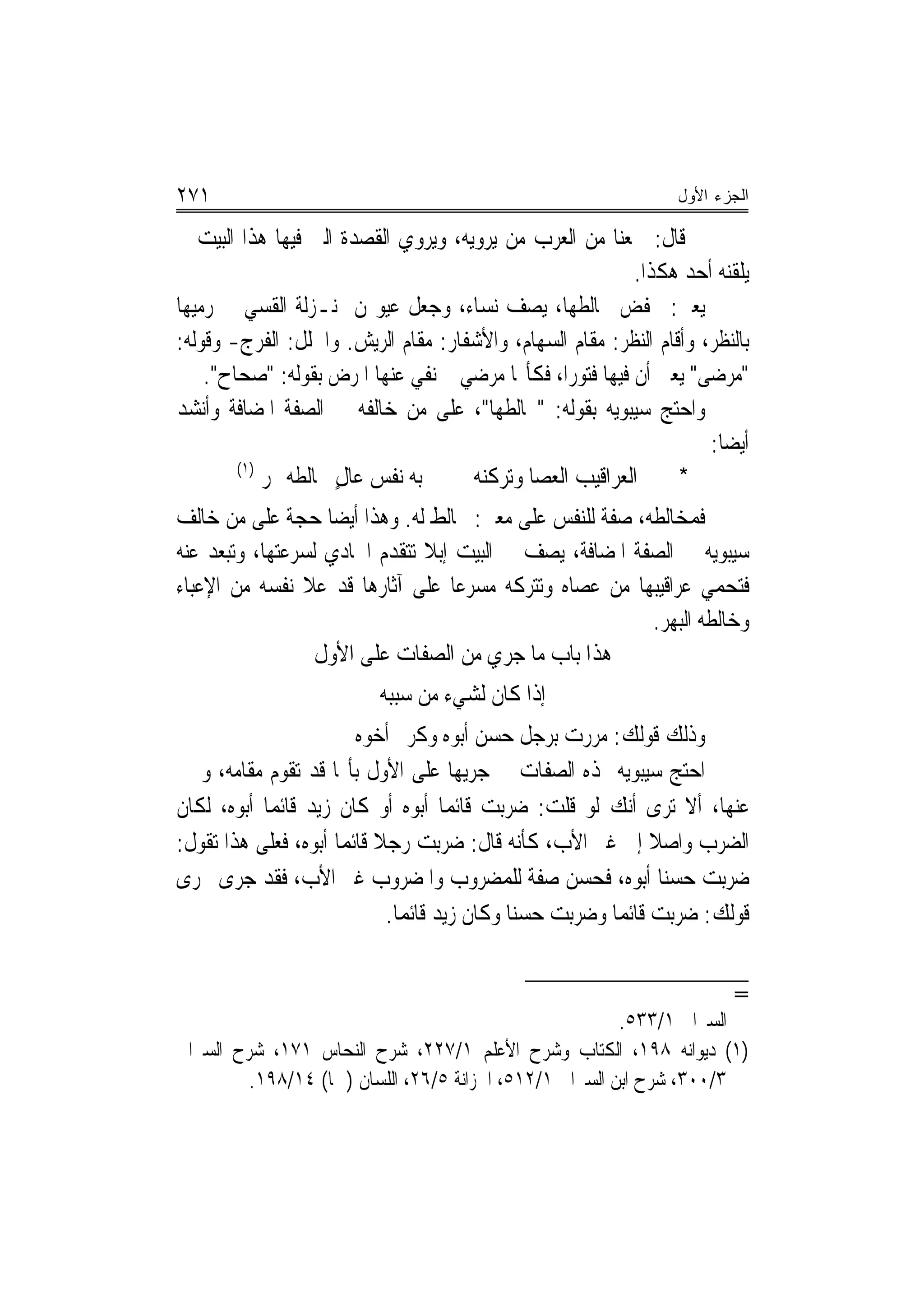 ‫١٧٢‬                                                               ‫ﺍﻟﺠﺯﺀ ﺍﻷﻭل‬

‫ﰒ ﻗﺎﻝ: ﲰﻌﻨﺎ ﻣﻦ ﺍﻟﻌﺮﺏ ﻣﻦ ﻳﺮﻭﻳﻪ، ﻭﻳﺮﻭﻱ ﺍﻟﻘﺼﺪﺓ ﺍﻟﱵ ﻓﻴﻬﺎ ﻫﺬﺍ ﺍﻟﺒﻴﺖ ﱂ‬
                                                           ‫ﻳﻠﻘﻨﻪ ﺃﺣﺪ ﻫﻜﺬﺍ.‬
‫ﻳﻌﲏ: ﲞﻔﺾ ﳐﺎﻟﻄﻬﺎ، ﻳﺼﻒ ﻧﺴﺎﺀ، ﻭﺟﻌﻞ ﻋﻴﻮ‪‬ﻦ ﲟﻨـﺰﻟﺔ ﺍﻟﻘﺴﻲ ﰲ ﺭﻣﻴﻬﺎ‬
‫ﺑﺎﻟﻨﻈﺮ، ﻭﺃﻗﺎﻡ ﺍﻟﻨﻈﺮ: ﻣﻘﺎﻡ ﺍﻟﺴﻬﺎﻡ، ﻭﺍﻷﺷﻔﺎﺭ: ﻣﻘﺎﻡ ﺍﻟﺮﻳﺶ. ﻭﺍﳋﻠﻞ: ﺍﻟﻔﺮﺝ- ﻭﻗﻮﻟﻪ:‬
    ‫"ﻣﺮﺿﻰ" ﻳﻌﲏ ﺃﻥ ﻓﻴﻬﺎ ﻓﺘﻮﺭ‪‬ﺍ، ﻓﻜﺄ‪‬ﺎ ﻣﺮﺿﻲ ﰒ ﻧﻔﻲ ﻋﻨﻬﺎ ﺍﳌﺮﺽ ﺑﻘﻮﻟﻪ: "ﺻﺤﺎﺡ".‬
‫ﻭﺍﺣﺘﺞ ﺳﻴﺒﻮﻳﻪ ﺑﻘﻮﻟﻪ: "ﳐﺎﻟﻄﻬﺎ"، ﻋﻠﻰ ﻣﻦ ﺧﺎﻟﻔﻪ ﰲ ﺍﻟﺼﻔﺔ ﺍﳌﻀﺎﻓﺔ ﻭﺃﻧﺸﺪ‬
                                                                     ‫ﺃﻳﻀ‪‬ﺎ:‬
        ‫)١(‬
            ‫ﺑﻪ ﻧﻔﺲ ﻋﺎﻝ ﳐﺎﻟﻄﻪ ‪‬ﺮ‬
            ‫‪‬‬        ‫ٍ‬               ‫* ﲪﲔ ﺍﻟﻌﺮﺍﻗﻴﺐ ﺍﻟﻌﺼﺎ ﻭﺗﺮﻛﻨﻪ‬
                                     ‫‪‬‬
‫ﻓﻤﺨﺎﻟﻄﻪ، ﺻﻔﺔ ﻟﻠﻨﻔﺲ ﻋﻠﻰ ﻣﻌﲎ: ﳐﺎﻟﻂ ﻟﻪ. ﻭﻫﺬﺍ ﺃﻳﻀ‪‬ﺎ ﺣﺠﺔ ﻋﻠﻰ ﻣﻦ ﺧﺎﻟﻒ‬
‫ﺳﻴﺒﻮﻳﻪ ﰲ ﺍﻟﺼﻔﺔ ﺍﳌﻀﺎﻓﺔ، ﻳﺼﻒ ﰲ ﺍﻟﺒﻴﺖ ﺇﺑﻼ ﺗﺘﻘﺪﻡ ﺍﳊﺎﺩﻱ ﻟﺴﺮﻋﺘﻬﺎ، ﻭﺗﺒﻌﺪ ﻋﻨﻪ‬
                               ‫ﹰ‬
‫ﻓﺘﺤﻤﻲ ﻋﺮﺍﻗﻴﺒﻬﺎ ﻣﻦ ﻋﺼﺎﻩ ﻭﺗﺘﺮﻛﻪ ﻣﺴﺮﻋ‪‬ﺎ ﻋﻠﻰ ﺁﺛﺎﺭﻫﺎ ﻗﺪ ﻋﻼ ﻧﻔﺴﻪ ﻣﻦ ﺍﻹﻋﺒﺎﺀ‬
                                                         ‫ﻭﺧﺎﻟﻄﻪ ﺍﻟﺒﻬﺮ.‬
                  ‫ﻫﺬﺍ ﺑﺎﺏ ﻣﺎ ﺟﺮﻱ ﻣﻦ ﺍﻟﺼﻔﺎﺕ ﻋﻠﻰ ﺍﻷﻭﻝ‬
                           ‫ﺇﺫﺍ ﻛﺎﻥ ﻟﺸﻲﺀ ﻣﻦ ﺳﺒﺒﻪ‬
                         ‫ﻭﺫﻟﻚ ﻗﻮﻟﻚ: ﻣﺮﺭﺕ ﺑﺮﺟﻞ ﺣﺴﻦ ﺃﺑﻮﻩ ﻭﻛﺮﱘ ﺃﺧﻮﻩ‬
‫ﺍﺣﺘﺞ ﺳﻴﺒﻮﻳﻪ ﳍﺬﻩ ﺍﻟﺼﻔﺎﺕ ﰲ ﺟﺮﻳﻬﺎ ﻋﻠﻰ ﺍﻷﻭﻝ ﺑﺄ‪‬ﺎ ﻗﺪ ﺗﻘﻮﻡ ﻣﻘﺎﻣﻪ، ﻭﳜﱪ‬
‫ﻋﻨﻬﺎ، ﺃﻻ ﺗﺮﻯ ﺃﻧﻚ ﻟﻮ ﻗﻠﺖ: ﺿﺮﺑﺖ ﻗﺎﺋﻤﺎ ﺃﺑﻮﻩ ﺃﻭ ﻛﺎﻥ ﺯﻳﺪ ﻗﺎﺋﻤ‪‬ﺎ ﺃﺑﻮﻩ، ﻟﻜﺎﻥ‬
‫ﺍﻟﻀﺮﺏ ﻭﺍﺻﻼ ﺇﱃ ﻏﲑ ﺍﻷﺏ، ﻛﺄﻧﻪ ﻗﺎﻝ: ﺿﺮﺑﺖ ﺭﺟﻼ ﻗﺎﺋﻤ‪‬ﺎ ﺃﺑﻮﻩ، ﻓﻌﻠﻰ ﻫﺬﺍ ﺗﻘﻮﻝ:‬
                            ‫ﹰ‬                                     ‫ﹰ‬
‫ﺿﺮﺑﺖ ﺣﺴﻨ‪‬ﺎ ﺃﺑﻮﻩ، ﻓﺤﺴﻦ ﺻﻔﺔ ﻟﻠﻤﻀﺮﻭﺏ ﻭﺍﳌﻀﺮﻭﺏ ﻏﲑ ﺍﻷﺏ، ﻓﻘﺪ ﺟﺮﻯ ﳎﺮﻯ‬
                              ‫ﻗﻮﻟﻚ: ﺿﺮﺑﺖ ﻗﺎﺋﻤ‪‬ﺎ ﻭﺿﺮﺑﺖ ﺣﺴﻨ‪‬ﺎ ﻭﻛﺎﻥ ﺯﻳﺪ ﻗﺎﺋﻤ‪‬ﺎ.‬


                                                                          ‫=‬
                                                         ‫ﺍﻟﺴﲑﺍﰲ ١/٣٣٥.‬
‫)١( ﺩﻳﻮﺍﻧﻪ ٨٩١، ﺍﻟﻜﺘﺎﺏ ﻭﺷﺮﺡ ﺍﻷﻋﻠﻢ ١/٧٢٢، ﺷﺮﺡ ﺍﻟﻨﺤﺎﺱ ١٧١، ﺷﺮﺡ ﺍﻟﺴﲑﺍﰲ‬
         ‫٣/٠٠٣، ﺷﺮﺡ ﺍﺑﻦ ﺍﻟﺴﲑﺍﰲ ١/٢١٥، ﺍﳋﺰﺍﻧﺔ ٥/٦٢، ﺍﻟﻠﺴﺎﻥ )ﲪﺎ( ٤١/٨٩١.‬
 