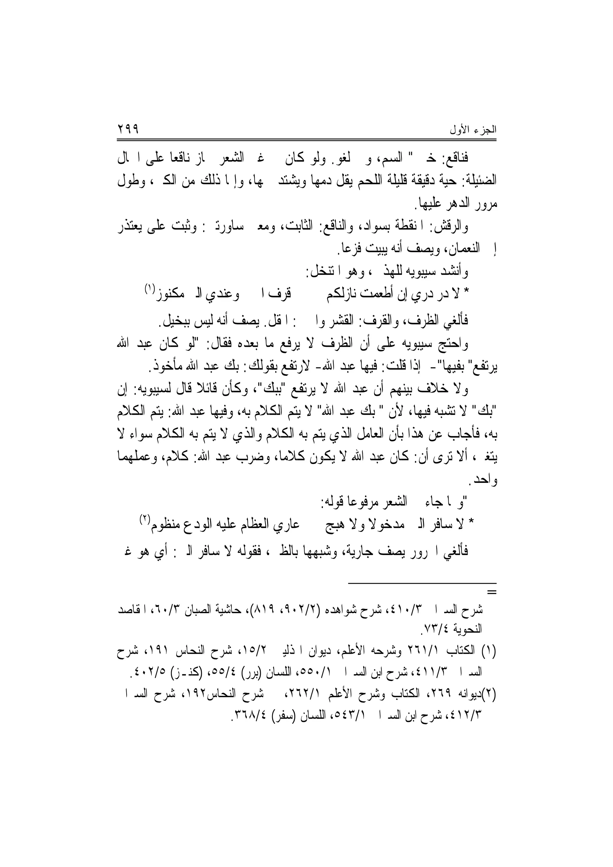 ‫٩٩٢‬                                                               ‫ﺍﻟﺠﺯﺀ ﺍﻷﻭل‬

‫ﻓﻨﺎﻗﻊ: ﺧﱪ " ﺍﻟﺴﻢ، ﻭﰲ ﻟﻐﻮ. ﻭﻟﻮ ﻛﺎﻥ ﰲ ﻏﲑ ﺍﻟﺸﻌﺮ ﳉﺎﺯ ﻧﺎﻗﻌ‪‬ﺎ ﻋﻠﻰ ﺍﳊﺎﻝ‬
‫ﺍﻟﻀﺌﻴﻠﺔ: ﺣﻴﺔ ﺩﻗﻴﻘﺔ ﻗﻠﻴﻠﺔ ﺍﻟﻠﺤﻢ ﻳﻘﻞ ﺩﻣﻬﺎ ﻭﻳﺸﺘﺪ ﲰﻬﺎ، ﻭﺇﳕﺎ ﺫﻟﻚ ﻣﻦ ﺍﻟﻜﱪ، ﻭﻃﻮﻝ‬
                                                         ‫ﻣﺮﻭﺭ ﺍﻟﺪﻫﺮ ﻋﻠﻴﻬﺎ.‬
‫ﻭﺍﻟﺮﻗﺶ: ﺍﳌﻨﻘﻄﺔ ﺑﺴﻮﺍﺩ، ﻭﺍﻟﻨﺎﻗﻊ: ﺍﻟﺜﺎﺑﺖ، ﻭﻣﻌﲎ ﺳﺎﻭﺭﺗﲏ: ﻭﺛﺒﺖ ﻋﻠﻰ ﻳﻌﺘﺬﺭ‬
                                        ‫ﺇﱃ ﺍﻟﻨﻌﻤﺎﻥ، ﻭﻳﺼﻒ ﺃﻧﻪ ﻳﺒﻴﺖ ﻓﺰﻋ‪‬ﺎ.‬
                                  ‫ﻭﺃﻧﺸﺪ ﺳﻴﺒﻮﻳﻪ ﻟﻠﻬﺬﱄ، ﻭﻫﻮ ﺍﳌﺘﻨﺨﻞ:‬
      ‫)١(‬
         ‫ﻗﺮﻑ ﺍﳊﱴ ﻭﻋﻨﺪﻱ ﺍﻟﱪ ﻣﻜﻨﻮﺯ‬      ‫* ﻻ ﺩﺭ ﺩ ‪‬ﻱ ﺇﻥ ﺃﻃﻌﻤﺖ ﻧﺎﺯﻟﻜﻢ‬
                                                           ‫‪  ‬ﺭ‬
         ‫ﻓﺄﻟﻐﻲ ﺍﻟﻈﺮﻑ، ﻭﺍﻟﻘﺮﻑ: ﺍﻟﻘﺸﺮ ﻭﺍﳊﱵ: ﺍﳌﻘﻞ. ﻳﺼﻒ ﺃﻧﻪ ﻟﻴﺲ ﺑﺒﺨﻴﻞ.‬
‫ﻭﺍﺣﺘﺞ ﺳﻴﺒﻮﻳﻪ ﻋﻠﻰ ﺃﻥ ﺍﻟﻈﺮﻑ ﻻ ﻳﺮﻓﻊ ﻣﺎ ﺑﻌﺪﻩ ﻓﻘﺎﻝ: "ﻟﻮ ﻛﺎﻥ ﻋﺒﺪ ﺍﷲ‬
      ‫ﻳﺮﺗﻔﻊ" ﺑﻔﻴﻬﺎ"- ﺇﺫﺍ ﻗﻠﺖ: ﻓﻴﻬﺎ ﻋﺒﺪ ﺍﷲ- ﻻﺭﺗﻔﻊ ﺑﻘﻮﻟﻚ: ﺑﻚ ﻋﺒﺪ ﺍﷲ ﻣﺄﺧﻮﺫ.‬
‫ﻭﻻ ﺧﻼﻑ ﺑﻴﻨﻬﻢ ﺃﻥ ﻋﺒﺪ ﺍﷲ ﻻ ﻳﺮﺗﻔﻊ "ﺑﺒﻚ"، ﻭﻛﺄﻥ ﻗﺎﺋﻼ ﻗﺎﻝ ﻟﺴﻴﺒﻮﻳﻪ: ﺇﻥ‬
                ‫ﹰ‬
‫"ﺑﻚ" ﻻ ﺗﺸﺒﻪ ﻓﻴﻬﺎ، ﻷﻥ " ﺑﻚ ﻋﺒﺪ ﺍﷲ" ﻻ ﻳﺘﻢ ﺍﻟﻜﻼﻡ ﺑﻪ، ﻭﻓﻴﻬﺎ ﻋﺒﺪ ﺍﷲ: ﻳﺘﻢ ﺍﻟﻜﻼﻡ‬
‫ﺑﻪ، ﻓﺄﺟﺎﺏ ﻋﻦ ﻫﺬﺍ ﺑﺄﻥ ﺍﻟﻌﺎﻣﻞ ﺍﻟﺬﻱ ﻳﺘﻢ ﺑﻪ ﺍﻟﻜﻼﻡ ﻭﺍﻟﺬﻱ ﻻ ﻳﺘﻢ ﺑﻪ ﺍﻟﻜﻼﻡ ﺳﻮﺍﺀ ﻻ‬
‫ﻳﺘﻐﲑ، ﺃﻻ ﺗﺮﻯ ﺃﻥ: ﻛﺎﻥ ﻋﺒﺪ ﺍﷲ ﻻ ﻳﻜﻮﻥ ﻛﻼﻣ‪‬ﺎ، ﻭﺿﺮﺏ ﻋﺒﺪ ﺍﷲ: ﻛﻼﻡ، ﻭﻋﻤﻠﻬﻤﺎ‬
                                                                       ‫ﻭﺍﺣﺪ.‬
                                         ‫"ﻭﳑﺎ ﺟﺎﺀ ﰲ ﺍﻟﺸﻌﺮ ﻣﺮﻓﻮﻋﺎ ﻗﻮﻟﻪ:‬
    ‫)٢(‬
        ‫* ﻻ ﺳﺎﻓﺮ ﺍﻟﲏ ﻣﺪﺧﻮﻻ ﻭﻻ ﻫﺒﺞ ﻋﺎﺭﻱ ﺍﻟﻌﻈﺎﻡ ﻋﻠﻴﻪ ﺍﻟﻮﺩﻉ ﻣﻨﻈﻮﻡ‬
                                                   ‫ﹰ‬
‫ﻓﺄﻟﻐﻲ ﺍ‪‬ﺮﻭﺭ ﻳﺼﻒ ﺟﺎﺭﻳﺔ، ﻭﺷﺒﻬﻬﺎ ﺑﺎﻟﻈﱯ، ﻓﻘﻮﻟﻪ ﻻ ﺳﺎﻓﺮ ﺍﻟﲏ: ﺃﻱ ﻫﻮ ﻏﲑ‬

                                                                          ‫=‬
‫ﺷﺮﺡ ﺍﻟﺴﲑﺍﰲ ٣/٠١٤، ﺷﺮﺡ ﺷﻮﺍﻫﺪﻩ )٢/٢٠٩، ٩١٨(، ﺣﺎﺷﻴﺔ ﺍﻟﺼﺒﺎﻥ ٣/٠٦، ﺍﳌﻘﺎﺻﺪ‬
                                                             ‫ﺍﻟﻨﺤﻮﻳﺔ ٤/٣٧.‬
‫)١( ﺍﻟﻜﺘﺎﺏ ١/١٦٢ ﻭﺷﺮﺣﻪ ﺍﻷﻋﻠﻢ، ﺩﻳﻮﺍﻥ ﺍﳍﺬﻟﻴﲔ ٢/٥١، ﺷﺮﺡ ﺍﻟﻨﺤﺎﺱ ١٩١، ﺷﺮﺡ‬
  ‫ﺍﻟﺴﲑﺍﰲ ٣/١١٤، ﺷﺮﺡ ﺍﺑﻦ ﺍﻟﺴﲑﺍﰲ ١/٠٥٥، ﺍﻟﻠﺴﺎﻥ )ﺑﺮﺭ( ٤/٥٥، )ﻛﻨـﺰ( ٥/٢٠٤.‬
‫)٢(ﺩﻳﻮﺍﻧﻪ ٩٦٢، ﺍﻟﻜﺘﺎﺏ ﻭﺷﺮﺡ ﺍﻷﻋﻠﻢ ١/٢٦٢، ﰲ ﺷﺮﺡ ﺍﻟﻨﺤﺎﺱ٢٩١، ﺷﺮﺡ ﺍﻟﺴﲑﺍﰲ‬
                       ‫٣/٢١٤، ﺷﺮﺡ ﺍﺑﻦ ﺍﻟﺴﲑﺍﰲ ١/٣٤٥، ﺍﻟﻠﺴﺎﻥ )ﺳﻔﺮ( ٤/٨٦٣.‬
 