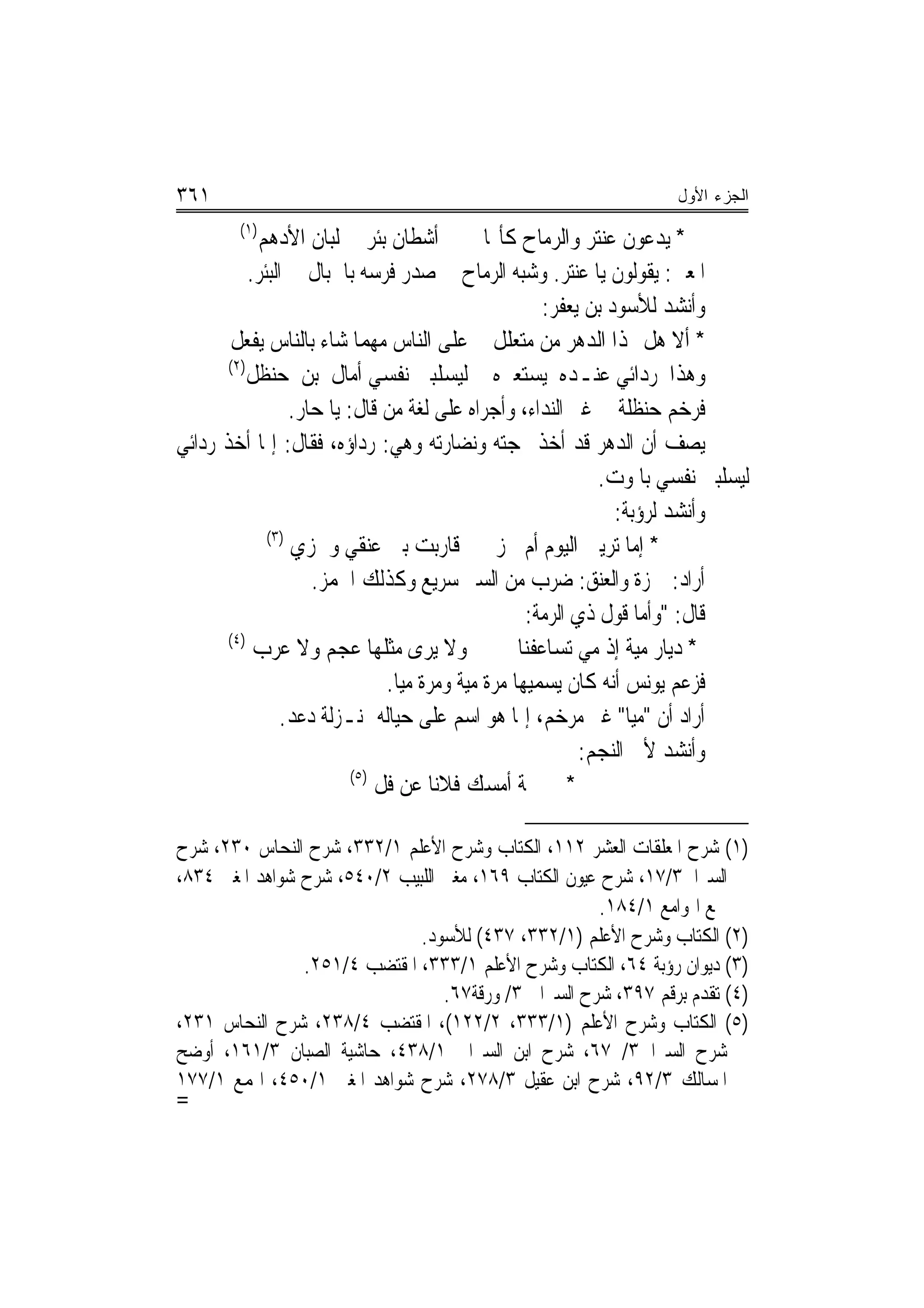 ‫١٦٣‬                                                                   ‫ﺍﻟﺠﺯﺀ ﺍﻷﻭل‬
        ‫)١(‬
            ‫ﺃﺷﻄﺎﻥ ﺑﺌﺮ ﰲ ﻟﺒﺎﻥ ﺍﻷﺩﻫﻢ‬            ‫* ﻳﺪﻋﻮﻥ ﻋﻨﺘﺮ ﻭﺍﻟﺮﻣﺎﺡ ﻛﺄ‪‬ﺎ‬
           ‫ﺍﳌﻌﲎ: ﻳﻘﻮﻟﻮﻥ ﻳﺎ ﻋﻨﺘﺮ. ﻭﺷﺒﻪ ﺍﻟﺮﻣﺎﺡ ﰲ ﺻﺪﺭ ﻓﺮﺳﻪ ﺑﺎﳊﺒﺎﻝ ﰲ ﺍﻟﺒﺌﺮ.‬
                                                       ‫ﻭﺃﻧﺸﺪ ﻟﻸﺳﻮﺩ ﺑﻦ ﻳﻌﻔﺮ:‬
       ‫* ﺃﻻ ﻫﻞ ﳍﺬﺍ ﺍﻟﺪﻫﺮ ﻣﻦ ﻣﺘﻌﻠﻞ ﻋﻠﻰ ﺍﻟﻨﺎﺱ ﻣﻬﻤﺎ ﺷﺎﺀ ﺑﺎﻟﻨﺎﺱ ﻳﻔﻌﻞ‬
       ‫)٢(‬
           ‫ﻭﻫﺬﺍ ﺭﺩﺍﺋﻲ ﻋﻨـﺪﻩ ﻳﺴﺘﻌﲑﻩ ﻟﻴﺴﻠﺒﲏ ﻧﻔﺴﻲ ﺃﻣﺎﻝ ﺑﻦ ﺣﻨﻈﻞ‬
                  ‫ﻓﺮﺧﻢ ﺣﻨﻈﻠﺔ ﰲ ﻏﲑ ﺍﻟﻨﺪﺍﺀ، ﻭﺃﺟﺮﺍﻩ ﻋﻠﻰ ﻟﻐﺔ ﻣﻦ ﻗﺎﻝ: ﻳﺎ ﺣﺎﺭ.‬
‫ﻳﺼﻒ ﺃﻥ ﺍﻟﺪﻫﺮ ﻗﺪ ﺃﺧﺬ ‪‬ﺠﺘﻪ ﻭﻧﻀﺎﺭﺗﻪ ﻭﻫﻲ: ﺭﺩﺍﺅﻩ، ﻓﻘﺎﻝ: ﺇﳕﺎ ﺃﺧﺬ ﺭﺩﺍﺋﻲ‬
                                                              ‫ﻟﻴﺴﻠﺒﲏ ﻧﻔﺴﻲ ﺑﺎﳌﻮﺕ.‬
                                                                 ‫ﻭﺃﻧﺸﺪ ﻟﺮﺅﺑﺔ:‬
              ‫)٣(‬
                  ‫* ﺇﻣﺎ ﺗﺮﻳﲏ ﺍﻟﻴﻮﻡ ﺃﻡ ﲪﺰ ﻗﺎﺭﺑﺖ ﺑﲔ ﻋﻨﻘﻲ ﻭﲨﺰﻱ‬
                     ‫ﺃﺭﺍﺩ: ﲪﺰﺓ ﻭﺍﻟﻌﻨﻖ: ﺿﺮﺏ ﻣﻦ ﺍﻟﺴﲑ ﺳﺮﻳﻊ ﻭﻛﺬﻟﻚ ﺍﳉﻤﺰ.‬
                                                    ‫ﻗﺎﻝ: "ﻭﺃﻣﺎ ﻗﻮﻝ ﺫﻱ ﺍﻟﺮﻣﺔ:‬
       ‫)٤(‬
            ‫ﻭﻻ ﻳﺮﻯ ﻣﺜﻠﻬﺎ ﻋﺠﻢ ﻭﻻ ﻋﺮﺏ‬                ‫* ﺩﻳﺎﺭ ﻣﻴﺔ ﺇﺫ ﻣﻲ ﺗﺴﺎﻋﻔﻨﺎ‬
                                ‫ﻓﺰﻋﻢ ﻳﻮﻧﺲ ﺃﻧﻪ ﻛﺎﻥ ﻳﺴﻤﻴﻬﺎ ﻣﺮﺓ ﻣﻴﺔ ﻭﻣﺮﺓ ﻣ‪‬ﺎ.‬
                                  ‫ﻴ‬
                 ‫ﺃﺭﺍﺩ ﺃﻥ "ﻣ‪‬ﺎ" ﻏﲑ ﻣﺮﺧﻢ، ﺇﳕﺎ ﻫﻮ ﺍﺳﻢ ﻋﻠﻰ ﺣﻴﺎﻟﻪ ﲟﻨـﺰﻟﺔ ﺩﻋﺪ.‬
                                                                   ‫ﻴ‬
                                                            ‫ﻭﺃﻧﺸﺪ ﻷﰊ ﺍﻟﻨﺠﻢ:‬
                           ‫)٥(‬
                               ‫* ﰲ ﳉﺔ ﺃﻣﺴﻚ ﻓﻼﻧ‪‬ﺎ ﻋﻦ ﹸﻞ‬
                                ‫ﻓ‬

‫)١( ﺷﺮﺡ ﺍﳌﻌﻠﻘﺎﺕ ﺍﻟﻌﺸﺮ ٢١١، ﺍﻟﻜﺘﺎﺏ ﻭﺷﺮﺡ ﺍﻷﻋﻠﻢ ١/٢٣٣، ﺷﺮﺡ ﺍﻟﻨﺤﺎﺱ ٠٣٢، ﺷﺮﺡ‬
‫ﺍﻟﺴﲑﺍﰲ٣/٧١، ﺷﺮﺡ ﻋﻴﻮﻥ ﺍﻟﻜﺘﺎﺏ ٩٦١، ﻣﻐﲏ ﺍﻟﻠﺒﻴﺐ ٢/٠٤٥، ﺷﺮﺡ ﺷﻮﺍﻫﺪ ﺍﳌﻐﲏ ٤٣٨،‬
                                                       ‫ﳘﻊ ﺍﳍﻮﺍﻣﻊ ١/٤٨١.‬
                              ‫)٢( ﺍﻟﻜﺘﺎﺏ ﻭﺷﺮﺡ ﺍﻷﻋﻠﻢ )١/٢٣٣، ٧٣٤( ﻟﻸﺳﻮﺩ.‬
                ‫)٣( ﺩﻳﻮﺍﻥ ﺭﺅﺑﺔ ٤٦، ﺍﻟﻜﺘﺎﺏ ﻭﺷﺮﺡ ﺍﻷﻋﻠﻢ ١/٣٣٣، ﺍﳌﻘﺘﻀﺐ ٤/١٥٢.‬
                                  ‫)٤( ﺗﻘﺪﻡ ﺑﺮﻗﻢ ٧٩٣، ﺷﺮﺡ ﺍﻟﺴﲑﺍﰲ ٣/ ﻭﺭﻗﺔ٧٦.‬
‫)٥( ﺍﻟﻜﺘﺎﺏ ﻭﺷﺮﺡ ﺍﻷﻋﻠﻢ )١/٣٣٣، ٢/٢٢١(، ﺍﳌﻘﺘﻀﺐ ٤/٨٣٢، ﺷﺮﺡ ﺍﻟﻨﺤﺎﺱ ١٣٢،‬
‫ﺷﺮﺡ ﺍﻟﺴﲑﺍﰲ٣/ ٧٦، ﺷﺮﺡ ﺍﺑﻦ ﺍﻟﺴﲑﺍﰲ ١/٨٣٤، ﺣﺎﺷﻴﺔ ﺍﻟﺼﺒﺎﻥ ٣/١٦١، ﺃﻭﺿﺢ‬
‫ﺍﳌﺴﺎﻟﻚ ٣/٢٩، ﺷﺮﺡ ﺍﺑﻦ ﻋﻘﻴﻞ ٣/٨٧٢، ﺷﺮﺡ ﺷﻮﺍﻫﺪ ﺍﳌﻐﲏ ١/٠٥٤، ﺍﳍﻤﻊ ١/٧٧١‬
‫=‬
 