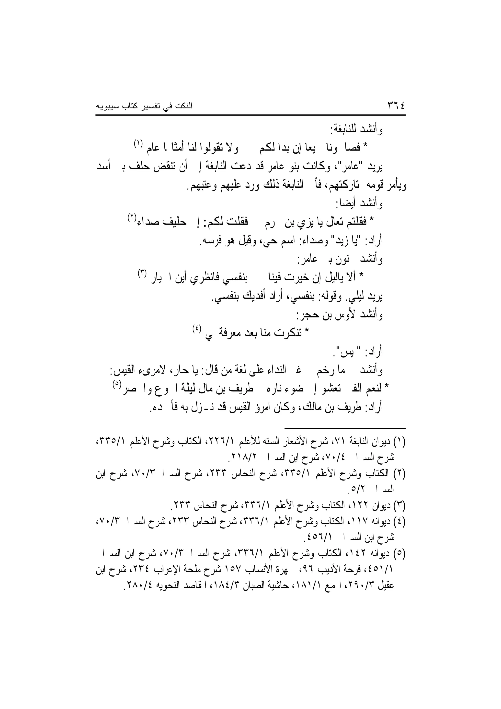 ‫ﺍﻟﻨﻜﺕ ﻓﻲ ﺘﻔﺴﻴﺭ ﻜﺘﺎﺏ ﺴﻴﺒﻭﻴﻪ‬                                                  ‫٤٦٣‬
                                                              ‫ﻭﺃﻧﺸﺪ ﻟﻠﻨﺎﺑﻐﺔ:‬
           ‫)١(‬
                ‫* ﻓﺼﺎﳊﻮﻧﺎ ﲨﻴﻌ‪‬ﺎ ﺇﻥ ﺑﺪﺍ ﻟﻜﻢ ﻭﻻ ﺗﻘﻮﻟﻮﺍ ﻟﻨﺎ ﺃﻣﺜﺎﳍﺎ ﻋﺎﻡ‬
‫ﻳﺮﻳﺪ "ﻋﺎﻣﺮ"، ﻭﻛﺎﻧﺖ ﺑﻨﻮ ﻋﺎﻣﺮ ﻗﺪ ﺩﻋﺖ ﺍﻟﻨﺎﺑﻐﺔ ﺇﱃ ﺃﻥ ﺗﻨﻘﺾ ﺣﻠﻒ ﺑﲏ ﺃﺳﺪ‬
                           ‫ﻭﻳﺄﻣﺮ ﻗﻮﻣﻪ ﲟﺘﺎﺭﻛﺘﻬﻢ، ﻓﺄﰉ ﺍﻟﻨﺎﺑﻐﺔ ﺫﻟﻚ ﻭﺭﺩ ﻋﻠﻴﻬﻢ ﻭﻋﺘﺒﻬﻢ.‬
                                                                ‫ﻭﺃﻧﺸﺪ ﺃﻳﻀ‪‬ﺎ:‬
         ‫)٢(‬
             ‫* ﻓﻘﻠﺘﻢ ﺗﻌﺎﻝ ﻳﺎ ﻳﺰﻱ ﺑﻦ ﳐﺮﻡ ﻓﻘﻠﺖ ﻟﻜﻢ: ﺇﱐ ﺣﻠﻴﻒ ﺻﺪﺍﺀ‬
                               ‫ﺃﺭﺍﺩ: "ﻳﺎ ﺯﻳﺪ" ﻭﺻﺪﺍﺀ: ﺍﺳﻢ ﺣﻲ، ﻭﻗﻴﻞ ﻫﻮ ﻓﺮﺳﻪ.‬
                                                      ‫ﻭﺃﻧﺸﺪ ‪‬ﻨﻮﻥ ﺑﲏ ﻋﺎﻣﺮ:‬
             ‫)٣(‬
                 ‫* ﺃﻻ ﻳﺎﻟﻴﻞ ﺇﻥ ﺧ‪‬ﺮﺕ ﻓﻴﻨﺎ ﺑﻨﻔﺴﻲ ﻓﺎﻧﻈﺮﻱ ﺃﻳﻦ ﺍﳋﻴﺎﺭ‬
                                                       ‫‪‬ﻴ‬
                                  ‫ﻳﺮﻳﺪ ﻟﻴﻠﻲ. ﻭﻗﻮﻟﻪ: ﺑﻨﻔﺴﻲ، ﺃﺭﺍﺩ ﺃﻓﺪﻳﻚ ﺑﻨﻔﺴﻲ.‬
                                                      ‫ﻭﺃﻧﺸﺪ ﻷﻭﺱ ﺑﻦ ﺣﺠﺮ:‬
                             ‫)٤(‬
                                 ‫* ﺗﻨﻜﺮﺕ ﻣﻨﺎ ﺑﻌﺪ ﻣﻌﺮﻓﺔ ﳌﻲ‬
                                                               ‫ﺃﺭﺍﺩ: "ﳌﻴﺲ".‬
   ‫ﻭﺃﻧﺸﺪ ﰲ ﻣﺎ ﺭﺧﻢ ﰲ ﻏﲑ ﺍﻟﻨﺪﺍﺀ ﻋﻠﻰ ﻟﻐﺔ ﻣﻦ ﻗﺎﻝ: ﻳﺎ ﺣﺎﺭ، ﻻﻣﺮﻯﺀ ﺍﻟﻘﻴﺲ:‬
    ‫)٥(‬
        ‫* ﻟﻨﻌﻢ ﺍﻟﻔﱴ ﺗﻌﺸﻮ ﺇﱃ ﺿﻮﺀ ﻧﺎﺭﻩ ﻃﺮﻳﻒ ﺑﻦ ﻣﺎﻝ ﻟﻴﻠﺔ ﺍﳉﻮﻉ ﻭﺍﳋﺼﺮ‬
                 ‫ﺃﺭﺍﺩ: ﻃﺮﻳﻒ ﺑﻦ ﻣﺎﻟﻚ، ﻭﻛﺎﻥ ﺍﻣﺮﺅ ﺍﻟﻘﻴﺲ ﻗﺪ ﻧـﺰﻝ ﺑﻪ ﻓﺄﲪﺪﻩ.‬

‫)١( ﺩﻳﻮﺍﻥ ﺍﻟﻨﺎﺑﻐﺔ ١٧، ﺷﺮﺡ ﺍﻷﺷﻌﺎﺭ ﺍﻟﺴﺘﻪ ﻟﻸﻋﻠﻢ ١/٦٢٢، ﺍﻟﻜﺘﺎﺏ ﻭﺷﺮﺡ ﺍﻷﻋﻠﻢ ١/٥٣٣،‬
                                ‫ﺷﺮﺡ ﺍﻟﺴﲑﺍﰲ ٤/٠٧، ﺷﺮﺡ ﺍﺑﻦ ﺍﻟﺴﲑﺍﰲ ٢/٨١٢.‬
‫)٢( ﺍﻟﻜﺘﺎﺏ ﻭﺷﺮﺡ ﺍﻷﻋﻠﻢ ١/٥٣٣، ﺷﺮﺡ ﺍﻟﻨﺤﺎﺱ ٣٣٢، ﺷﺮﺡ ﺍﻟﺴﲑﺍﰲ٣/٠٧، ﺷﺮﺡ ﺍﺑﻦ‬
                                                              ‫ﺍﻟﺴﲑﺍﰲ ٢/٥.‬
                 ‫)٣( ﺩﻳﻮﺍﻥ ٢٢١، ﺍﻟﻜﺘﺎﺏ ﻭﺷﺮﺡ ﺍﻷﻋﻠﻢ ١/٦٣٣، ﺷﺮﺡ ﺍﻟﻨﺤﺎﺱ ٣٣٢.‬
‫)٤( ﺩﻳﻮﺍﻧﻪ ٧١١، ﺍﻟﻜﺘﺎﺏ ﻭﺷﺮﺡ ﺍﻷﻋﻠﻢ ١/٦٣٣، ﺷﺮﺡ ﺍﻟﻨﺤﺎﺱ ٣٣٢، ﺷﺮﺡ ﺍﻟﺴﲑﺍﰲ٣/٠٧،‬
                                                   ‫ﺷﺮﺡ ﺍﺑﻦ ﺍﻟﺴﲑﺍﰲ ١/٦٥٤.‬
‫)٥( ﺩﻳﻮﺍﻧﻪ ٢٤١، ﺍﻟﻜﺘﺎﺏ ﻭﺷﺮﺡ ﺍﻷﻋﻠﻢ ١/٦٣٣، ﺷﺮﺡ ﺍﻟﺴﲑﺍﰲ٣/٠٧، ﺷﺮﺡ ﺍﺑﻦ ﺍﻟﺴﲑﺍﰲ‬
‫١/١٥٤، ﻓﺮﺣﺔ ﺍﻷﺩﻳﺐ ٦٩، ﲨﻬﺮﺓ ﺍﻷﻧﺴﺎﺏ ٧٥١ ﺷﺮﺡ ﻣﻠﺤﺔ ﺍﻹﻋﺮﺍﺏ ٤٣٢، ﺷﺮﺡ ﺍﺑﻦ‬
       ‫ﻋﻘﻴﻞ ٣/٠٩٢، ﺍﳍﻤﻊ ١/١٨١، ﺣﺎﺷﻴﺔ ﺍﻟﺼﺒﺎﻥ ٣/٤٨١، ﺍﳌﻘﺎﺻﺪ ﺍﻟﻨﺤﻮﻳﻪ ٤/٠٨٢.‬
 