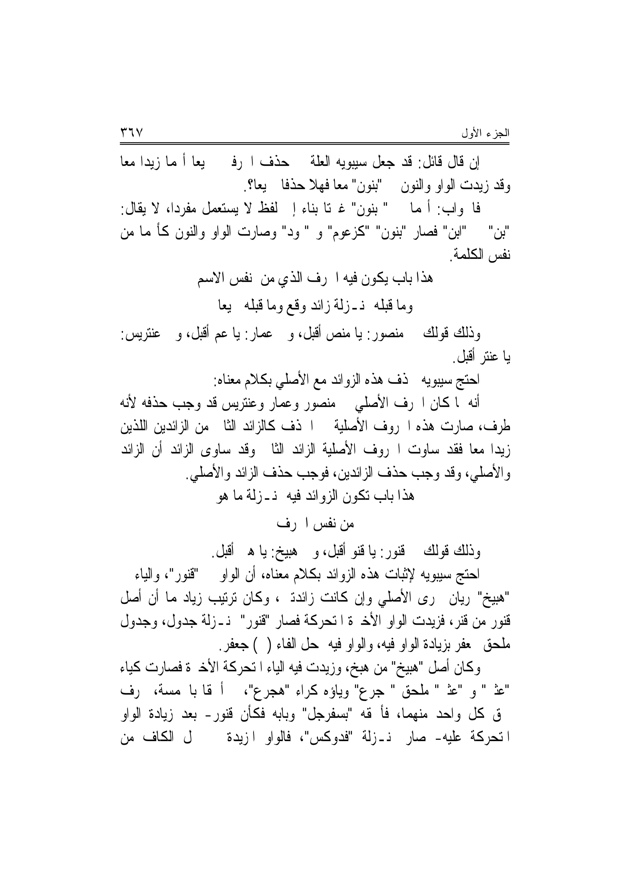 ‫٧٦٣‬                                                                ‫ﺍﻟﺠﺯﺀ ﺍﻷﻭل‬

‫ﺇﻥ ﻗﺎﻝ ﻗﺎﺋﻞ: ﻗﺪ ﺟﻌﻞ ﺳﻴﺒﻮﻳﻪ ﺍﻟﻌﻠﺔ ﰲ ﺣﺬﻑ ﺍﳊﺮﻓﲔ ﲨﻴﻌ‪‬ﺎ ﺃ‪‬ﻤﺎ ﺯﻳﺪ‪‬ﺍ ﻣﻌ‪‬ﺎ‬
                         ‫ﻭﻗﺪ ﺯﻳﺪﺕ ﺍﻟﻮﺍﻭ ﻭﺍﻟﻨﻮﻥ ﰲ "ﺑﻨﻮﻥ" ﻣﻌ‪‬ﺎ ﻓﻬﻼ ﺣﺬﻓﺎ ﲨﻴﻌ‪‬ﺎ؟.‬
‫ﻓﺎﳉﻮﺍﺏ: ﺃ‪‬ﻤﺎ ﰲ " ﺑﻨﻮﻥ" ﻏﲑﺗﺎ ﺑﻨﺎﺀ ﺇﱃ ﻟﻔﻆ ﻻ ﻳﺴﺘﻌﻤﻞ ﻣﻔﺮﺩ‪‬ﺍ، ﻻ ﻳﻘﺎﻝ:‬
‫"ﺑﻦ" ﰲ "ﺍﺑﻦ" ﻓﺼﺎﺭ "ﺑﻨﻮﻥ" "ﻛﺰﻋﻮﻡ" ﻭ "ﲦﻮﺩ" ﻭﺻﺎﺭﺕ ﺍﻟﻮﺍﻭ ﻭﺍﻟﻨﻮﻥ ﻛﺄ‪‬ﻤﺎ ﻣﻦ‬
                                                                  ‫ﻧﻔﺲ ﺍﻟﻜﻠﻤﺔ.‬
                  ‫ﻫﺬﺍ ﺑﺎﺏ ﻳﻜﻮﻥ ﻓﻴﻪ ﺍﳊﺮﻑ ﺍﻟﺬﻱ ﻣﻦ ﻧﻔﺲ ﺍﻻﺳﻢ‬
                   ‫ﻭﻣﺎ ﻗﺒﻠﻪ ﲟﻨـﺰﻟﺔ ﺯﺍﺋﺪ ﻭﻗﻊ ﻭﻣﺎ ﻗﺒﻠﻪ ﲨﻴﻌ‪‬ﺎ‬
‫ﻭﺫﻟﻚ ﻗﻮﻟﻚ ﰲ ﻣﻨﺼﻮﺭ: ﻳﺎ ﻣﻨﺺ ﺃﻗﺒﻞ، ﻭﰲ ﻋﻤﺎﺭ: ﻳﺎ ﻋﻢ ﺃﻗﺒﻞ، ﻭﰲ ﻋﻨﺘﺮﻳﺲ:‬
                                                              ‫ﻳﺎ ﻋﻨﺘﺮ ﺃﻗﺒﻞ.‬
                   ‫ﺍﺣﺘﺞ ﺳﻴﺒﻮﻳﻪ ﳊﺬﻑ ﻫﺬﻩ ﺍﻟﺰﻭﺍﺋﺪ ﻣﻊ ﺍﻷﺻﻠﻲ ﺑﻜﻼﻡ ﻣﻌﻨﺎﻩ:‬
‫ﺃﻧﻪ ﳌﺎ ﻛﺎﻥ ﺍﳊﺮﻑ ﺍﻷﺻﻠﻲ ﰲ ﻣﻨﺼﻮﺭ ﻭﻋﻤﺎﺭ ﻭﻋﻨﺘﺮﻳﺲ ﻗﺪ ﻭﺟﺐ ﺣﺬﻓﻪ ﻷﻧﻪ‬
‫ﻃﺮﻑ، ﺻﺎﺭﺕ ﻫﺬﻩ ﺍﳊﺮﻭﻑ ﺍﻷﺻﻠﻴﺔ ﰲ ﺍﳊﺬﻑ ﻛﺎﻟﺰﺍﺋﺪ ﺍﻟﺜﺎﱐ ﻣﻦ ﺍﻟﺰﺍﺋﺪﻳﻦ ﺍﻟﻠﺬﻳﻦ‬
‫ﺯﻳﺪ‪‬ﺍ ﻣﻌﺎ ﻓﻘﺪ ﺳﺎﻭﺕ ﺍﳊﺮﻭﻑ ﺍﻷﺻﻠﻴﺔ ﺍﻟﺰﺍﺋﺪ ﺍﻟﺜﺎﱐ ﻭﻗﺪ ﺳﺎﻭﻯ ﺍﻟﺰﺍﺋﺪ ﺃﻥ ﺍﻟﺰﺍﺋﺪ‬
              ‫ﻭﺍﻷﺻﻠﻲ، ﻭﻗﺪ ﻭﺟﺐ ﺣﺬﻑ ﺍﻟﺰﺍﺋﺪﻳﻦ، ﻓﻮﺟﺐ ﺣﺬﻑ ﺍﻟﺰﺍﺋﺪ ﻭﺍﻷﺻﻠﻲ.‬
                   ‫ﻫﺬﺍ ﺑﺎﺏ ﺗﻜﻮﻥ ﺍﻟﺰﻭﺍﺋﺪ ﻓﻴﻪ ﲟﻨـﺰﻟﺔ ﻣﺎ ﻫﻮ‬
                              ‫ﻣﻦ ﻧﻔﺲ ﺍﳊﺮﻑ‬
                  ‫ﻭﺫﻟﻚ ﻗﻮﻟﻚ ﰲ ﻗﻨﻮﺭ: ﻳﺎ ﻗﻨﻮ ﺃﻗﺒﻞ، ﻭﰲ ﻫﺒﻴﺦ: ﻳﺎ ﻫﱯ ﺃﻗﺒﻞ.‬
‫ﺍﺣﺘﺞ ﺳﻴﺒﻮﻳﻪ ﻹﺛﺒﺎﺕ ﻫﺬﻩ ﺍﻟﺰﻭﺍﺋﺪ ﺑﻜﻼﻡ ﻣﻌﻨﺎﻩ، ﺃﻥ ﺍﻟﻮﺍﻭ ﰲ "ﻗﻨﻮﺭ"، ﻭﺍﻟﻴﺎﺀ ﰲ‬
‫"ﻫﺒﻴﺦ"ﲡﺮﻳﺎﻥ ﳎﺮﻯ ﺍﻷﺻﻠﻲ ﻭﺇﻥ ﻛﺎﻧﺖ ﺯﺍﺋﺪﺗﲔ، ﻭﻛﺎﻥ ﺗﺮﺗﻴﺐ ﺯﻳﺎﺩ‪‬ﻤﺎ ﺃﻥ ﺃﺻﻞ‬
‫ﻗﻨﻮﺭ ﻣﻦ ﻗﻨﺮ، ﻓﺰﻳﺪﺕ ﺍﻟﻮﺍﻭ ﺍﻷﺧﲑﺓ ﺍﳌﺘﺤﺮﻛﺔ ﻓﺼﺎﺭ "ﻗﻨﻮﺭ" ﲟﻨـﺰﻟﺔ ﺟﺪﻭﻝ، ﻭﺟﺪﻭﻝ‬
                   ‫ﻣﻠﺤﻖ ﲜﻌﻔﺮ ﺑﺰﻳﺎﺩﺓ ﺍﻟﻮﺍﻭ ﻓﻴﻪ، ﻭﺍﻟﻮﺍﻭ ﻓﻴﻪ ﲟﺤﻞ ﺍﻟﻔﺎﺀ )ﰲ( ﺟﻌﻔﺮ.‬
‫ﻭﻛﺎﻥ ﺃﺻﻞ "ﻫﺒﻴﺦ" ﻣﻦ ﻫﺒﺦ، ﻭﺯﻳﺪﺕ ﻓﻴﻪ ﺍﻟﻴﺎﺀ ﺍﳌﺘﺤﺮﻛﺔ ﺍﻷﺧﲑﺓ ﻓﺼﺎﺭﺕ ﻛﻴﺎﺀ‬
‫"ﻋﺜﲑ" ﻭ "ﻋﺜﲑ" ﻣﻠﺤﻖ "‪‬ﺠﺮﻉ" ﻭﻳﺎﺅﻩ ﻛﺮﺍﺀ "ﻫﺠﺮﻉ"، ﰒ ﺃﳊﻘﺎ ﺑﺎﳋﻤﺴﺔ، ﲝﺮﻑ‬
‫ﳊﻖ ﻛﻞ ﻭﺍﺣﺪ ﻣﻨﻬﻤﺎ، ﻓﺄﳊﻘﻪ "ﺑﺴﻔﺮﺟﻞ" ﻭﺑﺎﺑﻪ ﻓﻜﺄﻥ ﻗﻨﻮﺭ- ﺑﻌﺪ ﺯﻳﺎﺩﺓ ﺍﻟﻮﺍﻭ‬
‫ﺍﳌﺘﺤﺮﻛﺔ ﻋﻠﻴﻪ- ﺻﺎﺭ ﲟﻨـﺰﻟﺔ "ﻓﺪﻭﻛﺲ"، ﻓﺎﻟﻮﺍﻭ ﺍﳌﺰﻳﺪﺓ ﰲ ﳏﻞ ﺍﻟﻜﺎﻑ ﻣﻦ‬
 