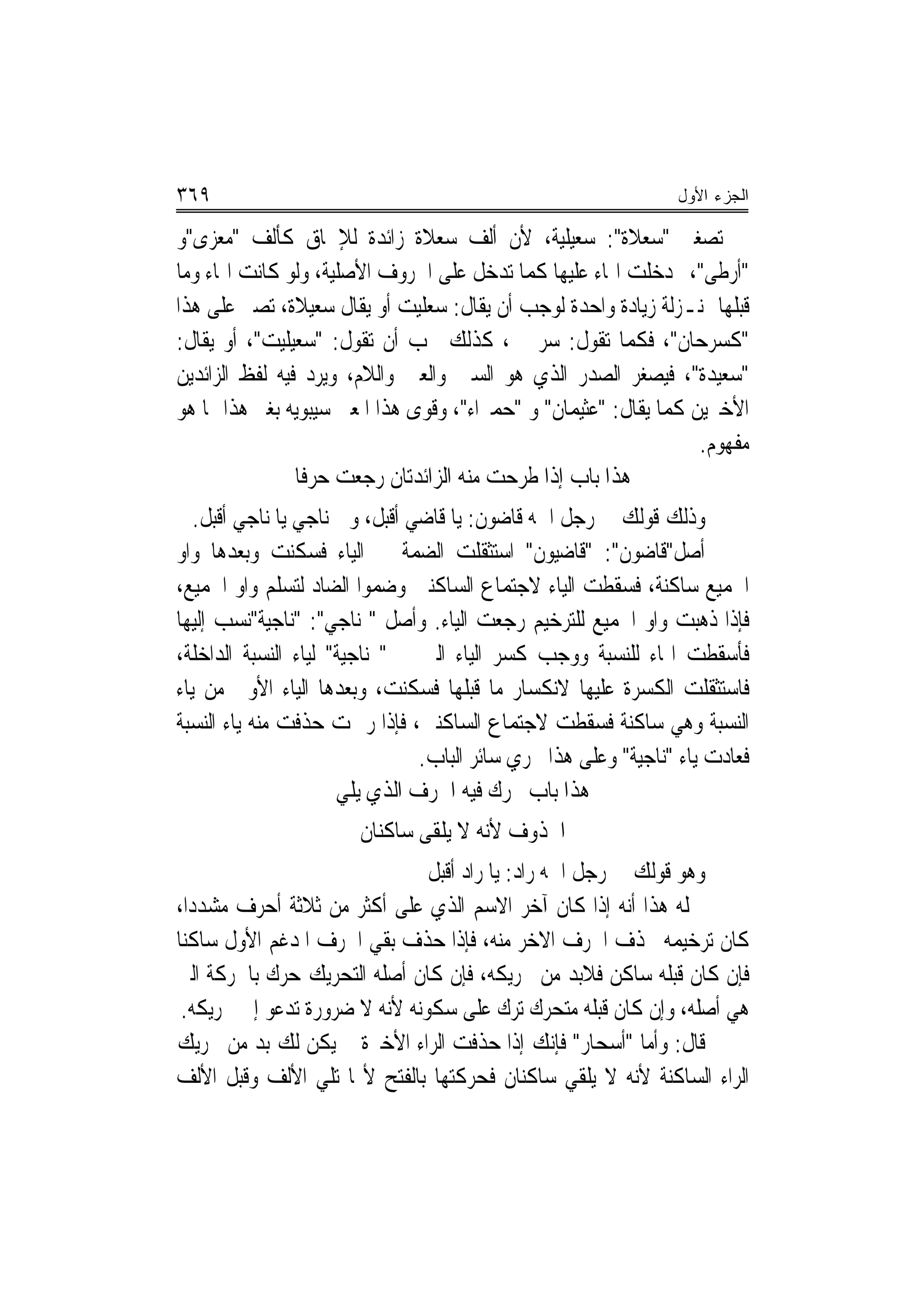 ‫٩٦٣‬                                                             ‫ﺍﻟﺠﺯﺀ ﺍﻷﻭل‬

‫ﰲ ﺗﺼﻐﲑ "ﺳﻌﻼﺓ": ﺳﻌﻴﻠﻴﺔ، ﻷﻥ ﺃﻟﻒ ﺳﻌﻼﺓ ﺯﺍﺋﺪﺓ ﻟﻺﳊﺎﻕ ﻛﺄﻟﻒ "ﻣﻌﺰﻯ"ﻭ‬
‫"ﺃﺭﻃﻰ"،ﰒ ﺩﺧﻠﺖ ﺍﳍﺎﺀ ﻋﻠﻴﻬﺎ ﻛﻤﺎ ﺗﺪﺧﻞ ﻋﻠﻰ ﺍﳊﺮﻭﻑ ﺍﻷﺻﻠﻴﺔ، ﻭﻟﻮ ﻛﺎﻧﺖ ﺍﳍﺎﺀ ﻭﻣﺎ‬
‫ﻗﺒﻠﻬﺎ ﲟﻨـﺰﻟﺔ ﺯﻳﺎﺩﺓ ﻭﺍﺣﺪﺓ ﻟﻮﺟﺐ ﺃﻥ ﻳﻘﺎﻝ: ﺳﻌﻠﻴﺖ ﺃﻭ ﻳﻘﺎﻝ ﺳﻌﻴﻼﺓ، ﺗﺼﲑ ﻋﻠﻰ ﻫﺬﺍ‬
‫"ﻛﺴﺮﺣﺎﻥ"، ﻓﻜﻤﺎ ﺗﻘﻮﻝ: ﺳﺮﳛﲔ، ﻛﺬﻟﻚ ﳚﺐ ﺃﻥ ﺗﻘﻮﻝ: "ﺳﻌ‪‬ﻴﻠﹾﻴﺖ"، ﺃﻭ ﻳﻘﺎﻝ:‬
                   ‫‪‬‬
‫"ﺳﻌ‪‬ﻴﺪﺓ"، ﻓﻴﺼﻐﺮ ﺍﻟﺼﺪﺭ ﺍﻟﺬﻱ ﻫﻮ ﺍﻟﺴﲔ ﻭﺍﻟﻌﲔ ﻭﺍﻟﻼﻡ، ﻭﻳﺮﺩ ﻓﻴﻪ ﻟﻔﻆ ﺍﻟﺰﺍﺋﺪﻳﻦ‬ ‫‪‬‬
‫ﺍﻷﺧﲑﻳﻦ ﻛﻤﺎ ﻳﻘﺎﻝ: "ﻋﹸﻴﻤﺎﻥ" ﻭ "ﺣﻤﲑﺍﺀ"، ﻭﻗﻮﻯ ﻫﺬﺍ ﺍﳌﻌﲎ ﺳﻴﺒﻮﻳﻪ ﺑﻐﲑ ﻫﺬﺍ ﳑﺎ ﻫﻮ‬
                                           ‫‪‬‬        ‫ﺜ‬
                                                                  ‫ﻣﻔﻬﻮﻡ.‬
                 ‫ﻫﺬﺍ ﺑﺎﺏ ﺇﺫﺍ ﻃﺮﺣﺖ ﻣﻨﻪ ﺍﻟﺰﺍﺋﺪﺗﺎﻥ ﺭﺟﻌﺖ ﺣﺮﻓﹰﺎ‬
   ‫ﻭﺫﻟﻚ ﻗﻮﻟﻚ ﰲ ﺭﺟﻞ ﺍﲰﻪ ﻗﺎﺿﻮﻥ: ﻳﺎ ﻗﺎﺿﻲ ﺃﻗﺒﻞ، ﻭﰲ ﻧﺎﺟﻲ ﻳﺎ ﻧﺎﺟﻲ ﺃﻗﺒﻞ.‬
‫ﺃﺻﻞ"ﻗﺎﺿﻮﻥ": "ﻗﺎﺿﻴﻮﻥ" ﺍﺳﺘﺜﻘﻠﺖ ﺍﻟﻀﻤﺔ ﰲ ﺍﻟﻴﺎﺀ ﻓﺴﻜﻨﺖ ﻭﺑﻌﺪﻫﺎ ﻭﺍﻭ‬
‫ﺍﳉﻤﻴﻊ ﺳﺎﻛﻨﺔ، ﻓﺴﻘﻄﺖ ﺍﻟﻴﺎﺀ ﻻﺟﺘﻤﺎﻉ ﺍﻟﺴﺎﻛﻨﲔ ﻭﺿﻤﻮﺍ ﺍﻟﻀﺎﺩ ﻟﺘﺴﻠﻢ ﻭﺍﻭ ﺍﳉﻤﻴﻊ،‬
‫ﻓﺈﺫﺍ ﺫﻫﺒﺖ ﻭﺍﻭ ﺍﳉﻤﻴﻊ ﻟﻠﺘﺮﺧﻴﻢ ﺭﺟﻌﺖ ﺍﻟﻴﺎﺀ. ﻭﺃﺻﻞ " ﻧﺎﺟﻲ": "ﻧﺎﺟﻴﺔ"ﻧﺴﺐ ﺇﻟﻴﻬﺎ‬
‫ﻓﺄﺳﻘﻄﺖ ﺍﳍﺎﺀ ﻟﻠﻨﺴﺒﺔ ﻭﻭﺟﺐ ﻛﺴﺮ ﺍﻟﻴﺎﺀ ﺍﻟﱵ ﰲ " ﻧﺎﺟﻴﺔ" ﻟﻴﺎﺀ ﺍﻟﻨﺴﺒﺔ ﺍﻟﺪﺍﺧﻠﺔ،‬
‫ﻓﺎﺳﺘﺜﻘﻠﺖ ﺍﻟﻜﺴﺮﺓ ﻋﻠﻴﻬﺎ ﻻﻧﻜﺴﺎﺭ ﻣﺎ ﻗﺒﻠﻬﺎ ﻓﺴﻜﻨﺖ، ﻭﺑﻌﺪﻫﺎ ﺍﻟﻴﺎﺀ ﺍﻷﻭﱃ ﻣﻦ ﻳﺎﺀ‬
‫ﺍﻟﻨﺴﺒﺔ ﻭﻫﻲ ﺳﺎﻛﻨﺔ ﻓﺴﻘﻄﺖ ﻻﺟﺘﻤﺎﻉ ﺍﻟﺴﺎﻛﻨﲔ، ﻓﺈﺫﺍ ﺭﲬﺖ ﺣﺬﻓﺖ ﻣﻨﻪ ﻳﺎﺀ ﺍﻟﻨﺴﺒﺔ‬
                                ‫ﻓﻌﺎﺩﺕ ﻳﺎﺀ "ﻧﺎﺟﻴﺔ" ﻭﻋﻠﻰ ﻫﺬﺍ ﳚﺮﻱ ﺳﺎﺋﺮ ﺍﻟﺒﺎﺏ.‬
                      ‫ﻫﺬﺍ ﺑﺎﺏ ﳛﺮﻙ ﻓﻴﻪ ﺍﳊﺮﻑ ﺍﻟﺬﻱ ﻳﻠﻲ‬
                       ‫ﺍﶈﺬﻭﻑ ﻷﻧﻪ ﻻ ﻳﻠﻘﻰ ﺳﺎﻛﻨﺎﻥ‬
                               ‫ﻭﻫﻮ ﻗﻮﻟﻚ ﰲ ﺭﺟﻞ ﺍﲰﻪ ﺭﺍﺩ: ﻳﺎ ﺭﺍﺩ ﺃﻗﺒﻞ‬
‫ﲨﻠﻪ ﻫﺬﺍ ﺃﻧﻪ ﺇﺫﺍ ﻛﺎﻥ ﺁﺧﺮ ﺍﻻﺳﻢ ﺍﻟﺬﻱ ﻋﻠﻰ ﺃﻛﺜﺮ ﻣﻦ ﺛﻼﺛﺔ ﺃﺣﺮﻑ ﻣﺸﺪﺩ‪‬ﺍ،‬
‫ﻛﺎﻥ ﺗﺮﺧﻴﻤﻪ ﲝﺬﻑ ﺍﳊﺮﻑ ﺍﻻﺧﺮ ﻣﻨﻪ، ﻓﺈﺫﺍ ﺣﺬﻑ ﺑﻘﻲ ﺍﳊﺮﻑ ﺍﳌﺪﻏﻢ ﺍﻷﻭﻝ ﺳﺎﻛﻨ‪‬ﺎ‬
‫ﻓﺈﻥ ﻛﺎﻥ ﻗﺒﻠﻪ ﺳﺎﻛﻦ ﻓﻼﺑﺪ ﻣﻦ ﲢﺮﻳﻜﻪ، ﻓﺈﻥ ﻛﺎﻥ ﺃﺻﻠﻪ ﺍﻟﺘﺤﺮﻳﻚ ﺣﺮﻙ ﺑﺎﳊﺮﻛﺔ ﺍﻟﱵ‬
 ‫ﻫﻲ ﺃﺻﻠﻪ، ﻭﺇﻥ ﻛﺎﻥ ﻗﺒﻠﻪ ﻣﺘﺤﺮﻙ ﺗﺮﻙ ﻋﻠﻰ ﺳﻜﻮﻧﻪ ﻷﻧﻪ ﻻ ﺿﺮﻭﺭﺓ ﺗﺪﻋﻮ ﺇﱃ ﲢﺮﻳﻜﻪ.‬
‫ﻗﺎﻝ: ﻭﺃﻣﺎ "ﺃﺳﺤﺎﺭ" ﻓﺈﻧﻚ ﺇﺫﺍ ﺣﺬﻓﺖ ﺍﻟﺮﺍﺀ ﺍﻷﺧﲑﺓ ﱂ ﻳﻜﻦ ﻟﻚ ﺑﺪ ﻣﻦ ﲢﺮﻳﻚ‬
‫ﺍﻟﺮﺍﺀ ﺍﻟﺴﺎﻛﻨﺔ ﻷﻧﻪ ﻻ ﻳﻠﻘﻲ ﺳﺎﻛﻨﺎﻥ ﻓﺤﺮﻛﺘﻬﺎ ﺑﺎﻟﻔﺘﺢ ﻷ‪‬ﺎ ﺗﻠﻲ ﺍﻷﻟﻒ ﻭﻗﺒﻞ ﺍﻷﻟﻒ‬
 