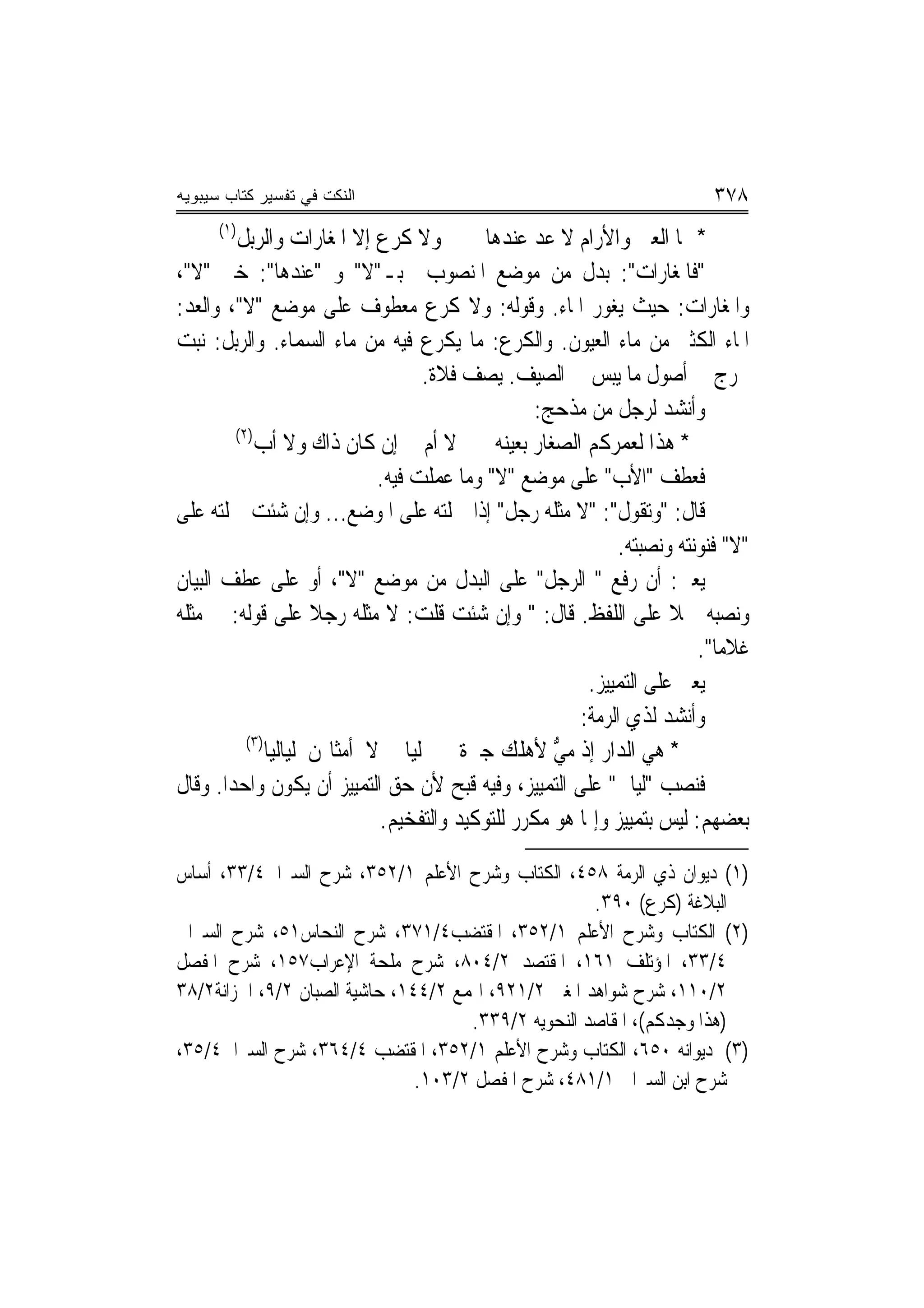 ‫ﺍﻟﻨﻜﺕ ﻓﻲ ﺘﻔﺴﻴﺭ ﻜﺘﺎﺏ ﺴﻴﺒﻭﻴﻪ‬                                                ‫٨٧٣‬
      ‫)١(‬
        ‫ﻭﻻ ﻛﺮﻉ ﺇﻻ ﺍﳌﻐﺎﺭﺍﺕ ﻭﺍﻟﺮﺑﻞ‬           ‫* ‪‬ﺎ ﺍﻟﻌﲔ ﻭﺍﻷﺭﺍﻡ ﻻ ﻋﺪ ﻋﻨﺪﻫﺎ‬
‫"ﻓﺎﳌﻐﺎﺭﺍﺕ": ﺑﺪﻝ ﻣﻦ ﻣﻮﺿﻊ ﺍﳌﻨﺼﻮﺏ ﺑـ"ﻻ" ﻭ "ﻋﻨﺪﻫﺎ": ﺧﱪ "ﻻ"،‬
‫ﻭﺍﳌﻐﺎﺭﺍﺕ: ﺣﻴﺚ ﻳﻐﻮﺭ ﺍﳌﺎﺀ. ﻭﻗﻮﻟﻪ: ﻭﻻ ﻛﺮﻉ ﻣﻌﻄﻮﻑ ﻋﻠﻰ ﻣﻮﺿﻊ "ﻻ"، ﻭﺍﻟﻌﺪ:‬
‫ﺍﳌﺎﺀ ﺍﻟﻜﺜﲑ ﻣﻦ ﻣﺎﺀ ﺍﻟﻌﻴﻮﻥ. ﻭﺍﻟﻜﺮﻉ: ﻣﺎ ﻳﻜﺮﻉ ﻓﻴﻪ ﻣﻦ ﻣﺎﺀ ﺍﻟﺴﻤﺎﺀ. ﻭﺍﻟﺮﺑﻞ: ﻧﺒﺖ‬
                                   ‫ﳜﺮﺝ ﰲ ﺃﺻﻮﻝ ﻣﺎ ﻳﺒﺲ ﰲ ﺍﻟﺼﻴﻒ. ﻳﺼﻒ ﻓﻼﺓ.‬
                                                  ‫ﻭﺃﻧﺸﺪ ﻟﺮﺟﻞ ﻣﻦ ﻣﺬﺣﺞ:‬
        ‫)٢(‬
            ‫* ﻫﺬﺍ ﻟﻌﻤﺮﻛﻢ ﺍﻟﺼﻐﺎﺭ ﺑﻌﻴﻨﻪ ﻻ ﺃﻡ ﱄ ﺇﻥ ﻛﺎﻥ ﺫﺍﻙ ﻭﻻ ﺃﺏ‬
                             ‫ﻓﻌﻄﻒ "ﺍﻷﺏ" ﻋﻠﻰ ﻣﻮﺿﻊ "ﻻ" ﻭﻣﺎ ﻋﻤﻠﺖ ﻓﻴﻪ.‬
‫ﻗﺎﻝ: "ﻭﺗﻘﻮﻝ": "ﻻ ﻣﺜﻠﻪ ﺭﺟﻞ" ﺇﺫﺍ ﲪﻠﺘﻪ ﻋﻠﻰ ﺍﳌﻮﺿﻊ... ﻭﺇﻥ ﺷﺌﺖ ﲪﻠﺘﻪ ﻋﻠﻰ‬
                                                            ‫"ﻻ" ﻓﻨﻮﻧﺘﻪ ﻭﻧﺼﺒﺘﻪ.‬
‫ﻳﻌﲏ: ﺃﻥ ﺭﻓﻊ " ﺍﻟﺮﺟﻞ" ﻋﻠﻰ ﺍﻟﺒﺪﻝ ﻣﻦ ﻣﻮﺿﻊ "ﻻ"، ﺃﻭ ﻋﻠﻰ ﻋﻄﻒ ﺍﻟﺒﻴﺎﻥ‬
‫ﻭﻧﺼﺒﻪ ﲪﻼ ﻋﻠﻰ ﺍﻟﻠﻔﻆ. ﻗﺎﻝ: " ﻭﺇﻥ ﺷﺌﺖ ﻗﻠﺖ: ﻻ ﻣﺜﻠﻪ ﺭﺟﻼ ﻋﻠﻰ ﻗﻮﻟﻪ: ﱄ ﻣﺜﻠﻪ‬
                     ‫ﹰ‬                                              ‫ﹰ‬
                                                                        ‫ﻏﻼﻣ‪‬ﺎ".‬
                                                        ‫ﻳﻌﲏ ﻋﻠﻰ ﺍﻟﺘﻤﻴﻴﺰ.‬
                                                       ‫ﻭﺃﻧﺸﺪ ﻟﺬﻱ ﺍﻟﺮﻣﺔ:‬
          ‫)٣(‬
              ‫* ﻫﻲ ﺍﻟﺪﺍﺭ ﺇﺫ ﻣﻲ ﻷﻫﻠﻚ ﺟﲑﺓ ﻟﻴﺎﱄ ﻻ ﺃﻣﺜﺎﳍﻦ ﻟﻴﺎﻟﻴﺎ‬
                                                    ‫‪‬ﱡ‬
‫ﻓﻨﺼﺐ "ﻟﻴﺎﱄ" ﻋﻠﻰ ﺍﻟﺘﻤﻴﻴﺰ، ﻭﻓﻴﻪ ﻗﺒﺢ ﻷﻥ ﺣﻖ ﺍﻟﺘﻤﻴﻴﺰ ﺃﻥ ﻳﻜﻮﻥ ﻭﺍﺣﺪﺍ. ﻭﻗﺎﻝ‬
                             ‫ﺑﻌﻀﻬﻢ: ﻟﻴﺲ ﺑﺘﻤﻴﻴﺰ ﻭﺇﳕﺎ ﻫﻮ ﻣﻜﺮﺭ ﻟﻠﺘﻮﻛﻴﺪ ﻭﺍﻟﺘﻔﺨﻴﻢ.‬

‫)١( ﺩﻳﻮﺍﻥ ﺫﻱ ﺍﻟﺮﻣﺔ ٨٥٤، ﺍﻟﻜﺘﺎﺏ ﻭﺷﺮﺡ ﺍﻷﻋﻠﻢ ١/٢٥٣، ﺷﺮﺡ ﺍﻟﺴﲑﺍﰲ٤/٣٣، ﺃﺳﺎﺱ‬
                                                      ‫ﺍﻟﺒﻼﻏﺔ )ﻛﺮﻉ( ٠٩٣.‬
‫)٢( ﺍﻟﻜﺘﺎﺏ ﻭﺷﺮﺡ ﺍﻷﻋﻠﻢ ١/٢٥٣، ﺍﳌﻘﺘﻀﺐ٤/١٧٣، ﺷﺮﺡ ﺍﻟﻨﺤﺎﺱ١٥، ﺷﺮﺡ ﺍﻟﺴﲑﺍﰲ‬
‫٤/٣٣، ﺍﳌﺆﺗﻠﻒ ١٦١، ﺍﳌﻘﺘﺼﺪ ٢/٤٠٨، ﺷﺮﺡ ﻣﻠﺤﺔ ﺍﻹﻋﺮﺍﺏ٧٥١، ﺷﺮﺡ ﺍﳌﻔﺼﻞ‬
‫٢/٠١١، ﺷﺮﺡ ﺷﻮﺍﻫﺪ ﺍﳌﻐﲏ ٢/١٢٩، ﺍﳍﻤﻊ ٢/٤٤١، ﺣﺎﺷﻴﺔ ﺍﻟﺼﺒﺎﻥ ٢/٩، ﺍﳋﺰﺍﻧﺔ٢/٨٣‬
                                      ‫)ﻫﺬﺍ ﻭﺟﺪﻛﻢ(، ﺍﳌﻘﺎﺻﺪ ﺍﻟﻨﺤﻮﻳﻪ ٢/٩٣٣.‬
‫)٣( ﺩﻳﻮﺍﻧﻪ ٠٥٦، ﺍﻟﻜﺘﺎﺏ ﻭﺷﺮﺡ ﺍﻷﻋﻠﻢ ١/٢٥٣، ﺍﳌﻘﺘﻀﺐ ٤/٤٦٣، ﺷﺮﺡ ﺍﻟﺴﲑﺍﰲ٤/٥٣،‬
                                ‫ﺷﺮﺡ ﺍﺑﻦ ﺍﻟﺴﲑﺍﰲ ١/١٨٤، ﺷﺮﺡ ﺍﳌﻔﺼﻞ ٢/٣٠١.‬
 