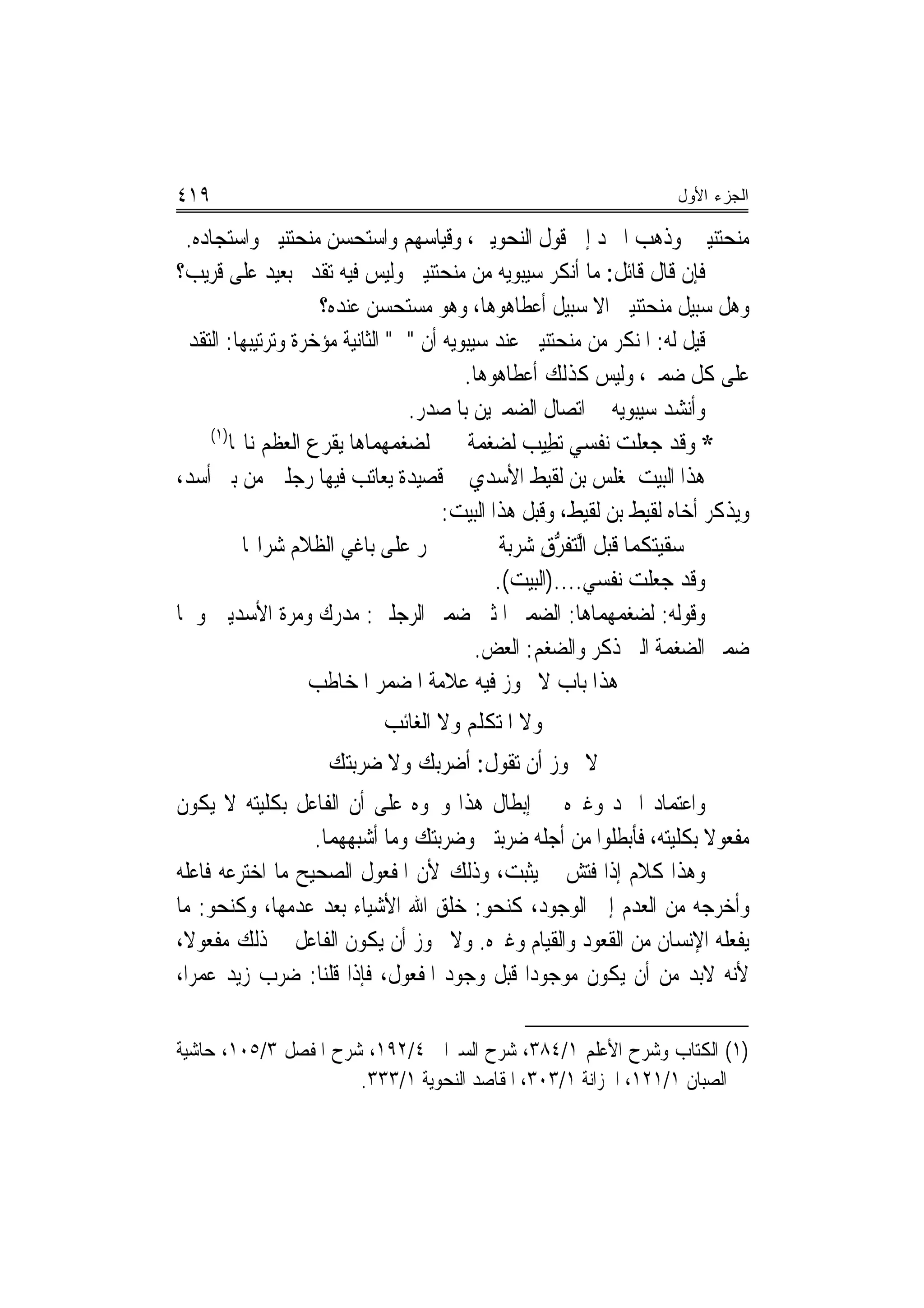 ‫٩١٤‬                                                                 ‫ﺍﻟﺠﺯﺀ ﺍﻷﻭل‬

 ‫ﻣﻨﺤﺘﻨﻴﲏ ﻭﺫﻫﺐ ﺍﳌﱪﺩ ﺇﱃ ﻗﻮﻝ ﺍﻟﻨﺤﻮﻳﲔ، ﻭﻗﻴﺎﺳﻬﻢ ﻭﺍﺳﺘﺤﺴﻦ ﻣﻨﺤﺘﻨﻴﲏ ﻭﺍﺳﺘﺠﺎﺩﻩ.‬
‫ﻓﺈﻥ ﻗﺎﻝ ﻗﺎﺋﻞ: ﻣﺎ ﺃﻧﻜﺮ ﺳﻴﺒﻮﻳﻪ ﻣﻦ ﻣﻨﺤﺘﻨﻴﲏ ﻭﻟﻴﺲ ﻓﻴﻪ ﺗﻘﺪﱘ ﺑﻌﻴﺪ ﻋﻠﻰ ﻗﺮﻳﺐ؟‬
                     ‫ﻭﻫﻞ ﺳﺒﻴﻞ ﻣﻨﺤﺘﻨﻴﲏ ﺍﻻ ﺳﺒﻴﻞ ﺃﻋﻄﺎﻫﻮﻫﺎ، ﻭﻫﻮ ﻣﺴﺘﺤﺴﻦ ﻋﻨﺪﻩ؟‬
‫ﻗﻴﻞ ﻟﻪ: ﺍﳌﻨﻜﺮ ﻣﻦ ﻣﻨﺤﺘﻨﻴﲏ ﻋﻨﺪ ﺳﻴﺒﻮﻳﻪ ﺃﻥ "ﱐ" ﺍﻟﺜﺎﻧﻴﺔ ﻣﺆﺧﺮﺓ ﻭﺗﺮﺗﻴﺒﻬﺎ: ﺍﻟﺘﻘﺪﱘ‬
                                         ‫ﻋﻠﻰ ﻛﻞ ﺿﻤﲑ، ﻭﻟﻴﺲ ﻛﺬﻟﻚ ﺃﻋﻄﺎﻫﻮﻫﺎ.‬
                                 ‫ﻭﺃﻧﺸﺪ ﺳﻴﺒﻮﻳﻪ ﰲ ﺍﺗﺼﺎﻝ ﺍﻟﻀﻤﲑﻳﻦ ﺑﺎﳌﺼﺪﺭ.‬
     ‫)١(‬
         ‫* ﻭﻗﺪ ﺟ‪‬ﻌﻠﺖ ﻧﻔﺴﻲ ‪‬ﺗﻄ‪‬ﺐ ﻟﻀﻐﻤﺔ ﻟﻀﻐﻤﻬﻤﺎﻫﺎ ﻳﻘﺮﻉ ﺍﻟﻌﻈﻢ ﻧﺎ‪‬ﺎ‬
                                                    ‫ِﻴ‬        ‫ﹾ ‪‬‬
‫ﻫﺬﺍ ﺍﻟﺒﻴﺖ ﳌﻐﻠﺲ ﺑﻦ ﻟﻘﻴﻂ ﺍﻷﺳﺪﻱ ﰲ ﻗﺼﻴﺪﺓ ﻳﻌﺎﺗﺐ ﻓﻴﻬﺎ ﺭﺟﻠﲔ ﻣﻦ ﺑﲏ ﺃﺳﺪ،‬
                                      ‫ﻭﻳﺬﻛﺮ ﺃﺧﺎﻩ ﻟﻘﻴﻂ ﺑﻦ ﻟﻘﻴﻂ، ﻭﻗﺒﻞ ﻫﺬﺍ ﺍﻟﺒﻴﺖ:‬
           ‫ﳝﺮ ﻋﻠﻰ ﺑﺎﻏﻲ ﺍﻟﻈﻼﻡ ﺷﺮﺍ‪‬ﺎ‬             ‫ﺳﻘﻴ‪‬ﻜﻤﺎ ﻗﺒﻞ ﺍﱠﺘﻔﺮﻕ ﺷﺮﺑﺔ‬
                                               ‫ﻟ ﹶﱡ ِ ﹰ‬           ‫‪ ‬ﹶ ‪‬ﺘ‬
                                              ‫ﻭﻗﺪ ﺟﻌﻠﺖ ﻧﻔﺴﻲ....)ﺍﻟﺒﻴﺖ(.‬
‫ﻭﻗﻮﻟﻪ: ﻟﻀﻐﻤﻬﻤﺎﻫﺎ: ﺍﻟﻀﻤﲑ ﺍﳌﺜﲎ ﺿﻤﲑ ﺍﻟﺮﺟﻠﲔ: ﻣﺪﺭﻙ ﻭﻣﺮﺓ ﺍﻷﺳﺪﻳﲔ ﻭﳘﺎ‬
                                           ‫ﺿﻤﲑ ﺍﻟﻀﻐﻤﺔ ﺍﻟﱵ ﺫﻛﺮ ﻭﺍﻟﻀﻐﻢ: ﺍﻟﻌﺾ.‬
                    ‫ﻫﺬﺍ ﺑﺎﺏ ﻻ ﲡﻮﺯ ﻓﻴﻪ ﻋﻼﻣﺔ ﺍﳌﻀﻤﺮ ﺍﳌﺨﺎﻃﺐ‬
                            ‫ﻭﻻ ﺍﳌﺘﻜﻠﻢ ﻭﻻ ﺍﻟﻐﺎﺋﺐ‬
                    ‫ﻻ ﳚﻮﺯ ﺃﻥ ﺗﻘﻮﻝ: ﺃﺿﺮﺑﻚ ﻭﻻ ﺿﺮﺑﺘﻚ‬
‫ﻭﺍﻋﺘﻤﺎﺩ ﺍﳌﱪﺩ ﻭﻏﲑﻩ ﰲ ﺇﺑﻄﺎﻝ ﻫﺬﺍ ﻭﳓﻮﻩ ﻋﻠﻰ ﺃﻥ ﺍﻟﻔﺎﻋﻞ ﺑﻜﻠﻴﺘﻪ ﻻ ﻳﻜﻮﻥ‬
                  ‫ﻣﻔﻌﻮﻻ ﺑﻜﻠﻴﺘﻪ، ﻓﺄﺑﻄﻠﻮﺍ ﻣﻦ ﺃﺟﻠﻪ ﺿﺮﺑ‪‬ﲏ ﻭﺿﺮﺑ‪‬ﺘﻚ ﻭﻣﺎ ﺃﺷﺒﻬﻬﻤﺎ.‬
                               ‫‪‬‬        ‫ﺘ‬
‫ﻭﻫﺬﺍ ﻛﻼﻡ ﺇﺫﺍ ﹸ‪‬ﺘﺶ ﱂ ﻳﺜﺒﺖ، ﻭﺫﻟﻚ ﻷﻥ ﺍﳌﻔﻌﻮﻝ ﺍﻟﺼﺤﻴﺢ ﻣﺎ ﺍﺧﺘﺮﻋﻪ ﻓﺎﻋﻠﻪ‬
                                                 ‫ﻓ ‪‬‬
‫ﻭﺃﺧﺮﺟﻪ ﻣﻦ ﺍﻟﻌﺪﻡ ﺇﱃ ﺍﻟﻮﺟﻮﺩ، ﻛﻨﺤﻮ: ﺧﻠﻖ ﺍﷲ ﺍﻷﺷﻴﺎﺀ ﺑﻌﺪ ﻋﺪﻣﻬﺎ، ﻭﻛﻨﺤﻮ: ﻣﺎ‬
‫ﻳﻔﻌﻠﻪ ﺍﻹﻧﺴﺎﻥ ﻣﻦ ﺍﻟﻘﻌﻮﺩ ﻭﺍﻟﻘﻴﺎﻡ ﻭﻏﲑﻩ. ﻭﻻ ﳚﻮﺯ ﺃﻥ ﻳﻜﻮﻥ ﺍﻟﻔﺎﻋﻞ ﰲ ﺫﻟﻚ ﻣﻔﻌﻮﻻ،‬
‫ﻷﻧﻪ ﻻﺑﺪ ﻣﻦ ﺃﻥ ﻳﻜﻮﻥ ﻣﻮﺟﻮﺩﺍ ﻗﺒﻞ ﻭﺟﻮﺩ ﺍﳌﻔﻌﻮﻝ، ﻓﺈﺫﺍ ﻗﻠﻨﺎ: ﺿﺮﺏ ﺯﻳﺪ ﻋﻤﺮﺍ،‬‫‪‬‬

‫)١( ﺍﻟﻜﺘﺎﺏ ﻭﺷﺮﺡ ﺍﻷﻋﻠﻢ ١/٤٨٣، ﺷﺮﺡ ﺍﻟﺴﲑﺍﰲ ٤/٢٩١، ﺷﺮﺡ ﺍﳌﻔﺼﻞ ٣/٥٠١، ﺣﺎﺷﻴﺔ‬
                      ‫ﺍﻟﺼﺒﺎﻥ ١/١٢١، ﺍﳋﺰﺍﻧﺔ ١/٣٠٣، ﺍﳌﻘﺎﺻﺪ ﺍﻟﻨﺤﻮﻳﺔ ١/٣٣٣.‬
 