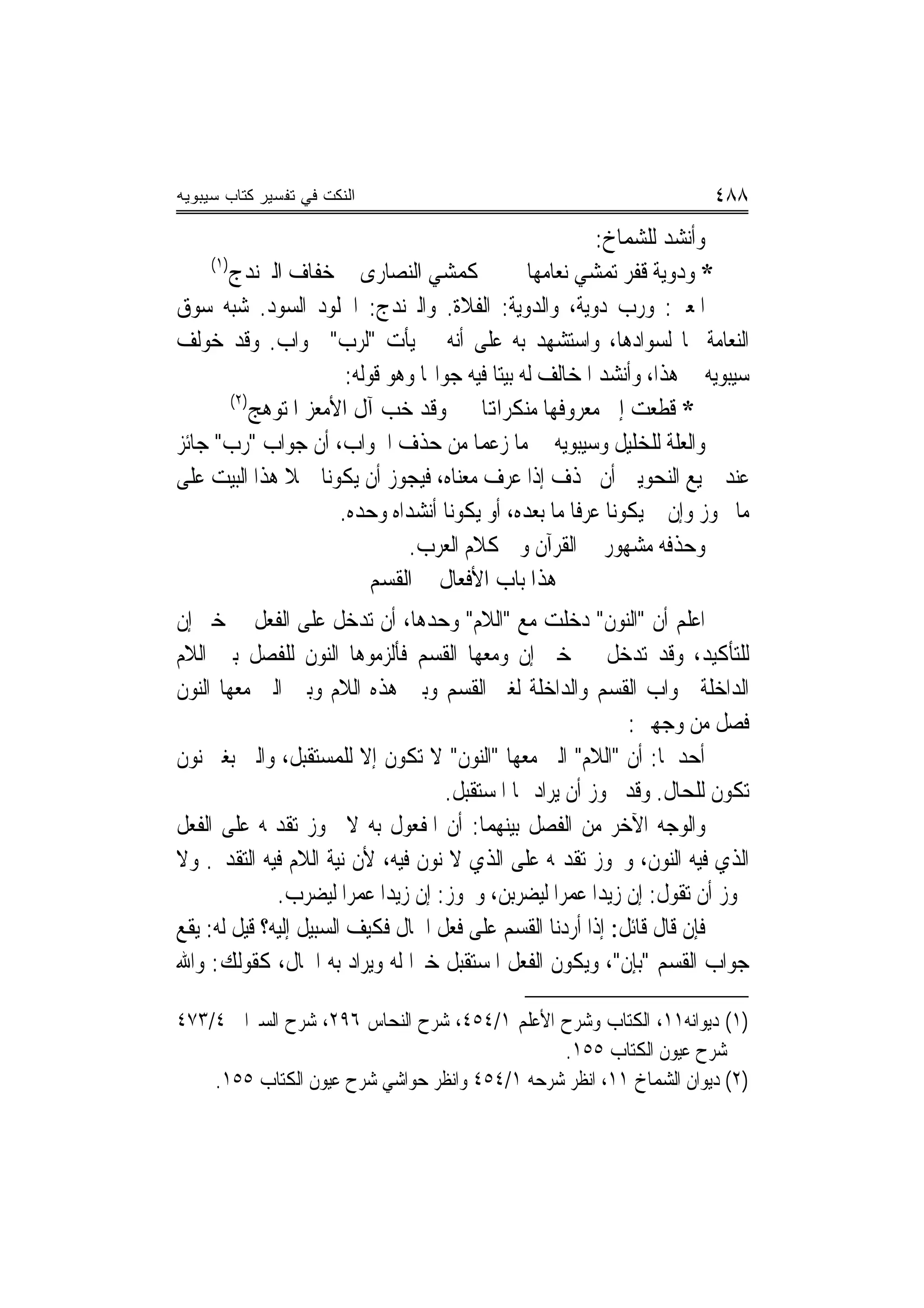 ‫ﺍﻟﻨﻜﺕ ﻓﻲ ﺘﻔﺴﻴﺭ ﻜﺘﺎﺏ ﺴﻴﺒﻭﻴﻪ‬                                               ‫٨٨٤‬
                                                           ‫ﻭﺃﻧﺸﺪ ﻟﻠﺸﻤﺎﺥ:‬
    ‫)١(‬
        ‫ﻛﻤﺸﻲ ﺍﻟﻨﺼﺎﺭﻯ ﰲ ﺧﻔﺎﻑ ﺍﻟﲑﻧﺪﺝ‬                ‫* ﻭﺩﻭﻳﺔ ﻗﻔﺮ ‪‬ﺗﻤ ‪‬ﻲ ﻧﻌﺎﻣﻬﺎ‬
                                                          ‫‪‬ﺸ‬
‫ﺍﳌﻌﲎ: ﻭﺭﺏ ﺩﻭﻳﺔ، ﻭﺍﻟﺪﻭﻳﺔ: ﺍﻟﻔﻼﺓ. ﻭﺍﻟﲑﻧﺪﺝ: ﺍﳉﻠﻮﺩ ﺍﻟﺴﻮﺩ. ﺷﺒﻪ ﺳﻮﻕ‬
‫ﺍﻟﻨﻌﺎﻣﺔ ‪‬ﺎ ﻟﺴﻮﺍﺩﻫﺎ، ﻭﺍﺳﺘﺸﻬﺪ ﺑﻪ ﻋﻠﻰ ﺃﻧﻪ ﱂ ﻳﺄﺕ "ﻟﺮﺏ" ﲜﻮﺍﺏ. ﻭﻗﺪ ﺧﻮﻟﻒ‬
                        ‫ﺳﻴﺒﻮﻳﻪ ﰲ ﻫﺬﺍ، ﻭﺃﻧﺸﺪ ﺍﳌﺨﺎﻟﻒ ﻟﻪ ﺑﻴﺘﺎ ﻓﻴﻪ ﺟﻮﺍ‪‬ﺎ ﻭﻫﻮ ﻗﻮﻟﻪ:‬
        ‫)٢(‬
            ‫* ﻗﻄﻌﺖ ﺇﱃ ﻣﻌﺮﻭﻓﻬﺎ ﻣﻨﻜﺮﺍﻬﺗﺎ ﻭﻗﺪ ﺧﺐ ﺁﻝ ﺍﻷﻣﻌﺰ ﺍﳌﺘﻮﻫﺞ‬
‫ﻭﺍﻟﻌﻠﺔ ﻟﻠﺨﻠﻴﻞ ﻭﺳﻴﺒﻮﻳﻪ ﰲ ﻣﺎ ﺯﻋﻤﺎ ﻣﻦ ﺣﺬﻑ ﺍﳉﻮﺍﺏ، ﺃﻥ ﺟﻮﺍﺏ "ﺭﺏ" ﺟﺎﺋﺰ‬
‫ﻋﻨﺪ ﲨﻴﻊ ﺍﻟﻨﺤﻮﻳﲔ ﺃﻥ ﳛﺬﻑ ﺇﺫﺍ ﻋﺮﻑ ﻣﻌﻨﺎﻩ، ﻓﻴﺠﻮﺯ ﺃﻥ ﻳﻜﻮﻧﺎ ﲪﻼ ﻫﺬﺍ ﺍﻟﺒﻴﺖ ﻋﻠﻰ‬
                       ‫ﻣﺎ ﳚﻮﺯ ﻭﺇﻥ ﱂ ﻳﻜﻮﻧﺎ ﻋﺮﻓﺎ ﻣﺎ ﺑﻌﺪﻩ، ﺃﻭ ﻳﻜﻮﻧﺎ ﺃﻧﺸﺪﺍﻩ ﻭﺣﺪﻩ.‬
                                ‫ﻭﺣﺬﻓﻪ ﻣﺸﻬﻮﺭ ﰲ ﺍﻟﻘﺮﺁﻥ ﻭﰲ ﻛﻼﻡ ﺍﻟﻌﺮﺏ.‬
                            ‫ﻫﺬﺍ ﺑﺎﺏ ﺍﻷﻓﻌﺎﻝ ﰲ ﺍﻟﻘﺴﻢ‬
‫ﺍﻋﻠﻢ ﺃﻥ "ﺍﻟﻨﻮﻥ" ﺩﺧﻠﺖ ﻣﻊ "ﺍﻟﻼﻡ" ﻭﺣﺪﻫﺎ، ﺃﻥ ﺗﺪﺧﻞ ﻋﻠﻰ ﺍﻟﻔﻌﻞ ﰲ ﺧﱪ ﺇﻥ‬
‫ﻟﻠﺘﺄﻛﻴﺪ، ﻭﻗﺪ ﺗﺪﺧﻞ ﰲ ﺧﱪ ﺇﻥ ﻭﻣﻌﻬﺎ ﺍﻟﻘﺴﻢ ﻓﺄﻟﺰﻣﻮﻫﺎ ﺍﻟﻨﻮﻥ ﻟﻠﻔﺼﻞ ﺑﲔ ﺍﻟﻼﻡ‬
‫ﺍﻟﺪﺍﺧﻠﺔ ﳉﻮﺍﺏ ﺍﻟﻘﺴﻢ ﻭﺍﻟﺪﺍﺧﻠﺔ ﻟﻐﲑ ﺍﻟﻘﺴﻢ ﻭﺑﲔ ﻫﺬﻩ ﺍﻟﻼﻡ ﻭﺑﲔ ﺍﻟﱵ ﻣﻌﻬﺎ ﺍﻟﻨﻮﻥ‬
                                                             ‫ﻓﺼﻞ ﻣﻦ ﻭﺟﻬﲔ:‬
‫ﺃﺣﺪﳘﺎ: ﺃﻥ "ﺍﻟﻼﻡ" ﺍﻟﱵ ﻣﻌﻬﺎ "ﺍﻟﻨﻮﻥ" ﻻ ﺗﻜﻮﻥ ﺇﻻ ﻟﻠﻤﺴﺘﻘﺒﻞ، ﻭﺍﻟﱵ ﺑﻐﲑ ﻧﻮﻥ‬
                                    ‫ﺗﻜﻮﻥ ﻟﻠﺤﺎﻝ. ﻭﻗﺪ ﳚﻮﺯ ﺃﻥ ﻳﺮﺍﺩ ‪‬ﺎ ﺍﳌﺴﺘﻘﺒﻞ.‬
‫ﻭﺍﻟﻮﺟﻪ ﺍﻵﺧﺮ ﻣﻦ ﺍﻟﻔﺼﻞ ﺑﻴﻨﻬﻤﺎ: ﺃﻥ ﺍﳌﻔﻌﻮﻝ ﺑﻪ ﻻ ﳚﻮﺯ ﺗﻘﺪﳝﻪ ﻋﻠﻰ ﺍﻟﻔﻌﻞ‬
‫ﺍﻟﺬﻱ ﻓﻴﻪ ﺍﻟﻨﻮﻥ، ﻭﳚﻮﺯ ﺗﻘﺪﳝﻪ ﻋﻠﻰ ﺍﻟﺬﻱ ﻻ ﻧﻮﻥ ﻓﻴﻪ، ﻷﻥ ﻧﻴﺔ ﺍﻟﻼﻡ ﻓﻴﻪ ﺍﻟﺘﻘﺪﱘ. ﻭﻻ‬
              ‫ﳚﻮﺯ ﺃﻥ ﺗﻘﻮﻝ: ﺇﻥ ﺯﻳﺪﺍ ﻋﻤﺮﺍ ﻟﻴﻀﺮﺑﻦ، ﻭﳚﻮﺯ: ﺇﻥ ﺯﻳﺪﺍ ﻋﻤﺮﺍ ﻟﻴﻀﺮﺏ.‬
‫ﻓﺈﻥ ﻗﺎﻝ ﻗﺎﺋﻞ: ﺇﺫﺍ ﺃﺭﺩﻧﺎ ﺍﻟﻘﺴﻢ ﻋﻠﻰ ﻓﻌﻞ ﺍﳊﺎﻝ ﻓﻜﻴﻒ ﺍﻟﺴﺒﻴﻞ ﺇﻟﻴﻪ؟ ﻗﻴﻞ ﻟﻪ: ﻳﻘﻊ‬
‫ﺟﻮﺍﺏ ﺍﻟﻘﺴﻢ "ﺑﺈﻥ"، ﻭﻳﻜﻮﻥ ﺍﻟﻔﻌﻞ ﺍﳌﺴﺘﻘﺒﻞ ﺧﱪﺍ ﻟﻪ ﻭﻳﺮﺍﺩ ﺑﻪ ﺍﳊﺎﻝ، ﻛﻘﻮﻟﻚ: ﻭﺍﷲ‬

‫)١( ﺩﻳﻮﺍﻧﻪ١١، ﺍﻟﻜﺘﺎﺏ ﻭﺷﺮﺡ ﺍﻷﻋﻠﻢ ١/٤٥٤، ﺷﺮﺡ ﺍﻟﻨﺤﺎﺱ ٦٩٢، ﺷﺮﺡ ﺍﻟﺴﲑﺍﰲ ٤/٣٧٤‬
                                               ‫ﺷﺮﺡ ﻋﻴﻮﻥ ﺍﻟﻜﺘﺎﺏ ٥٥١.‬
    ‫)٢( ﺩﻳﻮﺍﻥ ﺍﻟﺸﻤﺎﺥ ١١، ﺍﻧﻈﺮ ﺷﺮﺣﻪ ١/٤٥٤ ﻭﺍﻧﻈﺮ ﺣﻮﺍﺷﻲ ﺷﺮﺡ ﻋﻴﻮﻥ ﺍﻟﻜﺘﺎﺏ ٥٥١.‬
 