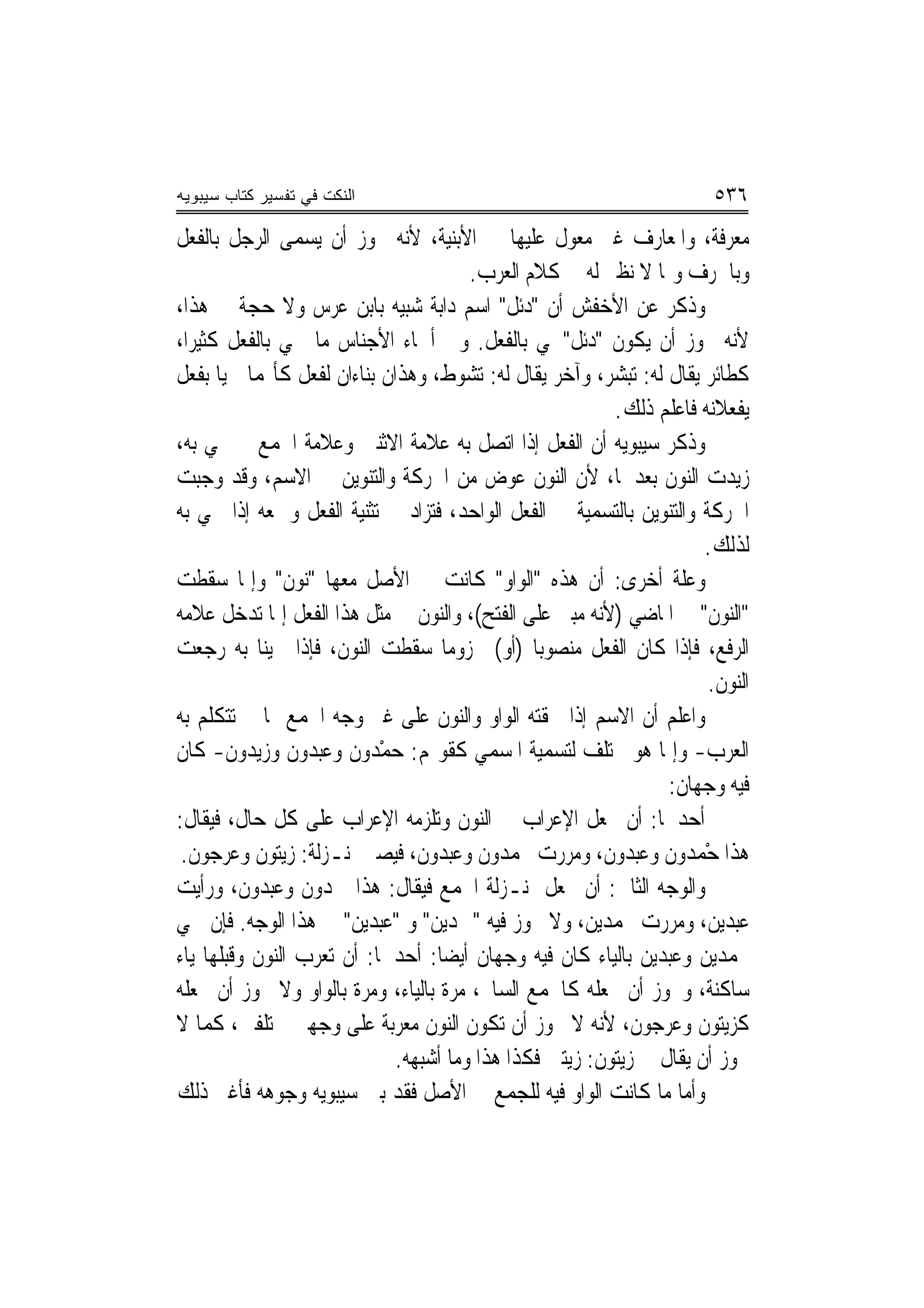 ‫ﺍﻟﻨﻜﺕ ﻓﻲ ﺘﻔﺴﻴﺭ ﻜﺘﺎﺏ ﺴﻴﺒﻭﻴﻪ‬                                             ‫٦٣٥‬
‫ﻣﻌﺮﻓﺔ، ﻭﺍﳌﻌﺎﺭﻑ ﻏﲑ ﻣﻌ ‪‬ﻝ ﻋﻠﻴﻬﺎ ﰲ ﺍﻷﺑﻨﻴﺔ، ﻷﻧﻪ ﳚﻮﺯ ﺃﻥ ﻳﺴﻤﻰ ﺍﻟﺮﺟﻞ ﺑﺎﻟﻔﻌﻞ‬
                                                   ‫ﻮ‬
                                       ‫ﻭﺑﺎﳊﺮﻑ ﻭﲟﺎ ﻻ ﻧﻈﲑ ﻟﻪ ﰲ ﻛﻼﻡ ﺍﻟﻌﺮﺏ.‬
‫ﻭﺫﻛﺮ ﻋﻦ ﺍﻷﺧﻔﺶ ﺃﻥ "ﺩﺋﻞ" ﺍﺳﻢ ﺩﺍﺑﺔ ﺷﺒﻴﻪ ﺑﺎﺑﻦ ﻋﺮﺱ ﻭﻻ ﺣﺠﺔ ﰲ ﻫﺬﺍ،‬
‫ﻷﻧﻪ ﳚﻮﺯ ﺃﻥ ﻳﻜﻮﻥ "ﺩﺋﻞ"ﲰﻲ ﺑﺎﻟﻔﻌﻞ. ﻭﰲ ﺃﲰﺎﺀ ﺍﻷﺟﻨﺎﺱ ﻣﺎ ﲰﻲ ﺑﺎﻟﻔﻌﻞ ﻛﺜﻴ‪‬ﺮﺍ،‬
‫ﻛﻄﺎﺋﺮ ﻳﻘﺎﻝ ﻟﻪ: ﺗﺒﺸﺮ، ﻭﺁﺧﺮ ﻳﻘﺎﻝ ﻟﻪ: ﺗﺸﻮﻁ، ﻭﻫﺬﺍﻥ ﺑﻨﺎﺀﺍﻥ ﻟﻔﻌﻞ ﻛﺄ‪‬ﻤﺎ ﲰﻴﺎ ﺑﻔﻌﻞ‬
                                                         ‫ﻳﻔﻌﻼﻧﻪ ﻓﺎﻋﻠﻢ ﺫﻟﻚ.‬
‫ﻭﺫﻛﺮ ﺳﻴﺒﻮﻳﻪ ﺃﻥ ﺍﻟﻔﻌﻞ ﺇﺫﺍ ﺍﺗﺼﻞ ﺑﻪ ﻋﻼﻣﺔ ﺍﻻﺛﻨﲔ ﻭﻋﻼﻣﺔ ﺍﳉﻤﻊ ﰒ ﲰﻲ ﺑﻪ،‬
‫ﺯﻳﺪﺕ ﺍﻟﻨﻮﻥ ﺑﻌﺪﳘﺎ، ﻷﻥ ﺍﻟﻨﻮﻥ ﻋﻮﺽ ﻣﻦ ﺍﳊﺮﻛﺔ ﻭﺍﻟﺘﻨﻮﻳﻦ ﰲ ﺍﻻﺳﻢ، ﻭﻗﺪ ﻭﺟﺒﺖ‬
‫ﺍﳊﺮﻛﺔ ﻭﺍﻟﺘﻨﻮﻳﻦ ﺑﺎﻟﺘﺴﻤﻴﺔ ﰲ ﺍﻟﻔﻌﻞ ﺍﻟﻮﺍﺣﺪ، ﻓﺘﺰﺍﺩ ﰲ ﺗﺜﻨﻴﺔ ﺍﻟﻔﻌﻞ ﻭﲨﻌﻪ ﺇﺫﺍ ﲰﻲ ﺑﻪ‬
                                                                     ‫ﻟﺬﻟﻚ.‬
‫ﻭﻋﻠﺔ ﺃﺧﺮﻯ: ﺃﻥ ﻫﺬﻩ "ﺍﻟﻮﺍﻭ" ﻛﺎﻧﺖ ﰲ ﺍﻷﺻﻞ ﻣﻌﻬﺎ "ﻧﻮﻥ" ﻭﺇﳕﺎ ﺳﻘﻄﺖ‬
‫"ﺍﻟﻨﻮﻥ" ﰲ ﺍﳌﺎﺿﻲ )ﻷﻧﻪ ﻣﺒﲏ ﻋﻠﻰ ﺍﻟﻔﺘﺢ(، ﻭﺍﻟﻨﻮﻥ ﰲ ﻣﺜﻞ ﻫﺬﺍ ﺍﻟﻔﻌﻞ ﺇﳕﺎ ﺗﺪﺧﻞ ﻋﻼﻣﻪ‬
‫ﺍﻟﺮﻓﻊ، ﻓﺈﺫﺍ ﻛﺎﻥ ﺍﻟﻔﻌﻞ ﻣﻨﺼﻮﺑ‪‬ﺎ )ﺃﻭ( ﳎﺰﻭﻣ‪‬ﺎ ﺳﻘﻄﺖ ﺍﻟﻨﻮﻥ، ﻓﺈﺫﺍ ﲰﻴﻨﺎ ﺑﻪ ﺭﺟﻌﺖ‬
                                                                      ‫ﺍﻟﻨﻮﻥ.‬
‫ﻭﺍﻋﻠﻢ ﺃﻥ ﺍﻻﺳﻢ ﺇﺫﺍ ﳊﻘﺘﻪ ﺍﻟﻮﺍﻭ ﻭﺍﻟﻨﻮﻥ ﻋﻠﻰ ﻏﲑ ﻭﺟﻪ ﺍﳉﻤﻊ ﳑﺎ ﱂ ﺗﺘﻜﻠﻢ ﺑﻪ‬
‫ﺍﻟﻌﺮﺏ- ﻭﺇﳕﺎ ﻫﻮ ﳐﺘﻠﻒ ﻟﺘﺴﻤﻴﺔ ﺍﳌﺴﻤﻲ ﻛﻘﻮﳍﻢ: ﺣﻤ ‪‬ﻭﻥ ﻭﻋﺒ ‪‬ﻭﻥ ﻭﺯﻳ ‪‬ﻭﻥ- ﻛﺎﻥ‬
        ‫‪ْ ‬ﺪ ﹶ ﺪ ﹶ ﺪ ﹶ‬
                                                                ‫ﻓﻴﻪ ﻭﺟﻬﺎﻥ:‬
‫ﺃﺣﺪﳘﺎ: ﺃﻥ ﲡﻌﻞ ﺍﻹﻋﺮﺍﺏ ﰲ ﺍﻟﻨﻮﻥ ﻭﺗﻠﺰﻣﻪ ﺍﻹﻋﺮﺍﺏ ﻋﻠﻰ ﻛﻞ ﺣﺎﻝ، ﻓﻴﻘﺎﻝ:‬
 ‫ﻫﺬﺍ ﺣْﻤﺪﻭﻥ ﻭﻋﺒ ‪‬ﻭﻥ، ﻭﻣﺮﺭﺕ ﲝﻤﺪﻭﻥ ﻭﻋﺒ ‪‬ﻭﻥ، ﻓﻴﺼﲑ ﲟﻨـﺰﻟﺔ: ﺯﻳﺘﻮﻥ ﻭﻋﺮﺟﻮﻥ.‬
                                ‫ﹶ ﺪ ﹶ‬                   ‫ﹶ ﺪ ﹶ‬
‫ﻭﺍﻟﻮﺟﻪ ﺍﻟﺜﺎﱐ: ﺃﻥ ﳚﻌﻞ ﲟﻨـﺰﻟﺔ ﺍﳉﻤﻊ ﻓﻴﻘﺎﻝ: ﻫﺬﺍ ﲪﺪﻭﻥ ﻭﻋﺒﺪﻭﻥ، ﻭﺭﺃﻳﺖ‬
‫ﻋﺒﺪﻳﻦ، ﻭﻣﺮﺭﺕ ﲝﻤﺪﻳﻦ، ﻭﻻ ﳚﻮﺯ ﻓﻴﻪ "ﲪﺪﻳﻦ" ﻭ "ﻋﺒﺪﻳﻦ" ﰲ ﻫﺬﺍ ﺍﻟﻮﺟﻪ. ﻓﺈﻥ ﲰﻲ‬
‫ﲝﻤﺪﻳﻦ ﻭﻋﺒﺪﻳﻦ ﺑﺎﻟﻴﺎﺀ ﻛﺎﻥ ﻓﻴﻪ ﻭﺟﻬﺎﻥ ﺃﻳﻀﺎ: ﺃﺣﺪﳘﺎ: ﺃﻥ ﺗﻌﺮﺏ ﺍﻟﻨﻮﻥ ﻭﻗﺒﻠﻬﺎ ﻳﺎﺀ‬
‫ﺳﺎﻛﻨﺔ، ﻭﳚﻮﺯ ﺃﻥ ﲡﻌﻠﻪ ﻛﺎﳉﻤﻊ ﺍﻟﺴﺎﱂ، ﻣﺮﺓ ﺑﺎﻟﻴﺎﺀ، ﻭﻣﺮﺓ ﺑﺎﻟﻮﺍﻭ ﻭﻻ ﳚﻮﺯ ﺃﻥ ﲡﻌﻠﻪ‬
‫ﻛﺰﻳﺘﻮﻥ ﻭﻋﺮﺟﻮﻥ، ﻷﻧﻪ ﻻ ﳚﻮﺯ ﺃﻥ ﺗﻜﻮﻥ ﺍﻟﻨﻮﻥ ﻣﻌﺮﺑﺔ ﻋﻠﻰ ﻭﺟﻬﲔ ﳐﺘﻠﻔﲔ، ﻛﻤﺎ ﻻ‬
                             ‫ﳚﻮﺯ ﺃﻥ ﻳﻘﺎﻝ ﰲ ﺯﻳﺘﻮﻥ: ﺯﻳﺘﲔ ﻓﻜﺬﺍ ﻫﺬﺍ ﻭﻣﺎ ﺃﺷﺒﻬﻪ.‬
‫ﻭﺃﻣﺎ ﻣﺎ ﻛﺎﻧﺖ ﺍﻟﻮﺍﻭ ﻓﻴﻪ ﻟﻠﺠﻤﻊ ﰲ ﺍﻷﺻﻞ ﻓﻘﺪ ﺑﲔ ﺳﻴﺒﻮﻳﻪ ﻭﺟﻮﻫﻪ ﻓﺄﻏﲎ ﺫﻟﻚ‬
                         ‫‪‬‬
 