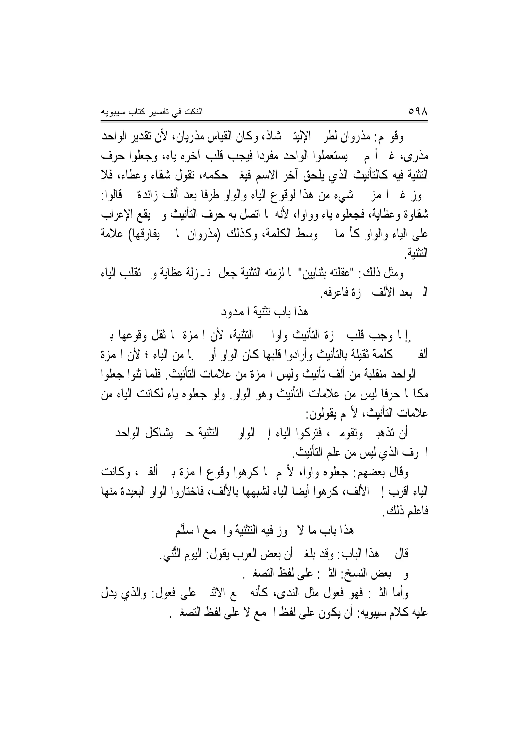 ‫ﺍﻟﻨﻜﺕ ﻓﻲ ﺘﻔﺴﻴﺭ ﻜﺘﺎﺏ ﺴﻴﺒﻭﻴﻪ‬                                                    ‫٨٩٥‬
‫ﻭﻗﻮﳍﻢ: ﻣﺬﹾﺭﻭﺍﻥ ﻟﻄﺮﰲ ﺍﻹﻟﻴﺘﲔ ﺷﺎﺫ، ﻭﻛﺎﻥ ﺍﻟﻘﻴﺎﺱ ﻣﺬﹾﺭﻳﺎﻥ، ﻷﻥ ﺗﻘﺪﻳﺮ ﺍﻟﻮﺍﺣﺪ‬
                       ‫‪‬‬
‫ﻣﺬﹾﺭﻯ، ﻏﲑ ﺃ‪‬ﻢ ﱂ ﻳﺴﺘﻌﻤﻠﻮﺍ ﺍﻟﻮﺍﺣﺪ ﻣﻔﺮﺩ‪‬ﺍ ﻓﻴﺠﺐ ﻗﻠﺐ ﺁﺧﺮﻩ ﻳﺎﺀ، ﻭﺟﻌﻠﻮﺍ ﺣﺮﻑ‬
‫ﺍﻟﺘﺜﻨﻴﺔ ﻓﻴﻪ ﻛﺎﻟﺘﺄﻧﻴﺚ ﺍﻟﺬﻱ ﻳﻠﺤﻖ ﺁﺧﺮ ﺍﻻﺳﻢ ﻓﻴﻐﲑ ﺣﻜﻤﻪ، ﺗﻘﻮﻝ ﺷﻘﺎﺀ ﻭﻋﻄﺎﺀ، ﻓﻼ‬
                               ‫‪‬‬
‫ﳚﻮﺯ ﻏﲑ ﺍﳍﻤﺰ ﰲ ﺷﻲﺀ ﻣﻦ ﻫﺬﺍ ﻟﻮﻗﻮﻉ ﺍﻟﻴﺎﺀ ﻭﺍﻟﻮﺍﻭ ﻃﺮﻓﹰﺎ ﺑﻌﺪ ﺃﻟﻒ ﺯﺍﺋﺪﺓ ﰒ ﻗﺎﻟﻮﺍ:‬
‫ﺷﻘﺎﻭﺓ ﻭﻋﻈﺎﻳﺔ، ﻓﺠﻌﻠﻮﻩ ﻳﺎﺀ ﻭﻭﺍﻭ‪‬ﺍ، ﻷﻧﻪ ﳌﺎ ﺍﺗﺼﻞ ﺑﻪ ﺣﺮﻑ ﺍﻟﺘﺄﻧﻴﺚ ﻭﱂ ﻳﻘﻊ ﺍﻹﻋﺮﺍﺏ‬
‫ﻋﻠﻰ ﺍﻟﻴﺎﺀ ﻭﺍﻟﻮﺍﻭ ﻛﺄ‪‬ﻤﺎ ﰲ ﻭﺳﻂ ﺍﻟﻜﻠﻤﺔ، ﻭﻛﺬﻟﻚ )ﻣﺬﺭﻭﺍﻥ ﳌﺎ ﱂ ﻳﻔﺎﺭﻗﻬﺎ( ﻋﻼﻣﺔ‬
                                                                            ‫ﺍﻟﺘﺜﻨﻴﺔ.‬
‫ﻭﻣﺜﻞ ﺫﻟﻚ: "ﻋﻘﻠﺘﻪ ﺑﺜﹶﻨﺎﻳﻴ‪‬ﻦ" ﳌﺎ ﻟﺰﻣﺘﻪ ﺍﻟﺘﺜﻨﻴﺔ ﺟﻌﻞ ﲟﻨـﺰﻟﺔ ﻋﻈﺎﻳﺔ ﻭﱂ ﺗﻘﻠﺐ ﺍﻟﻴﺎﺀ‬
                                                       ‫ﺍﻟﱵ ﺑﻌﺪ ﺍﻷﻟﻒ ﳘﺰﺓ ﻓﺎﻋﺮﻓﻪ.‬
                            ‫ﻫﺬﺍ ﺑﺎﺏ ﺗﺜﻨﻴﺔ ﺍﳌﻤﺪﻭﺩ‬
‫ٍٍﺇﳕﺎ ﻭﺟﺐ ﻗﻠﺐ ﳘﺰﺓ ﺍﻟﺘﺄﻧﻴﺚ ﻭﺍﻭ‪‬ﺍ ﰲ ﺍﻟﺘﺜﻨﻴﺔ، ﻷﻥ ﺍﳍﻤﺰﺓ ﳌﺎ ﺛﻘﻞ ﻭﻗﻮﻋﻬﺎ ﺑﲔ‬
‫ﺃﻟﻔﲔ ﰲ ﻛﻠﻤﺔ ﺛﻘﻴﻠﺔ ﺑﺎﻟﺘﺄﻧﻴﺚ ﻭﺃﺭﺍﺩﻭﺍ ﻗﻠﺒﻬﺎ ﻛﺎﻥ ﺍﻟﻮﺍﻭ ﺃﻭﱃ ‪ِ‬ﺎ ﻣﻦ ﺍﻟﻴﺎﺀ ؛ ﻷﻥ ﺍﳍﻤﺰﺓ‬
‫ﰲ ﺍﻟﻮﺍﺣﺪ ﻣﻨﻘﻠﺒﺔ ﻣﻦ ﺃﻟﻒ ﺗﺄﻧﻴﺚ ﻭﻟﻴﺲ ﺍﳍﻤﺰﺓ ﻣﻦ ﻋﻼﻣﺎﺕ ﺍﻟﺘﺄﻧﻴﺚ. ﻓﻠﻤﺎ ﺛﻨﻮﺍ ﺟﻌﻠﻮﺍ‬
‫ﻣﻜﺎ‪‬ﺎ ﺣﺮﻓﹰﺎ ﻟﻴﺲ ﻣﻦ ﻋﻼﻣﺎﺕ ﺍﻟﺘﺄﻧﻴﺚ ﻭﻫﻮ ﺍﻟﻮﺍﻭ. ﻭﻟﻮ ﺟﻌﻠﻮﻩ ﻳﺎﺀ ﻟﻜﺎﻧﺖ ﺍﻟﻴﺎﺀ ﻣﻦ‬
                                                   ‫ﻋﻼﻣﺎﺕ ﺍﻟﺘﺄﻧﻴﺚ، ﻷ‪‬ﻢ ﻳﻘﻮﻟﻮﻥ:‬
‫ﺃﻥ ‪‬ﺗﺬﹾﻫﺒﲔ ﻭ‪‬ﺗ ﹸﻮﻣﲔ، ﻓﺘﺮﻛﻮﺍ ﺍﻟﻴﺎﺀ ﺇﱃ ﺍﻟﻮﺍﻭ ﰲ ﺍﻟﺘﺜﻨﻴﺔ ﺣﱴ ﻳﺸﺎﻛﻞ ﺍﻟﻮﺍﺣﺪ ﰲ‬
                                                              ‫ﻘ‬
                                                ‫ﺍﳊﺮﻑ ﺍﻟﺬﻱ ﻟﻴﺲ ﻣﻦ ﻋﻠﻢ ﺍﻟﺘﺄﻧﻴﺚ.‬
‫ﻭﻗﺎﻝ ﺑﻌﻀﻬﻢ: ﺟﻌﻠﻮﻩ ﻭﺍﻭ‪‬ﺍ، ﻷ‪‬ﻢ ﳌﺎ ﻛﺮﻫﻮﺍ ﻭﻗﻮﻉ ﺍﳍﻤﺰﺓ ﺑﲔ ﺃﻟﻔﲔ، ﻭﻛﺎﻧﺖ‬
‫ﺍﻟﻴﺎﺀ ﺃﻗﺮﺏ ﺇﱃ ﺍﻷﻟﻒ، ﻛﺮﻫﻮﺍ ﺃﻳﻀ‪‬ﺎ ﺍﻟﻴﺎﺀ ﻟﺸﺒﻬﻬﺎ ﺑﺎﻷﻟﻒ، ﻓﺎﺧﺘﺎﺭﻭﺍ ﺍﻟﻮﺍﻭ ﺍﻟﺒﻌﻴﺪﺓ ﻣﻨﻬﺎ‬
                                                                     ‫ﻓﺎﻋﻠﻢ ﺫﻟﻚ.‬
                    ‫ﻫﺬﺍ ﺑﺎﺏ ﻣﺎ ﻻ ﳚﻮﺯ ﻓﻴﻪ ﺍﻟﺘﺜﻨﻴﺔ ﻭﺍﳉﻤﻊ ﺍﳌﺴ ﱠﻢ‬
                     ‫ﹸ ‪‬ﻠ‬
            ‫ﻗﺎﻝ ﰲ ﻫﺬﺍ ﺍﻟﺒﺎﺏ: ﻭﻗﺪ ﺑﻠﻐﲏ ﺃﻥ ﺑﻌﺾ ﺍﻟﻌﺮﺏ ﻳﻘﻮﻝ: ﺍﻟﻴﻮﻡ ﺍﻟﱡ‪‬ﻨﻲ.‬
             ‫ﺜ ‪‬‬
                                 ‫ﻭﰱ ﺑﻌﺾ ﺍﻟﻨﺴﺦ: ﺍﻟﺜﲏ: ﻋﻠﻰ ﻟﻔﻆ ﺍﻟﺘﺼﻐﲑ.‬
‫ﻭﺃﻣﺎ ﺍﻟﺜﲏ: ﻓﻬﻮ ﻓﻌﻮﻝ ﻣﺜﻞ ﺍﻟ‪‬ﺪﻯ، ﻛﺄﻧﻪ ﲨﻊ ﺍﻻﺛﻨﲔ ﻋﻠﻰ ﻓﻌﻮﻝ: ﻭﺍﻟﺬﻱ ﻳﺪﻝ‬
                                         ‫ﻨ ‪‬‬
              ‫ﻋﻠﻴﻪ ﻛﻼﻡ ﺳﻴﺒﻮﻳﻪ: ﺃﻥ ﻳﻜﻮﻥ ﻋﻠﻰ ﻟﻔﻆ ﺍﳉﻤﻊ ﻻ ﻋﻠﻰ ﻟﻔﻆ ﺍﻟﺘﺼﻐﲑ.‬
 