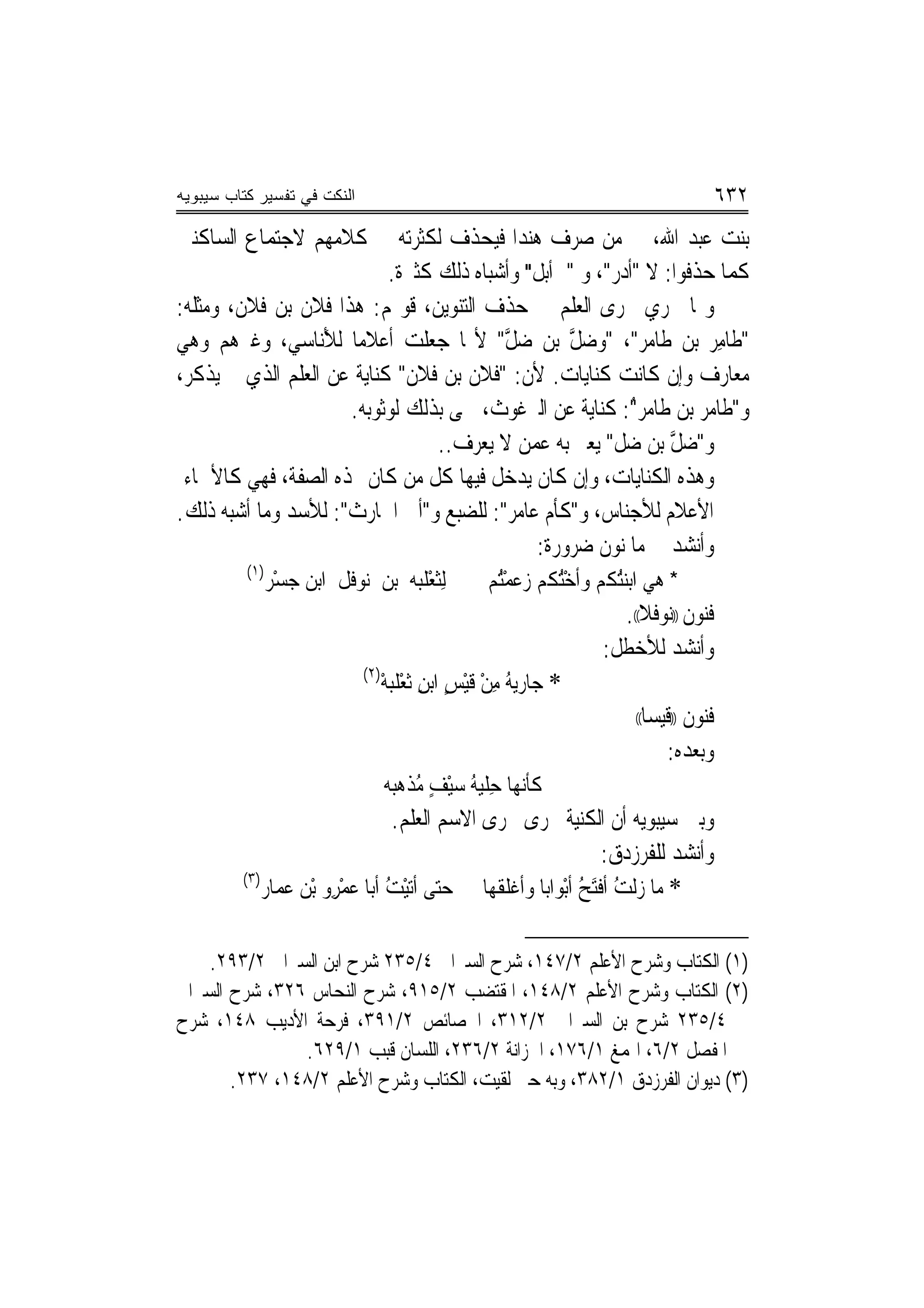 ‫ﺍﻟﻨﻜﺕ ﻓﻲ ﺘﻔﺴﻴﺭ ﻜﺘﺎﺏ ﺴﻴﺒﻭﻴﻪ‬                                                              ‫٢٣٦‬
‫ﺑﻨﺖ ﻋﺒﺪ ﺍﷲ، ﰲ ﻣﻦ ﺻﺮﻑ ﻫﻨﺪ‪‬ﺍ ﻓﻴﺤﺬﻑ ﻟﻜﺜﺮﺗﻪ ﰲ ﻛﻼﻣﻬﻢ ﻻﺟﺘﻤﺎﻉ ﺍﻟﺴﺎﻛﻨﲔ‬
                           ‫ﻛﻤﺎ ﺣﺬﻓﻮﺍ: ﻻ "ﺃﺩ‪‬ﺭ"، ﻭ "ﱂ ﺃﺑﻞ" ﻭﺃﺷﺒﺎﻩ ﺫﻟﻚ ﻛﺜﲑﺓ.‬
‫ﻭﳑﺎ ﳚﺮﻱ ﳎﺮﻯ ﺍﻟﻌﻠﻢ ﰲ ﺣﺬﻑ ﺍﻟﺘﻨﻮﻳﻦ، ﻗﻮﳍﻢ: ﻫﺬﺍ ﻓﻼﻥ ﺑﻦ ﻓﻼﻥ، ﻭﻣﺜﻠﻪ:‬
‫"ﻃﹶﺎﻣِﺮ ﺑﻦ ﻃﹶﺎﻣﺮ"، "ﻭﺿﻞ ﺑﻦ ﺿﻞ" ﻷ‪‬ﺎ ﺟﻌﻠﺖ ﺃﻋﻼﻣ‪‬ﺎ ﻟﻸَﻧﺎﺳ‪‬ﻲ، ﻭﻏﲑﻫﻢ ﻭﻫﻲ‬
                                          ‫‪‬ﱠ‬      ‫‪‬ﱠ‬
‫ﻣﻌﺎﺭﻑ ﻭﺇﻥ ﻛﺎﻧﺖ ﻛﻨﺎﻳﺎﺕ. ﻷﻥ: "ﹸﻼ ﹸ ﺑﻦ ﹸﻼﻥ" ﻛﻨﺎﻳﺔ ﻋﻦ ﺍﻟﻌﻠﻢ ﺍﻟﺬﻱ ﱂ ﻳﺬﻛﺮ،‬
                                ‫ﻓ ﹶﻥ ‪ ‬ﻓ‬
                     ‫ﻭ" ﹶﺎﻣ ‪ ‬ﺑﻦ ﻃﹶﺎﻣﺮ": ﻛﻨﺎﻳﺔ ﻋﻦ ﺍﻟﱪﻏﻮﺙ، ﲰﻰ ﺑﺬﻟﻚ ﻟﻮﺛﻮﺑﻪ.‬
                                                           ‫ُ‬      ‫ﻃ ﺮ ‪‬‬
                                 ‫ﻭ"ﺿﻞ ﺑﻦ ﺿﻞ" ﻳﻌﱪ ﺑﻪ ﻋﻤﻦ ﻻ ‪‬ﻌﺮ ‪..‬‬
                                   ‫ﻳ ‪ ‬ﻑ‬               ‫‪‬ﱠ ‪ ‬ﹼ‬
 ‫ﻭﻫﺬﻩ ﺍﻟﻜﻨﺎﻳﺎﺕ، ﻭﺇﻥ ﻛﺎﻥ ﻳﺪﺧﻞ ﻓﻴﻬﺎ ﻛﻞ ﻣﻦ ﻛﺎﻥ ‪‬ﺬﻩ ﺍﻟﺼﻔﺔ، ﻓﻬﻲ ﻛﺎﻷﲰﺎﺀ‬
‫ﺍﻷﻋﻼﻡ ﻟﻸﺟﻨﺎﺱ، ﻭ"ﻛﺄﻡ ﻋ‪‬ﺎﻣﺮ": ﻟﻠﻀﺒﻊ ﻭ"ﺃﰊ ﺍﳊﺎﺭﺙ": ﻟﻸﺳﺪ ﻭﻣﺎ ﺃﺷﺒﻪ ﺫﻟﻚ.‬
                                             ‫ﻭﺃﻧﺸﺪ ﰲ ﻣﺎ ﻧﻮﻥ ﺿﺮﻭﺭﺓ:‬
          ‫)١(‬
                ‫ِﻟﺜﻌﻠﺒﻪ ﺑﻦ ﻧﻮﻓﹶﻞ ﺍﺑﻦ ﺟﺴْﺮ‬
                   ‫‪‬‬              ‫ﹶ ْ ﹶ‪ ‬‬         ‫* ﻫﻲ ﺍﹾﺑﻨﺘ ﹸﻢ ﻭﹸﺃﺧﺘ ﹸﻢ ﺯﻋﻤﺘُﻢ‬
                                                     ‫ُْﻜ ‪ُْ  ‬‬     ‫‪ُ ‬ﻜ‬
                                                                      ‫ﻓﻨﻮﻥ ))ﻧﻮﻓﻼ((.‬
                                                                    ‫ﻭﺃﻧﺸﺪ ﻟﻸﺧﻄﻞ:‬
                              ‫)٢(‬
                                    ‫* ‪‬ﺎﺭ‪‬ﻳ ُ ﻣﻦ ﻗﻴﺲ ﺍﺑﻦ ﹶﺛﻌﻠﺒﻪ‬
                                    ‫ﺟ ﻪ ِ ْ ْ ٍ ِ ْ ﹶ‪ْ ‬‬
                                                                          ‫ﻓﻨﻮﻥ ))ﻗﻴﺴﺎ‬
                                                                         ‫((‬

                                                                             ‫ﻭﺑﻌﺪﻩ:‬
                                    ‫ﻛﺄ‪‬ﻬﺎ ﺣﻠﻴ ُ ﺳﻴﻒ ﻣﺬ ‪‬ﺒﻪ‬
                                      ‫ﹶﹶﻧ ِ ﹾ‪‬ﻪ ‪ ُ ٍ ْ ‬ﹶﻫ‬
                                    ‫ﻭﺑﲔ ﺳﻴﺒﻮﻳﻪ ﺃﻥ ﺍﻟﻜﻨﻴﺔ ﲡﺮﻯ ﳎﺮﻯ ﺍﻻﺳﻢ ﺍﻟﻌﻠﻢ.‬
                                                                       ‫ﻭﺃﻧﺸﺪ ﻟﻠﻔﺮﺯﺩﻕ:‬
         ‫)٣(‬
             ‫* ﻣ‪‬ﺎ ﺯﹾﻟﺖ ﹶﺃﻓﺘ ُ ﹶﺃﺑْﻮﺍﹶﺑﺎ ﻭﹸﺃﻏﹾﻠﻘﻬ‪‬ﺎ ﺣ‪‬ﻰ ﺃ‪‬ﺗﻴ ُ ﹶﺃﺑ‪‬ﺎ ﻋﻤﺮِﻭ ْﺑﻦ ﻋ ‪‬ﺎﺭ‬
               ‫‪‬ﺘ ْﺖ ‪  ْ ‬ﻤ‬                    ‫ﹸ‬       ‫ُ ﹾَ‪‬ﺢ ﹰ‬

    ‫)١( ﺍﻟﻜﺘﺎﺏ ﻭﺷﺮﺡ ﺍﻷﻋﻠﻢ ٢/٧٤١، ﺷﺮﺡ ﺍﻟﺴﲑﺍﰲ ٤/٥٣٢ ﺷﺮﺡ ﺍﺑﻦ ﺍﻟﺴﲑﺍﰲ ٢/٣٩٢.‬
‫)٢( ﺍﻟﻜﺘﺎﺏ ﻭﺷﺮﺡ ﺍﻷﻋﻠﻢ ٢/٨٤١، ﺍﳌﻘﺘﻀﺐ ٢/٥١٩، ﺷﺮﺡ ﺍﻟﻨﺤﺎﺱ ٦٢٣، ﺷﺮﺡ ﺍﻟﺴﲑﺍﰲ‬
‫٤/٥٣٢ ﺷﺮﺡ ﺑﻦ ﺍﻟﺴﲑﺍﰲ ٢/٢١٣، ﺍﳋﺼﺎﺋﺺ ٢/١٩٣، ﻓﺮﺣﺔ ﺍﻷﺩﻳﺐ ٨٤١، ﺷﺮﺡ‬
               ‫ﺍﳌﻔﺼﻞ ٢/٦، ﺍﳍﻤﻎ ١/٦٧١، ﺍﳋﺰﺍﻧﺔ ٢/٦٣٢، ﺍﻟﻠﺴﺎﻥ ﻗﺒﺐ ١/٩٢٦.‬
       ‫)٣( ﺩﻳﻮﺍﻥ ﺍﻟﻔﺮﺯﺩﻕ ١/٢٨٣، ﻭﺑﻪ ﺣﱴ ﻟﻘﻴﺖ، ﺍﻟﻜﺘﺎﺏ ﻭﺷﺮﺡ ﺍﻷﻋﻠﻢ ٢/٨٤١، ٧٣٢.‬
 