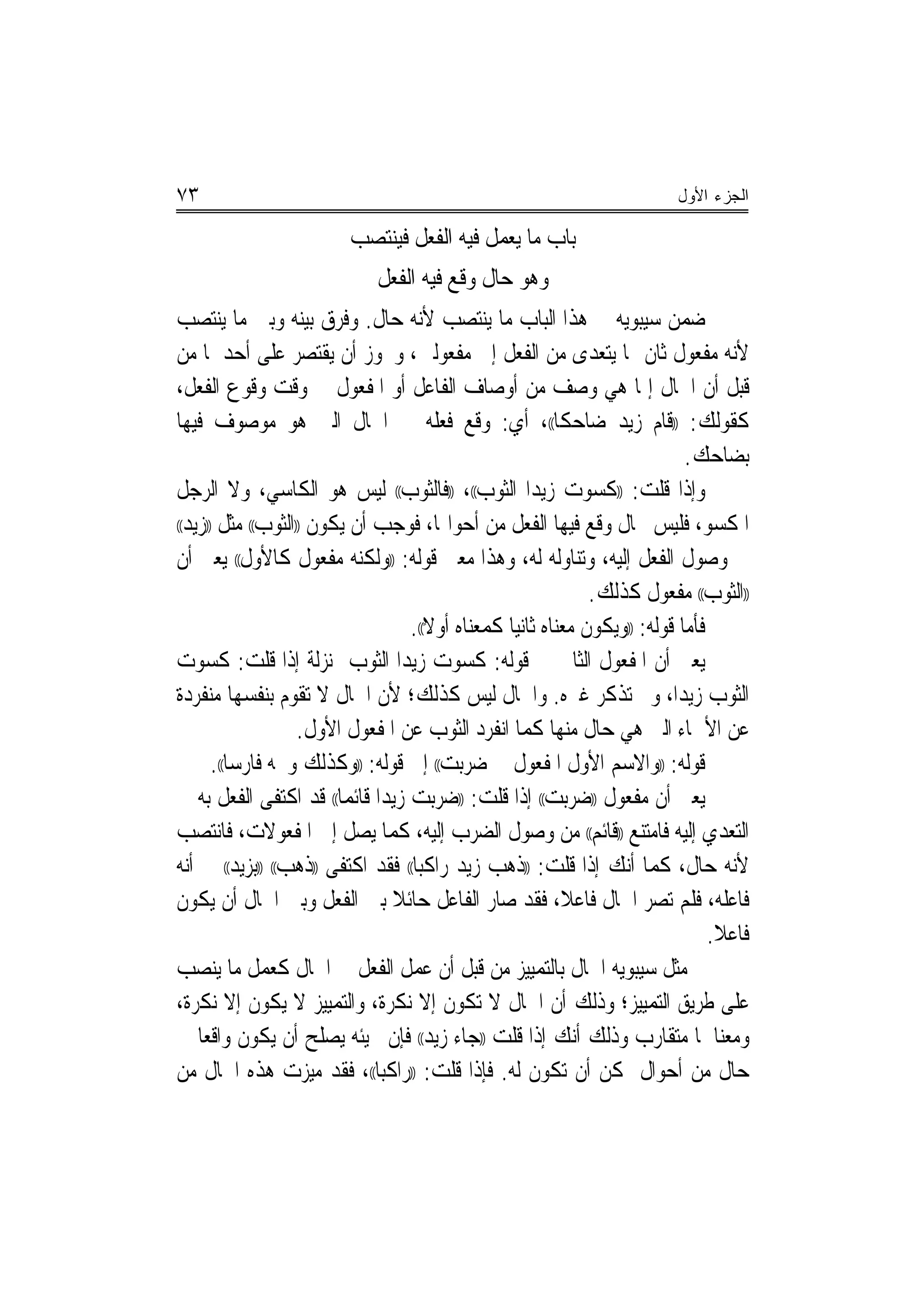 ‫٣٧‬                                                                        ‫ﺍﻟﺠﺯﺀ ﺍﻷﻭل‬

                         ‫ﺑﺎﺏ ﻣﺎ ﻳﻌﻤﻞ ﻓﻴﻪ ﺍﻟﻔﻌﻞ ﻓﻴﻨﺘﺼﺐ‬
                             ‫ﻭﻫﻮ ﺣﺎﻝ ﻭﻗﻊ ﻓﻴﻪ ﺍﻟﻔﻌﻞ‬
‫ﺿﻤﻦ ﺳﻴﺒﻮﻳﻪ ﰲ ﻫﺬﺍ ﺍﻟﺒﺎﺏ ﻣﺎ ﻳﻨﺘﺼﺐ ﻷﻧﻪ ﺣﺎﻝ. ﻭﻓﺮﻕ ﺑﻴﻨﻪ ﻭﺑﲔ ﻣﺎ ﻳﻨﺘﺼﺐ‬
‫ﻷﻧﻪ ﻣﻔﻌﻮﻝ ﺛﺎﻥ ﳑﺎ ﻳﺘﻌﺪﻯ ﻣﻦ ﺍﻟﻔﻌﻞ ﺇﱃ ﻣﻔﻌﻮﻟﲔ، ﻭﳚﻮﺯ ﺃﻥ ﻳﻘﺘﺼﺮ ﻋﻠﻰ ﺃﺣﺪﳘﺎ ﻣﻦ‬
‫ﻗﺒﻞ ﺃﻥ ﺍﳊﺎﻝ ﺇﳕﺎ ﻫﻲ ﻭﺻﻒ ﻣﻦ ﺃﻭﺻﺎﻑ ﺍﻟﻔﺎﻋﻞ ﺃﻭ ﺍﳌﻔﻌﻮﻝ ﰲ ﻭﻗﺖ ﻭﻗﻮﻉ ﺍﻟﻔﻌﻞ،‬
‫ﻛﻘﻮﻟﻚ: ))ﻗﺎﻡ ﺯﻳﺪ ﺿﺎﺣﻜﺎ((، ﺃﻱ: ﻭﻗﻊ ﻓﻌﻠﻪ ﰲ ﺍﳊﺎﻝ ﺍﻟﱵ ﻫﻮ ﻣﻮﺻﻮﻑ ﻓﻴﻬﺎ‬
                                                                            ‫ﺑﻀﺎﺣﻚ.‬
‫ﻭﺇﺫﺍ ﻗﻠﺖ: ))ﻛﺴﻮﺕ ﺯﻳﺪ‪‬ﺍ ﺍﻟﺜﻮﺏ((، ))ﻓﺎﻟﺜﻮﺏ(( ﻟﻴﺲ ﻫﻮ ﺍﻟﻜﺎﺳﻲ، ﻭﻻ ﺍﻟﺮﺟﻞ‬
‫ﺍﳌﻜﺴﻮ، ﻓﻠﻴﺲ ﲝﺎﻝ ﻭﻗﻊ ﻓﻴﻬﺎ ﺍﻟﻔﻌﻞ ﻣﻦ ﺃﺣﻮﺍﳍﺎ، ﻓﻮﺟﺐ ﺃﻥ ﻳﻜﻮﻥ ))ﺍﻟﺜﻮﺏ(( ﻣﺜﻞ ))ﺯﻳﺪ((‬

‫ﰲ ﻭﺻﻮﻝ ﺍﻟﻔﻌﻞ ﺇﻟﻴﻪ، ﻭﺗﻨﺎﻭﻟﻪ ﻟﻪ، ﻭﻫﺬﺍ ﻣﻌﲎ ﻗﻮﻟﻪ: ))ﻭﻟﻜﻨﻪ ﻣﻔﻌﻮﻝ ﻛﺎﻷﻭﻝ(( ﻳﻌﲏ ﺃﻥ‬
                                                              ‫))ﺍﻟﺜﻮﺏ(( ﻣﻔﻌﻮﻝ ﻛﺬﻟﻚ.‬
                                  ‫ﻓﺄﻣﺎ ﻗﻮﻟﻪ: ))ﻭﻳﻜﻮﻥ ﻣﻌﻨﺎﻩ ﺛﺎﻧ‪‬ﻴﺎ ﻛﻤﻌﻨﺎﻩ ﺃﻭﻻ((.‬
                                      ‫ً‬

‫ﻳﻌﲏ ﺃﻥ ﺍﳌﻔﻌﻮﻝ ﺍﻟﺜﺎﱐ ﰲ ﻗﻮﻟﻪ: ﻛﺴﻮﺕ ﺯﻳﺪ‪‬ﺍ ﺍﻟﺜﻮﺏ ﲟﻨ‪‬ﺰﻟﺔ ﺇﺫﺍ ﻗﻠﺖ: ﻛﺴﻮﺕ‬
‫ﺍﻟﺜﻮﺏ ﺯﻳﺪ‪‬ﺍ، ﻭﱂ ﺗﺬﻛﺮ ﻏﲑﻩ. ﻭﺍﳊﺎﻝ ﻟﻴﺲ ﻛﺬﻟﻚ؛ ﻷﻥ ﺍﳊﺎﻝ ﻻ ﺗﻘﻮﻡ ﺑﻨﻔﺴﻬﺎ ﻣﻨﻔﺮﺩﺓ‬
                    ‫ﻋﻦ ﺍﻷﲰﺎﺀ ﺍﻟﱵ ﻫﻲ ﺣﺎﻝ ﻣﻨﻬﺎ ﻛﻤﺎ ﺍﻧﻔﺮﺩ ﺍﻟﺜﻮﺏ ﻋﻦ ﺍﳌﻔﻌﻮﻝ ﺍﻷﻭﻝ.‬
       ‫ﻗﻮﻟﻪ: ))ﻭﺍﻻﺳﻢ ﺍﻷﻭﻝ ﺍﳌﻔﻌﻮﻝ ﰲ ﺿﺮﺑﺖ(( ﺇﱃ ﻗﻮﻟﻪ: ))ﻭﻛﺬﻟﻚ ﻭﳛﻪ ﻓﺎﺭﺳﺎ((.‬
           ‫‪‬‬
‫ﻳﻌﲏ ﺃﻥ ﻣﻔﻌﻮﻝ ))ﺿﺮﺑﺖ(( ﺇﺫﺍ ﻗﻠﺖ: ))ﺿﺮﺑﺖ ﺯﻳﺪ‪‬ﺍ ﻗﺎﺋﻤﺎ(( ﻗﺪ ﺍﻛﺘﻔﻰ ﺍﻟﻔﻌﻞ ﺑﻪ ﰲ‬
                          ‫‪‬‬
‫ﺍﻟﺘﻌﺪﻱ ﺇﻟﻴﻪ ﻓﺎﻣﺘﻨﻊ ))ﻗﺎﺋﻢ(( ﻣﻦ ﻭﺻﻮﻝ ﺍﻟﻀﺮﺏ ﺇﻟﻴﻪ، ﻛﻤﺎ ﻳﺼﻞ ﺇﱃ ﺍﳌﻔﻌﻮﻻﺕ، ﻓﺎﻧﺘﺼﺐ‬
‫ﻷﻧﻪ ﺣﺎﻝ، ﻛﻤﺎ ﺃﻧﻚ ﺇﺫﺍ ﻗﻠﺖ: ))ﺫﻫﺐ ﺯﻳﺪ ﺭﺍﻛ‪‬ﺒﺎ(( ﻓﻘﺪ ﺍﻛﺘﻔﻰ ))ﺫﻫﺐ(( ))ﺑﺰﻳﺪ(( ﰲ ﺃﻧﻪ‬
‫ﻓﺎﻋﻠﻪ، ﻓﻠﻢ ﺗﺼﺮ ﺍﳊﺎﻝ ﻓﺎﻋﻼ، ﻓﻘﺪ ﺻﺎﺭ ﺍﻟﻔﺎﻋﻞ ﺣﺎﺋﻼ ﺑﲔ ﺍﻟﻔﻌﻞ ﻭﺑﲔ ﺍﳊﺎﻝ ﺃﻥ ﻳﻜﻮﻥ‬
                                ‫ﹰ‬                         ‫ﹰ‬
                                                                                ‫ﻓﺎﻋﻼ.‬
                                                                                 ‫ﹰ‬
‫ﰒ ﻣﺜﻞ ﺳﻴﺒﻮﻳﻪ ﺍﳊﺎﻝ ﺑﺎﻟﺘﻤﻴﻴﺰ ﻣﻦ ﻗﺒﻞ ﺃﻥ ﻋﻤﻞ ﺍﻟﻔﻌﻞ ﰲ ﺍﳊﺎﻝ ﻛﻌﻤﻞ ﻣﺎ ﻳﻨﺼﺐ‬
‫ﻋﻠﻰ ﻃﺮﻳﻖ ﺍﻟﺘﻤﻴﻴﺰ؛ ﻭﺫﻟﻚ ﺃﻥ ﺍﳊﺎﻝ ﻻ ﺗﻜﻮﻥ ﺇﻻ ﻧﻜﺮﺓ، ﻭﺍﻟﺘﻤﻴﻴﺰ ﻻ ﻳﻜﻮﻥ ﺇﻻ ﻧﻜﺮﺓ،‬
‫ﻭﻣﻌﻨﺎﳘﺎ ﻣﺘﻘﺎﺭﺏ ﻭﺫﻟﻚ ﺃﻧﻚ ﺇﺫﺍ ﻗﻠﺖ ))ﺟﺎﺀ ﺯﻳﺪ(( ﻓﺈﻥ ﳎﻴﺌﻪ ﻳﺼﻠﺢ ﺃﻥ ﻳﻜﻮﻥ ﻭﺍﻗﻌﺎ ﰲ‬
     ‫‪‬‬
‫ﺣﺎﻝ ﻣﻦ ﺃﺣﻮﺍﻝ ﳝﻜﻦ ﺃﻥ ﺗﻜﻮﻥ ﻟﻪ. ﻓﺈﺫﺍ ﻗﻠﺖ: ))ﺭﺍﻛ‪‬ﺒﺎ((، ﻓﻘﺪ ﻣﻴﺰﺕ ﻫﺬﻩ ﺍﳊﺎﻝ ﻣﻦ‬
 