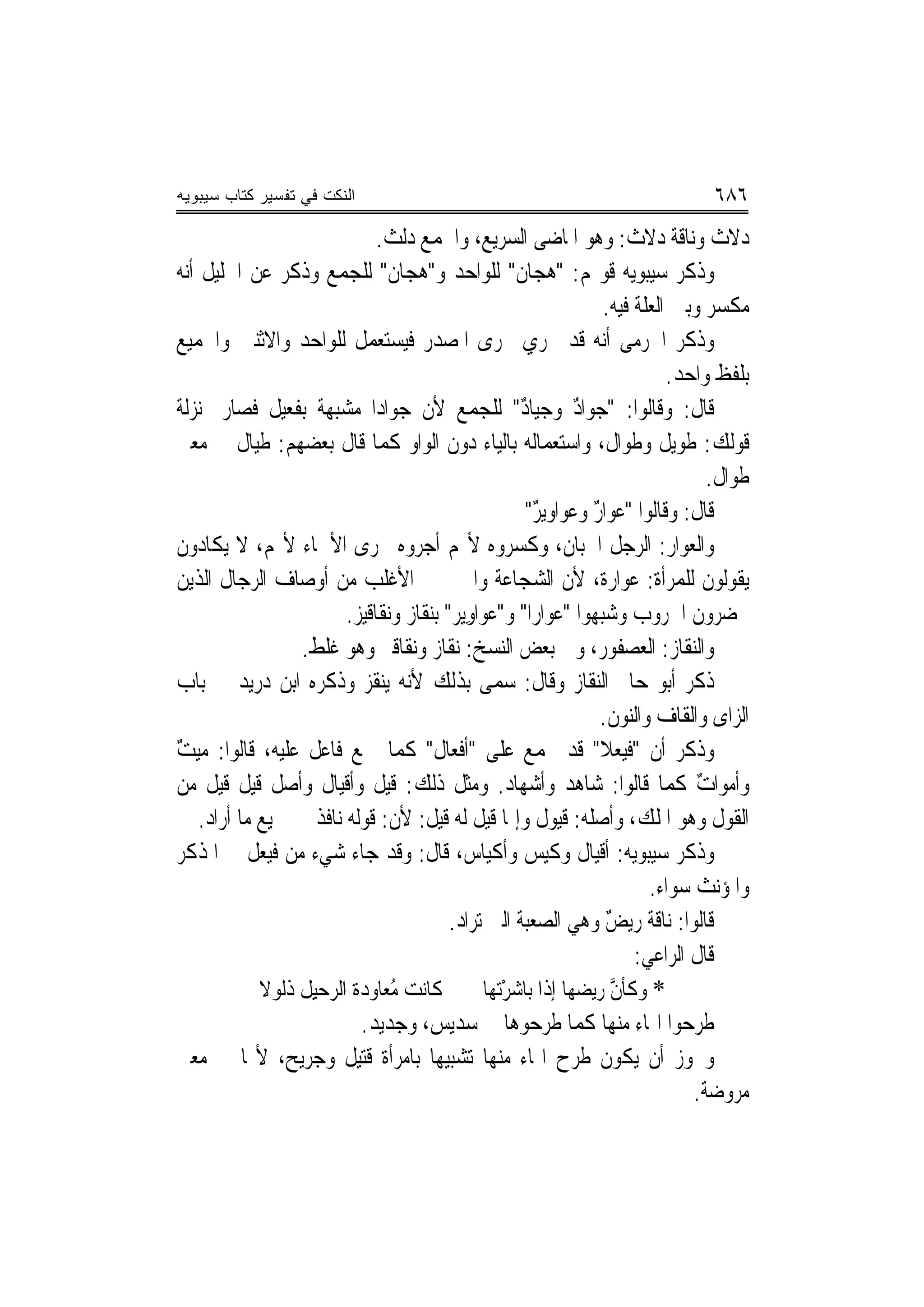 ‫ﺍﻟﻨﻜﺕ ﻓﻲ ﺘﻔﺴﻴﺭ ﻜﺘﺎﺏ ﺴﻴﺒﻭﻴﻪ‬                                                           ‫٦٨٦‬
                               ‫ﺩﻻﺙ ﻭﻧﺎﻗﺔ ﺩﻻﺙ: ﻭﻫﻮ ﺍﳌﺎﺿﻰ ﺍﻟﺴﺮﻳﻊ، ﻭﺍﳉﻤﻊ ﺩﻟﺚ.‬
                                ‫ﹲ‬                                        ‫ﹲ‬             ‫ﹲ‬
‫ﻭﺫﻛﺮ ﺳﻴﺒﻮﻳﻪ ﻗﻮﳍﻢ: "ﻫﺠﺎﻥ" ﻟﻠﻮﺍﺣﺪ ﻭ"ﻫﺠﺎﻥ" ﻟﻠﺠﻤﻊ ﻭﺫﻛﺮ ﻋﻦ ﺍﳋﻠﻴﻞ ﺃ‪‬ﻪ‬
  ‫ﻧ‬                                                     ‫ﹲ‬
                                                                     ‫ﻣﻜﺴﺮ ﻭﺑﲔ ﺍﻟﻌﻠﺔ ﻓﻴﻪ.‬
‫ﻭﺫﻛﺮ ﺍﳉﺮﻣﻰ ﺃ‪‬ﻪ ﻗﺪ ﳚﺮﻱ ﳎﺮﻯ ﺍﳌﺼﺪﺭ ﻓﻴﺴﺘﻌﻤﻞ ﻟﻠﻮﺍﺣﺪ ﻭﺍﻻﺛﻨﲔ ﻭﺍﳉﻤﻴﻊ‬         ‫ﻧ‬
                                                                                ‫ﺑﻠﻔﻆ ﻭﺍﺣﺪ.‬
‫ﻗﺎﻝ: ﻭﻗﺎﻟﻮﺍ: "ﺟﻮﺍﺩ ﻭﺟﻴﺎﺩ" ﻟﻠﺠﻤﻊ ﻷﻥ ﺟﻮﺍﺩ‪‬ﺍ ﻣﺸﺒﻬﺔ ﺑﻔﻌﻴﻞ ﻓﺼﺎﺭ ﲟﻨ‪‬ﺰﻟﺔ‬
                                                         ‫ٌ‬        ‫ٌ‬
‫ﻗﻮﻟﻚ: ﻃﻮﻳﻞ ﻭﻃﻮﺍﻝ، ﻭﺍﺳﺘﻌﻤﺎﻟﻪ ﺑﺎﻟﻴﺎﺀ ﺩﻭﻥ ﺍﻟﻮﺍﻭ ﻛﻤﺎ ﻗﺎﻝ ﺑﻌﻀﻬﻢ: ﻃﻴﺎﻝ ﰲ ﻣﻌﲎ‬
                                                                                      ‫ﻃﻮﺍﻝ.‬
                                                          ‫ﻗﺎﻝ: ﻭﻗﺎﻟﻮﺍ " ‪‬ﻮﺍﺭ ﻭﻋ‪‬ﻮﺍﻭﻳﺮ"‬
                                                           ‫ٌ‬        ‫ﻋ ٌ‬
‫ﻭﺍﻟ ‪‬ﻮﺍﺭ: ﺍﻟﺮﺟﻞ ﺍﳉﺒﺎﻥ، ﻭﻛﺴﺮﻭﻩ ﻷ‪‬ﻢ ﺃﺟﺮﻭﻩ ﳎﺮﻯ ﺍﻷﲰﺎﺀ ﻷ‪‬ﻢ، ﻻ ﻳﻜﺎﺩﻭﻥ‬                 ‫ﻌ ‪‬‬
‫ﻳﻘﻮﻟﻮﻥ ﻟﻠﻤﺮﺃﺓ: ﻋﻮﺍﺭﺓ، ﻷﻥ ﺍﻟﺸﺠﺎﻋﺔ ﻭﺍﳉﱭ ﰲ ﺍﻷﻏﻠﺐ ﻣﻦ ﺃﻭﺻﺎﻑ ﺍﻟﺮﺟﺎﻝ ﺍﻟﺬﻳﻦ‬
                          ‫ﳛﻀﺮﻭﻥ ﺍﳊﺮﻭﺏ ﻭﺷﺒﻬﻮﺍ " ‪‬ﻮﺍﺭ‪‬ﺍ" ﻭ"ﻋﻮ‪‬ﺍﻭِﻳﺮ" ﺑﻨﻘﺎﺯ ﻭﻧﻘﺎﻗﻴﺰ.‬
                                                  ‫‪‬‬           ‫ﻋ‬
                  ‫ﻭﺍﻟﻨﻘﺎﺯ: ﺍﻟﻌﺼﻔﻮﺭ، ﻭﰲ ﺑﻌﺾ ﺍﻟﻨﺴﺦ: ﻧﻘﺎﺯ ﻭﻧﻘﺎﻗﲑ ﻭﻫﻮ ﻏﻠﻂ.‬
‫ﺫﻛﺮ ﺃﺑﻮ ﺣﺎﰎ ﺍﻟﻨﻘﺎﺯ ﻭﻗﺎﻝ: ‪‬ﻤﻰ ﺑﺬﻟﻚ ﻷﻧﻪ ﻳﻨﻘﺰ ﻭﺫﻛﺮﻩ ﺍﺑﻦ ﺩﺭﻳﺪ ﰲ ﺑﺎﺏ‬
                                                     ‫ﺳ‬
                                                                     ‫ﺍﻟﺰﺍﻯ ﻭﺍﻟﻘﺎﻑ ﻭﺍﻟﻨﻮﻥ.‬
‫ﻭﺫﻛﺮ ﺃﻥ "ﻓﹶﻴﻌﻼ" ﻗﺪ ﳚﻤﻊ ﻋﻠﻰ "ﺃﻓﹾﻌﺎﻝ" ﻛﻤﺎ ﲨﻊ ﻓﺎﻋﻞ ﻋﻠﻴﻪ، ﻗﺎﻟﻮﺍ: ﻣﻴﺖ‬
‫ٌ‬                                                                    ‫‪‬ﹰ‬
‫ﻭﺃﻣﻮﺍﺕ ﻛﻤﺎ ﻗﺎﻟﻮﺍ: ﺷﺎﻫﺪ ﻭﺃﺷﻬﺎﺩ. ﻭﻣﺜﻞ ﺫﻟﻚ: ﻗﻴﻞ ﻭﺃﻗﻴﺎﻝ ﻭﺃﺻﻞ ﻗﻴﻞ ﻗﻴﻞ ﻣﻦ‬                 ‫ٌ‬
    ‫ﺍﻟﻘﻮﻝ ﻭﻫﻮ ﺍﳌﻠﻚ، ﻭﺃﺻﻠﻪ: ﻗﻴﻮﻝ ﻭﺇﳕﺎ ﻗﻴﻞ ﻟﻪ ﻗﻴﻞ: ﻷﻥ: ﻗﻮﻟﻪ ﻧﺎﻓﺬ ﰲ ﲨﻴﻊ ﻣﺎ ﺃﺭﺍﺩ.‬
‫ﻭﺫﻛﺮ ﺳﻴﺒﻮﻳﻪ: ﺃﻗﻴﺎﻝ ﻭﻛﻴﺲ ﻭﺃﻛﻴﺎﺱ، ﻗﺎﻝ: ﻭﻗﺪ ﺟﺎﺀ ﺷﻲﺀ ﻣﻦ ﻓﻴﻌﻞ ﰲ ﺍﳌﺬﻛﺮ‬
                                                                             ‫ﻭﺍﳌﺆﻧﺚ ﺳﻮﺍﺀ.‬
                                          ‫ﻗﺎﻟﻮﺍ: ﻧﺎﻗﺔ ﺭﻳﺾ ﻭﻫﻲ ﺍﻟﺼﻌﺒﺔ ﺍﻟﱵ ﺗﺮﺍﺩ.‬
                                                                      ‫ٌ‬
                                                                           ‫ﻗﺎﻝ ﺍﻟﺮﺍﻋﻲ:‬
             ‫ﻛﺎﻧﺖ ُﻌﺎﻭﺩ‪‬ﺓ ﺍﻟ ‪‬ﺣﻴِﻞ ﺫﹸﻮﻻ‬
             ‫ﹶﻟ ﹶ‬     ‫ﻣ‪  ‬ﺮ‬                     ‫* ﻭﻛﺄﻥ ﺭ‪‬ﻳﻀﻬ‪‬ﺎ ﺇﺫﺍ ﺑﺎﺷﺮﺗ‪‬ﻬﺎ‬
                                                     ‫‪ْ‬‬           ‫ﱠ ‪‬‬
                             ‫ﻃﺮﺣﻮﺍ ﺍﳍﺎﺀ ﻣﻨﻬﺎ ﻛﻤﺎ ﻃﺮﺣﻮﻫﺎ ﰲ ﺳﺪﻳﺲ، ﻭﺟﺪﻳﺪ.‬
‫ﻭﳚﻮﺯ ﺃﻥ ﻳﻜﻮﻥ ﻃﺮﺡ ﺍﳍﺎﺀ ﻣﻨﻬﺎ ﺗﺸﺒﻴﻬ‪‬ﺎ ﺑﺎﻣﺮﺃﺓ ﻗﺘﻴﻞ ﻭﺟﺮﻳﺢ، ﻷ‪‬ﺎ ﰲ ﻣﻌﲎ‬
                                                                                   ‫ﻣﺮﻭﺿﺔ.‬
 