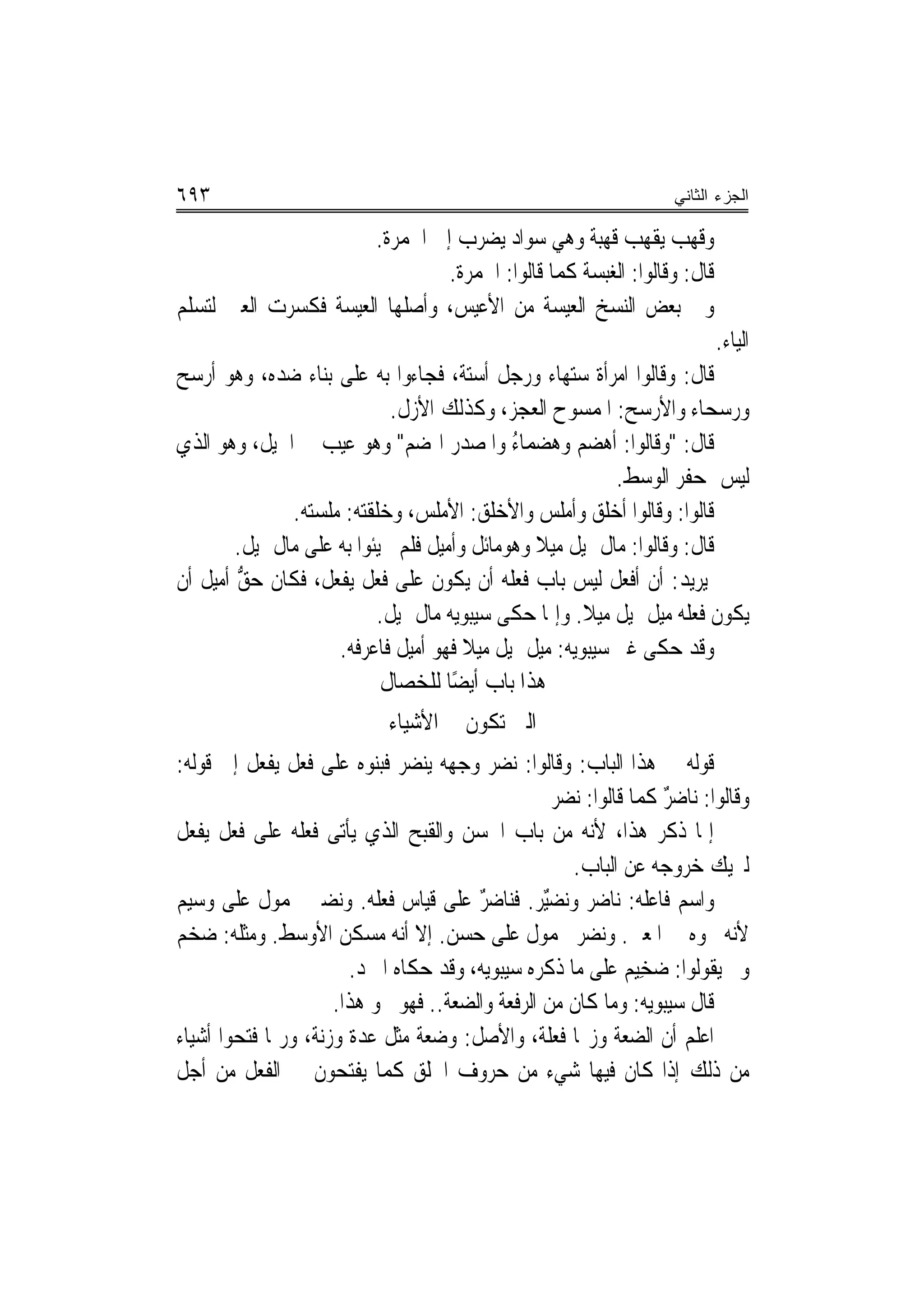 ‫٣٩٦‬                                                                   ‫ﺍﻟﺠﺯﺀ ﺍﻟﺜﺎﻨﻲ‬

                       ‫ﻭﻗ ‪‬ﺐ ‪‬ﻳﻘ ‪  ‬ﹸﻬ‪‬ﺒ ﹸ ﻭﻫﻲ ﺳﻮﺍﺩ ﻳﻀﺮﺏ ﺇﱃ ﺍ ﹸﻤﺮﺓ.‬
                        ‫ﳊ ﹸ‬                         ‫ﹶﻬ ‪ ‬ﹾﻬﺐ ﻗ ‪ ‬ﺔ‬
                                 ‫ﻗﺎﻝ: ﻭﻗﺎﻟﻮﺍ: ﺍﻟﻐﺒﺴﺔ ﻛﻤﺎ ﻗﺎﻟﻮﺍ: ﺍﳊﻤﺮﺓ.‬
‫ﻭﰱ ﺑﻌﺾ ﺍﻟﻨﺴﺦ ﺍﻟﻌﻴﺴﺔ ﻣﻦ ﺍﻷﻋﻴﺲ، ﻭﺃﺻﻠﻬﺎ ﺍﻟﻌﻴﺴﺔ ﻓﻜﺴﺮﺕ ﺍﻟﻌﲔ ﻟﺘﺴﻠﻢ‬
                                                                            ‫ﺍﻟﻴﺎﺀ.‬
‫ﻗﺎﻝ: ﻭﻗﺎﻟﻮﺍ ﺍﻣﺮﺃﺓ ﺳﺘﻬﺎﺀ ﻭﺭﺟﻞ ﺃﺳﺘﺔ، ﻓﺠﺎﺀﻭﺍ ﺑﻪ ﻋﻠﻰ ﺑﻨﺎﺀ ﺿﺪﻩ، ﻭﻫﻮ ﺃﺭﺳﺢ‬
                               ‫ﻭﺭﺳﺤﺎﺀ ﻭﺍﻷﺭﺳﺢ: ﺍﳌﻤﺴﻮﺡ ﺍﻟﻌﺠﺰ، ﻭﻛﺬﻟﻚ ﺍﻷﺯﻝ.‬
‫ﻗﺎﻝ: "ﻭﻗﺎﻟﻮﺍ: ﺃﻫﻀﻢ ﻭﻫﻀﻤﺎﺀ ﻭﺍﳌﺼﺪﺭ ﺍﳍﻀﻢ" ﻭﻫﻮ ﻋﻴﺐ ﰲ ﺍﳋﻴﻞ، ﻭﻫﻮ ﺍﻟﺬﻱ‬
                                  ‫‪‬‬           ‫ُ‬        ‫‪‬‬
                                                             ‫ﻟﻴﺲ ﲟﺤﻔﺮ ﺍﻟﻮﺳﻂ.‬
               ‫ﻗﺎﻟﻮﺍ: ﻭﻗﺎﻟﻮﺍ ﺃﺧﻠﻖ ﻭﺃﻣ‪‬ﻠﺲ ﻭﺍﻷﺧﻠﻖ: ﺍﻷﻣﻠﺲ، ﻭﺧﻠﻘ‪‬ﻪ: ﻣﻠﺴ‪‬ﻪ.‬
                 ‫‪ ‬ﹾ ﹶﺘ ‪ ‬ﹾ ‪‬ﺘ‬                    ‫‪‬‬       ‫‪‬‬
        ‫ﻗﺎﻝ: ﻭﻗﺎﻟﻮﺍ: ﻣﺎﻝ ﳝﻴﻞ ﻣﻴﻼ ﻭﻫﻮﻣﺎﺋﻞ ﻭﺃﻣﻴﻞ ﻓﻠﻢ ﳚﻴﺌﻮﺍ ﺑﻪ ﻋﻠﻰ ﻣﺎﻝ ﳝﻴﻞ.‬
                                                 ‫ﹰ‬
‫ﻳﺮﻳﺪ: ﺃﻥ ﺃﻓﻌﻞ ﻟﻴﺲ ﺑﺎﺏ ﻓﻌﻠﻪ ﺃﻥ ﻳﻜﻮﻥ ﻋﻠﻰ ﻓﻌﻞ ﻳﻔﻌﻞ، ﻓﻜﺎﻥ ﺣﻖ ﺃﻣﻴﻞ ﺃﻥ‬
        ‫ﱡ‬
                            ‫ﻳﻜﻮﻥ ﻓﻌﻠﻪ ﻣﻴﻞ ﳝﻴﻞ ﻣ‪‬ﻴﻼ. ﻭﺇﳕﺎ ﺣﻜﻰ ﺳﻴﺒﻮﻳﻪ ﻣﺎﻝ ﳝﻴﻞ.‬
                                                         ‫‪ ‬ﹰ‬
                       ‫ﻭﻗﺪ ﺣﻜﻰ ﻏﲑ ﺳﻴﺒﻮﻳﻪ: ﻣﻴﻞ ﳝﻴﻞ ﻣﻴﻼ ﻓﻬﻮ ﺃﻣﻴﻞ ﻓﺎﻋﺮﻓﻪ.‬
                                ‫ﹸ‬       ‫ﹰ‬
                             ‫ﻫﺬﺍ ﺑﺎﺏ ﺃﻳﻀًﺎ ﻟﻠﺨﺼﺎﻝ‬
                              ‫ﺍﻟﱴ ﺗﻜﻮﻥ ﰲ ﺍﻷﺷﻴﺎﺀ‬
‫ﻗﻮﻟﻪ ﰲ ﻫﺬﺍ ﺍﻟﺒﺎﺏ: ﻭﻗﺎﻟﻮﺍ: ﻧﻀﺮ ﻭﺟﻬﻪ ﻳﻨﻀﺮ ﻓﺒﻨﻮﻩ ﻋﻠﻰ ﻓﻌ‪‬ﻞ ﻳﻔ ‪‬ﻞ ﺇﱃ ﻗﻮﻟﻪ:‬
           ‫ﹶ ﹾﻌ‬               ‫‪‬‬          ‫‪‬‬
                                                     ‫ﻭﻗﺎﻟﻮﺍ: ﻧﺎﺿﺮ ﻛﻤﺎ ﻗﺎﻟﻮﺍ: ‪‬ﻧﻀﺮ‬
                                                     ‫‪‬‬              ‫ٌ‬
‫ﺇﳕﺎ ﺫﻛﺮ ﻫﺬﺍ، ﻷﻧﻪ ﻣﻦ ﺑﺎﺏ ﺍﳊﺴﻦ ﻭﺍﻟﻘﺒﺢ ﺍﻟﺬﻱ ﻳﺄﺗﻰ ﻓﻌﻠﻪ ﻋﻠﻰ ﻓﻌﻞ ﻳﻔﻌﻞ‬
                                                        ‫ﻟﲑﻳﻚ ﺧﺮﻭﺟﻪ ﻋﻦ ﺍﻟﺒﺎﺏ.‬
‫ﻭﺍﺳﻢ ﻓﺎﻋﻠﻪ: ﻧﺎﺿﺮ ﻭﻧﻀٌﺮ. ﻓﻨﺎﺿﺮ ﻋﻠﻰ ﻗﻴﺎﺱ ﻓﻌﻠﻪ. ﻭﻧﻀﲑ ﳏﻤﻮﻝ ﻋﻠﻰ ﻭﺳﻴﻢ‬
                                        ‫ٌ‬          ‫ﻴ‬
‫ﻷﻧﻪ ﳓﻮﻩ ﰲ ﺍﳌﻌﲏ. ﻭﻧﻀﺮ ﳏﻤﻮﻝ ﻋﻠﻰ ﺣﺴﻦ. ﺇﻻ ﺃ‪‬ﻪ ﻣﺴﻜﻦ ﺍﻷﻭﺳﻂ. ﻭﻣﺜﻠﻪ: ﺿﺨﻢ‬
                              ‫ﻧ‬
                       ‫ﻭﱂ ﻳﻘﻮﻟﻮﺍ: ﺿﺨِﻴﻢ ﻋﻠﻰ ﻣﺎ ﺫﻛﺮﻩ ﺳﻴﺒﻮﻳﻪ، ﻭﻗﺪ ﺣﻜﺎﻩ ﺍﳌﱪﺩ.‬
                     ‫ﻗﺎﻝ ﺳﻴﺒﻮﻳﻪ: ﻭﻣﺎ ﻛﺎﻥ ﻣﻦ ﺍﻟ ‪‬ﻓﻌﺔ ﻭﺍﻟ ‪‬ﻌﺔ.. ﻓﻬﻮ ﳓﻮ ﻫﺬﺍ.‬
                                     ‫ﻀ‬        ‫ﺮ‬
‫ﺍﻋﻠﻢ ﺃﻥ ﺍﻟﻀﻌﺔ ﻭﺯ‪‬ﺎ ﻓﻌﻠﺔ، ﻭﺍﻷﺻﻞ: ﻭﺿﻌﺔ ﻣﺜﻞ ﻋﺪﺓ ﻭﺯﻧﺔ، ﻭﺭﲟﺎ ﻓﺘﺤﻮﺍ ﺃﺷﻴﺎﺀ‬
‫ﻣﻦ ﺫﻟﻚ ﺇﺫﺍ ﻛﺎﻥ ﻓﻴﻬﺎ ﺷﻲﺀ ﻣﻦ ﺣﺮﻭﻑ ﺍﳊﻠﻖ ﻛﻤﺎ ﻳﻔﺘﺤﻮﻥ ﰲ ﺍﻟﻔﻌﻞ ﻣﻦ ﺃﺟﻞ‬
 