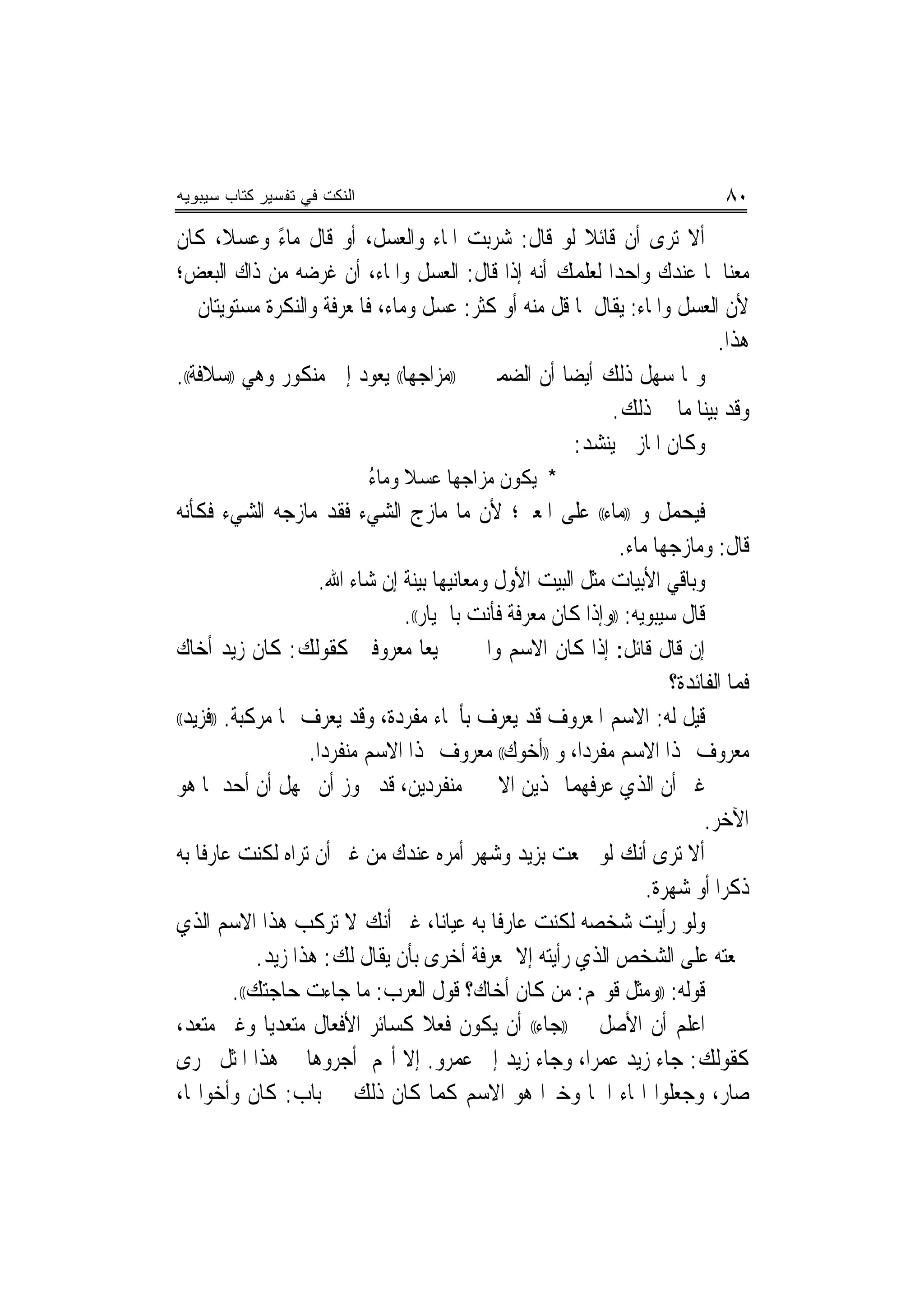 ‫ﺍﻟﻨﻜﺕ ﻓﻲ ﺘﻔﺴﻴﺭ ﻜﺘﺎﺏ ﺴﻴﺒﻭﻴﻪ‬                                                      ‫٠٨‬
‫ﺃﻻ ﺗﺮﻯ ﺃﻥ ﻗﺎﺋﻼ ﻟﻮ ﻗﺎﻝ: ﺷﺮﺑﺖ ﺍﳌﺎﺀ ﻭﺍﻟﻌﺴﻞ، ﺃﻭ ﻗﺎﻝ ﻣﺎﺀ ﻭﻋﺴﻼ، ﻛﺎﻥ‬
       ‫ﹰ‬      ‫ً‬                                       ‫ﹰ‬
‫ﻣﻌﻨﺎﳘﺎ ﻋﻨﺪﻙ ﻭﺍﺣﺪﺍ ﻟﻌﻠﻤﻚ ﺃﻧﻪ ﺇﺫﺍ ﻗﺎﻝ: ﺍﻟﻌﺴﻞ ﻭﺍﳌﺎﺀ، ﺃﻥ ﻏﺮﺿﻪ ﻣﻦ ﺫﺍﻙ ﺍﻟﺒﻌﺾ؛‬
‫ﻷﻥ ﺍﻟﻌﺴﻞ ﻭﺍﳌﺎﺀ: ﻳﻘﺎﻝ ﳌﺎ ﻗﻞ ﻣﻨﻪ ﺃﻭ ﻛﺜﺮ: ﻋﺴﻞ ﻭﻣﺎﺀ، ﻓﺎﳌﻌﺮﻓﺔ ﻭﺍﻟﻨﻜﺮﺓ ﻣﺴﺘﻮﻳﺘﺎﻥ ﰲ‬
                                                                        ‫ﻫﺬﺍ.‬
‫ﻭﳑﺎ ﺳﻬﻞ ﺫﻟﻚ ﺃﻳﻀ‪‬ﺎ ﺃﻥ ﺍﻟﻀﻤﲑ ﰲ ))ﻣﺰﺍﺟﻬﺎ(( ﻳﻌﻮﺩ ﺇﱃ ﻣﻨﻜﻮﺭ ﻭﻫﻲ ))ﺳﻼﻓﺔ((.‬
                                                         ‫ﻭﻗﺪ ﺑﻴﻨﺎ ﻣﺎ ﰲ ﺫﻟﻚ.‬
                                                    ‫ﻭﻛﺎﻥ ﺍﳌﺎﺯﱐ ﻳﻨﺸﺪ:‬
                             ‫* ﻳﻜﻮﻥ ﻣﺰﺍﺟﻬﺎ ﻋﺴﻼ ﻭﻣﺎﺀ‬
                             ‫ُ‬
‫ﻓﻴﺤﻤﻞ ﻭ ))ﻣﺎﺀ(( ﻋﻠﻰ ﺍﳌﻌﲎ؛ ﻷﻥ ﻣﺎ ﻣﺎﺯﺝ ﺍﻟﺸﻲﺀ ﻓﻘﺪ ﻣﺎﺯﺟﻪ ﺍﻟﺸﻲﺀ ﻓﻜﺄﻧﻪ‬
                                                                ‫ﻗﺎﻝ: ﻭﻣﺎﺯﺟﻬﺎ ﻣﺎﺀ.‬
                      ‫ﻭﺑﺎﻗﻲ ﺍﻷﺑﻴﺎﺕ ﻣﺜﻞ ﺍﻟﺒﻴﺖ ﺍﻷﻭﻝ ﻭﻣﻌﺎﻧﻴﻬﺎ ﺑﻴﻨﺔ ﺇﻥ ﺷﺎﺀ ﺍﷲ.‬
                                 ‫ﻗﺎﻝ ﺳﻴﺒﻮﻳﻪ: ))ﻭﺇﺫﺍ ﻛﺎﻥ ﻣﻌﺮﻓﺔ ﻓﺄﻧﺖ ﺑﺎﳋﻴﺎﺭ((.‬
‫ﺇﻥ ﻗﺎﻝ ﻗﺎﺋﻞ: ﺇﺫﺍ ﻛﺎﻥ ﺍﻻﺳﻢ ﻭﺍﳋﱪ ﲨﻴﻌ‪‬ﺎ ﻣﻌﺮﻭﻓﲔ ﻛﻘﻮﻟﻚ: ﻛﺎﻥ ﺯﻳﺪ ﺃﺧﺎﻙ‬
                                                                        ‫ﻓﻤﺎ ﺍﻟﻔﺎﺋﺪﺓ؟‬
‫ﻗﻴﻞ ﻟﻪ: ﺍﻻﺳﻢ ﺍﳌﻌﺮﻭﻑ ﻗﺪ ﻳﻌﺮﻑ ﺑﺄﳓﺎﺀ ﻣﻔﺮﺩﺓ، ﻭﻗﺪ ﻳﻌﺮﻑ ‪‬ﺎ ﻣﺮﻛﺒﺔ. ))ﻓﺰﻳﺪ((‬

                     ‫ﻣﻌﺮﻭﻑ ‪‬ﺬﺍ ﺍﻻﺳﻢ ﻣﻔﺮﺩﺍ، ﻭ ))ﺃﺧﻮﻙ(( ﻣﻌﺮﻭﻑ ‪‬ﺬﺍ ﺍﻻﺳﻢ ﻣﻨﻔﺮﺩﺍ.‬
                       ‫‪‬‬                                  ‫‪‬‬
‫ﻏﲑ ﺃﻥ ﺍﻟﺬﻱ ﻋﺮﻓﻬﻤﺎ ‪‬ﺬﻳﻦ ﺍﻻﲰﲔ ﻣﻨﻔﺮﺩﻳﻦ، ﻗﺪ ﳚﻮﺯ ﺃﻥ ﳚﻬﻞ ﺃﻥ ﺃﺣﺪﳘﺎ ﻫﻮ‬
                                                                             ‫ﺍﻵﺧﺮ.‬
‫ﺃﻻ ﺗﺮﻯ ﺃﻧﻚ ﻟﻮ ﲰﻌﺖ ﺑﺰﻳﺪ ﻭﺷﻬﺮ ﺃﻣﺮﻩ ﻋﻨﺪﻙ ﻣﻦ ﻏﲑ ﺃﻥ ﺗﺮﺍﻩ ﻟﻜﻨﺖ ﻋﺎﺭﻓﺎ ﺑﻪ‬
    ‫ﹰ‬
                                                                    ‫ﺫﻛﺮﺍ ﺃﻭ ﺷﻬﺮﺓ.‬
‫ﻭﻟﻮ ﺭﺃﻳﺖ ﺷﺨﺼﻪ ﻟﻜﻨﺖ ﻋﺎﺭﻓﺎ ﺑﻪ ﻋﻴﺎ‪‬ﻧﺎ، ﻏﲑ ﺃﻧﻚ ﻻ ﺗﺮﻛﺐ ﻫﺬﺍ ﺍﻻﺳﻢ ﺍﻟﺬﻱ‬
              ‫ﲰﻌﺘﻪ ﻋﻠﻰ ﺍﻟﺸﺨﺺ ﺍﻟﺬﻱ ﺭﺃﻳﺘﻪ ﺇﻻ ﲟﻌﺮﻓﺔ ﺃﺧﺮﻯ ﺑﺄﻥ ﻳﻘﺎﻝ ﻟﻚ: ﻫﺬﺍ ﺯﻳﺪ.‬
          ‫ﻗﻮﻟﻪ: ))ﻭﻣﺜﻞ ﻗﻮﳍﻢ: ﻣﻦ ﻛﺎﻥ ﺃﺧﺎﻙ؟ ﻗﻮﻝ ﺍﻟﻌﺮﺏ: ﻣﺎ ﺟﺎﺀﺕ ﺣﺎﺟﺘﻚ((.‬
‫ﺍﻋﻠﻢ ﺃﻥ ﺍﻷﺻﻞ ﰲ ))ﺟﺎﺀ(( ﺃﻥ ﻳﻜﻮﻥ ﻓﻌﻼ ﻛﺴﺎﺋﺮ ﺍﻷﻓﻌﺎﻝ ﻣﺘﻌﺪ‪‬ﻳﺎ ﻭﻏﲑ ﻣﺘﻌﺪ،‬
                                     ‫ﹰ‬
‫ﻛﻘﻮﻟﻚ: ﺟﺎﺀ ﺯﻳﺪ ﻋﻤﺮﺍ، ﻭﺟﺎﺀ ﺯﻳﺪ ﺇﱃ ﻋﻤﺮﻭ. ﺇﻻ ﺃ‪‬ﻢ ﺃﺟﺮﻭﻫﺎ ﰲ ﻫﺬﺍ ﺍﳌﺜﻞ ﳎﺮﻯ‬
                                                            ‫‪‬‬
‫ﺻﺎﺭ، ﻭﺟﻌﻠﻮﺍ ﺍﳍﺎﺀ ﺍﲰ‪‬ﺎ ﻭﺧﱪ‪‬ﺍ ﻫﻮ ﺍﻻﺳﻢ ﻛﻤﺎ ﻛﺎﻥ ﺫﻟﻚ ﰲ ﺑﺎﺏ: ﻛﺎﻥ ﻭﺃﺧﻮﺍ‪‬ﺎ،‬
 