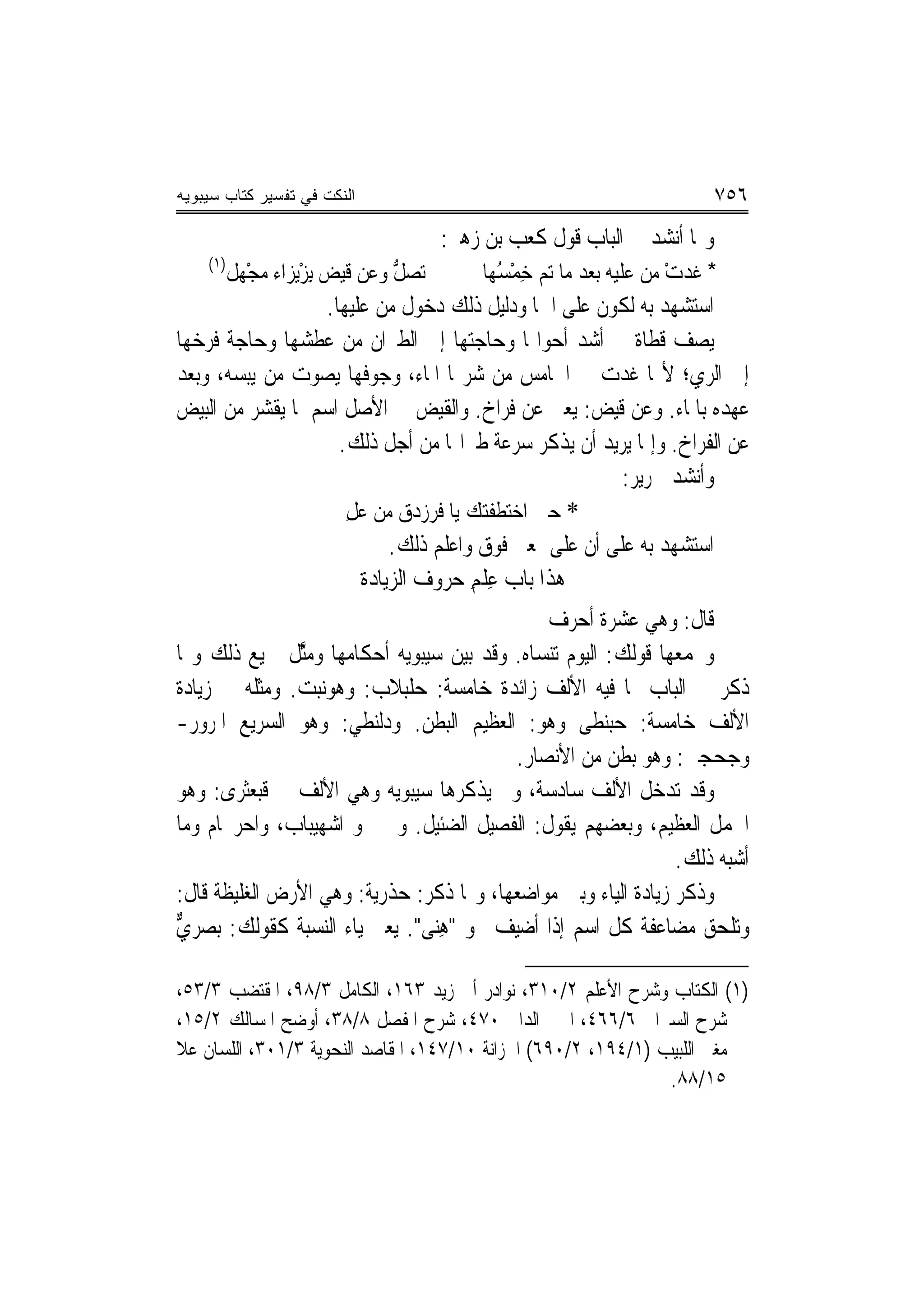 ‫ﺍﻟﻨﻜﺕ ﻓﻲ ﺘﻔﺴﻴﺭ ﻜﺘﺎﺏ ﺴﻴﺒﻭﻴﻪ‬                                             ‫٦٥٧‬
                                      ‫ﻭﳑﺎ ﺃﻧﺸﺪ ﰲ ﺍﻟﺒﺎﺏ ﻗﻮﻝ ﻛﻌﺐ ﺑﻦ ﺯﻫﲑ:‬
    ‫)١(‬
        ‫ﺗﺼﻞ ﻭﻋﻦ ﻗﻴﺾ ِﺑﺰْﻳﺰﺍﺀ ﻣﺠْﻬﻞ‬
            ‫‪‬‬                    ‫ﱡ‬          ‫* ﻏﺪﺕ ﻣﻦ ﻋﻠﻴﻪ ﺑﻌﺪ ﻣﺎ ‪‬ﺗﻢ ﺧﻤ ُﻬﺎ‬
                                               ‫‪ْ ِ ‬ﺴ‬                 ‫ﹶ‪ْ ‬‬
                       ‫ﺍﺳﺘﺸﻬﺪ ﺑﻪ ﻟﻜﻮﻥ ﻋﻠﻰ ﺍﲰ‪‬ﺎ ﻭﺩﻟﻴﻞ ﺫﻟﻚ ﺩﺧﻮﻝ ﻣﻦ ﻋﻠﻴﻬﺎ.‬
‫ﻳﺼﻒ ﻗﻄﺎﺓ ﰲ ﺃﺷﺪ ﺃﺣﻮﺍﳍﺎ ﻭﺣﺎﺟﺘﻬﺎ ﺇﱃ ﺍﻟﻄﲑﺍﻥ ﻣﻦ ﻋﻄﺸﻬﺎ ﻭﺣﺎﺟﺔ ﻓﺮﺧﻬﺎ‬
‫ﺇﱃ ﺍﻟﺮﻱ؛ ﻷ‪‬ﺎ ﻏﺪﺕ ﰲ ﺍﳋﺎﻣﺲ ﻣﻦ ﺷﺮ‪‬ﺎ ﺍﳌﺎﺀ، ﻭﺟﻮﻓﻬﺎ ﻳﺼﻮﺕ ﻣﻦ ﻳﺒﺴﻪ، ﻭﺑﻌﺪ‬
‫ﻋﻬﺪﻩ ﺑﺎﳌﺎﺀ. ﻭﻋﻦ ﻗﻴﺾ: ﻳﻌﲏ ﻋﻦ ﻓﺮﺍﺥ. ﻭﺍﻟﻘﻴﺾ ﰲ ﺍﻷﺻﻞ ﺍﺳﻢ ﳌﺎ ﻳﻘﺸﺮ ﻣﻦ ﺍﻟﺒﻴﺾ‬
                         ‫ﻋﻦ ﺍﻟﻔﺮﺍﺥ. ﻭﺇﳕﺎ ﻳﺮﻳﺪ ﺃﻥ ﻳﺬﻛﺮ ﺳﺮﻋﺔ ﻃﲑﺍ‪‬ﺎ ﻣﻦ ﺃﺟﻞ ﺫﻟﻚ.‬
                                                                 ‫ﻭﺃﻧﺸﺪ ﳉﺮﻳﺮ:‬
                          ‫* ﺣﱴ ﺍﺧﺘﻄﻔﺘﻚ ﻳﺎ ﻓﺮﺯﺩﻕ ﻣﻦ ﻋﻞ‬
                          ‫‪ِ‬‬
                                ‫ﺍﺳﺘﺸﻬﺪ ﺑﻪ ﻋﻠﻰ ﺃﻥ ﻋﻠﻰ ﲟﻌﲎ ﻓﻮﻕ ﻭﺍﻋﻠﻢ ﺫﻟﻚ.‬
                            ‫ﻫﺬﺍ ﺑﺎﺏ ﻋﻠﻢ ﺣﺮﻭﻑ ﺍﻟﺰﻳﺎﺩﺓ‬
                                          ‫ِﹾ ِ‬
                                             ‫ﻗﺎﻝ: ﻭﻫﻲ ﻋﺸﺮﺓ ﺃﺣﺮﻑ‬
‫ﻭﲡﻤﻌﻬﺎ ﻗﻮﻟﻚ: ﺍﻟﻴﻮﻡ ﺗﻨﺴﺎﻩ. ﻭﻗﺪ ﺑ‪‬ﻦ ﺳﻴﺒﻮﻳﻪ ﺃﺣﻜﺎﻣﻬﺎ ﻭﻣﱠﻞ ﲨﻴﻊ ﺫﻟﻚ ﻭﳑﺎ‬
              ‫ﺜﹶ‬                    ‫ﻴ‬
‫ﺫﻛﺮ ﰲ ﺍﻟﺒﺎﺏ ﳑﺎ ﻓﻴﻪ ﺍﻷﻟﻒ ﺯﺍﺋﺪﺓ ﺧﺎﻣﺴﺔ: ﺣﻠ‪‬ﺒﻼﹶﺏ: ﻭﻫﻮﻧﺒﺖ. ﻭﻣﺜﻠﻪ ﰲ ﺯﻳﺎﺩﺓ‬
‫ﺍﻷﻟﻒ ﺧﺎﻣﺴﺔ: ﺣ‪‬ﺒ‪‬ﻨﻄﹶﻰ ﻭﻫﻮ: ﺍﻟﻌﻈﻴﻢ ﺍﻟﺒﻄﻦ. ﻭﺩﻟﻨﻄﻲ: ﻭﻫﻮ ﺍﻟﺴﺮﻳﻊ ﺍﳌﺮﻭﺭ-‬
                                                      ‫‪‬‬
                                         ‫ﻭﺟﺤﺠﱯ: ﻭﻫﻮ ﺑﻄﻦ ﻣﻦ ﺍﻷﻧﺼﺎﺭ.‬
‫ﻭﻗﺪ ﺗﺪﺧﻞ ﺍﻷﻟﻒ ﺳﺎﺩﺳﺔ، ﻭﱂ ﻳﺬﻛﺮﻫﺎ ﺳﻴﺒﻮﻳﻪ ﻭﻫﻲ ﺍﻷﻟﻒ ﰲ ﻗﹶﺒﻌﺜﺮﻯ: ﻭﻫﻮ‬
‫ﺍﳉﻤﻞ ﺍﻟﻌﻈﻴﻢ، ﻭﺑﻌﻀﻬﻢ ﻳﻘﻮﻝ: ﺍﻟﻔﺼﻴﻞ ﺍﻟﻀﺌﻴﻞ. ﻭﰲ ﳓﻮ ﺍﺷ‪‬ﻬﻴﺒﺎﺏ، ﻭﺍﺣﺮﳒﺎﻡ ﻭﻣﺎ‬
                                                               ‫ﺃﺷﺒﻪ ﺫﻟﻚ.‬
‫ﻭﺫﻛﺮ ﺯﻳﺎﺩﺓ ﺍﻟﻴﺎﺀ ﻭﺑﲔ ﻣﻮﺍﺿﻌﻬﺎ، ﻭﳑﺎ ﺫﻛﺮ: ﺣﺬﺭﻳﺔ: ﻭﻫﻲ ﺍﻷﺭﺽ ﺍﻟﻐﻠﻴﻈﺔ ﻗﺎﻝ:‬
‫ﻱ‬
‫ﻭﺗﻠﺤﻖ ﻣﻀﺎﻋﻔﺔ ﻛﻞ ﺍﺳﻢ ﺇﺫﺍ ﺃﺿﻴﻒ ﳓﻮ "ﻫ‪‬ﻨﻰ". ﻳﻌﲏ ﻳﺎﺀ ﺍﻟﻨﺴﺒﺔ ﻛﻘﻮﻟﻚ: ﺑﺼﺮ ﱞ‬
                              ‫ِ ‪‬‬

‫)١( ﺍﻟﻜﺘﺎﺏ ﻭﺷﺮﺡ ﺍﻷﻋﻠﻢ ٢/٠١٣، ﻧﻮﺍﺩﺭ ﺃﰊ ﺯﻳﺪ ٣٦١، ﺍﻟﻜﺎﻣﻞ ٣/٨٩، ﺍﳌﻘﺘﻀﺐ ٣/٣٥،‬
‫ﺷﺮﺡ ﺍﻟﺴﲑﺍﰲ ٦/٦٦٤، ﺍﳉﲏ ﺍﻟﺪﺍﱐ ٠٧٤، ﺷﺮﺡ ﺍﳌﻔﺼﻞ ٨/٨٣، ﺃﻭﺿﺢ ﺍﳌﺴﺎﻟﻚ ٢/٥١،‬
‫ﻣﻐﲏ ﺍﻟﻠﺒﻴﺐ )١/٤٩١، ٢/٠٩٦( ﺍﳋﺰﺍﻧﺔ ٠١/٧٤١، ﺍﳌﻘﺎﺻﺪ ﺍﻟﻨﺤﻮﻳﺔ ٣/١٠٣، ﺍﻟﻠﺴﺎﻥ ﻋﻼ‬
                                                               ‫٥١/٨٨.‬
 