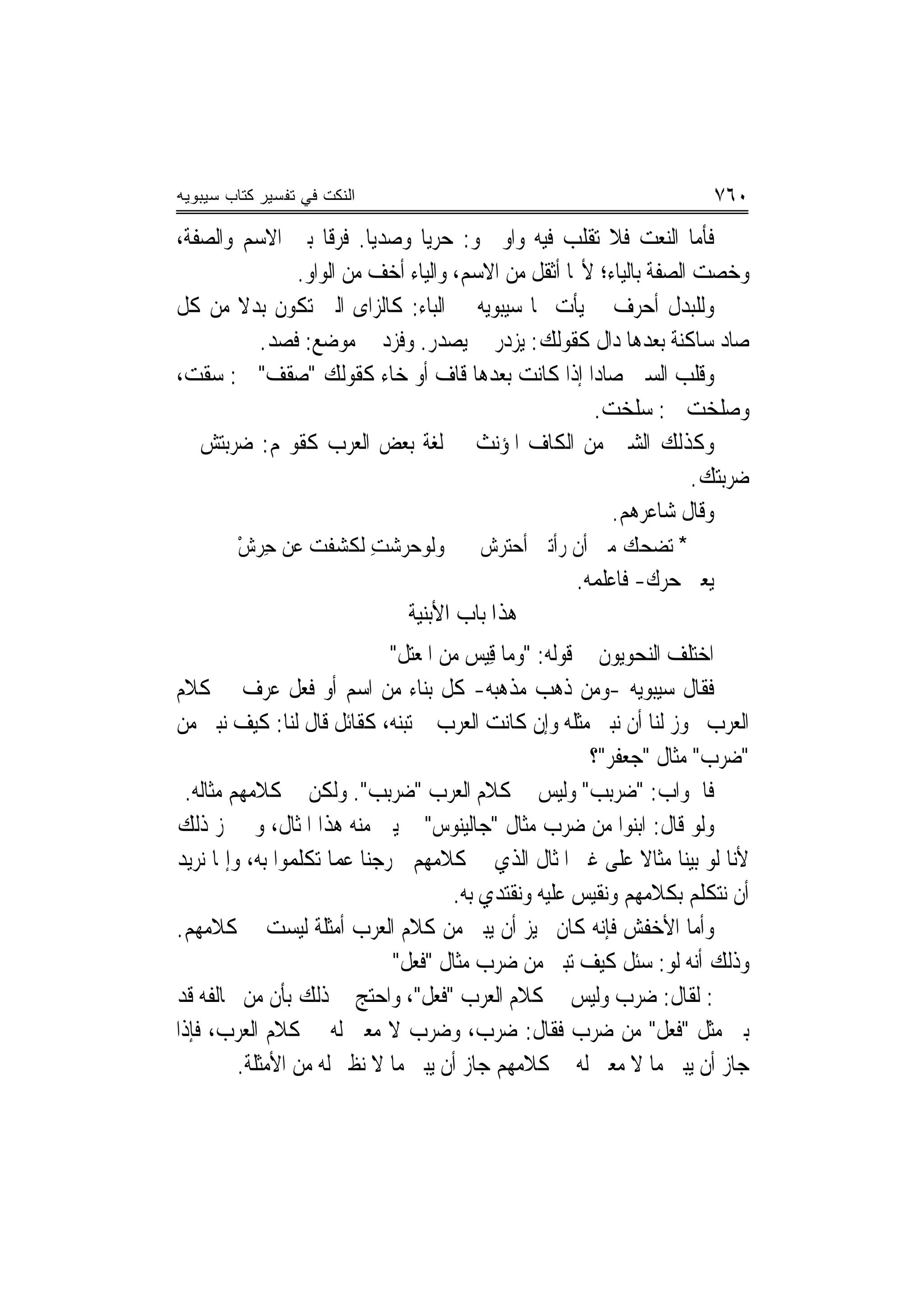 ‫ﺍﻟﻨﻜﺕ ﻓﻲ ﺘﻔﺴﻴﺭ ﻜﺘﺎﺏ ﺴﻴﺒﻭﻴﻪ‬                                              ‫٠٦٧‬
‫ﻓﺄﻣﺎ ﺍﻟﻨﻌﺖ ﻓﻼ ﺗﻘﻠﺐ ﻓﻴﻪ ﻭﺍﻭ ﳓﻮ: ﺣﺮﻳ‪‬ﺎ ﻭﺻﺪﻳ‪‬ﺎ. ﻓﺮﻗﹰﺎ ﺑﲔ ﺍﻻﺳﻢ ﻭﺍﻟﺼﻔﺔ،‬
                          ‫‪‬‬     ‫‪‬‬
               ‫ﻭﺧﺼﺖ ﺍﻟﺼﻔﺔ ﺑﺎﻟﻴﺎﺀ؛ ﻷ‪‬ﺎ ﺃﺛﻘﻞ ﻣﻦ ﺍﻻﺳﻢ، ﻭﺍﻟﻴﺎﺀ ﺃﺧﻒ ﻣﻦ ﺍﻟﻮﺍﻭ.‬
‫ﻭﻟﻠﺒﺪﻝ ﺃﺣﺮﻑ ﱂ ﻳﺄﺕ ‪‬ﺎ ﺳﻴﺒﻮﻳﻪ ﰲ ﺍﻟﺒﺎﺀ: ﻛﺎﻟﺰﺍﻯ ﺍﻟﱵ ﺗﻜﻮﻥ ﺑﺪﻻ ﻣﻦ ﻛﻞ‬
        ‫ﹰ‬
          ‫ﺻﺎﺩ ﺳﺎﻛﻨﺔ ﺑﻌﺪﻫﺎ ﺩﺍﻝ ﻛﻘﻮﻟﻚ: ﻳﺰﺩﺭ ﰲ ﻳﺼﺪﺭ. ﻭﻓﺰﺩ ﰲ ﻣﻮﺿﻊ: ﻓﺼﺪ.‬
‫ﻭﻗﻠﺐ ﺍﻟﺴﲔ ﺻﺎﺩ‪‬ﺍ ﺇﺫﺍ ﻛﺎﻧﺖ ﺑﻌﺪﻫﺎ ﻗﺎﻑ ﺃﻭ ﺧﺎﺀ ﻛﻘﻮﻟﻚ "ﺻﻘﹾﻒ" ﰲ: ﺳﻘﺖ،‬
              ‫‪‬‬
                                                     ‫ﻭﺻﻠﺨﺖ ﰲ: ﺳﻠﺨﺖ.‬
‫ﻭﻛﺬﻟﻚ ﺍﻟﺸﲔ ﻣﻦ ﺍﻟﻜﺎﻑ ﺍﳌﺆﻧﺚ ﰲ ﻟﻐﺔ ﺑﻌﺾ ﺍﻟﻌﺮﺏ ﻛﻘﻮﳍﻢ: ﺿﺮﺑﺘﺶ ﰲ‬
                                                                    ‫ﺿﺮﺑﺘﻚ.‬
                                                        ‫ﻭﻗﺎﻝ ﺷﺎﻋﺮﻫﻢ.‬
        ‫* ﺗﻀﺤﻚ ﻣﲏ ﺃﻥ ﺭﺃﺗﲏ ﺃﺣﺘﺮﺵ ﻭﻟﻮﺣﺮ‪‬ﺷﺖ ﻟﻜﺸﻔﺖ ﻋﻦ ﺣِﺮﺵ‬
        ‫ْ‬                ‫‪ِ ‬‬
                                                   ‫ﻳﻌﲏ ﺣﺮﻙ- ﻓﺎﻋﻠﻤﻪ.‬
                             ‫ﻫﺬﺍ ﺑﺎﺏ ﺍﻷﺑﻨﻴﺔ‬
                             ‫ﺍﺧﺘﻠﻒ ﺍﻟﻨﺤﻮﻳﻮﻥ ﰲ ﻗﻮﻟﻪ: "ﻭﻣﺎ ﻗِﻴﺲ ﻣﻦ ﺍﳌﻌﺘ‪‬ﻞ"‬
                                 ‫‪ ‬ﹸ‪‬‬
‫ﻓﻘﺎﻝ ﺳﻴﺒﻮﻳﻪ -ﻭﻣﻦ ﺫﻫﺐ ﻣﺬﻫﺒﻪ- ﻛﻞ ﺑﻨﺎﺀ ﻣﻦ ﺍﺳﻢ ﺃﻭ ﻓﻌﻞ ﻋﺮﻑ ﰲ ﻛﻼﻡ‬
‫ﺍﻟﻌﺮﺏ ﳚﻮﺯ ﻟﻨﺎ ﺃﻥ ﻧﺒﲎ ﻣﺜﻠﻪ ﻭﺇﻥ ﻛﺎﻧﺖ ﺍﻟﻌﺮﺏ ﱂ ﺗﺒﻨﻪ، ﻛﻘﺎﺋﻞ ﻗﺎﻝ ﻟﻨﺎ: ﻛﻴﻒ ﻧﺒﲎ ﻣﻦ‬
                                                         ‫"ﺿﺮﺏ" ﻣﺜﺎﻝ "ﺟ‪‬ﻌﻔﹶﺮ"؟‬
 ‫ﻓﺎﳉﻮﺍﺏ: "ﺿﺮﺑﺐ" ﻭﻟﻴﺲ ﰲ ﻛﻼﻡ ﺍﻟﻌﺮﺏ "ﺿ‪‬ﺮﺑﺐ". ﻭﻟﻜﻦ ﰲ ﻛﻼﻣﻬﻢ ﻣﺜﺎﻟﻪ.‬
‫ﻭﻟﻮ ﻗﺎﻝ: ﺍﺑﻨﻮﺍ ﻣﻦ ﺿﺮﺏ ﻣﺜﺎﻝ "ﺟﺎﻟﻴﻨﻮﺱ" ﱂ ﻳﱭ ﻣﻨﻪ ﻫﺬﺍ ﺍﳌﺜﺎﻝ، ﻭﱂ ﳚﺰ ﺫﻟﻚ‬
‫ﻷﻧﺎ ﻟﻮ ﺑﻴﻨﺎ ﻣﺜﺎﻻ ﻋﻠﻰ ﻏﲑ ﺍﳌﺜﺎﻝ ﺍﻟﺬﻱ ﰲ ﻛﻼﻣﻬﻢ ﳋﺮﺟﻨﺎ ﻋﻤﺎ ﺗﻜﻠﻤﻮﺍ ﺑﻪ، ﻭﺇﳕﺎ ﻧﺮﻳﺪ‬
                                                                 ‫ﹰ‬
                                      ‫ﺃﻥ ﻧﺘﻜﻠﻢ ﺑﻜﻼﻣﻬﻢ ﻭﻧﻘﻴﺲ ﻋﻠﻴﻪ ﻭﻧﻘﺘﺪﻱ ﺑﻪ.‬
‫ﻭﺃﻣﺎ ﺍﻷﺧﻔﺶ ﻓﺈﻧﻪ ﻛﺎﻥ ﳚﻴﺰ ﺃﻥ ﻳﺒﲎ ﻣﻦ ﻛﻼﻡ ﺍﻟﻌﺮﺏ ﺃﻣﺜﻠﺔ ﻟﻴﺴﺖ ﰲ ﻛﻼﻣﻬﻢ.‬
                             ‫ﻭﺫﻟﻚ ﺃ‪‬ﻪ ﻟﻮ: ﺳﺌﻞ ﻛﻴﻒ ﺗﺒﲎ ﻣﻦ ﺿﺮﺏ ﻣﺜﺎﻝ "ﻓﻌﻞ"‬ ‫ﻧ‬
‫: ﻟﻘﺎﻝ: ﺿﺮﺏ ﻭﻟﻴﺲ ﰲ ﻛﻼﻡ ﺍﻟﻌﺮﺏ "ﻓﻌﻞ"، ﻭﺍﺣﺘﺞ ﰲ ﺫﻟﻚ ﺑﺄﻥ ﻣﻦ ﳜﺎﻟﻔﻪ ﻗﺪ‬
‫ﺑﲎ ﻣﺜﻞ "ﻓﻌﻞ" ﻣﻦ ﺿﺮﺏ ﻓﻘﺎﻝ: ﺿﺮﺏ، ﻭﺿﺮﺏ ﻻ ﻣﻌﲎ ﻟﻪ ﰲ ﻛﻼﻡ ﺍﻟﻌﺮﺏ، ﻓﺈﺫﺍ‬
         ‫ﺟﺎﺯ ﺃﻥ ﻳﺒﲎ ﻣﺎ ﻻ ﻣﻌﲎ ﻟﻪ ﰲ ﻛﻼﻣﻬﻢ ﺟﺎﺯ ﺃﻥ ﻳﺒﲎ ﻣﺎ ﻻ ﻧﻈﲑ ﻟﻪ ﻣﻦ ﺍﻷﻣﺜﻠﺔ.‬
 