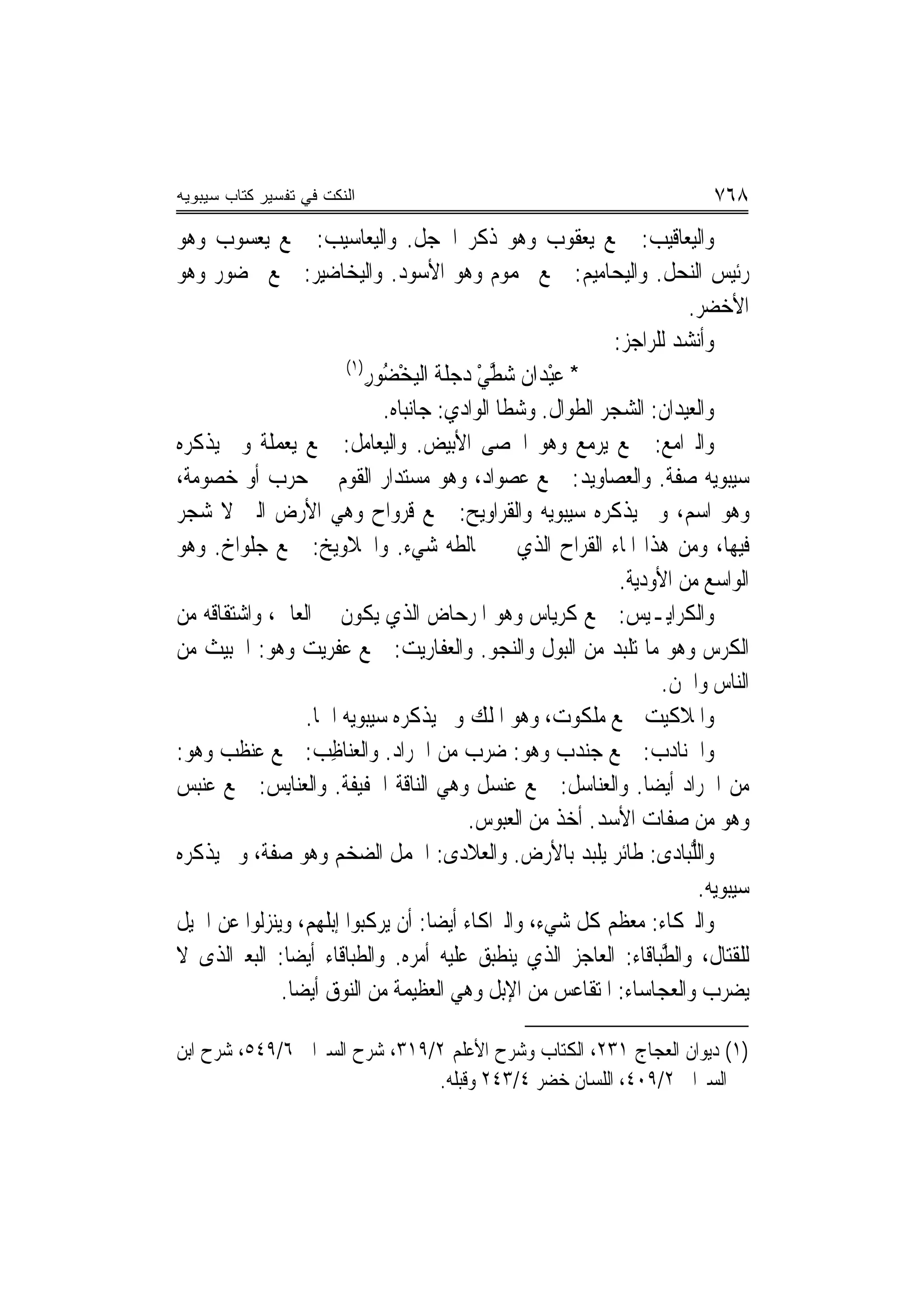 ‫ﺍﻟﻨﻜﺕ ﻓﻲ ﺘﻔﺴﻴﺭ ﻜﺘﺎﺏ ﺴﻴﺒﻭﻴﻪ‬                                                   ‫٨٦٧‬
‫ﻭﺍﻟﻴﻌﺎﻗﻴﺐ: ﲨﻊ ﻳﻌﻘﻮﺏ ﻭﻫﻮ ﺫﻛﺮ ﺍﳊﺠﻞ. ﻭﺍﻟ‪‬ﻴﻌ‪‬ﺎﺳﻴﺐ: ﲨﻊ ﻳﻌ ‪‬ﻮﺏ ﻭﻫﻮ‬
         ‫ﺴ‬            ‫‪‬‬
‫ﺭﺋﻴﺲ ﺍﻟﻨﺤﻞ. ﻭﺍﻟﻴﺤﺎﻣﻴﻢ: ﲨﻊ ﳛﻤﻮﻡ ﻭﻫﻮ ﺍﻷﺳﻮﺩ. ﻭﺍﻟﻴﺨﺎﺿِﻴ ‪ :‬ﲨﻊ ﳜ ‪‬ﻮﺭ ﻭﻫﻮ‬
       ‫ﻀ‬            ‫ﺮ‬                                     ‫‪‬‬
                                                                          ‫ﺍﻷﺧﻀﺮ.‬
                                                              ‫ﻭﺃﻧﺸﺪ ﻟﻠﺮﺍﺟﺰ:‬
                         ‫)١(‬
                             ‫* ﻋﻴﺪ‪‬ﺍﻥ ﺷﻄﻲ ﺩﺟﻠﹶﺔ ﺍﻟﻴﺨ ُﻮﺭ‬
                             ‫ْﻀ ِ‬           ‫‪‬ﱠ ْ‬      ‫‪ْ‬‬
                               ‫ﻭﺍﻟﻌ‪‬ﻴﺪ‪‬ﺍﻥ: ﺍﻟﺸﺠﺮ ﺍﻟﻄﻮﺍﻝ. ﻭﺷ ﹼﺎ ﺍﻟﻮﺍﺩﻱ: ﺟﺎﻧﺒﺎﻩ.‬
                                                ‫ﻄ‬                   ‫ﹸ‬
‫ﻭﺍﻟﲑﺍﻣﻊ: ﲨﻊ ‪‬ﻳﺮﻣ‪‬ﻊ ﻭﻫﻮ ﺍﳊﺼﻰ ﺍﻷﺑﻴﺾ. ﻭﺍﻟﻴﻌﺎﻣﻞ: ﲨﻊ ‪‬ﻳﻌﻤ‪‬ﻠﺔ ﻭﱂ ﻳﺬﻛﺮﻩ‬
               ‫‪‬‬                                            ‫‪‬‬        ‫‪‬‬
‫ﺳﻴﺒﻮﻳﻪ ﺻﻔﺔ. ﻭﺍﻟﻌﺼ‪‬ﺎﻭﻳﺪ: ﲨﻊ ﻋﺼﻮ‪‬ﺍﺩ، ﻭﻫﻮ ﻣﺴﺘﺪﺍﺭ ﺍﻟﻘﻮﻡ ﰲ ﺣﺮﺏ ﺃﻭ ﺧﺼﻮﻣﺔ،‬
                                                ‫‪‬‬               ‫‪‬‬
‫ﻭﻫﻮ ﺍﺳﻢ، ﻭﱂ ﻳﺬﻛﺮﻩ ﺳﻴﺒﻮﻳﻪ ﻭﺍﻟﻘﺮﺍﻭﻳﺢ: ﲨﻊ ﻗﺮﻭ‪‬ﺍﺡ ﻭﻫﻲ ﺍﻷﺭﺽ ﺍﻟﱵ ﻻ ﺷﺠﺮ‬
                                 ‫‪‬‬
‫ﻓﻴﻬﺎ، ﻭﻣﻦ ﻫﺬﺍ ﺍﳌﺎﺀ ﺍﻟﻘﺮﺍﺡ ﺍﻟﺬﻱ ﱂ ﳜﺎﻟﻄﻪ ﺷﻲﺀ. ﻭﺍﳉﻼﻭﻳﺦ: ﲨﻊ ﺟﻠﻮﺍﺥ. ﻭﻫﻮ‬
                                                               ‫ﺍﻟﻮﺍﺳﻊ ﻣﻦ ﺍﻷﻭﺩﻳﺔ.‬
‫ﻭﺍﻟﻜﺮﺍﻳـﻴﺲ: ﲨﻊ ﻛﺮﻳ‪‬ﺎﺱ ﻭﻫﻮ ﺍﳌﺮﺣﺎﺽ ﺍﻟﺬﻱ ﻳﻜﻮﻥ ﰲ ﺍﻟﻌﺎﱄ، ﻭﺍﺷﺘﻘﺎﻗﻪ ﻣﻦ‬
‫ﺍﻟﻜﺮﺱ ﻭﻫﻮ ﻣﺎ ﺗﻠﺒﺪ ﻣﻦ ﺍﻟﺒﻮﻝ ﻭﺍﻟﻨﺠﻮ. ﻭﺍﻟﻌﻔﺎﺭﻳﺖ: ﲨﻊ ﻋﻔﺮﻳﺖ ﻭﻫﻮ: ﺍﳋﺒﻴﺚ ﻣﻦ‬
                                                                     ‫ﺍﻟﻨﺎﺱ ﻭﺍﳉﻦ.‬
                   ‫ﻭﺍﳌﻼﻛﻴﺖ ﲨﻊ ﻣﻠﻜﻮﺕ، ﻭﻫﻮ ﺍﳌﻠﻚ ﻭﱂ ﻳﺬﻛﺮﻩ ﺳﻴﺒﻮﻳﻪ ﺍﲰ‪‬ﺎ.‬
‫ﻭﺍﳉﻨﺎﺩﺏ: ﲨﻊ ﺟﻨﺪﺏ ﻭﻫﻮ: ﺿﺮﺏ ﻣﻦ ﺍﳉﺮﺍﺩ. ﻭﺍﻟﻌﻨﺎﻇ ‪ :‬ﲨﻊ ﻋ‪‬ﻨ ﹸﺐ ﻭﻫﻮ:‬
        ‫ﻈ‬           ‫ِﺐ‬
‫ﻣﻦ ﺍﳉﺮﺍﺩ ﺃﻳﻀ‪‬ﺎ. ﻭﺍﻟﻌﻨﺎﺳﻞ: ﲨﻊ ﻋﻨﺴﻞ ﻭﻫﻲ ﺍﻟﻨﺎﻗﺔ ﺍﳋﻔﻴﻔﺔ. ﻭﺍﻟﻌﻨﺎِﺑ ‪ :‬ﲨﻊ ﻋﻨ‪‬ﺒﺲ‬
            ‫ﺲ‬
                                           ‫ﻭﻫﻮ ﻣﻦ ﺻﻔﺎﺕ ﺍﻷﺳﺪ. ﺃﺧﺬ ﻣﻦ ﺍﻟﻌﺒﻮﺱ.‬
‫ﻭﺍﻟﱡﺒﺎﺩﻯ: ﻃﺎﺋﺮ ﻳﻠﺒﺪ ﺑﺎﻷﺭﺽ. ﻭﺍﻟﻌﻼﺩ‪‬ﻯ: ﺍﳉﻤﻞ ﺍﻟﻀﺨﻢ ﻭﻫﻮ ﺻﻔﺔ، ﻭﱂ ﻳﺬﻛﺮﻩ‬
                                           ‫‪‬ﹶ‬                             ‫ﻠ‬
                                                                            ‫ﺳﻴﺒﻮﻳﻪ.‬
‫ﻭﺍﻟﱪﻛﹶﺎﺀ: ﻣﻌﻈﻢ ﻛﻞ ﺷﻲﺀ، ﻭﺍﻟﱪﺍﻛﺎﺀ ﺃﻳﻀ‪‬ﺎ: ﺃﻥ ﻳﺮﻛﺒﻮﺍ ﺇﺑﻠﻬﻢ، ﻭﻳﻨ‪‬ﺰﻟﻮﺍ ﻋﻦ ﺍﳋﻴﻞ‬
‫ﻟﻠﻘﺘﺎﻝ، ﻭﺍﻟ ﱠﺒﺎﻗﺎﺀ: ﺍﻟﻌﺎﺟﺰ ﺍﻟﺬﻱ ﻳﻨﻄﺒﻖ ﻋﻠﻴﻪ ﺃﻣﺮﻩ. ﻭﺍﻟﻄﺒﺎﻗﺎﺀ ﺃﻳﻀ‪‬ﺎ: ﺍﻟﺒﻌﲑﺍﻟﺬﻯ ﻻ‬
                                                                     ‫ﻄ‬
               ‫ﻳﻀﺮﺏ ﻭﺍﻟﻌﺠﺎﺳﺎﺀ: ﺍﳌﺘﻘﺎﻋﺲ ﻣﻦ ﺍﻹﺑﻞ ﻭﻫﻲ ﺍﻟﻌﻈﻴﻤﺔ ﻣﻦ ﺍﻟﻨﻮﻕ ﺃﻳﻀ‪‬ﺎ.‬

‫)١( ﺩﻳﻮﺍﻥ ﺍﻟﻌﺠﺎﺝ ١٣٢، ﺍﻟﻜﺘﺎﺏ ﻭﺷﺮﺡ ﺍﻷﻋﻠﻢ ٢/٩١٣، ﺷﺮﺡ ﺍﻟﺴﲑﺍﰲ ٦/٩٤٥، ﺷﺮﺡ ﺍﺑﻦ‬
                               ‫ﺍﻟﺴﲑﺍﰲ ٢/٩٠٤، ﺍﻟﻠﺴﺎﻥ ﺧﻀﺮ ٤/٣٤٢ ﻭﻗﺒﻠﻪ.‬
 