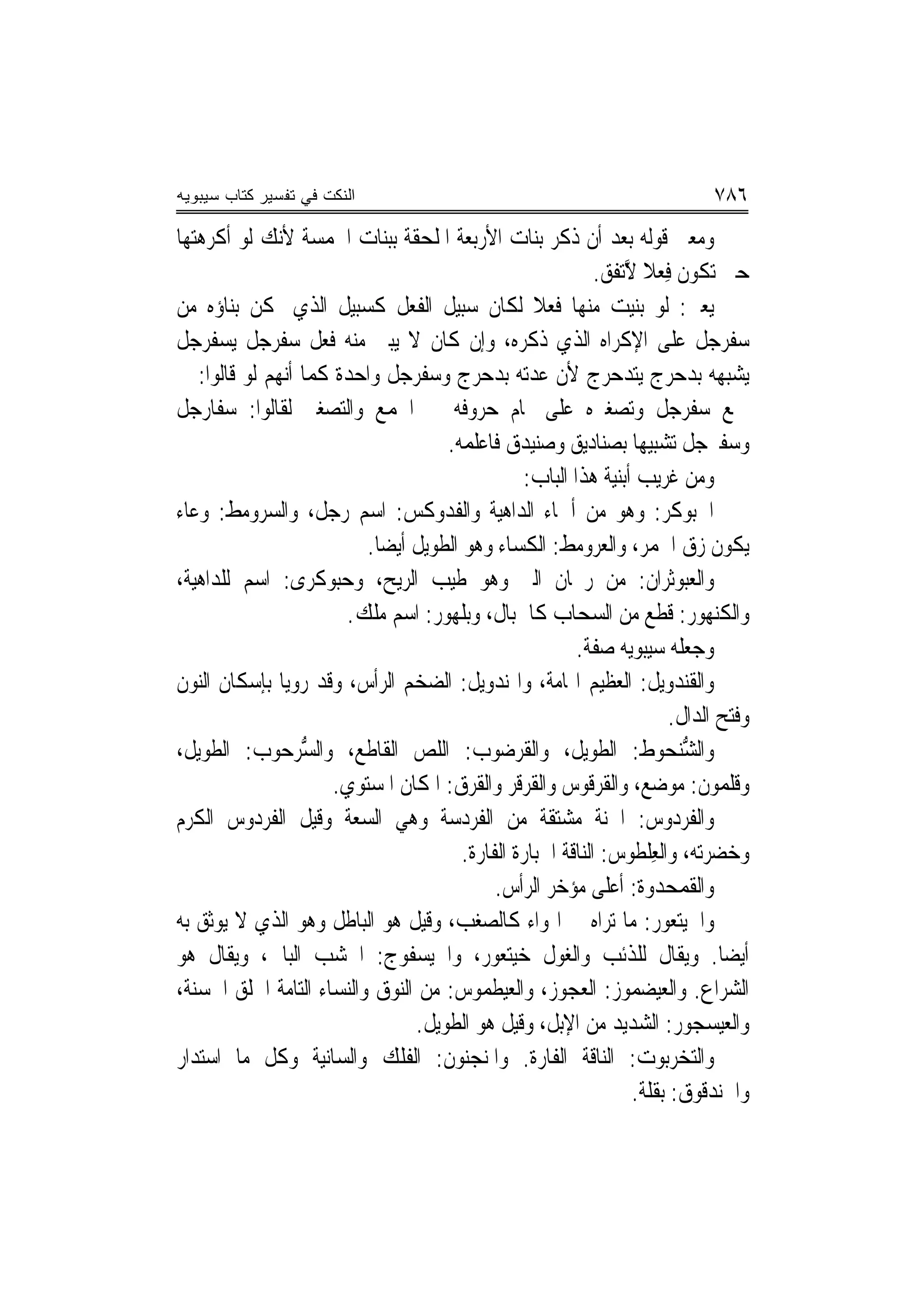 ‫ﺍﻟﻨﻜﺕ ﻓﻲ ﺘﻔﺴﻴﺭ ﻜﺘﺎﺏ ﺴﻴﺒﻭﻴﻪ‬                                                    ‫٦٨٧‬
‫ﻭﻣﻌﲎ ﻗﻮﻟﻪ ﺑﻌﺪ ﺃﻥ ﺫﻛﺮ ﺑﻨﺎﺕ ﺍﻷﺭﺑﻌﺔ ﺍﳌﻠﺤﻘﺔ ﺑﺒﻨﺎﺕ ﺍﳋﻤﺴﺔ ﻷﻧﻚ ﻟﻮ ﺃﻛﺮﻫﺘﻬﺎ‬
                                                             ‫ﺣﱴ ﺗﻜﻮﻥ ﻓﻌﻼ ﱠ‪‬ﺗﻔﻖ.‬
                                                              ‫ِ‪ ‬ﹰ ﻻ ﹶ ‪‬‬
‫ﻳﻌﲏ: ﻟﻮ ﺑﻨﻴﺖ ﻣﻨﻬﺎ ﻓﻌﻼ ﻟﻜﺎﻥ ﺳﺒﻴﻞ ﺍﻟﻔﻌﻞ ﻛﺴﺒﻴﻞ ﺍﻟﺬﻱ ﳝﻜﻦ ﺑﻨﺎﺅﻩ ﻣﻦ‬
                                                   ‫ﹰ‬
‫ﺳﻔﺮﺟﻞ ﻋﻠﻰ ﺍﻹﻛﺮﺍﻩ ﺍﻟﺬﻱ ﺫﻛﺮﻩ، ﻭﺇﻥ ﻛﺎﻥ ﻻ ﻳﺒﲎ ﻣﻨﻪ ﻓﻌﻞ ﺳﻔﺮﺟﻞ ﻳﺴﻔﺮﺟﻞ‬
‫ﻳﺸﺒﻬﻪ ﺑﺪﺣﺮﺝ ﻳﺘﺪﺣﺮﺝ ﻷﻥ ﻋﺪﺗﻪ ﺑﺪﺣﺮﺝ ﻭﺳﻔﺮﺟﻞ ﻭﺍﺣﺪﺓ ﻛﻤﺎ ﺃ‪‬ﻬﻢ ﻟﻮ ﻗﺎﻟﻮﺍ: ﰲ‬
              ‫ﻧ‬
‫ﲨﻊ ﺳﻔﺮﺟﻞ ﻭﺗﺼﻐﲑﻩ ﻋﻠﻰ ﲤﺎﻡ ﺣﺮﻭﻓﻪ ﰲ ﺍﳉﻤﻊ ﻭﺍﻟﺘﺼﻐﲑ ﻟﻘﺎﻟﻮﺍ: ﺳﻔﺎﺭﺟﻞ‬
                                     ‫ﻭﺳﻔﲑﺟﻞ ﺗﺸﺒﻴﻬ‪‬ﺎ ﺑﺼﻨﺎﺩﻳﻖ ﻭﺻﻨﻴﺪﻕ ﻓﺎﻋﻠﻤﻪ.‬
                                                 ‫ﻭﻣﻦ ﻏﺮﻳﺐ ﺃﺑﻨﻴﺔ ﻫﺬﺍ ﺍﻟﺒﺎﺏ:‬
‫ﺍﳊ‪‬ﺒﻮﻛﺮ‪ :‬ﻭﻫﻮ ﻣﻦ ﺃﲰﺎﺀ ﺍﻟﺪﺍﻫﻴﺔ ﻭﺍﻟﻔﺪﻭﻛﺲ: ﺍﺳﻢ ﺭﺟﻞ، ﻭﺍﻟ ‪‬ﺮﻭﻣ‪‬ﻂ: ﻭﻋﺎﺀ‬
          ‫ﺴ ‪‬‬                                                            ‫ﹶ ‪‬ﹶ‬
                          ‫ﻳﻜﻮﻥ ﺯﻕ ﺍﳋﻤﺮ، ﻭﺍﻟﻌﺮﻭ‪‬ﻣﻂ: ﺍﻟﻜﺴﺎﺀ ﻭﻫﻮ ﺍﻟﻄﻮﻳﻞ ﺃﻳﻀ‪‬ﺎ.‬
                                                            ‫‪‬‬
‫ﻭﺍﻟﻌﺒﻮﺛﺮﺍﻥ: ﻣﻦ ﺭﳛﺎﻥ ﺍﻟﱪ ﻭﻫﻮ ﻃﻴﺐ ﺍﻟﺮﻳﺢ، ﻭﺣ‪‬ﺒﻮﻛﹶﺮﻯ: ﺍﺳﻢ ﻟﻠﺪﺍﻫﻴﺔ،‬
                    ‫‪‬‬
                       ‫ﻭﺍﻟﻜﻨﻬﻮﺭ: ﻗﻄﻊ ﻣﻦ ﺍﻟﺴﺤﺎﺏ ﻛﺎﳉﺒﺎﻝ، ﻭﺑﻠﻬﻮﺭ: ﺍﺳﻢ ﻣﻠﻚ.‬
                                                         ‫ﻭﺟﻌﻠﻪ ﺳﻴﺒﻮﻳﻪ ﺻﻔﺔ.‬
‫ﻭﺍﻟﻘ‪‬ﻨﺪ‪‬ﻭﻳﻞ: ﺍﻟﻌﻈﻴﻢ ﺍﳍﺎﻣﺔ، ﻭﺍﳍﻨﺪﻭﻳﻞ: ﺍﻟﻀﺨﻢ ﺍﻟﺮﺃﺱ، ﻭﻗﺪ ﺭﻭﻳﺎ ﺑﺈﺳﻜﺎﻥ ﺍﻟﻨﻮﻥ‬    ‫ﹸ‬
                                                                         ‫ﻭﻓﺘﺢ ﺍﻟﺪﺍﻝ.‬
‫ﻭﺍﻟﺸ‪‬ﻨ ‪‬ﻮﻁ: ﺍﻟﻄﻮﻳﻞ، ﻭﺍﻟﻘﺮﺿﻮﺏ: ﺍﻟﻠﺺ ﺍﻟﻘﺎﻃﻊ، ﻭﺍﻟ ﱡﺮﺣﻮﺏ: ﺍﻟﻄﻮﻳﻞ،‬
                 ‫ﺴ‬                                                      ‫ﱡﺤ‬
                     ‫ﻭﻗﻠﻤﻮﻥ: ﻣﻮﺿﻊ، ﻭﺍﻟﻘﺮﻗﻮﺱ ﻭﺍﻟﻘﺮﻗﺮ ﻭﺍﻟﻘﺮﻕ: ﺍﳌﻜﺎﻥ ﺍﳌﺴﺘﻮﻱ.‬
‫ﻭﺍﻟﻔﺮﺩﻭﺱ: ﺍﳉﻨﺔ ﻣﺸﺘﻘﺔ ﻣﻦ ﺍﻟﻔﺮﺩﺳ‪‬ﺔ ﻭﻫﻲ ﺍﻟﺴﻌﺔ ﻭﻗﻴﻞ ﺍﻟﻔﺮﺩﻭﺱ ﺍﻟﻜﺮﻡ‬
                                       ‫ﹶ ‪‬‬
                                        ‫ﻭﺧﻀﺮﺗﻪ، ﻭﺍﻟﻌِﻠﻄﹾﻮﺱ: ﺍﻟﻨﺎﻗﺔ ﺍﳉﺒﺎﺭﺓ ﺍﻟﻔﺎﺭﺓ.‬
                                             ‫ﻭﺍﻟﻘﻤﺤ ‪‬ﻭﺓ: ﺃﻋﻠﻰ ﻣ ‪‬ﺧﺮ ﺍﻟﺮﺃﺱ.‬
                                                        ‫ﺆ‬             ‫‪‬ﺪ‬
‫ﻭﺍﳋﻴﺘﻌﻮﺭ: ﻣﺎ ﺗﺮﺍﻩ ﰲ ﺍﳍﻮﺍﺀ ﻛﺎﻟﺼﻐﺐ، ﻭﻗﻴﻞ ﻫﻮ ﺍﻟﺒﺎﻃﻞ ﻭﻫﻮ ﺍﻟﺬﻱ ﻻ ﻳﻮﺛﻖ ﺑﻪ‬
‫ﺃﻳﻀ‪‬ﺎ. ﻭﻳﻘﺎﻝ ﻟﻠﺬﺋﺐ ﻭﺍﻟﻐﻮﻝ ﺧﻴﺘﻌﻮﺭ، ﻭﺍﳋﻴﺴﻔﻮﺝ: ﺍﳋﺸﺐ ﺍﻟﺒﺎﱄ، ﻭﻳﻘﺎﻝ ﻫﻮ‬
‫ﺍﻟﺸﺮﺍﻉ. ﻭﺍﻟﻌﻴﻀﻤﻮﺯ: ﺍﻟﻌﺠﻮﺯ، ﻭﺍﻟﻌﻴﻄﻤﻮﺱ: ﻣﻦ ﺍﻟﻨﻮﻕ ﻭﺍﻟﻨﺴﺎﺀ ﺍﻟﺘﺎﻣﺔ ﺍﳋﻠﻖ ﺍﳊﺴﻨﺔ،‬
                                 ‫ﻭﺍﻟﻌﻴﺴﺠﻮﺭ: ﺍﻟﺸﺪﻳﺪ ﻣﻦ ﺍﻹﺑﻞ، ﻭﻗﻴﻞ ﻫﻮ ﺍﻟﻄﻮﻳﻞ.‬
‫ﻭﺍﻟ‪‬ﺘﺨ‪‬ﺮﺑﻮﺕ: ﺍﻟﻨﺎﻗﺔ ﺍﻟﻔﺎﺭﺓ. ﻭﺍﳌﻨﺠﻨﻮﻥ: ﺍﻟﻔﻠﻚ ﻭﺍﻟﺴﺎﻧﻴﺔ ﻭﻛﻞ ﻣﺎ ﺍﺳﺘﺪﺍﺭ‬
                                                                   ‫ﻭﺍﳊﻨﺪﻗﻮﻕ: ﺑﻘﻠﺔ.‬
 