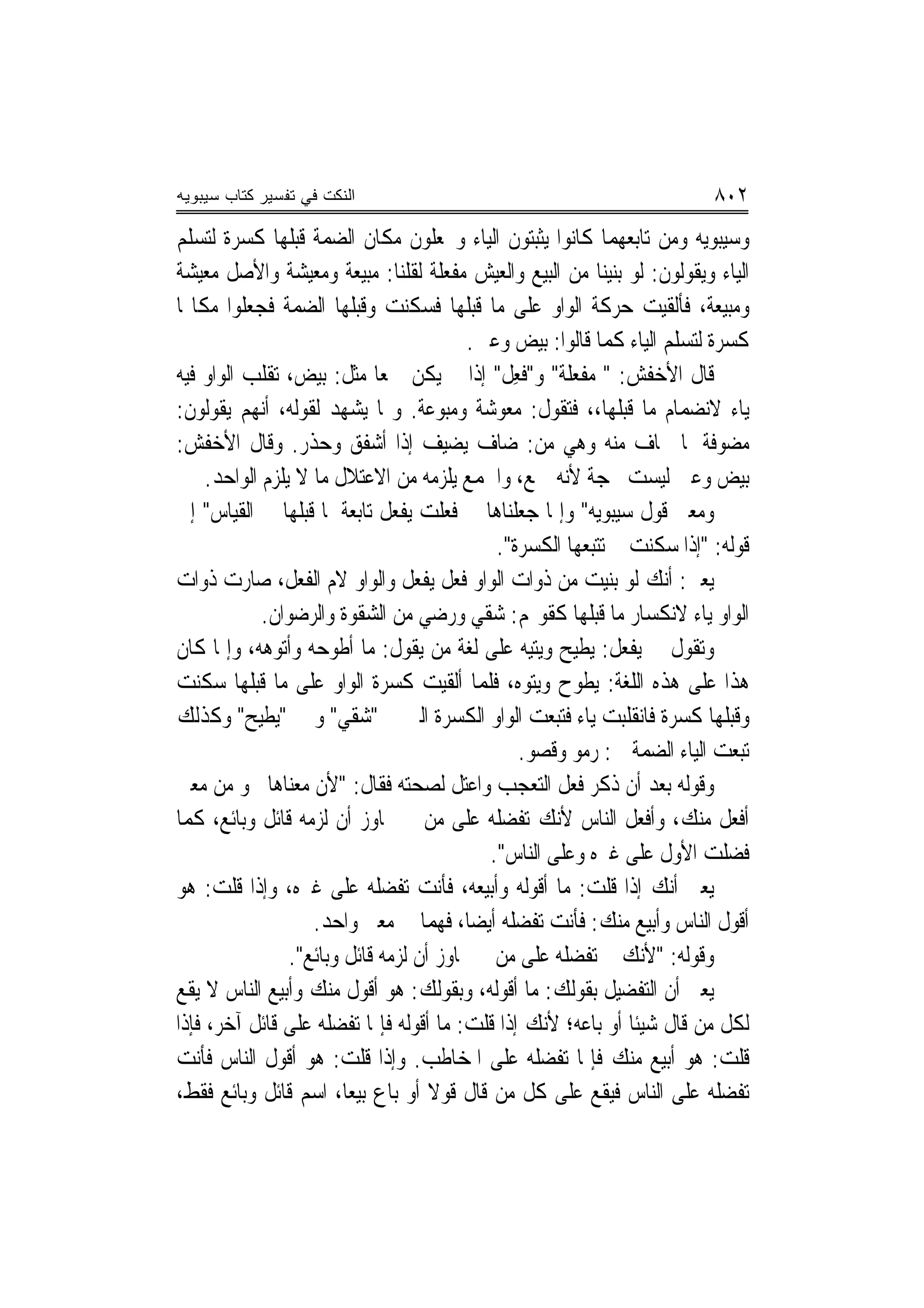 ‫ﺍﻟﻨﻜﺕ ﻓﻲ ﺘﻔﺴﻴﺭ ﻜﺘﺎﺏ ﺴﻴﺒﻭﻴﻪ‬                                                 ‫٢٠٨‬
‫ﻭﺳﻴﺒﻮﻳﻪ ﻭﻣﻦ ﺗﺎﺑﻌﻬﻤﺎ ﻛﺎﻧﻮﺍ ﻳﺜﺒﺘﻮﻥ ﺍﻟﻴﺎﺀ ﻭﳚﻌﻠﻮﻥ ﻣﻜﺎﻥ ﺍﻟﻀﻤﺔ ﻗﺒﻠﻬﺎ ﻛﺴﺮﺓ ﻟﺘﺴﻠﻢ‬
‫ﺍﻟﻴﺎﺀ ﻭﻳﻘﻮﻟﻮﻥ: ﻟﻮ ﺑﻨﻴﻨﺎ ﻣﻦ ﺍﻟﺒﻴﻊ ﻭﺍﻟﻌﻴﺶ ﻣﻔﻌﻠﺔ ﻟﻘﻠﻨﺎ: ﻣ‪‬ﺒﻴ‪‬ﻌﺔ ﻭﻣﻌﻴ‪‬ﺸﺔ ﻭﺍﻷﺻﻞ ﻣﻌ‪‬ﺸﺔ‬
    ‫‪‬ﻴ‬               ‫‪‬‬
‫ﻭﻣ‪‬ﺒ‪‬ﻌﺔ، ﻓﺄﻟﻘﻴﺖ ﺣﺮﻛﺔ ﺍﻟﻮﺍﻭ ﻋﻠﻰ ﻣﺎ ﻗﺒﻠﻬﺎ ﻓﺴﻜﻨﺖ ﻭﻗﺒﻠﻬﺎ ﺍﻟﻀﻤﺔ ﻓﺠﻌﻠﻮﺍ ﻣﻜﺎ‪‬ﺎ‬      ‫‪‬ﻴ‬
                                           ‫ﻛﺴﺮﺓ ﻟﺘﺴﻠﻢ ﺍﻟﻴﺎﺀ ﻛﻤﺎ ﻗﺎﻟﻮﺍ: ﺑﻴﺾ ﻭﻋﲔ.‬
‫ﻗﺎﻝ ﺍﻷﺧﻔﺶ: " ﻣﻔﻌﻠﺔ" ﻭ"ﻓﻌِﻞ" ﺇﺫﺍ ﱂ ﻳﻜﻦ ﲨﻌ‪‬ﺎ ﻣﺜﻞ: ﺑﻴﺾ، ﺗﻘﻠﺐ ﺍﻟﻮﺍﻭ ﻓﻴﻪ‬
                                                 ‫ﹸ‬
‫ﻳﺎﺀ ﻻﻧﻀﻤﺎﻡ ﻣﺎ ﻗﺒﻠﻬﺎ،، ﻓﺘﻘﻮﻝ: ﻣﻌﻮﺷﺔ ﻭﻣﺒﻮﻋﺔ. ﻭﳑﺎ ﻳﺸﻬﺪ ﻟﻘﻮﻟﻪ، ﺃ‪‬ﻬﻢ ﻳﻘﻮﻟﻮﻥ:‬
             ‫ﻧ‬
‫ﻣﻀﻮﻓﺔ ﳌﺎ ﳜﺎﻑ ﻣﻨﻪ ﻭﻫﻲ ﻣﻦ: ﺿﺎﻑ ﻳﻀﻴﻒ ﺇﺫﺍ ﺃﺷﻔﻖ ﻭﺣﺬﺭ. ﻭﻗﺎﻝ ﺍﻷﺧﻔﺶ:‬
      ‫ﺑﻴﺾ ﻭﻋﲔ ﻟﻴﺴﺖ ﲝﺠﺔ ﻷﻧﻪ ﲨﻊ، ﻭﺍﳉﻤﻊ ﻳﻠﺰﻣﻪ ﻣﻦ ﺍﻻﻋﺘﻼﻝ ﻣﺎ ﻻ ﻳﻠﺰﻡ ﺍﻟﻮﺍﺣﺪ.‬
‫ﻭﻣﻌﲎ ﻗﻮﻝ ﺳﻴﺒﻮﻳﻪ" ﻭﺇﳕﺎ ﺟﻌﻠﻨﺎﻫﺎ ﰲ ﻓﻌﻠﺖ ﻳﻔﻌﻞ ﺗﺎﺑﻌﺔ ﳌﺎ ﻗﺒﻠﻬﺎ ﰲ ﺍﻟﻘﻴﺎﺱ" ﺇﱃ‬
                                              ‫ﻗﻮﻟﻪ: "ﺇﺫﺍ ﺳﻜﻨﺖ ﱂ ﺗﺘﺒﻌﻬﺎ ﺍﻟﻜﺴﺮﺓ".‬
‫ﻳﻌﲏ: ﺃﻧﻚ ﻟﻮ ﺑﻨﻴﺖ ﻣﻦ ﺫﻭﺍﺕ ﺍﻟﻮﺍﻭ ﻓﻌﻞ ﻳﻔﻌﻞ ﻭﺍﻟﻮﺍﻭ ﻻﻡ ﺍﻟﻔﻌﻞ، ﺻﺎﺭﺕ ﺫﻭﺍﺕ‬
              ‫ﺍﻟﻮﺍﻭ ﻳﺎﺀ ﻻﻧﻜﺴﺎﺭ ﻣﺎ ﻗﺒﻠﻬﺎ ﻛﻘﻮﳍﻢ: ﺷﻘﻲ ﻭﺭﺿﻲ ﻣﻦ ﺍﻟﺸﻘﻮﺓ ﻭﺍﻟﺮﺿﻮﺍﻥ.‬
‫ﻭﺗﻘﻮﻝ ﰲ ﻳﻔﻌﻞ: ﻳﻄﻴﺢ ﻭﻳﺘﻴﻪ ﻋﻠﻰ ﻟﻐﺔ ﻣﻦ ﻳﻘﻮﻝ: ﻣﺎ ﺃﻃﻮﺣﻪ ﻭﺃﺗﻮﻫﻪ، ﻭﺇﳕﺎ ﻛﺎﻥ‬
‫ﻫﺬﺍ ﻋﻠﻰ ﻫﺬﻩ ﺍﻟﻠﻐﺔ: ﻳﻄﻮﺡ ﻭﻳﺘﻮﻩ، ﻓﻠﻤﺎ ﺃﻟﻘﻴﺖ ﻛﺴﺮﺓ ﺍﻟﻮﺍﻭ ﻋﻠﻰ ﻣﺎ ﻗﺒﻠﻬﺎ ﺳﻜﻨﺖ‬
‫ﻭﻗﺒﻠﻬﺎ ﻛﺴﺮﺓ ﻓﺎﻧﻘﻠﺒﺖ ﻳﺎﺀ ﻓﺘﺒﻌﺖ ﺍﻟﻮﺍﻭ ﺍﻟﻜﺴﺮﺓ ﺍﻟﱵ ﰲ "ﺷﻘﻲ" ﻭ ﰲ "ﻳﻄﻴﺢ" ﻭﻛﺬﻟﻚ‬
                                                 ‫ﺗﺒﻌﺖ ﺍﻟﻴﺎﺀ ﺍﻟﻀﻤﺔ ﰱ: ﺭﻣﻮ ﻭﻗﺼﻮ.‬
‫ﻭﻗﻮﻟﻪ ﺑﻌﺪ ﺃﻥ ﺫﻛﺮ ﻓﻌﻞ ﺍﻟﺘﻌﺠﺐ ﻭﺍﻋﺘﻞ ﻟﺼﺤﺘﻪ ﻓﻘﺎﻝ: "ﻷﻥ ﻣﻌﻨﺎﻫﺎ ﳓﻮ ﻣﻦ ﻣﻌﲎ‬
‫ﺃﻓﻌﻞ ﻣﻨﻚ، ﻭﺃﻓﻌﻞ ﺍﻟﻨﺎﺱ ﻷﻧﻚ ﺗﻔﻀﻠﻪ ﻋﻠﻰ ﻣﻦ ﱂ ﳚﺎﻭﺯ ﺃﻥ ﻟﺰﻣﻪ ﻗﺎﺋﻞ ﻭﺑﺎﺋﻊ، ﻛﻤﺎ‬
                                             ‫ﻓﻀﻠﺖ ﺍﻷﻭﻝ ﻋﻠﻰ ﻏﲑﻩ ﻭﻋﻠﻰ ﺍﻟﻨﺎﺱ".‬
‫ﻳﻌﲏ ﺃﻧﻚ ﺇﺫﺍ ﻗﻠﺖ: ﻣﺎ ﺃﻗﻮﻟﻪ ﻭﺃﺑﻴﻌﻪ، ﻓﺄﻧﺖ ﺗﻔﻀﻠﻪ ﻋﻠﻰ ﻏﲑﻩ، ﻭﺇﺫﺍ ﻗﻠﺖ: ﻫﻮ‬
                     ‫ﺃﻗﻮﻝ ﺍﻟﻨﺎﺱ ﻭﺃﺑﻴﻊ ﻣﻨﻚ: ﻓﺄﻧﺖ ﺗﻔﻀﻠﻪ ﺃﻳﻀ‪‬ﺎ، ﻓﻬﻤ‪‬ﺎ ﰲ ﻣﻌﲎ ﻭﺍﺣﺪ.‬
                  ‫ﻭﻗﻮﻟﻪ: "ﻷﻧﻚ ﱂ ﺗﻔﻀﻠﻪ ﻋﻠﻰ ﻣﻦ ﱂ ﳚﺎﻭﺯ ﺃﻥ ﻟﺰﻣﻪ ﻗﺎﺋﻞ ﻭﺑﺎﺋﻊ".‬
‫ﻳﻌﲏ ﺃﻥ ﺍﻟﺘﻔﻀﻴﻞ ﺑﻘﻮﻟﻚ: ﻣﺎ ﺃﻗﻮﻟﻪ، ﻭﺑﻘﻮﻟﻚ: ﻫﻮ ﺃﻗﻮﻝ ﻣﻨﻚ ﻭﺃﺑﻴﻊ ﺍﻟﻨﺎﺱ ﻻ ﻳﻘﻊ‬
‫ﻟﻜﻞ ﻣﻦ ﻗﺎﻝ ﺷﻴﺌﺎ ﺃﻭ ﺑﺎﻋﻪ؛ ﻷﻧﻚ ﺇﺫﺍ ﻗﻠﺖ: ﻣﺎ ﺃﻗﻮﻟﻪ ﻓﺈﳕﺎ ﺗﻔﻀﻠﻪ ﻋﻠﻰ ﻗﺎﺋﻞ ﺁﺧﺮ، ﻓﺈﺫﺍ‬
‫ﻗﻠﺖ: ﻫﻮ ﺃﺑﻴﻊ ﻣﻨﻚ ﻓﺈﳕﺎ ﺗﻔﻀﻠﻪ ﻋﻠﻰ ﺍﳌﺨﺎﻃﺐ. ﻭﺇﺫﺍ ﻗﻠﺖ: ﻫﻮ ﺃﻗﻮﻝ ﺍﻟﻨﺎﺱ ﻓﺄﻧﺖ‬
‫ﺗﻔﻀﻠﻪ ﻋﻠﻰ ﺍﻟﻨﺎﺱ ﻓﻴﻘﻊ ﻋﻠﻰ ﻛﻞ ﻣﻦ ﻗﺎﻝ ﻗﻮﻻ ﺃﻭ ﺑﺎﻉ ﺑﻴﻌ‪‬ﺎ، ﺍﺳﻢ ﻗﺎﺋﻞ ﻭﺑﺎﺋﻊ ﻓﻘﻂ،‬
                                      ‫ﹰ‬
 