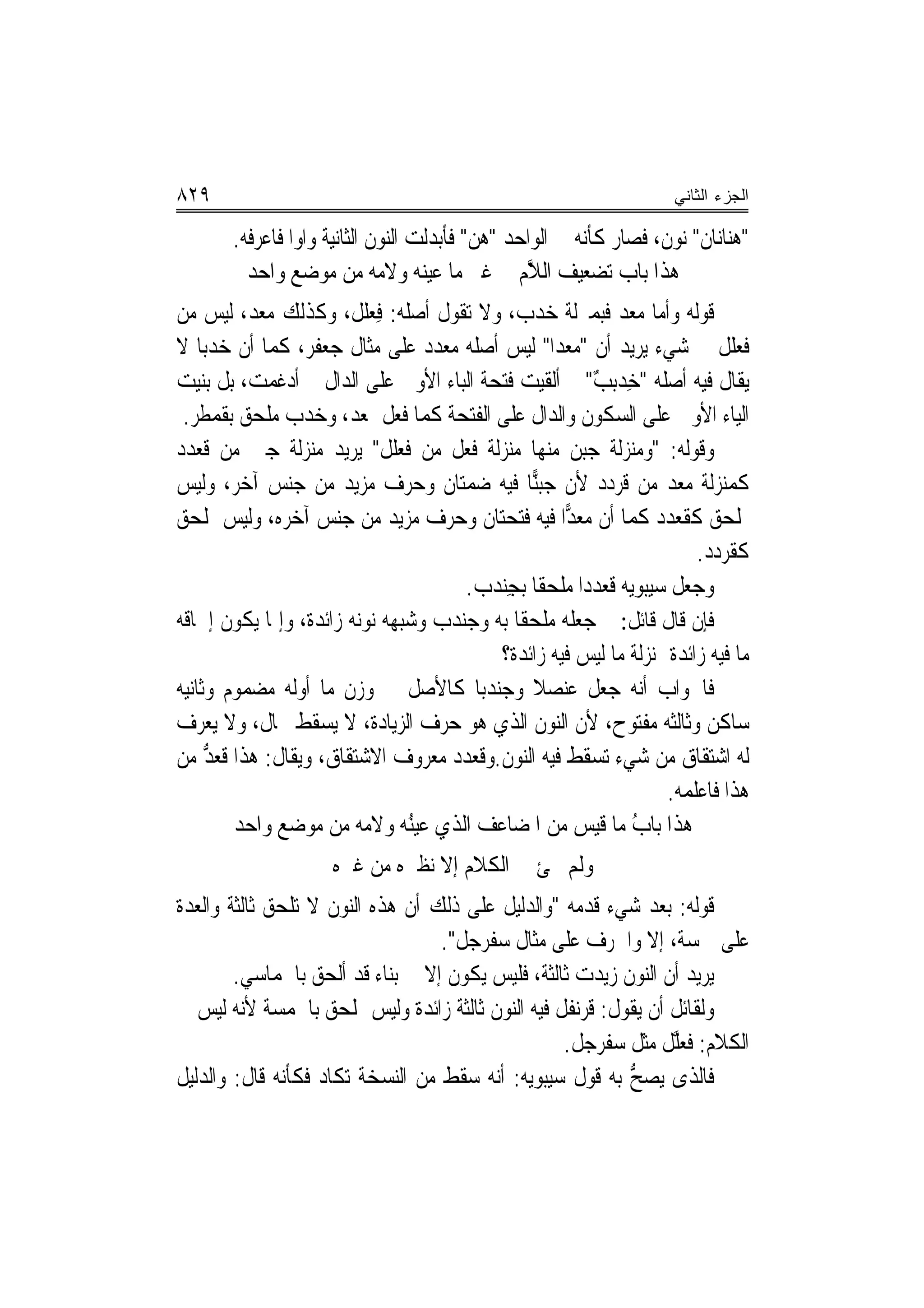 ‫٩٢٨‬                                                                  ‫ﺍﻟﺠﺯﺀ ﺍﻟﺜﺎﻨﻲ‬

       ‫"ﻫﻨ‪‬ﺎﻧﺎﻥ" ﻧﻮﻥ، ﻓﺼﺎﺭ ﻛﺄﻧﻪ ﰲ ﺍﻟﻮﺍﺣﺪ "ﻫ ‪ "‬ﻓﺄﺑﺪﻟﺖ ﺍﻟﻨﻮﻥ ﺍﻟﺜﺎﻧﻴﺔ ﻭﺍﻭﺍ ﻓﺎﻋﺮﻓﻪ.‬
                                          ‫‪‬ﻦ‬                                  ‫‪‬‬
         ‫ﻫﺬﺍ ﺑﺎﺏ ﺗﻀﻌﻴﻒ ﺍﻟ ﱠﻡ ﰲ ﻏﲑ ﻣﺎ ﻋﻴﻨﻪ ﻭﻻﻣﻪ ﻣﻦ ﻣﻮﺿﻊ ﻭﺍﺣﺪ‬
                                                 ‫ﻼ‬
‫ﻗﻮﻟﻪ ﻭﺃﻣﺎ ﻣﻌﺪ ﻓﺒﻤﱰﻟﺔ ﺧﺪﺏ، ﻭﻻ ﺗﻘﻮﻝ ﺃﺻﻠﻪ: ﻓﻌﻠﻞ، ﻭﻛﺬﻟﻚ ﻣﻌﺪ، ﻟﻴﺲ ﻣﻦ‬
           ‫‪ ‬‬        ‫ِ ‪‬ﹶ ﹲ‬
‫ﻓﻌﻠﹶﻞ ﰲ ﺷﻲﺀ ﻳﺮﻳﺪ ﺃﻥ "ﻣﻌﺪ‪‬ﺍ" ﻟﻴﺲ ﺃﺻﻠﻪ ﻣﻌﺪﺩ ﻋﻠﻰ ﻣﺜﺎﻝ ﺟﻌﻔﺮ، ﻛﻤﺎ ﺃﻥ ﺧﺪﺑ‪‬ﺎ ﻻ‬     ‫ﹶ‪‬‬
‫ﻳﻘﺎﻝ ﻓﻴﻪ ﺃﺻﻠﻪ "ﺧﺪ‪‬ﺑﺐ" ﰒ ﺃﻟﻘﻴﺖ ﻓﺘﺤﺔ ﺍﻟﺒﺎﺀ ﺍﻷﻭﱃ ﻋﻠﻰ ﺍﻟﺪﺍﻝ ﰒ ﺃﺩﻏﻤﺖ، ﺑﻞ ﺑﻨﻴﺖ‬
                                                        ‫ِ‪ٌ ‬‬
 ‫ﺍﻟﻴﺎﺀ ﺍﻷﻭﱃ ﻋﻠﻰ ﺍﻟﺴﻜﻮﻥ ﻭﺍﻟﺪﺍﻝ ﻋﻠﻰ ﺍﻟﻔﺘﺤﺔ ﻛﻤﺎ ﻓﻌﻞ ﲟﻌﺪ، ﻭﺧﺪﺏ ﻣﻠﺤﻖ ﺑﻘﻤﻄﺮ.‬
‫ﻭﻗﻮﻟﻪ: "ﻭﻣﻨ‪‬ﺰﻟﺔ ﺟ‪‬ﺒ ‪ ‬ﻣﻨﻬﺎ ﻣﻨ‪‬ﺰﻟﺔ ﻓﻌﻞ ﻣﻦ ﻓﻌ‪‬ﻠﻞ" ﻳﺮﻳﺪ ﻣﻨ‪‬ﺰﻟﺔ ﺟﱭ ﻣﻦ ﻗﻌﺪﺩ‬
                               ‫ﹶ‬                    ‫‪‬ﻦ‬
‫ﻛﻤﻨ‪‬ﺰﻟﺔ ﻣﻌﺪ ﻣﻦ ﻗﺮﺩﺩ ﻷﻥ ﺟﺒ‪‬ﺎ ﻓﻴﻪ ﺿﻤﺘﺎﻥ ﻭﺣﺮﻑ ﻣﺰﻳﺪ ﻣﻦ ﺟﻨﺲ ﺁﺧﺮ، ﻭﻟﻴﺲ‬
                                              ‫ﻨ‬
‫ﲟﻠﺤﻖ ﻛﻘﻌ ‪‬ﺩ ﻛﻤﺎ ﺃﻥ ﻣﻌ ‪‬ﺍ ﻓﻴﻪ ﻓﺘﺤﺘﺎﻥ ﻭﺣﺮﻑ ﻣﺰﻳﺪ ﻣﻦ ﺟﻨﺲ ﺁﺧﺮﻩ، ﻭﻟﻴﺲ ﲟﻠﺤﻖ‬
                                                   ‫ﺪ‬              ‫ﹸ ‪‬ﺪ‬
                                                                       ‫ﻛﻘﺮﺩﺩ.‬
                                     ‫ﻭﺟﻌﻞ ﺳﻴﺒﻮﻳﻪ ﻗﻌﺪﺩ‪‬ﺍ ﻣﻠﺤﻘﹰﺎ ‪‬ﺑﺠﻨ‪‬ﺪﺏ.‬
                                          ‫ِ‬             ‫ﹸ‪ ‬‬
‫ﻓﺈﻥ ﻗﺎﻝ ﻗﺎﺋﻞ: ﱂ ﺟﻌﻠﻪ ﻣﻠﺤﻘﺎ ﺑﻪ ﻭﺟﻨﺪﺏ ﻭﺷﺒﻬﻪ ﻧﻮﻧﻪ ﺯﺍﺋﺪﺓ، ﻭﺇﳕﺎ ﻳﻜﻮﻥ ﺇﳊﺎﻗﻪ‬
                                         ‫ﻣﺎ ﻓﻴﻪ ﺯﺍﺋﺪﺓ ﲟﻨ‪‬ﺰﻟﺔ ﻣﺎ ﻟﻴﺲ ﻓﻴﻪ ﺯﺍﺋﺪﺓ؟‬
‫ﻓﺎﳉﻮﺍﺏ ﺃ‪‬ﻪ ﺟﻌﻞ ﻋﻨ‪‬ﺼﻼ ﻭﺟﻨ‪‬ﺪﺑ‪‬ﺎ ﻛﺎﻷﺻﻞ ﰲ ﻭﺯﻥ ﻣﺎ ﺃﻭﻟﻪ ﻣﻀﻤﻮﻡ ﻭﺛﺎﻧﻴﻪ‬
                                         ‫‪ ‬ﹰ ‪‬‬                  ‫ﻧ‬
‫ﺳﺎﻛﻦ ﻭﺛﺎﻟﺜﻪ ﻣﻔﺘﻮﺡ، ﻷﻥ ﺍﻟﻨﻮﻥ ﺍﻟﺬﻱ ﻫﻮ ﺣﺮﻑ ﺍﻟﺰﻳﺎﺩﺓ، ﻻ ﻳﺴﻘﻂ ﲝﺎﻝ، ﻭﻻ ﻳﻌﺮﻑ‬
‫ﻟﻪ ﺍﺷﺘﻘﺎﻕ ﻣﻦ ﺷﻲﺀ ﺗﺴﻘﻂ ﻓﻴﻪ ﺍﻟﻨﻮﻥ.ﻭﻗﻌﺪﺩ ﻣﻌﺮﻭﻑ ﺍﻻﺷﺘﻘﺎﻕ، ﻭﻳﻘﺎﻝ: ﻫﺬﺍ ﻗﻌ ﱡ ﻣﻦ‬
     ‫ﹸ ‪‬ﺪ‬
                                                                  ‫ﻫﺬﺍ ﻓﺎﻋﻠﻤﻪ.‬
          ‫ﻫﺬﺍ ﺑﺎﺏ ﻣﺎ ﻗﻴﺲ ﻣﻦ ﺍﳌﻀﺎﻋﻒ ﺍﻟﺬﻱ ﻋﻴُﻪ ﻭﻻﻣﻪ ﻣﻦ ﻣﻮﺿﻊ ﻭﺍﺣﺪ‬
                                ‫ﻨ‬                             ‫ُ‬
                     ‫ﻭﻟﹶﻢ ﳚﺊ ﰲ ﺍﻟﻜﻼﻡ ﺇﻻ ﻧﻈﲑﻩ ﻣﻦ ﻏﲑﻩ‬
‫ﻗﻮﻟﻪ: ﺑﻌﺪ ﺷﻲﺀ ﻗﺪﻣﻪ "ﻭﺍﻟﺪﻟﻴﻞ ﻋﻠﻰ ﺫﻟﻚ ﺃﻥ ﻫﺬﻩ ﺍﻟﻨﻮﻥ ﻻ ﺗﻠﺤﻖ ﺛﺎﻟﺜﺔ ﻭﺍﻟﻌﺪﺓ‬
                                    ‫ﻋﻠﻰ ﲬﺴﺔ، ﺇﻻ ﻭﺍﳊﺮﻑ ﻋﻠﻰ ﻣﺜﺎﻝ ﺳﻔﺮﺟﻞ".‬
        ‫ﻳﺮﻳﺪ ﺃﻥ ﺍﻟﻨﻮﻥ ﺯﻳﺪﺕ ﺛﺎﻟﺜﺔ، ﻓﻠﻴﺲ ﻳﻜﻮﻥ ﺇﻻ ﰲ ﺑﻨﺎﺀ ﻗﺪ ﹸﺃﻟﹾﺤﻖ ﺑﺎﳋﻤﺎﺳﻲ.‬
‫ﻭﻟﻘﺎﺋﻞ ﺃﻥ ﻳﻘﻮﻝ: ﻗﺮﻧﻔﻞ ﻓﻴﻪ ﺍﻟﻨﻮﻥ ﺛﺎﻟﺜﺔ ﺯﺍﺋﺪﺓ ﻭﻟﻴﺲ ﲟﻠﺤﻖ ﺑﺎﳋﻤﺴﺔ ﻷﻧﻪ ﻟﻴﺲ ﰲ‬
                                                    ‫ﺍﻟﻜﻼﻡ: ﻓﻌﱠﻞ ﻣﺜﻞ ﺳﻔﺮﺟﻞ.‬
                                                                  ‫ﻠ‬
‫ﻓﺎﻟﺬﻯ ﻳﺼﺢ ﺑﻪ ﻗﻮﻝ ﺳﻴﺒﻮﻳﻪ: ﺃ‪‬ﻪ ﺳﻘﻂ ﻣﻦ ﺍﻟﻨﺴﺨﺔ ﺗﻜﺎﺩ ﻓﻜﺄﻧﻪ ﻗﺎﻝ: ﻭﺍﻟﺪﻟﻴﻞ‬
                                          ‫ﻧ‬                 ‫ﱡ‬
 