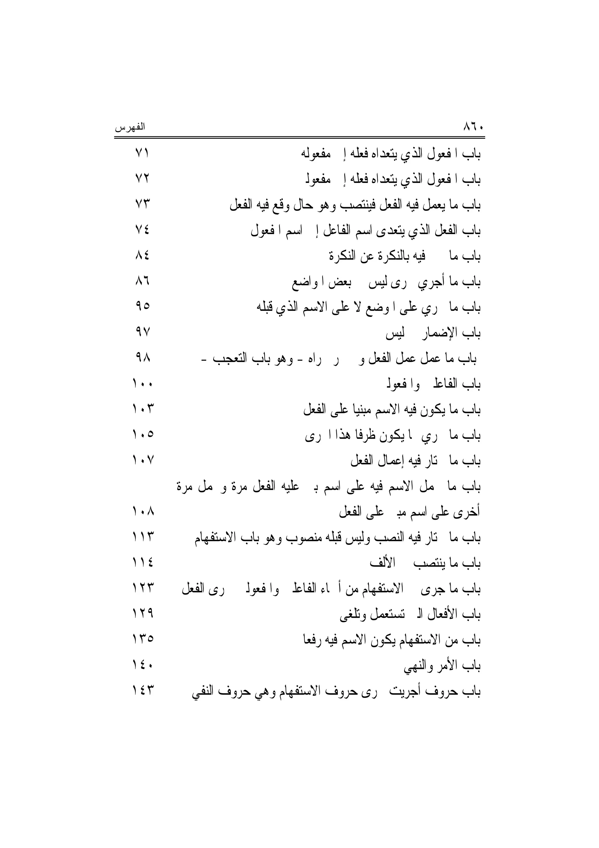 ‫ﺍﻟﻔﻬﺭﺱ‬                                                               ‫٠٦٨‬
    ‫١٧‬                             ‫ﺑﺎﺏ ﺍﳌﻔﻌﻮﻝ ﺍﻟﺬﻱ ﻳﺘﻌﺪﺍﻩ ﻓﻌﻠﻪ ﺇﱃ ﻣﻔﻌﻮﻟﻪ‬
    ‫٢٧‬                            ‫ﺑﺎﺏ ﺍﳌﻔﻌﻮﻝ ﺍﻟﺬﻱ ﻳﺘﻌﺪﺍﻩ ﻓﻌﻠﻪ ﺇﱃ ﻣﻔﻌﻮﻟﲔ‬
    ‫٣٧‬             ‫ﺑﺎﺏ ﻣﺎ ﻳﻌﻤﻞ ﻓﻴﻪ ﺍﻟﻔﻌﻞ ﻓﻴﻨﺘﺼﺐ ﻭﻫﻮ ﺣﺎﻝ ﻭﻗﻊ ﻓﻴﻪ ﺍﻟﻔﻌﻞ‬
    ‫٤٧‬                 ‫ﺑﺎﺏ ﺍﻟﻔﻌﻞ ﺍﻟﺬﻱ ﻳﺘﻌﺪﻯ ﺍﺳﻢ ﺍﻟﻔﺎﻋﻞ ﺇﱃ ﺍﺳﻢ ﺍﳌﻔﻌﻮﻝ‬
    ‫٤٨‬                                    ‫ﺑﺎﺏ ﻣﺎ ﲣﱪ ﻓﻴﻪ ﺑﺎﻟﻨﻜﺮﺓ ﻋﻦ ﺍﻟﻨﻜﺮﺓ‬
    ‫٦٨‬                           ‫ﺑﺎﺏ ﻣﺎ ﺃﺟﺮﻱ ﳎﺮﻯ ﻟﻴﺲ ﰲ ﺑﻌﺾ ﺍﳌﻮﺍﺿﻊ‬
    ‫٥٩‬                   ‫ﺑﺎﺏ ﻣﺎ ﳚﺮﻱ ﻋﻠﻰ ﺍﳌﻮﺿﻊ ﻻ ﻋﻠﻰ ﺍﻻﺳﻢ ﺍﻟﺬﻱ ﻗﺒﻠﻪ‬
    ‫٧٩‬                                                ‫ﺑﺎﺏ ﺍﻹﺿﻤﺎﺭ ﰲ ﻟﻴﺲ‬
    ‫٨٩‬       ‫ﺑﺎﺏ ﻣﺎ ﻋﻤﻞ ﻋﻤﻞ ﺍﻟﻔﻌﻞ ﻭﱂ ﳚﺮ ﳎﺮﺍﻩ - ﻭﻫﻮ ﺑﺎﺏ ﺍﻟﺘﻌﺠﺐ -‬
   ‫٠٠١‬                                              ‫ﺑﺎﺏ ﺍﻟﻔﺎﻋﻠﲔ ﻭﺍﳌﻔﻌﻮﻟﲔ‬
   ‫٣٠١‬                             ‫ﺑﺎﺏ ﻣﺎ ﻳﻜﻮﻥ ﻓﻴﻪ ﺍﻻﺳﻢ ﻣﺒﻨ‪‬ﻴﺎ ﻋﻠﻰ ﺍﻟﻔﻌﻞ‬
   ‫٥٠١‬                              ‫ﺑﺎﺏ ﻣﺎ ﳚﺮﻱ ﳑﺎ ﻳﻜﻮﻥ ﻇﺮﻓﺎ ﻫﺬﺍ ﺍ‪‬ﺮﻯ‬
                                                 ‫ﹰ‬
   ‫٧٠١‬                                        ‫ﺑﺎﺏ ﻣﺎ ﳜﺘﺎﺭ ﻓﻴﻪ ﺇﻋﻤﺎﻝ ﺍﻟﻔﻌﻞ‬
         ‫ﺑﺎﺏ ﻣﺎ ﳛﻤﻞ ﺍﻻﺳﻢ ﻓﻴﻪ ﻋﻠﻰ ﺍﺳﻢ ﺑﲏ ﻋﻠﻴﻪ ﺍﻟﻔﻌﻞ ﻣﺮﺓ ﻭﳛﻤﻞ ﻣﺮﺓ‬
   ‫٨٠١‬                                      ‫ﺃﺧﺮﻯ ﻋﻠﻰ ﺍﺳﻢ ﻣﺒﲏ ﻋﻠﻰ ﺍﻟﻔﻌﻞ‬
   ‫٣١١‬      ‫ﺑﺎﺏ ﻣﺎ ﳜﺘﺎﺭ ﻓﻴﻪ ﺍﻟﻨﺼﺐ ﻭﻟﻴﺲ ﻗﺒﻠﻪ ﻣﻨﺼﻮﺏ ﻭﻫﻮ ﺑﺎﺏ ﺍﻻﺳﺘﻔﻬﺎﻡ‬
   ‫٤١١‬                                             ‫ﺑﺎﺏ ﻣﺎ ﻳﻨﺘﺼﺐ ﰲ ﺍﻷﻟﻒ‬
   ‫٣٢١‬    ‫ﺑﺎﺏ ﻣﺎ ﺟﺮﻯ ﰲ ﺍﻻﺳﺘﻔﻬﺎﻡ ﻣﻦ ﺃﲰﺎﺀ ﺍﻟﻔﺎﻋﻠﲔ ﻭﺍﳌﻔﻌﻮﻟﲔ ﳎﺮﻯ ﺍﻟﻔﻌﻞ‬
   ‫٩٢١‬                                       ‫ﺑﺎﺏ ﺍﻷﻓﻌﺎﻝ ﺍﻟﱵ ﺗﺴﺘﻌﻤﻞ ﻭﺗﻠﻐﻰ‬
   ‫٥٣١‬                             ‫ﺑﺎﺏ ﻣﻦ ﺍﻻﺳﺘﻔﻬﺎﻡ ﻳﻜﻮﻥ ﺍﻻﺳﻢ ﻓﻴﻪ ﺭﻓﻌ‪‬ﺎ‬
   ‫٠٤١‬                                                   ‫ﺑﺎﺏ ﺍﻷﻣﺮ ﻭﺍﻟﻨﻬﻲ‬
   ‫٣٤١‬      ‫ﺑﺎﺏ ﺣﺮﻭﻑ ﺃﺟﺮﻳﺖ ﳎﺮﻯ ﺣﺮﻭﻑ ﺍﻻﺳﺘﻔﻬﺎﻡ ﻭﻫﻲ ﺣﺮﻭﻑ ﺍﻟﻨﻔﻲ‬
 