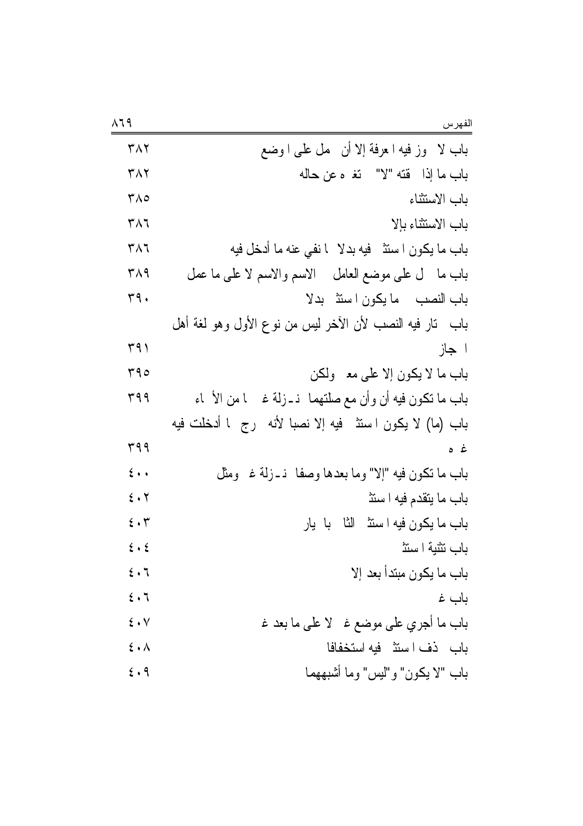 ‫٩٦٨‬                                                               ‫ﺍﻟﻔﻬﺭﺱ‬

  ‫٢٨٣‬                     ‫ﺑﺎﺏ ﻻ ﳚﻮﺯ ﻓﻴﻪ ﺍﳌﻌﺮﻓﺔ ﺇﻻ ﺃﻥ ﲢﻤﻞ ﻋﻠﻰ ﺍﳌﻮﺿﻊ‬
  ‫٢٨٣‬                              ‫ﺑﺎﺏ ﻣﺎ ﺇﺫﺍ ﳊﻘﺘﻪ "ﻻ" ﱂ ﺗﻐﲑﻩ ﻋﻦ ﺣﺎﻟﻪ‬
  ‫٥٨٣‬                                                       ‫ﺑﺎﺏ ﺍﻻﺳﺘﺜﻨﺎﺀ‬
  ‫٦٨٣‬                                                   ‫ﺑﺎﺏ ﺍﻻﺳﺘﺜﻨﺎﺀ ﺑﺈﻻ‬
  ‫٦٨٣‬               ‫ﺑﺎﺏ ﻣﺎ ﻳﻜﻮﻥ ﺍﳌﺴﺘﺜﲎ ﻓﻴﻪ ﺑﺪﻻ ﳑﺎ ﻧﻔﻲ ﻋﻨﻪ ﻣﺎ ﺃﺩﺧﻞ ﻓﻴﻪ‬
                                             ‫ﹰ‬
  ‫٩٨٣‬   ‫ﺑﺎﺏ ﻣﺎ ﲪﻞ ﻋﻠﻰ ﻣﻮﺿﻊ ﺍﻟﻌﺎﻣﻞ ﰲ ﺍﻻﺳﻢ ﻭﺍﻻﺳﻢ ﻻ ﻋﻠﻰ ﻣﺎ ﻋﻤﻞ ﰲ‬
  ‫٠٩٣‬                                ‫ﺑﺎﺏ ﺍﻟﻨﺼﺐ ﰲ ﻣﺎ ﻳﻜﻮﻥ ﺍﳌﺴﺘﺜﲏ ﺑﺪﻻ‬
                                     ‫ﹰ‬
        ‫ﺑﺎﺏ ﳜﺘﺎﺭ ﻓﻴﻪ ﺍﻟﻨﺼﺐ ﻷﻥ ﺍﻵﺧﺮ ﻟﻴﺲ ﻣﻦ ﻧﻮﻉ ﺍﻷﻭﻝ ﻭﻫﻮ ﻟﻐﺔ ﺃﻫﻞ‬
  ‫١٩٣‬                                                              ‫ﺍﳊﺠﺎﺯ‬
  ‫٥٩٣‬                                  ‫ﺑﺎﺏ ﻣﺎ ﻻ ﻳﻜﻮﻥ ﺇﻻ ﻋﻠﻰ ﻣﻌﲎ ﻭﻟﻜﻦ‬
  ‫٩٩٣‬        ‫ﺑﺎﺏ ﻣﺎ ﺗﻜﻮﻥ ﻓﻴﻪ ﺃﻥ ﻭﺃﻥ ﻣﻊ ﺻﻠﺘﻬﻤﺎ ﲟﻨـﺰﻟﺔ ﻏﲑﳘﺎ ﻣﻦ ﺍﻷﲰﺎﺀ‬
        ‫ﺑﺎﺏ )ﻣﺎ( ﻻ ﻳﻜﻮﻥ ﺍﳌﺴﺘﺜﲎ ﻓﻴﻪ ﺇﻻ ﻧﺼﺒ‪‬ﺎ ﻷﻧﻪ ﳐﺮﺝ ﳑﺎ ﺃﺩﺧﻠﺖ ﻓﻴﻪ‬
  ‫٩٩٣‬                                                                ‫ﻏﲑﻩ‬
  ‫٠٠٤‬            ‫ﺑﺎﺏ ﻣﺎ ﺗﻜﻮﻥ ﻓﻴﻪ "ﺇﻻ" ﻭﻣﺎ ﺑﻌﺪﻫﺎ ﻭﺻﻔﺎ ﲟﻨـﺰﻟﺔ ﻏﲑ ﻭﻣﺜﻞ‬
  ‫٢٠٤‬                                            ‫ﺑﺎﺏ ﻣﺎ ﻳﺘﻘﺪﻡ ﻓﻴﻪ ﺍﳌﺴﺘﺜﲎ‬
  ‫٣٠٤‬                               ‫ﺑﺎﺏ ﻣﺎ ﻳﻜﻮﻥ ﻓﻴﻪ ﺍﳌﺴﺘﺜﲏ ﺍﻟﺜﺎﱐ ﺑﺎﳋﻴﺎﺭ‬
  ‫٤٠٤‬                                                   ‫ﺑﺎﺏ ﺗﺜﻨﻴﺔ ﺍﳌﺴﺘﺜﲎ‬
  ‫٦٠٤‬                                          ‫ﺑﺎﺏ ﻣﺎ ﻳﻜﻮﻥ ﻣﺒﺘﺪﺃ ﺑﻌﺪ ﺇﻻ‬
  ‫٦٠٤‬                                                             ‫ﺑﺎﺏ ﻏﲑ‬
  ‫٧٠٤‬                    ‫ﺑﺎﺏ ﻣﺎ ﺃﺟﺮﻱ ﻋﻠﻰ ﻣﻮﺿﻊ ﻏﲑ ﻻ ﻋﻠﻰ ﻣﺎ ﺑﻌﺪ ﻏﲑ‬
  ‫٨٠٤‬                                     ‫ﺑﺎﺏ ﳛﺬﻑ ﺍﳌﺴﺘﺜﲎ ﻓﻴﻪ ﺍﺳﺘﺨﻔﺎﻓﺎ‬
  ‫٩٠٤‬                               ‫ﺑﺎﺏ "ﻻ ﻳﻜﻮﻥ" ﻭ"ﻟﻴﺲ" ﻭﻣﺎ ﺃﺷﺒﻬﻬﻤﺎ‬
 