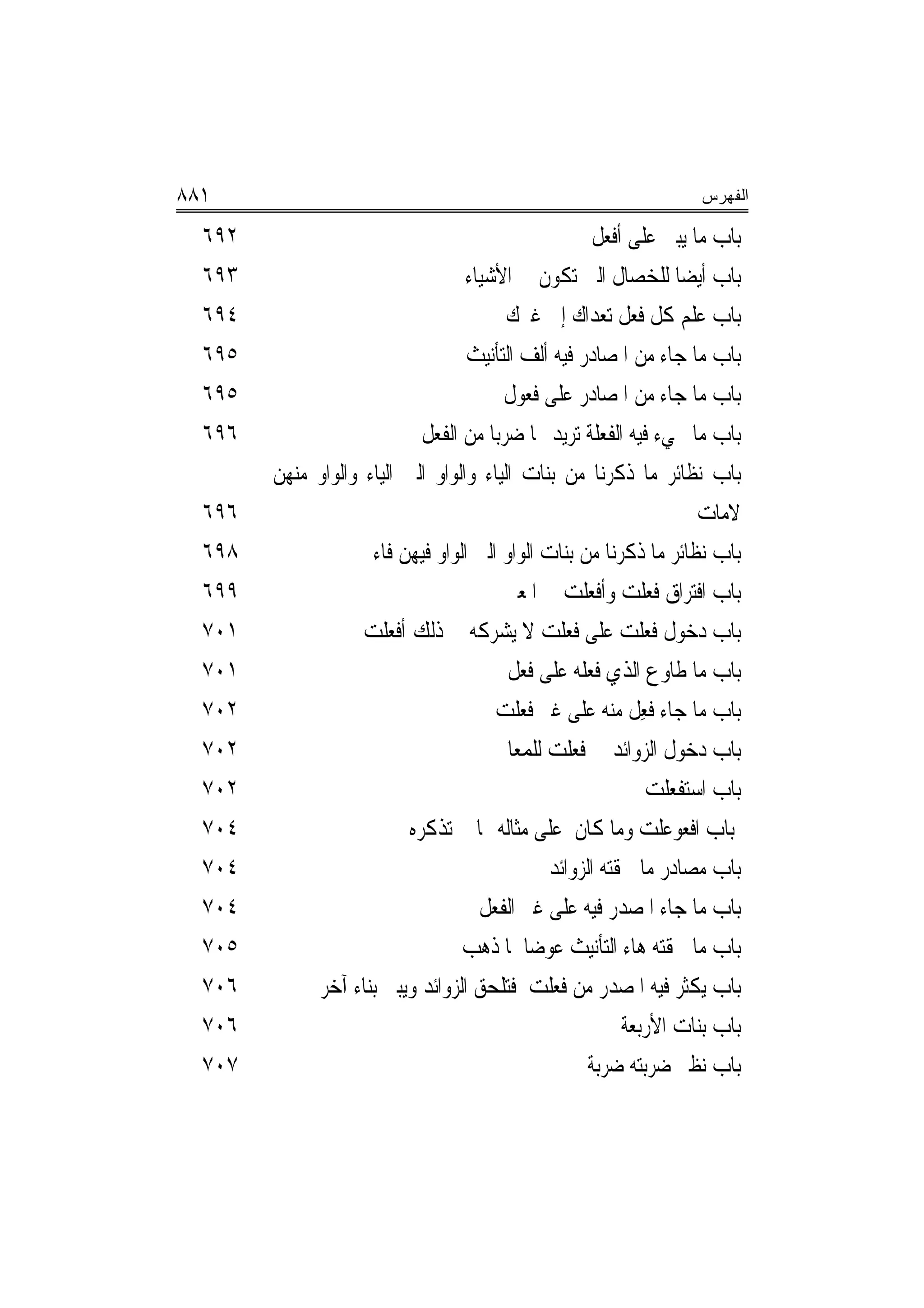 ‫١٨٨‬                                                                 ‫ﺍﻟﻔﻬﺭﺱ‬

  ‫٢٩٦‬                                                  ‫ﺑﺎﺏ ﻣﺎ ﻳﺒﲎ ﻋﻠﻰ ﺃﻓﻌﻞ‬
  ‫٣٩٦‬                              ‫ﺑﺎﺏ ﺃﻳﻀ‪‬ﺎ ﻟﻠﺨﺼﺎﻝ ﺍﻟﱵ ﺗﻜﻮﻥ ﰲ ﺍﻷﺷﻴﺎﺀ‬
  ‫٤٩٦‬                                    ‫ﺑﺎﺏ ﻋﻠﻢ ﻛﻞ ﻓﻌﻞ ﺗﻌﺪﺍﻙ ﺇﱃ ﻏﲑﻙ‬
  ‫٥٩٦‬                              ‫ﺑﺎﺏ ﻣﺎ ﺟﺎﺀ ﻣﻦ ﺍﳌﺼﺎﺩﺭ ﻓﻴﻪ ﺃﻟﻒ ﺍﻟﺘﺄﻧﻴﺚ‬
  ‫٥٩٦‬                                   ‫ﺑﺎﺏ ﻣﺎ ﺟﺎﺀ ﻣﻦ ﺍﳌﺼﺎﺩﺭ ﻋﻠﻰ ﻓﻌﻮﻝ‬
  ‫٦٩٦‬                       ‫ﺑﺎﺏ ﻣﺎ ﲡﻲﺀ ﻓﻴﻪ ﺍﻟﻔﻌﻠﺔ ﺗﺮﻳﺪ ‪‬ﺎ ﺿﺮﺑ‪‬ﺎ ﻣﻦ ﺍﻟﻔﻌﻞ‬
        ‫ﺑﺎﺏ ﻧﻈﺎﺋﺮ ﻣﺎ ﺫﻛﺮﻧﺎ ﻣﻦ ﺑﻨﺎﺕ ﺍﻟﻴﺎﺀ ﻭﺍﻟﻮﺍﻭ ﺍﻟﱵ ﺍﻟﻴﺎﺀ ﻭﺍﻟﻮﺍﻭ ﻣﻨﻬﻦ‬
  ‫٦٩٦‬                                                                ‫ﻻﻣﺎﺕ‬
  ‫٨٩٦‬                ‫ﺑﺎﺏ ﻧﻈﺎﺋﺮ ﻣﺎ ﺫﻛﺮﻧﺎ ﻣﻦ ﺑﻨﺎﺕ ﺍﻟﻮﺍﻭ ﺍﻟﱵ ﺍﻟﻮﺍﻭ ﻓﻴﻬﻦ ﻓﺎﺀ‬
  ‫٩٩٦‬                                   ‫ﺑﺎﺏ ﺍﻓﺘﺮﺍﻕ ﻓﻌﻠ ‪ ‬ﻭﹶﺃﻓﻌﻠﺖ ﰲ ﺍﳌﻌﲎ‬
                                                 ‫ﹶ ‪ ‬ﹾﺖ ﹾ ‪ ‬ﹾ ‪‬‬
  ‫١٠٧‬               ‫ﺑﺎﺏ ﺩﺧﻮﻝ ﻓ ‪‬ﻠﺖ ﻋﻠﻰ ﻓﻌﻠ ‪ ‬ﻻ ﻳﺸﺮﻛﻪ ﰲ ﺫﻟﻚ ﺃﻓﻌﻠﺖ‬
                                              ‫ﹶ ‪ ‬ﹾﺖ‬       ‫ﹶﻌ ﹾ ‪‬‬
  ‫١٠٧‬                                    ‫ﺑﺎﺏ ﻣﺎ ﻃﺎﻭﻉ ﺍﻟﺬﻱ ﻓﻌﻠﻪ ﻋﻠﻰ ﻓﻌ‪‬ﻞ‬
                                            ‫ﹶ‬
  ‫٢٠٧‬                                  ‫ﺑﺎﺏ ﻣﺎ ﺟﺎﺀ ﹸﻌﻞ ﻣﻨﻪ ﻋﻠﻰ ﻏﲑ ﻓﻌﻠ ‪‬‬
                                       ‫ﹶ ‪ ‬ﹾﺖ‬               ‫ﻓِ ﹶ‬
  ‫٢٠٧‬                                  ‫ﺑﺎﺏ ﺩﺧﻮﻝ ﺍﻟﺰﻭﺍﺋﺪ ﰲ ﻓﻌﻠ ‪ ‬ﻟﻠﻤﻌﺎﱐ‬
                                               ‫ﹶ ‪ ‬ﹾﺖ‬
  ‫٢٠٧‬                                                          ‫ﺑﺎﺏ ﺍﺳﺘﻔﻌﻠﺖ‬
  ‫٤٠٧‬                     ‫ﺑﺎﺏ ﺍﻓﻌﻮﻋﻠﺖ ﻭﻣﺎ ﻛﺎﻥ ﻋﻠﻰ ﻣﺜﺎﻟﻪ ﳑﺎ ﱂ ﺗﺬﻛﺮﻩ‬
  ‫٤٠٧‬                                          ‫ﺑﺎﺏ ﻣﺼﺎﺩﺭ ﻣﺎ ﳊﻘﺘﻪ ﺍﻟﺰﻭﺍﺋﺪ‬
  ‫٤٠٧‬                                ‫ﺑﺎﺏ ﻣﺎ ﺟﺎﺀ ﺍﳌﺼﺪﺭ ﻓﻴﻪ ﻋﻠﻰ ﻏﲑ ﺍﻟﻔﻌﻞ‬
  ‫٥٠٧‬                             ‫ﺑﺎﺏ ﻣﺎ ﳊﻘﺘﻪ ﻫﺎﺀ ﺍﻟﺘﺄﻧﻴﺚ ﻋﻮﺿ‪‬ﺎ ﳌﺎ ﺫﻫﺐ‬
  ‫٦٠٧‬        ‫ﺑﺎﺏ ﻳﻜﺜﺮ ﻓﻴﻪ ﺍﳌﺼﺪﺭ ﻣﻦ ﻓﻌﻠ ‪ ‬ﻓﺘﻠﺤﻖ ﺍﻟﺰﻭﺍﺋﺪ ﻭﻳﺒﲎ ﺑﻨﺎﺀ ﺁﺧﺮ‬
                                            ‫‪ ‬ﹾﺖ‬
  ‫٦٠٧‬                                                      ‫ﺑﺎﺏ ﺑﻨﺎﺕ ﺍﻷﺭﺑﻌﺔ‬
  ‫٧٠٧‬                                                 ‫ﺑﺎﺏ ﻧﻈﲑ ﺿﺮﺑﺘﻪ ﺿﺮﺑﺔ‬
 