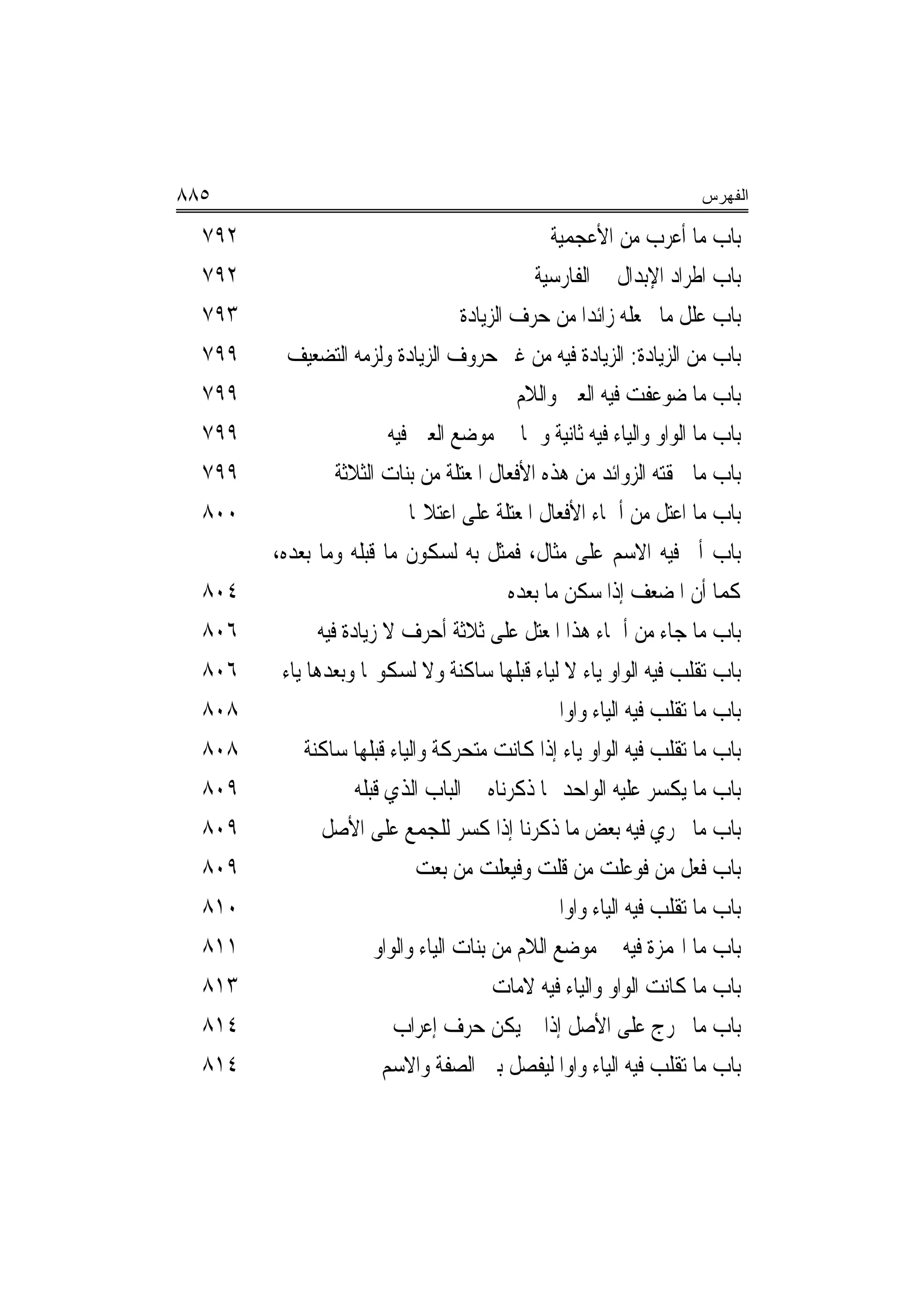 ‫٥٨٨‬                                                                      ‫ﺍﻟﻔﻬﺭﺱ‬

  ‫٢٩٧‬                                              ‫ﺑﺎﺏ ﻣﺎ ﺃﻋﺮﺏ ﻣﻦ ﺍﻷﻋﺠﻤﻴﺔ‬
  ‫٢٩٧‬                                           ‫ﺑﺎﺏ ﺍﻃﺮﺍﺩ ﺍﻹﺑﺪﺍﻝ ﰲ ﺍﻟﻔﺎﺭﺳﻴﺔ‬
  ‫٣٩٧‬                                ‫ﺑﺎﺏ ﻋﻠﻞ ﻣﺎ ﲡﻌﻠﻪ ﺯﺍﺋﺪ‪‬ﺍ ﻣﻦ ﺣﺮﻑ ﺍﻟﺰﻳﺎﺩﺓ‬
  ‫٩٩٧‬     ‫ﺑﺎﺏ ﻣﻦ ﺍﻟﺰﻳﺎﺩﺓ: ﺍﻟﺰﻳﺎﺩﺓ ﻓﻴﻪ ﻣﻦ ﻏﲑ ﺣﺮﻭﻑ ﺍﻟﺰﻳﺎﺩﺓ ﻭﻟﺰﻣﻪ ﺍﻟﺘﻀﻌﻴﻒ‬
  ‫٩٩٧‬                                         ‫ﺑﺎﺏ ﻣﺎ ﺿﻮﻋﻔﺖ ﻓﻴﻪ ﺍﻟﻌﲔ ﻭﺍﻟﻼﻡ‬
  ‫٩٩٧‬                     ‫ﺑﺎﺏ ﻣﺎ ﺍﻟﻮﺍﻭ ﻭﺍﻟﻴﺎﺀ ﻓﻴﻪ ﺛﺎﻧﻴﺔ ﻭﳘﺎ ﰲ ﻣﻮﺿﻊ ﺍﻟﻌﲔ ﻓﻴﻪ‬
  ‫٩٩٧‬             ‫ﺑﺎﺏ ﻣﺎ ﳊﻘﺘﻪ ﺍﻟﺰﻭﺍﺋﺪ ﻣﻦ ﻫﺬﻩ ﺍﻷﻓﻌﺎﻝ ﺍﳌﻌﺘﻠﺔ ﻣﻦ ﺑﻨﺎﺕ ﺍﻟﺜﻼﺛﺔ‬
  ‫٠٠٨‬                         ‫ﺑﺎﺏ ﻣﺎ ﺍﻋﺘﻞ ﻣﻦ ﺃﲰﺎﺀ ﺍﻷﻓﻌﺎﻝ ﺍﳌﻌﺘﻠﺔ ﻋﻠﻰ ﺍﻋﺘﻼﳍﺎ‬
        ‫ﺑﺎﺏ ﺃﰎ ﻓﻴﻪ ﺍﻻﺳﻢ ﻋﻠﻰ ﻣﺜﺎﻝ، ﻓﻤﺜﻞ ﺑﻪ ﻟﺴﻜﻮﻥ ﻣﺎ ﻗﺒﻠﻪ ﻭﻣﺎ ﺑﻌﺪﻩ،‬
  ‫٤٠٨‬                                        ‫ﻛﻤﺎ ﺃﻥ ﺍﳌﻀﻌﻒ ﺇﺫﺍ ﺳﻜﻦ ﻣﺎ ﺑﻌﺪﻩ‬
  ‫٦٠٨‬          ‫ﺑﺎﺏ ﻣﺎ ﺟﺎﺀ ﻣﻦ ﺃﲰﺎﺀ ﻫﺬﺍ ﺍﳌﻌﺘﻞ ﻋﻠﻰ ﺛﻼﺛﺔ ﺃﺣﺮﻑ ﻻ ﺯﻳﺎﺩﺓ ﻓﻴﻪ‬
  ‫٦٠٨‬    ‫ﺑﺎﺏ ﺗﻘﻠﺐ ﻓﻴﻪ ﺍﻟﻮﺍﻭ ﻳﺎﺀ ﻻ ﻟﻴﺎﺀ ﻗﺒﻠﻬﺎ ﺳﺎﻛﻨﺔ ﻭﻻ ﻟﺴﻜﻮ‪‬ﺎ ﻭﺑﻌﺪﻫﺎ ﻳﺎﺀ‬
  ‫٨٠٨‬                                               ‫ﺑﺎﺏ ﻣﺎ ﺗﻘﻠﺐ ﻓﻴﻪ ﺍﻟﻴﺎﺀ ﻭﺍﻭ‪‬ﺍ‬
  ‫٨٠٨‬        ‫ﺑﺎﺏ ﻣﺎ ﺗﻘﻠﺐ ﻓﻴﻪ ﺍﻟﻮﺍﻭ ﻳﺎﺀ ﺇﺫﺍ ﻛﺎﻧﺖ ﻣﺘﺤﺮﻛﺔ ﻭﺍﻟﻴﺎﺀ ﻗﺒﻠﻬﺎ ﺳﺎﻛﻨﺔ‬
  ‫٩٠٨‬                ‫ﺑﺎﺏ ﻣﺎ ﻳﻜﺴﺮ ﻋﻠﻴﻪ ﺍﻟﻮﺍﺣﺪ ﳑﺎ ﺫﻛﺮﻧﺎﻩ ﰲ ﺍﻟﺒﺎﺏ ﺍﻟﺬﻱ ﻗﺒﻠﻪ‬
  ‫٩٠٨‬           ‫ﺑﺎﺏ ﻣﺎ ﳚﺮﻱ ﻓﻴﻪ ﺑﻌﺾ ﻣﺎ ﺫﻛﺮﻧﺎ ﺇﺫﺍ ﻛﺴﺮ ﻟﻠﺠﻤﻊ ﻋﻠﻰ ﺍﻷﺻﻞ‬
  ‫٩٠٨‬                          ‫ﺑﺎﺏ ﻓﻌﻞ ﻣﻦ ﻓﻮﻋﻠﺖ ﻣﻦ ﻗﻠﺖ ﻭﻓﻴﻌﻠﺖ ﻣﻦ ﺑﻌﺖ‬
  ‫٠١٨‬                                               ‫ﺑﺎﺏ ﻣﺎ ﺗﻘﻠﺐ ﻓﻴﻪ ﺍﻟﻴﺎﺀ ﻭﺍﻭ‪‬ﺍ‬
  ‫١١٨‬                   ‫ﺑﺎﺏ ﻣﺎ ﺍﳍﻤﺰﺓ ﻓﻴﻪ ﰲ ﻣﻮﺿﻊ ﺍﻟﻼﻡ ﻣﻦ ﺑﻨﺎﺕ ﺍﻟﻴﺎﺀ ﻭﺍﻟﻮﺍﻭ‬
  ‫٣١٨‬                                     ‫ﺑﺎﺏ ﻣﺎ ﻛﺎﻧﺖ ﺍﻟﻮﺍﻭ ﻭﺍﻟﻴﺎﺀ ﻓﻴﻪ ﻻﻣﺎﺕ‬
  ‫٤١٨‬                      ‫ﺑﺎﺏ ﻣﺎ ﳜﺮﺝ ﻋﻠﻰ ﺍﻷﺻﻞ ﺇﺫﺍ ﱂ ﻳﻜﻦ ﺣﺮﻑ ﺇﻋﺮﺍﺏ‬
  ‫٤١٨‬                    ‫ﺑﺎﺏ ﻣﺎ ﺗﻘﻠﺐ ﻓﻴﻪ ﺍﻟﻴﺎﺀ ﻭﺍﻭ‪‬ﺍ ﻟﻴﻔﺼﻞ ﺑﲔ ﺍﻟﺼﻔﺔ ﻭﺍﻻﺳﻢ‬
 
