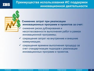 Преимущества использования ИС поддержки инновационной деятельности Снижение затрат при реализации инновационных программ и проектов за счет: снижения риска дублирования и несогласованности выполнения работ в рамках инновационной программы; сокращения затрат на внутренние и внешние коммуникации; сокращения времени выполнения процедур за счет стандартизации подходов к реализации инновационных программ и проектов. 