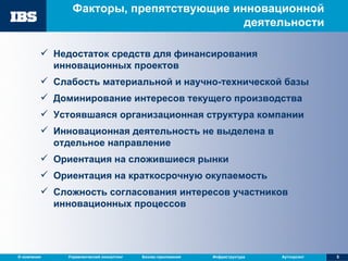 Факторы, препятствующие инновационной деятельности Недостаток средств для финансирования инновационных проектов Слабость материальной и научно-технической базы Доминирование интересов текущего производства Устоявшаяся организационная структура компании Инновационная деятельность не выделена в отдельное направление Ориентация на сложившиеся рынки Ориентация на краткосрочную окупаемость Сложность согласования интересов участников инновационных процессов 