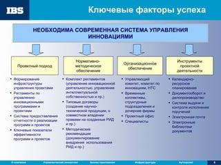 Ключевые факторы успеха НЕОБХОДИМА СОВРЕМЕННАЯ СИСТЕМА УПРАВЛЕНИЯ ИННОВАЦИЯМИ Проектный подход Организационное обеспечение Инструменты проектной деятельности Комплект регламентов (управление инновационной деятельностью, управление интеллектуальной собственностью и пр.) Типовые договоры (создание научно-технической продукции, о совместном владении правами на созданные РИД и пр.) Методические рекомендации (документирование внедрения  использования РИД и пр.) Календарно-ресурсное планирование Документооборот и делопроизводство Система выдачи и контроля исполнения поручений Электронная почта Электронные библиотеки документов Управляющий комитет, комитет по инновациям, НТС Временные коллективы, структурные подразделения и дочерние фирмы Проектный офис Специалисты Нормативно-  методическое обеспечение Формирование инфраструктуры управления проектами Регламенты по управлению инновационными программами   и проектами Система предоставления отчетности о реализации программ и проектов Ключевые показатели эффективности программ и проектов  