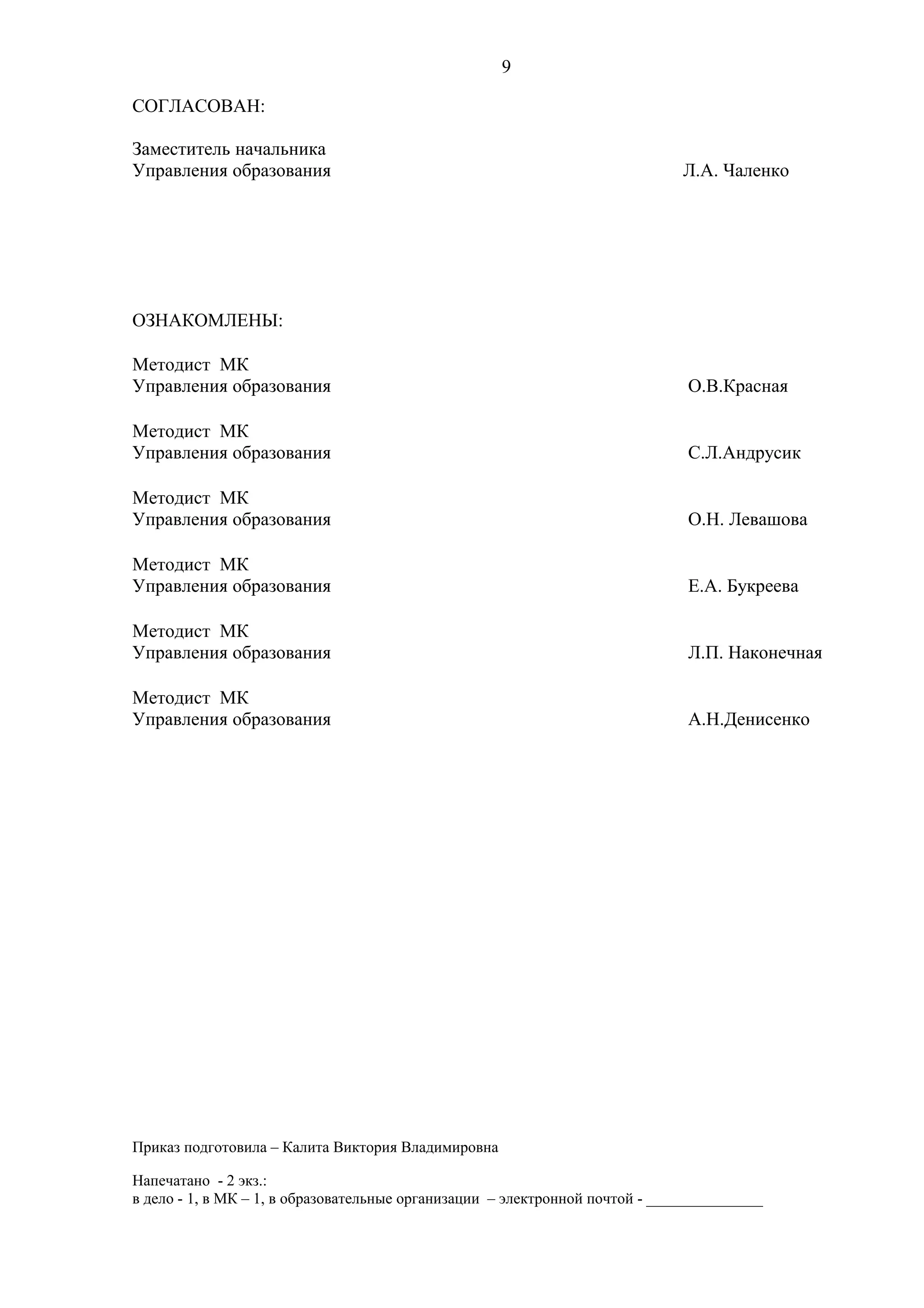 9
СОГЛАСОВАН:
Заместитель начальника
Управления образования Л.А. Чаленко
ОЗНАКОМЛЕНЫ:
Методист МК
Управления образования О.В.Красная
Методист МК
Управления образования С.Л.Андрусик
Методист МК
Управления образования О.Н. Левашова
Методист МК
Управления образования Е.А. Букреева
Методист МК
Управления образования Л.П. Наконечная
Методист МК
Управления образования А.Н.Денисенко
Приказ подготовила – Калита Виктория Владимировна
Напечатано - 2 экз.:
в дело - 1, в МК – 1, в образовательные организации – электронной почтой - _______________
 