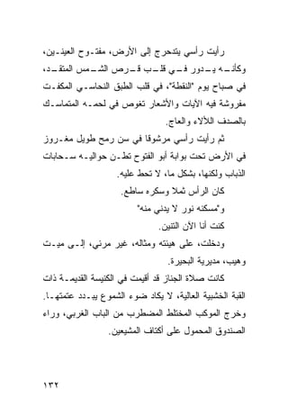 ‫ﺭﺃﻴﺕ ﺭﺃﺴﻲ ﻴﺘﺩﺤﺭﺝ ﺇﻟﻰ ﺍﻷﺭﺽ، ﻤﻔﺘـﻭﺡ ﺍﻟﻌﻴﻨـﻴﻥ،‬
‫ـﺩ،‬
  ‫ـﻤﺱ ﺍﻟﻤﺘﻘـ‬
           ‫ـﻪ ـﺩﻭﺭ ـﻲ ـﺏ ـﺭﺹ ﺍﻟﺸـ‬
                  ‫ﻓـ ﻗﻠـ ﻗـ‬  ‫ﻭﻜﺄﻨـ ﻴـ‬
‫ﻓﻲ ﺼﺒﺎﺡ ﻴﻭﻡ "ﺍﻟﻨﻘﻁﺔ"، ﻓﻲ ﻗﻠﺏ ﺍﻟﻁﺒﻕ ﺍﻟﻨﺤﺎﺴـﻲ ﺍﻟﻤﻜﻔـﺕ‬
‫ﻤﻔﺭﻭﺸﺔ ﻓﻴﻪ ﺍﻵﻴﺎﺕ ﻭﺍﻷﺸﻌﺎﺭ ﺘﻐﻭﺹ ﻓﻲ ﻟﺤﻤـﻪ ﺍﻟﻤﺘﻤﺎﺴـﻙ‬
                                 ‫ﺒﺎﻟﺼﺩﻑ ﺍﻟﻸﻻﺀ ﻭﺍﻟﻌﺎﺝ.‬
‫ﺜﻡ ﺭﺃﻴﺕ ﺭﺃﺴﻲ ﻤﺭﺸﻭﻗﺎ ﻓﻲ ﺴﻥ ﺭﻤﺢ ﻁﻭﻴل ﻤﻐـﺭﻭﺯ‬
                      ‫ﹰ‬
‫ﻓﻲ ﺍﻷﺭﺽ ﺘﺤﺕ ﺒﻭﺍﺒﺔ ﺃﺒﻭ ﺍﻟﻔﺘﻭﺡ ﺘﻁـﻥ ﺤﻭﺍﻟﻴـﻪ ﺴـﺤﺎﺒﺎﺕ‬
                    ‫ﺍﻟﺫﺒﺎﺏ ﻭﻟﻜﻨﻬﺎ، ﺒﺸﻜل ﻤﺎ، ﻻ ﺘﺤﻁ ﻋﻠﻴﻪ.‬
                     ‫ﻜﺎﻥ ﺍﻟﺭﺃﺱ ﺜﻤﻼ ﻭﺴﻜﺭﻩ ﺴﺎﻁﻊ.‬
                                 ‫ﹰ‬
                         ‫ﻭ"ﻤﺴﻜﻨﻪ ﻨﻭﺭ ﻻ ﻴﺩﻨﻲ ﻤﻨﻪ"‬
                               ‫ﻜﻨﺕ ﺃﻨﺎ ﺍﻵﻥ ﺍﻟﺘﻨﻴﻥ.‬
‫ﻭﺩﺨﻠﺕ، ﻋﻠﻰ ﻫﻴﺌﺘﻪ ﻭﻤﺜﺎﻟﻪ، ﻏﻴﺭ ﻤﺭﺌﻲ، ﺇﻟـﻰ ﻤﻴـﺕ‬
                                 ‫ﻭﻫﻴﺏ، ﻤﺩﻴﺭﻴﺔ ﺍﻟﺒﺤﻴﺭﺓ.‬
‫ﻜﺎﻨﺕ ﺼﻼﺓ ﺍﻟﺠﻨﺎﺯ ﻗﺩ ﺃﻗﻴﻤﺕ ﻓﻲ ﺍﻟﻜﻨﻴﺴﺔ ﺍﻟﻘﺩﻴﻤـﺔ ﺫﺍﺕ‬
‫ﺍﻟﻘﺒﺔ ﺍﻟﺨﺸﺒﻴﺔ ﺍﻟﻌﺎﻟﻴﺔ، ﻻ ﻴﻜﺎﺩ ﻀﻭﺀ ﺍﻟﺸﻤﻭﻉ ﻴﺒـﺩﺩ ﻋﺘﻤﺘﻬـﺎ.‬
‫ﻭﺨﺭﺝ ﺍﻟﻤﻭﻜﺏ ﺍﻟﻤﺨﺘﻠﻁ ﺍﻟﻤﻀﻁﺭﺏ ﻤﻥ ﺍﻟﺒﺎﺏ ﺍﻟﻐﺭﺒﻲ، ﻭﺭﺍﺀ‬
                 ‫ﺍﻟﺼﻨﺩﻭﻕ ﺍﻟﻤﺤﻤﻭل ﻋﻠﻰ ﺃﻜﺘﺎﻑ ﺍﻟﻤﺸﻴﻌﻴﻥ.‬




‫٢٣١‬
 